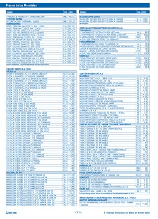 $ = Dólares Americanos, los demás en Nuevos Soles
Precios de los Materiales
INSUMO UND. PREC. INSUMO UND. PREC.
- 3.16 -
VYNYLROC X VR1140-CRF-1 2X4X1/2BR (CJX4 ) UND 96,01
TECHO DE METAL
DECOMETAL GRIS 2X2X10MM ( CJX22) UND 551,5
SUSPENSIONES
SUSP T PRIN OWA SMART (9/16) 3.66 ( CJX30) CJA 387,39
SUSP T PRIN OWA CLIQ T24 3.66 ( CJX20) CJA 298,13
SUSP T SEC OWA CLIQ T24 1.22 (CJX60) CJA 277,91
SUSP T SEC OWA SMART (9/16) 1.22 ( CJX50) CJA 199,61
SUSP T TERC OWA SMART (9/16) 0.61 (CJX75) CJA 164,78
SUSP T TERCIA OWA CLIQ T24 0.61 ( CJX60) CJA 136,42
SUSP. ANG. PERIM. OWA ECO 3.05 ( CJX40) CJA 206,2
SUSP. PRINCIPAL OWA ECO 3.66 ( CJX25) CJA 236,78
SUSP T. SECUND. OWA ECO 1.22 ( CJX50) CJA 124,37
SUSP. TERCIARIA OWA ECO 0.61 ( CJX75) CJA 93,19
SUSP. ANG. PERIM. DECO NEGRA 3.05 (CJX40) CJA 312,19
SUSP. PRINCIPAL DECO NEGRA 3.66 (CJX25) CJA 327,09
SUSP. SECUNDARIA DECO NEGRA 1.22 (CJX50) CJA 185,49
SUSP. TERCIARIA DECO NEGRA 0.61 (CJX75) CJA 139,12
SUSP. PRINCIPAL CLIQ NEGRA 3.66 (CJA X 20) CJA 344,52
SUSP. SECUNDAR CLIQ NEGRA 1.22 (CJA X 60) CJA 321,16
SUSP. TERCIARIA CLIQ NEGRA 0.61 (CJA X 60) CJA 160,65
Precios referenciales. Los precios del mercado son menores a esta lista
FIBRASYOXIDOSS.A.FIOXI
VÁLVULAS
CHECK C/ CANASTILLA 2 1/2'' BRONCE CIM VALVE PZA 225,63
CHECK C/ CANASTILLA 2'' BRONCE CIM VALVE PZA 136,16
CHECK C/CANASTILLA 1 1/2'' BRONCE CIM VALVE PZA 97,12
CHECK C/ CANASTILLA 1 1/4" BRONCE CIM VALVE PZA 77,09
CHECK C/CANASTILLA 1'' BRONCE CIM CIM VALVE PZA 54,6
CHECK C/ CANASTILLA 3/4'' BRONCE CIM VALVE PZA 45,74
CHECK C/ CANASTILLA 1/2'' BRONCE CIM VALVE PZA 38,46
CHECK C/RES. 2'' CIM VALVE PZA 152,92
CHECK C/RES. 1 1/2'' CIM VALVE PZA 110,99
CHECK C/RES. 1 1/4'' CIM VALVE PZA 72,14
CHECK C/RES. 1'' CIM VALVE PZA 46,34
CHECK C/RES. 3/4'' CIM VALVE PZA 30,76
CHECK C/RES. 1/2'' CIM VALVE PZA 21,03
CHECK VERT. HORIZ. 2'' CIM VALVE PZA 165,83
CHECK VERT. HORIZ. 1'' CIM VALVE PZA 59,1
CHECK VERT. HORIZ. 3/4'' CIM VALVE PZA 39,88
CHECK VERT. HORIZ. 1/2'' CIM VALVE PZA 33,68
VALVULA CHECK SWING NEOPRENE 4'' CIM VALVE PZA 730,34
VALVULA CHECK SWING NEOPRENE 3'' CIM VALVE PZA 413,9
VALVULA CHECK SWING NEOPRENE 2 1/2'' CIM VALVE PZA 324,75
VALVULA CHECK SWING NEOPRENE 2'' CIM VALVE PZA 176,86
VALVULA CHECK SWING NEOPRENE 1 1/2'' CIM VALVE PZA 138,07
VALVULA CHECK SWING NEOPRENE 1 1/4'' CIM VALVE PZA 98,98
VALVULA CHECK SWING NEOPRENE 1'' CIM VALVE PZA 72,14
VALVULA CHECK SWING NEOPRENE 3/4'' CIM VALVE PZA 47,58
VALVULA CHECK SWING NEOPRENE 1/2'' CIM VALVE PZA 32,88
VALVULA ESFERICA LIVIANA 2'' CIM VALVE PZA 130,51
VALVULA ESFERICA LIVIANA 1 1/2'' CIM VALVE PZA 85,42
VALVULA ESFERICA LIVIANA 1 1/4'' CIM VALVE PZA 49,83
VALVULA ESFERICA LIVIANA 1'' CIM VALVE PZA 31,46
VALVULA ESFERICA LIVIANA 1/2'' CIM VALVE PZA 15,12
VALVULA ESFERICA PESADA 4'' CIM VALVE PZA 875,76
VALVULA ESFERICA PESADA 3'' CIM VALVE PZA 518,15
VALVULA ESFERICA PESADA 2 1/2'' CIM VALVE PZA 364,24
VALVULA ESFERICA PESADA 2'' CIM VALVE PZA 173,73
VALVULA ESFERICA PESADA 1 1/2'' CIM VALVE PZA 114,93
VALVULA ESFERICA PESADA 1 1/4'' CIM VALVE PZA 74,07
VALVULA DE BOLA C/ROSCA 1'' NICOLL PZA 4,6
VALVULA DE BOLA C/ROSCA 3/4'' NICOLL PZA 2,8
VALVULA DE BOLA C/ROSCA 1/2'' NICOLL PZA 1,78
VALVULA DE BOLA S/P 1'' NICOLL PZA 3,98
VALVULA DE BOLA S/P 3/4'' NICOLL PZA 2,42
VALVULA DE BOLA S/P 1/2'' NICOLL PZA 1,86
MAGUERA DE PVC
MANGUERA DUPLEX 1'' X 100M REFORZADA 2M RLL 211,78
MANGUERA DUPLEX 3/4'' X 100M REFORZADA 2M RLL 155,59
MANGUERA DUPLEX 5/8'' X 100M REFORZADA 2M RLL 109,58
MANGUERA DUPLEX 1/2'' X 100M REFORZADA 2M RLL 130,85
MANGUERA DUPLEX 3/4'' X 100M LIVIANA 2M RLL 116,36
MANGUERA DUPLEX 5/8'' X 100M LIVIANA 2M RLL 79,49
MANGUERA DUPLEX 1/2'' X 100M LIVIANA 2M RLL 73,14
MANGUERA REFORZADA VERDE 1 1/2'' (43MM) X 50M 2M RLL 400,76
MANGUERA REFORZADA VERDE 1 1/4'' (38MM) X 50M 2M RLL 346,1
MANGUERA REFORZADA VERDE 1'' C/V (24.9MM) X 100M 2M RLL 263,47
MANGUERA REFORZADA VERDE 1'' S/V (24.9MM) X 100M 2M RLL 213,73
MANGUERA REFORZADA VERDE 3/4'' (18.7MM) X 100M 2M RLL 133,56
MANGUERA REFORZADA VERDE 5/8'' (15.6MM) X 100M 2M RLL 92,29
MANGUERA REFORZADA VERDE 1/2'' (12.4MM) X 100M 2M RLL 77,12
MAGUERA POR GOTEO
MANGUERA DE RIEGO POR GOTEO 16MM X 100M 2M RLL 43,64
MANGUERA DE RIEGO POR GOTEO 20MM X 100M 2M RLL 67,63
No incluye IGV.
GEODESIAYFOTOGRAMETRIACONDRONESS.A.C.
TOPOGRAFIA
LEVANTAMIENTO TOPOGRAFICO POR HECTAREA HA 80 $
LEVANTAMIENTO TOPOGRAFICO POR KM DE CARRETERA KM 500 $
ELABORACION DE PLANOS PERIMETRICOS Y DE UBICACIÓN UND 25 $
ALQUILER DE ESTACION TOTAL CON OPERADOR D 75 $
FOTOGRAMETRIA
LEVANTAMIENTO CON DRONE PHAMTON 4 PRO HA 15 $
PROCESAMIENTO DE FOTOS PARA OBTENCION DE ORTOMOSAICO HA 15 $
EDICION Y OBTENCION DE CURVAS DE NIVEL HA 15 $
MARCA Y LECTURA PUNTOS DE FOTOCONTROL PTO 5 $
ALQUILER DE DRONE CON OPERADOR D 120 $
GEODESIA
ESTABLECIMIENTO DE PUNTOS GEODESICOS PTO 300 $
PROCESAMIENTO DE PUNTOS GEODESICOS PTO 18 $
ALQUILER DGPS METODO RTK CON OPERADOR PTO 200 $
ALQUILER DGPS ESTATICO CON OPERADOR D 120 $
PLACA DE BRONCE DE PUNTO GEODESICO UND 30 $
No incluye IGV.
GESTIÓNMADERERAS.A.C
MADERAS
MADERA OCOTE 2X10 2X12 4X10 4X12 P2 4.8
MADERA ROBLE SELECTO 8' - 10' - 12' P2 2.75
MADERA TORNILLO COMERCIAL HASTA 12' DE LARGO P2 5.8
MADERA COPAIBA COMERCIAL HASTA 12' DE LARGO P2 3.7
MADERA CACHIMBO 13' A MAS P2 4.05
MADERA CACHIMBO 11" DE ANCHO A MAS P2 4.05
MADERA CACHIMBO HASTA 12' DE LARGO P2 3.7
MADERA COPAIBA 11' DE ANCHO A MÁS P2 4.05
MADERA COPAIBA 13' A MAS P2 4.05
MADERA TORNILLO LARGO DE 13' A MAS P2 6.3
MADERA TORNILLO SECO AL HORNO (SEGUN STOCK) P2 6.4
MADERA TORNILLO 11" DE ANCHO A MÁS P2 6.3
MADERA NACIONAL PANGUANA - COMERCIAL P2 3.2
TUCOS DE MADERA DURA 12" X 12" NUEVOS PEDIDOS P2 5.2
DURMIENTES 6" X 8" P2 3.8
MADERA NACIONAL PANGUANA DE ANCHO 11' A MAS P2 3.5
MADERA ROBLE SELECTO HASTA 12' DE LARGO P2 2.75
MADERA ROBLE SELECTO 11' DE ANCHO A MÁS P2 3
MADERA PINO OCOTE IMPORTADO HABILITADO Y SECO P2 2.75
TUCOS DE MADERA DURA 12" X 12" STOCK ANTIGUO P2 4.8
TRIPLAY NACIONAL DE LUPUNA / CAPINURI / IMPORTADO
TRIPLAY CAPINURI 4´X 8´ X 4 MM IND. PZA 22.5
TRIPLAY OKUME 4´ X 8´ X 3.0 MM CARPINTERIA A/D PZA 19.7
TRIPLAY LUPUNA 4´X8´X4 MM IND. PZA 23.5
TRIPLAY LUPUNA 4´X8´X4 MM B/C PZA 24.4
TRIPLAY LUPUNA 4´X8´X10 MM B/C PZA 54
TRIPLAY LUPUNA 4´X8´X6 MM B/C PZA 35.2
TRIPLAY LUPUNA 4´X8´X8 MM B/C PZA 44.6
TRIPLAY LUPUNA 4´X8´X9 MM B/C PZA 47
TRIPLAY CAPINURI 4´X 8´ X 18 MM PZA 84
TRIPLAY LUPUNA 4´X8´X18 MM PZA 84
TRIPLAY DOBLE FILM FENÓLICO 4'X8'X18MM ESTANDAR PZA 90.7
TRIPLAY 4' X 8' X 15 MM BC, PINO FENÓLICO PZA 73
TRIPLAY DOBLE FILM FENÓLICO 4'X8'X18MM ECOPANEL PZA 86.7
TRIPLAY DOBLE FILM FENÓLICO 4'X8'X18MM PREMIUM PZA 94.7
TRIPLAY PINO FENÓLICO 4'X8'X18MM B/B-IMP. PZA 90.7
TRIPLAY PVC FILM 2 CARAS 4'X8'X18MM PZA 129
TRIPLAY 4' X 8' X 18 MM BC, PINO FENÓLICO PZA 84,00
PARIHUELAS
PARIHUELA 3/4" X 1.00 X 1.20 MT UND 44
PARIHUELA TIPO EAN 1.00 X 1.20 MT UND 70
PISOS ESTRUCTURADOS
PISOS ESTRUCTURADOS 10MM X 150MM X 1.8M PZA 20 $
SERVICIOS
SERVICIO DE SECADO AL HORNO P2 0.6
SERVICIO DE MACHIEMBRADO P2 1.2
SERVICIO DE TRATAMIENTO TERMICO P2 0.4
SERVICIO DE TRATAMIENTO TÉRMICO POR PARIHUELA EAN PZA 2.5
VIGAS H20
VIGAS H20 1.80M - 3.60M - 4.2M - 4.8M M 32
La lista de precios incluye aserrio, corte y cepillado en Lima Metropolitana a partir de 1000
IMPORTADORATECNICAINDUSTRIALYCOMERCIALS.A.-ITICSA
ADITIVO IMPERMEABILIZANTE
ADITIVO IMPERMEABILIZANTE INTEGRAL LIQUIDO 1GAL - CHEMA
1 LIQUIDO
GAL 14,23
 