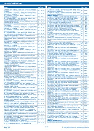 $ = Dólares Americanos, los demás en Nuevos Soles
Precios de los Materiales
INSUMO UND. PREC. INSUMO UND. PREC.
- 3.18 -
LLAVE DE BAR AL MUEBLE LÍNEA CANCÚN C/PICO GIRATORIO 5/8"
CROMADA
PZA 98,22
MEZCLADORA DE LAVADERO A LA PARED LÍNEA CANCÚN C/PICO
GIRATORIO 5/8" CROMADA
PZA 173,64
MEZCLADORA DE LAVADERO AL MUEBLE LÍNEA CANCÚN C/PICO
GIRATORIO 5/8" CROMADA
PZA 151,61
MEZCLADORA MONOBLOCK PARA LAVADERO AL MUEBLE LÍNEA
CANCÚN C/PICO GIRATORIO 5/8" CROMADA
PZA 143,98
LLAVE DE LAVADERO PESADA A LA PARED LÍNEA ACAPULCO C/PICO
GIRATORIO DE 5/8" CROMADA
PZA 91,44
LLAVE DE BAR AL MUEBLE LÍNEA ACAPULCO C/PICO GIRATORIO
5/8" CROMADA
PZA 103,31
MEZCLADORA DE LAVADERO A LA PARED LÍNEA ACAPULCO C/PICO
GIRATORIO 5/8" CROMADA
PZA 176,19
MEZCLADORA DE LAVADERO AL MUEBLE LÍNEA ACAPULCO C/PICO
GIRATORIO CROMADA
PZA 157,54
MEZCLADORA MONOBLOCK PARA LAVADERO AL MUEBLE LÍNEA
ACAPULCO C/PICO GIRATORIO 5/8" CROMADA
PZA 159,24
LLAVE DE LAVADERO PESADA A LA PARED LÍNEA BAHÍA C/PICO
GIRATORIO 5/8" CROMADA
PZA 88,90
LLAVE DE BAR AL MUEBLE LÍNEA BAHÍA C/PICO GIRATORIO 5/8"
CROMADA
PZA 97,37
MEZCLADORA DE LAVADERO A LA PARED LÍNEA BAHÍA C/PICO
GIRATORIO 5/8" CROMADA
PZA 173,64
MEZCLADORA DE LAVADERO AL MUEBLE LÍNEA BAHÍA C/PICO
GIRATORIO 5/8" CROMADA
PZA 154,15
MEZCLADORA MONOBLOCK PARA LAVADERO AL MUEBLE LÍNEA
BAHÍA C/PICO GIRATORIO 5/8" CROMADA
PZA 143,14
LLAVE DE LAVADERO PESADA A LA PARED LÍNEA BUZIOS C/PICO
GIRATORIO 5/8" CROMADA
PZA 87,20
LLAVE DE BAR AL MUEBLE LÍNEA BUZIOS C/PICO GIRATORIO 5/8"
CROMADA
PZA 92,29
MEZCLADORA DE LAVADERO A LA PARED LÍNEA BUZIOS C/PICO
GIRATORIO 5/8" CROMADA
PZA 173,64
MEZCLADORA DE LAVADERO AL MUEBLE LÍNEA BUZIOS C/PICO 5/8"
CROMADA
PZA 150,76
MEZCLADORA MONOBLOCK PARA LAVADERO AL MUEBLE LÍNEA
BUZIOS C/PICO GIRATORIO 5/8" CROMADA
PZA 138,05
LLAVE DE LAVADERO PESADA A LA PARED LÍNEA BUZIOS LEVER C/
PICO CROMADO 5/8" CROMADA
PZA 97,07
LLAVE DE BAR AL MUEBLE LÍNEA BUZIOS LEVER C/PICO CROMADA
5/8" CROMADA
PZA 93,14
MEZCLADORA DE LAVADERO A LA PARED LÍNEA BUZIOS LEVER C/
PICO GIRATORIO 5/8" CROMADA
PZA 185,51
MEZCLADORA DE LAVADERO AL MUEBLE LÍNEA BUZIOS LEVER C/
PICO GIRATORIO 5/8" CROMADA
PZA 161,78
MEZCLADORA PARA BAR MONOCOMANDO AL MUEBLE LÍNEA
BUZIOS LEVER (CON CARTUCHO DE DISCO CERÁMICO)
PZA 253,31
LLAVE DE BAR AL MUEBLE LÍNEA CARTAGENA C/PICO GIRATORIO
DE 20MM CROMADA
PZA 107,54
MEZCLADORA DE LAVADERO A LA PARED LÍNEA CARTAGENA C/
PICO GIRATORIO 5/8" CROMADA
PZA 214,32
MEZCLADORA MONOCOMANDO PARA BAR LÍNEA PUNTA CANA PZA 297,37
LLAVE DE LAVADERO PESADA A LA PARED LÍNEA VARADERO C/PICO
GIRATORIO 20MM CROMADA
PZA 132,12
LLAVE DE BAR AL MUEBLE LÍNEA VARADERO C/PICO GIRATORIO
20MM CROMADA
PZA 137,20
MEZCLADORA DE LAVADERO A LA PARED LÍNEA VARADERO C/PICO
GIRATORIO 5/8" CROMADA
PZA 205,85
MEZCLADORA MONOCOMANDO PARA BAR AL MUEBLE LÍNEA
BARBADOS C/PICO GIRATORIO 20MM CROMADA (INCLUYE TUBOS
DE ABASTO DE INOX. TRENZADO DE 1/2" X 35 CM)
PZA 244,83
MEZCLADORA MONOCOMANDO PARA LAVADERO A LA PARED LÍNEA
BARBADOS C/PICO GIRATORIO CROMADA (INCLUYE EXCÉNTRICOS
REGULARES PARA 8")
PZA 245,68
MEZCLADORA MONOCOMANDO PARA LAVADERO AL MUEBLE LÍNEA
BARBADOS C/PICO GIRATORIO CROMADA (INCLUYE TUBOS DE
ABASTO DE INOX. TRENZADO DE 1/2" X 35 CM)
PZA 143,14
MEZCLADORA MONOCOMANDO PARA LAVADERO AL MUEBLE LÍNEA
BARBADOS C/PICO EXTRAÍBLE CROMADA (INCLUYE TUBOS DE
ABASTO DE INOX. TRENZADO DE 1/2" X 35 CM Y PLANCHUELA)
PZA 419,41
LLAVE DE LAVADERO PESADA A LA PARED LÍNEA BORA BORA CON
PICO GIRATORIO DE 5/8" CROMADA
PZA 71,70
LLAVE DE BAR AL MUEBLE LÍNEA BORA BORA CON PICO GIRATORIO
DE 5/8" CROMADA
PZA 89,75
MEZCLADORA DE LAVADERO AL MUEBLE LÍNEA BORA BORA CON
PICO GIRATORIO DE 5/8" CROMADA
PZA 167,71
LLAVE DE LAVADERO PESADA A LA PARED CON PICO MINIMALISTA
DE 5/8" CROMADA LÍNEA BUZIOS MINIMALISTA
PZA 114,90
LLAVE DE LAVADERO PESADA A LA PARED CON PICO MINIMALISTA
DE 5/8" CROMADA LÍNEA BUZIOS LEVER MINIMALISTA
PZA 123,90
LLAVE DE BAR AL MUEBLE CON PICO MINIMALISTA DE 5/8" CROMA-
DA LÍNEA BUZIOS MINIMALISTA
PZA 135,90
LLAVE DE BAR AL MUEBLE CON PICO MINIMALISTA DE 5/8" CROMA-
DA LÍNEA BUZIOS MINIMALISTA
PZA 143,90
GRIFERÍA DE BAÑO
LLAVE DE LAVATORIO LÍNEA COLAN C/AEREADOR CROMADA PZA 18,56
MEZCLADORA DE 4" PARA LAVATORIO LÍNEA COLAN CROMADA PZA 43,98
LLAVE DE LAVATORIO LIVIANA LÍNEA BAVARO CROMADA PZA 24,07
LLAVE DE LAVATORIO LIVIANA LÍNEA PUNTA SAL CROMADA PZA 24,49
LLAVE DE LAVATORIO LÍNEA BAVARO CROMADA PZA 29,15
LLAVE DE LAVATORIO LÍNEA PUNTA SAL CROMADA PZA 29,58
MEZCLADORA DE 4" PARA LAVATORIO LÍNEA BAVARO CROMADA PZA 53,31
MEZCLADORA DE 4" PARA LAVATORIO LÍNEA PUNTA SAL CROMADA PZA 54,15
LLAVE PARA URINARIO LÍNEA VALLARTA CROMADA PZA 68,56
LLAVE DE LAVATORIO PESADA LÍNEA VALLARTA CROMADA PZA 40,59
MEZCLADORA DE 4" PARA LAVATORIO LÍNEA VALLARTA BRONCE
CROMADA
PZA 84,66
LLAVE DE LAVATORIO PESADA LÍNEA CABO BLANCO CROMADA PZA 46,53
MEZCLADORA DE 4" PARA LAVATORIO LÍNEA CABO BLANCO BRON-
CE CROMADA
PZA 95,68
MEZCLADORA MONOCOMANDO PARA LAVATORIO LÍNEA COZUMEL
(INCLUYE 2 TUBOS DE ABASTO DE INOX. TRENZADOS DE 1/2" X
35CM)
PZA 66,86
LLAVE PARA URINARIO LÍNEA ARUBA CROMADA PZA 79,58
LLAVE DE LAVATORIO PESADA LÍNEA ARUBA CROMADA PZA 59,24
MEZCLADORA DE 4" PARA LAVATORIO LÍNEA ARUBA (ABS Y ACETAL
CROMADA)
PZA 101,61
MEZCLADORA DE 4" PARA LAVATORIO LÍNEA ARUBA (BRONCE
CROMADA)
PZA 147,37
MEZCLADORA DE 8" PARA LAVATORIO LÍNEA ARUBA (CROMADA) PZA 221,10
MEZCLADORA PARA BIDET 3 LLAVES LÍNEA ARUBA (CROMADA) PZA 249,92
LLAVE PARA URINARIO LÍNEA CANCÚN (CROMADA) PZA 84,66
LLAVE DE LAVATORIO PESADA LÍNEA CANCÚN (CROMADA) PZA 57,54
MEZCLADORA DE 4" PARA LAVATORIO LÍNEA CANCÚN (ABS Y
ACETAL CROMADA)
PZA 106,69
MEZCLADORA DE 4" PARA LAVATORIO LÍNEA CANCÚN (BRONCE
CROMADA)
PZA 153,31
MEZCLADORA DE 8" PARA LAVATORIO LÍNEA CANCÚN (CROMADA) PZA 206,69
MEZCLADORA PARA BIDET 3 LLAVES LÍNEA CANCÚN (CROMADA) PZA 260,93
LLAVE DE LAVATORIO PESADA LÍNEA ACAPULCO CROMADA PZA 67,71
MEZCLADORA DE 4" PARA LAVATORIO DE BRONCE LÍNEA ACAPUL-
CO CROMADA
PZA 182,97
MEZCLADORA DE 8" PARA LAVATORIO LÍNEA ACAPULCO CROMADA PZA 234,66
MEZCLADORA DE 8" PARA LAVATORIO LÍNEA ACAPULCO (CON PICO
TUBULAR CROMADA)
PZA 234,66
MEZCLADORA DE 8" PARA LAVATORIO A LA PARED LÍNEA ACAPUL-
CO (CON PICO TUBULAR CROMADA)
PZA 203,31
MEZCLADORA PARA BIDET 3 LLAVES LÍNEA ACAPULCO CROMADA PZA 260,93
LLAVE DE LAVATORIO PESADA LÍNEA BAHÍA CROMADA PZA 66,86
MEZCLADORA DE 4" PARA LAVATORIO LÍNEA BAHÍA BRONCE
CROMADA
PZA 177,88
MEZCLADORA DE 8" PARA LAVATORIO LÍNEA BAHÍA CROMADA PZA 227,88
MEZCLADORA DE 8" PARA LAVATORIO AL MUEBLE LÍNEA BAHÍA
(CON PICO TUBULAR CROMADA)
PZA 227,88
MEZCLADORA DE 8" PARA LAVATORIO A LA PARED LÍNEA BAHÍA
(CON PICO TUBULAR CROMADA)
PZA 196,53
MEZCLADORA PARA BIDET 3 LLAVES LÍNEA BAHÍA CROMADA PZA 255,85
LLAVE DE LAVATORIO PESADA LÍNEA CANARIAS CROMADA PZA 65,17
MEZCLADORA DE 4" PARA LAVATORIO LÍNEA CANARIAS BRONCE
CROMADA
PZA 156,69
MEZCLADORA DE 8" PARA LAVATORIO LÍNEA CANARIAS CROMADA PZA 227,03
MEZCLADORA DE 8" PARA LAVATORIO A LA PARED LÍNEA CANARIAS
(CON PICO TUBULAR CROMADA)
PZA 194,83
MEZCLADORA PARA BIDET 3 LLAVES LÍNEA CANARIAS CROMADA PZA 254,15
MEZCLADORA MONOCOMANDO BAJA PARA LAVATORIO LÍNEA
PUNTA CANA CROMADA
PZA 215,17
MEZCLADORA MONOCOMANDO ALTA PARA LAVATORIO LÍNEA
PUNTA CANA CROMADA
PZA 306,69
MEZCLADORA MONOCOMANDO A LA PARED PARA LAVATORIO
LÍNEA PUNTA CANA CROMADA
PZA 205,85
MEZCLADORA MONOCOMANDO PARA LAVATORIO CROMADA. LÍNEA
BARBADOS (INCLUYE TUBOS DE ABASTO DE INOX. TRENZADO DE
1/2" X 35CM)
PZA 176,19
MEZCLADORA MONOCOMANDO PARA BIDET CROMADA. LÍNEA
BARBADOS (INCLUYE TUBOS DE ABASTO DE INOX. TRENZADO DE
1/2" X 35CM Y 3 TAPA HUECOS)
PZA 214,32
LLAVE DE LAVATORIO PESADA LÍNEA BORA BORA CROMADA PZA 58,39
MEZCLADORA DE 4" PARA LAVATORIO LÍNEA BORA BORA BRONCE
CROMADA
PZA 103,31
GRIFERÍA DE BAÑO - DUCHA
LLAVE DE DUCHA LÍNEA COLAN CROMADA PZA 18,56
 