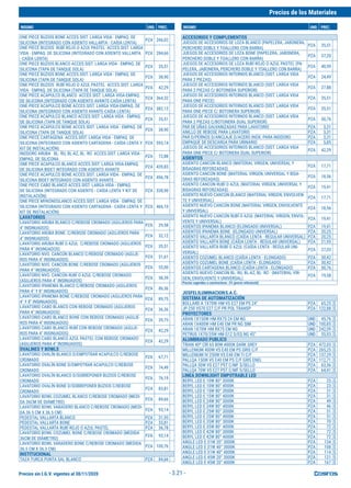 Precios sin I.G.V. vigentes al 30/11/2020
Precios de los Materiales
INSUMO UND. PREC. INSUMO UND. PREC.
- 3.21 -
ONE PIECE BUZIOS BONE ACCES.SIST. LARGA VIDA - EMPAQ. DE
SILICONA (INTEGRADO CON ASIENTO VALLARTA - CAÍDA LENTA)
PZA 266,02
ONE PIECE BUZIOS RUBÍ ROJO O AZUL PASTEL ACCES.SIST. LARGA
VIDA - EMPAQ. DE SILICONA (INTEGRADO CON ASIENTO VALLARTA
- CAÍDA LENTA)
PZA 284,66
ONE PIECE BUZIOS BLANCO ACCES.SIST. LARGA VIDA - EMPAQ. DE
SILICONA (TAPA DE TANQUE SOLA)
PZA 35,51
ONE PIECE BUZIOS BONE ACCES.SIST. LARGA VIDA - EMPAQ. DE
SILICONA (TAPA DE TANQUE SOLA)
PZA 38,90
ONE PIECE BUZIOS RUBÍ ROJO O AZUL PASTEL ACCES.SIST. LARGA
VIDA - EMPAQ. DE SILICONA (TAPA DE TANQUE SOLA)
PZA 42,29
ONE PIECE ACAPULCO BLANCO ACCES.SIST. LARGA VIDA-EMPAQ.
DE SILICONA (INTEGRADO CON ASIENTO AVANTE-CAÍDA LENTA)
PZA 364,32
ONE PIECE ACAPULCO BONE ACCES.SIST. LARGA VIDA-EMPAQ. DE
SILICONA (INTEGRADO CON ASIENTO AVANTE-CAÍDA LENTA)
PZA 382,12
ONE PIECE ACAPULCO BLANCO ACCES.SIST. LARGA VIDA - EMPAQ.
DE SILICONA (TAPA DE TANQUE SOLA)
PZA 35,51
ONE PIECE ACAPULCO BONE ACCES.SIST. LARGA VIDA - EMPAQ. DE
SILICONA (TAPA DE TANQUE SOLA)
PZA 38,90
ONE PIECE CARTAGENA ACCES.SIST. LARGA VIDA - EMPAQ. DE
SILICONA (INTEGRADO CON ASIENTO CARTAGENA - CAÍDA LENTA Y
KIT DE INSTALACIÓN)
PZA 593,14
INODORO ARUBA BL- RU, BL-AZ, BL- RO ACCES.SIST. LARGA VIDA -
EMPAQ. DE SILICONA
PZA 72,88
ONE PIECE ACAPULCO BLANCO ACCES.SIST. LARGA VIDA-EMPAQ.
DE SILICONA BIDET INTEGRADO CON ASIENTO AVANTE
PZA 439,83
ONE PIECE ACAPULCO BONE ACCES.SIST. LARGA VIDA - EMPAQ. DE
SILICONA BIDET INTEGRADO CON ASIENTO AVANTE
PZA 456,78
ONE PIECE CABO BLANCO ACCES.SIST. LARGA VIDA - EMPAQ.
DE SILICONA (INTEGRADO CON ASIENTO - CAÍDA LENTA Y KIT DE
INSTALACIÓN)
PZA 338,90
ONE PIECE MYKONOSLANCO ACCES.SIST. LARGA VIDA - EMPAQ. DE
SILICONA (INTEGRADO CON ASIENTO CARTAGENA - CAÍDA LENTA Y
KIT DE INSTALACIÓN)
PZA 466,10
LAVATORIOS
LAVATORIO ARUBA BLANCO C/REBOSE CROMADO (AGUJEROS PARA
4" INSINUADOS)
PZA 29,58
LAVATORIO ARUBA BONE C/REBOSE CROMADO (AGUJEROS PARA
4" INSINUADOS)
PZA 32,12
LAVATORIO ARUBA RUBÍ O AZUL C/REBOSE CROMADO (AGUJEROS
PARA 4" INSINUADOS)
PZA 35,51
LAVATORIO NVO. CANCÚN BLANCO C/REBOSE CROMADO (AGUJE-
ROS PARA 4" INSINUADOS)
PZA 51,61
LAVATORIO NVO. CANCÚN BONE C/REBOSE CROMADO (AGUJEROS
PARA 4" INSINUADOS)
PZA 55,00
LAVATORIO NVO. CANCÚN RUBÍ O AZUL C/REBOSE CROMADO
(AGUJEROS PARA 4" INSINUADOS)
PZA 58,39
LAVATORIO IPANEMA BLANCO C/REBOSE CROMADO (AGUJEROS
PARA 4" Y 8" INSINUADOS)
PZA 86,36
LAVATORIO IPANEMA BONE C/REBOSE CROMADO (AGUJEROS PARA
4" Y 8" INSINUADOS)
PZA 89,75
LAVATORIO CABO BLANCO CON REBOSE CROMADO (AGUJEROS
PARA 4" INSINUADOS)
PZA 36,36
LAVATORIO CABO BLANCO BONE CON REBOSE CROMADO (AGUJE-
ROS PARA 4" INSINUADOS)
PZA 39,75
LAVATORIO CABO BLANCO RUBÍ CON REBOSE CROMADO (AGUJE-
ROS PARA 4" INSINUADOS)
PZA 42,29
LAVATORIO CABO BLANCO AZUL PASTEL CON REBOSE CROMADO
(AGUJEROS PARA 4" INSINUADOS)
PZA 42,29
OVALINES Y BOWLS
LAVATORIO OVALÍN BLANCO D/EMPOTRAR ACAPULCO C/REBOSE
CROMADO
PZA 67,71
LAVATORIO OVALÍN BONE D/EMPOTRAR ACAPULCO C/REBOSE
CROMADO
PZA 74,49
LAVATORIO OVALÍN BLANCO D/SOBREPONER BUZIOS C/REBOSE
CROMADO
PZA 76,19
LAVATORIO OVALÍN BONE D/SOBREPONER BUZIOS C/REBOSE
CROMADO
PZA 83,81
LAVATORIO BOWL COZUMEL BLANCO C/REBOSE CROMADO (MEDI-
DA 36CM DE DIÁMETRO)
PZA 84,66
LAVATORIO BOWL VARADERO BLANCO C/REBOSE CROMADO (MEDI-
DA 36.5 CM X 36.5 CM)
PZA 93,14
PEDESTAL VALLARTA BLANCO PZA 31,95
PEDESTAL VALLARTA BONE PZA 33,81
PEDESTAL VALLARTA RUBÍ ROJO O AZUL PASTEL PZA 36,78
LAVATORIO BOWL COZUMEL BONE C/REBOSE CROMADO (MEDIDA
36CM DE DIÁMETRO)
PZA 93,14
LAVATORIO BOWL VARADERO BONE C/REBOSE CROMADO (MEDIDA
36.5 CM X 36.5 CM)
PZA 100,76
INSTITUCIONAL
TAZA TURCA PUNTA SAL BLANCO PZA 84,66
ACCESORIOS Y COMPLEMENTOS
JUEGOS DE ACCESORIOS DE LOZA BLANCO (PAPELERA, JABONERA,
PERCHERO DOBLE Y TOALLERO CON BARRA)
PZA 35,51
JUEGOS DE ACCESORIOS DE LOZA BONE (PAPELERA, JABONERA,
PERCHERO DOBLE Y TOALLERO CON BARRA)
PZA 37,20
JUEGOS DE ACCESORIOS DE LOZA RUBÍ ROJO O AZUL PASTEL (PA-
PELERA, JABONERA, PERCHERO DOBLE Y TOALLERO CON BARRA)
PZA 40,59
JUEGOS DE ACCESORIOS INTERNOS BLANCO (SIST. LARGA VIDA
PARA 2 PIEZAS)
PZA 24,49
JUEGOS DE ACCESORIOS INTERNOS BLANCO (SIST. LARGA VIDA
PARA 2 PIEZAS C/ BOTONERA SUPERIOR)
PZA 27,88
JUEGOS DE ACCESORIOS INTERNOS BLANCO (SIST. LARGA VIDA
PARA ONE PIECE)
PZA 35,51
JUEGOS DE ACCESORIOS INTERNOS BLANCO (SIST. LARGA VIDA
PARA ONE PIECE C/ BOTONERA SUPERIOR)
PZA 35,51
JUEGOS DE ACCESORIOS INTERNOS BLANCO (SIST. LARGA VIDA
PARA 2 PIEZAS C/BOTONERA DUAL SUPERIOR)
PZA 50,76
PAR DE UÑAS GALVANIZADAS PARA LAVATORIO PZA 3,31
ANILLO DE REBOSE PARA LAVATORIO PZA 3,31
PAR D/PERNOS D/ANCLAJE D/ACERO INOX. PARA INODORO PZA 3,31
EMPAQUE DE DESCARGA PARA URINARIO PZA 5,85
JUEGOS DE ACCESORIOS INTERNOS BLANCO (SIST. LARGA VIDA
PARA ONE PIECE C/ BOTONERA DUAL SUPERIOR)
PZA 42,29
ASIENTOS
ASIENTO CANCÚN BLANCO (MATERIAL VIRGEN, UNIVERSAL Y
BISAGRAS REFORZADAS)
PZA 17,71
ASIENTO CANCÚN BONE (MATERIAL VIRGEN, UNIVERSAL Y BISA-
GRAS REFORZADAS)
PZA 18,56
ASIENTO CANCÚN RUBÍ O AZUL (MATERIAL VIRGEN, UNIVERSAL Y
BISAGRAS REFORZADAS)
PZA 19,41
ASIENTO NUEVO CANCÚN BLANCO (MATERIAL VIRGEN, ENVOLVEN-
TE Y UNIVERSAL)
PZA 17,71
ASIENTO NUEVO CANCÚN BONE (MATERIAL VIRGEN, ENVOLVENTE
Y UNIVERSAL)
PZA 18,56
ASIENTO NUEVO CANCÚN RUBÍ O AZUL (MATERIAL VIRGEN, ENVOL-
VENTE Y UNIVERSAL)
PZA 19,41
ASIENTOS IPANEMA BLANCO (ELONGADO UNIVERSAL) PZA 19,41
ASIENTOS IPANEMA BONE (ELONGADO UNIVERSAL) PZA 20,25
ASIENTO VALLARTA BLANCO (CAÍDA LENTA - REGULAR UNIVERSAL) PZA 20,25
ASIENTO VALLARTA BONE (CAÍDA LENTA - REGULAR UNIVERSAL) PZA 21,95
ASIENTO VALLARTA RUBÍ O AZUL (CAÍDA LENTA - REGULAR UNI-
VERSAL)
PZA 27,03
ASIENTO COZUMEL BLANCO (CAÍDA LENTA - ELONGADO) PZA 30,42
ASIENTO COZUMEL BONE (CAÍDA LENTA - ELONGADO) PZA 30,42
ASIENTOS CARTAGENA BLANCO (CAÍDA LENTA - ELONGADO) PZA 50,76
ASIENTO NUEVO CANCÚN BL- RU, BL-AZ, BL- RO (MATERIAL VIR-
GEN, ENVOLVENTE Y UNIVERSAL)
PZA 19,58
Precios sugeridos a constructoras -2% (precio referencial)
JOSFELILUMINACIONS.A.C.
SISTEMA DE AUTOMATIZACIÓN
BOLLARD A 1X70W HM-VS E27 EM PS 24" PZA 65,25 $
JP-250 VS70 E27 C/F PR POL TRANSP PZA 122,88 $
PROYECTORES
ARAN 1X150W HM RX7S-24 EM NG UND 45,76 $
ARAN 1X400W HM E40 EM PR NG SIM UND 100,85 $
ARAN 1X70W HM RX7S EM NG UND 242,09 $
PETRUS 1X70/35W HM G12 S/EQ NG 45° UND 55,93 $
ALUMBRADO PUBLICO
TRIAN 40º CRI 65 80W 4000K DARK GREY PZA 472,03 $
MILLENIUM 400W VS E40 EM PS GRIS C/F PZA 265,25 $
MILLENIUM IV 250W VS E40 EM TI C/F PZA 137,29 $
PALLQA 150W VS E40 EM PS C/F GRIS ENEL PZA 112,71 $
PALLQA 50W VS E27 PST C/MF S/SELLO PZA 63,56 $
PALLQA 70W VS E27 PST C/MF S/SELLO PZA 64,41 $
LINEA DOWNLIGHT EMPOTRABLE LED
BERYL LED E 10W 80° 3000K PZA 25 $
BERYL LED E 10W 80° 4000K PZA 23 $
BERYL LED E 15W 80° 3000K PZA 31 $
BERYL LED E 15W 80° 4000K PZA 31 $
BERYL LED E 24W 80° 3000K PZA 49 $
BERYL LED E 24W 80° 4000K PZA 46 $
BERYL LED E 25W 80° 3000K PZA 51 $
BERYL LED E 25W 80° 4000K PZA 51 $
BERYL LED E 35W 80° 3000K PZA 70 $
BERYL LED E 35W 80° 4000K PZA 72 $
BERYL LED E 42W 80° 3000K PZA 72 $
BERYL LED E 42W 80° 4000K PZA 72 $
ANGLE LED E 31W 20° 3000K PZA 134 $
ANGLE LED E 31W 40° 3000K PZA 108 $
ANGLE LED E 31W 40° 4000K PZA 114 $
ANGLE LED E 45W 20° 3000K PZA 121 $
ANGLE LED E 45W 20° 4000K PZA 167 $
 