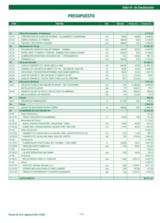 Valor m2
de Construcción
Precios sin I.G.V. vigentes al 30/11/2020 - 1-3 -
PRESUPUESTO
ITEM PARTIDA Und. Metrado Precio (S/.) Parcial (S/.)
01 Obras Provisionales y Preliminares 5.776,20
01.01 CONSTRUCCION DE ALMACEN, OFICINAS, ALOJAMIENTO Y GUARDIANIA m2 30,00 86,88 2.606,40
01.02 LIMPIEZA MANUAL DE TERRENO m2 540,00 4,00 2.160,00
01.03 TRAZADO Y REPLANTEO C/EQUIPO m2 540,00 1,87 1.009,80
02 Movimiento de Tierras 12.981,45
02.01 EXCAVACION P/BASE DE LOSA EN TERRENO NORMAL m3 105,45 40,20 4.239,09
02.02 REFINE, NIVEL.Y COMPACT./TERRENO NORMAL/CON COMPACTADORA m2 540,00 5,09 2.748,60
02.03 ELIMINACION DE MATERIAL EXCEDENTE INC. ESPONJAMIENTO m3 9,15 94,40 863,76
02.04 AFIRMADO e=3" m2 540,00 9,50 5.130,00
03 Obras de Concreto 35.503,51
03.01 LOSA DE CONCRETO F'C=140 KG/CM2 E=0.10M m2 540,00 57,58 31.093,20
03.02 SARDINEL DE CONCRETO DE SIMPLE F'C=140 KG/CM2 DE 15X30 CM. m 96,00 31,86 3.058,56
03.03 ENCOFRADO Y DESENCOFRADO NORMAL PARA SOBRECIMIENTOS m2 28,80 45,20 1.301,76
03.04 DADO DE CONCRETO .30X.30X.80CM. P/PARENTE DE NET m3 0,15 312,45 46,87
03.05 DADO DE CONCRETO .15X.15X.15CM. P/ANCLAJE DE TENSORES m3 0,01 312,45 3,12
04 Estructuras Metalicas 7.921,02
04.01 ARCOS DE FULBITO CON TABLERO DE BASKET INC. ACCESORIOS par 1,00 6.280,00 6.280,00
INSTALACION DE ARCOS Glb 1,00 508,47 508,47
04.02 PARANTES DE NET DE VOLEY Y NET DE VOLEY ALAMBRADA jgo 1,00 980,00 980,00
INSTALACION DE LOS PARANTES Glb 1,00 152,54 152,54
05 Pintura 939,36
05.01 PINTURA DE DEMARCACION m 271,49 3,46 939,36
06 Varios 3.843,36
06.01 JUNTAS DE DILATACION EN PISO C/BREA m 408,00 9,42 3.843,36
07 ALUMBRADO DE LOSA DEPORTIVA 23.012,65
07.01 Obras Preliminares 131,60
07.01.01 TRAZO Y REPLANTEO P/ALUMBRADO m 70,00 1,88 131,60
07.02 Movimiento de Tierras 2.115,62
07.02.01 EXCAV. ZANJAS P/POSTES INC. ZANJA PARA CABLE m3 14,00 40,98 573,72
07.02.02 ELIMIN. MAT. CARGUIO MANUAL/VOLQUET 4 M3 DM=5 KM. m3 17,00 90,70 1.541,90
07.03 Obras de Concreto 2.200,22
07.03.01 CONCRETO F'C=100 KG/CM2 E=2"-SOLADO PARA BASE DE POSTE DE LUZ m2 5,76 17,49 100,74
07.03.02 CONCRETO F'C 140 KG/CM2 PARA BASE DE POSTES m3 7,50 279,93 2.099,48
07.04 Alimentacion 3.759,32
07.04.01 ALIMENTADOR A POSTE CABLE NYY 1X6 MM2 -TUBO 20MM m 130,00 26,21 3.407,30
07.04.02 EMPALMES 3M-0 P/6MM2 NYY pza 6,00 58,67 352,02
07.05 Cajas de Derivacion 128,76
07.05.01 CAJA DE DERIVACION 200x150MM pza 2,00 64,38 128,76
07.06 Artefactos 8.422,16
07.06.01 REFLECTOR BIH-100RS V.S. 400W E40 pza 8,00 1.052,77 8.422,16
07.07 Varios 6.254,97
07.07.01 POSTE DE 13M/400/180/380 C.A.C. pza 4,00 1.154,31 4.617,24
07.07.02 SOPORTE METALICO P/REFLECTORES S/DISEÑO pza 1,00 161,00 161,00
07.07.03 PRUEBA DE CONTINUIDAD Y C/EQUIPOS ENCENDIDOS glb 1,00 1.476,73 1.476,73
COSTO DIRECTO 89.977,55
 