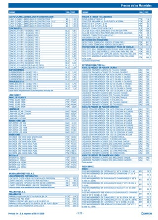 Precios sin I.G.V. vigentes al 30/11/2020
Precios de los Materiales
INSUMO UND. PREC. INSUMO UND. PREC.
- 3.23 -
CLAVO C/CABEZA EMBOLSADO P/CONSTRUCCION
CLAVO C/CABEZA EMBOLSADO P/CONSTRUCCION 2" KG 1,05 $
CLAVO C/CABEZA EMBOLSADO P/CONSTRUCCION 2 1/2" KG 1,05 $
CLAVO C/CABEZA EMBOLSADO P/CONSTRUCCION 3" KG 1,05 $
CLAVO C/CABEZA EMBOLSADO P/CONSTRUCCION 4" KG 1,05 $
CONCRELISTO
CONCRELISTO F'C=100 (40 KG) TIPO I BLS 4,81
CONCRELISTO F'C=140 (40 KG) TIPO I BLS 5,11
CONCRELISTO F'C=175 (40KG) TIPO I BLS 5,35
CONCRELISTO F'C=210 (40 KG) TIPO I BLS 5,79
CONCRELISTO F'C=245 (40 KG) TIPO I BLS 6,48
CONCRELISTO F'C=280 (40 KG) TIPO I BLS 6,56
CONCRELISTO F'C=315 (40 KG) TIPO I BLS 6,88
CONCRELISTO F'C=350 (40 KG) TIPO I BLS 7,46
CONCRELISTO F'C=100 (40 KG) TIPO V BLS 5,52
CONCRELISTO F'C=140 (40 KG) TIPO V BLS 5,93
CONCRELISTO F'C=175 (40 KG) TIPO V BLS 6,26
CONCRELISTO F'C=210 (40 KG) TIPO V BLS 6,85
CONCRELISTO F'C=245 (40 KG) TIPO V BLS 7,79
CONCRELISTO F'C=280 (40 KG) TIPO V BLS 7,9
CONCRELISTO F'C=350 (40 KG) TIPO V BLS 8,34
CONCRELISTO LIQUIDO (BLS=40 KG) TIPO I BLS 6,1
CONCRELISTO LIQUIDO (BLS=40 KG) TIPO V BLS 7,29
SUPERMORTERO
SUPERMORTERO 1:4 (40 KG) TIPO I BLS 5,93
SUPERMORTERO 1:4 (40 KG) TIPO V BLS 7,13
SUPERMORTERO 1:5 (40 KG) TIPO I BLS 5,45
SUPERMORTERO 1:5 (40 KG) TIPO V BLS 6,47
TARRAJEOLISTO
TARRAJEOLISTO 1:4 (40 KG) TIPO I BLS 5,79
TARRAJEOLISTO 1:4 (40 KG) TIPO V BLS 6,99
TARRAJEOLISTO 1:5 (40 KG) TIPO I BLS 5,3
Lista de precios incluye flete dentro de Lima Metropolitana. No incluye IGV.
LEAFENERGY
PANELES SOLARES
PANEL SOLAR 100W PZA 203,39
PANEL SOLAR 150W PZA 275,42
PANEL SOLAR 265W PZA 436,44
PANEL SOLAR 340W PZA 533,9
LÁMPARAS
LÁMPARA SOLAR LED 40W UND 186,44
LÁMPARA SOLAR LED 60W UND 254,24
LÁMPARA LED 50W UND 152,54
LÁMPARA LED 100W UND 220,34
REFLECTORES LED
REFLECTOR LED 30W UND 41,53
REFLECTOR LED 50W UND 62,71
REFLECTOR LED 100W UND 105,93
REFLECTOR LED 200W UND 211,86
REFLECTOR LED 300W UND 262,71
INVERSORES
INVERSOR 12V 300W ONDA MODIFICADA PZA 152,54
INVERSOR 12V 300W ONDA PURA PZA 296,61
INVERSOR 12V 500W ONDA PURA PZA 423,73
INVERSOR 24V 1000W ONDA PURA PZA 781,36
INVERSOR 12V 2000W ONDA PURA PZA 1635,59
INVERSOR 24V 2000W ONDA PURA PZA 1635,59
INVERSOR 24V 4000W ONDA PURA PZA 2788,14
INVERSOR 48V 4000W ONDA PURA PZA 2788,14
BATERIAS
BATERÍA GEL 100AH PZA 644,07
BATERÍA GEL 150AH PZA 953,39
BATERÍA AGM 100AH PZA 474,58
BATERÍA AGM 150AH PZA 775,42
BATERÍA AGM 200AH PZA 1004,24
No incluye IGV.
MERIDIANPROYECTOSS.A.C.
LEVANTAMIENTO TOPOGRAFICO
LEV.TOPOG.C/GPS DOBLE FRECUENCIA ALTA PRECISION PTO 250 $
LEVANTAMIENTO TOPOGRAFICO POR HECTAREA HA 85 $
LEVANTAMIENTO TOPOGRAFICO POR KM DE CARRETERA KM 1250 $
LEVANT.TOPOG.POR KM DE LINEA DE TRANSMISION KM 620 $
Los precios pueden variar dependiendo del metrado y condiciones del terreno.
PARARAYOSS.A.C.
PARARRAYOS
PARARRAYOS FRANKLIN TETRA PUNTAL BR.CR. PZA 114 $
PARARRAYOS PDC THOR PZA 890 $
PARARAYOS IONIFLASH MACH 60 R.104 NIVEL III. PZA 1153 $
PARARRAYO FRANKLIN TETRA PUNTAL DE BR. PUNTA BLUNT PZA 108 $
CONTADOR DE RAYOS DIGITAL CITEL LSC-A PZA 230 $
PUESTA A TIERRA Y ACCESORIOS
DOSIS QUIMICA THOR-GEL $ PZA 21,6 $
CONECTOR BR BARRA 5/8 3/4 P/PUESTA A TIERRA PZA 5,4 $
BARRA CU 3/4" C/PUNTA 2.4M PZA 92 $
BARRA CU 5/8" C/PUNTA 2.4M PZA 63 $
CEMENTO CONDUCTIVO THOR-CEM $ BLS 25,4 $
CAJA DE REGISTRO DE CONCRETO 0.4X0.4M CON TAPA PZA 10,5 $
CAJA DE REGISTRO DE POLIPROPILENO CON TAPA AMARILLA PZA 8,9 $
CEMENTO CONDUCTIVO SAN-EARTH $ BLS 55 $
VIA CHISPAS CITEL BF-PC250 PZA 115 $
DETECTORES DE TORMENTAS
DETECTOR DE TORMENTAS PORTÁTIL STORM PRO 2 PZA 897 $
DETECTOR DE TORMENTAS PORTÁTIL SKYSCAN P5 PZA 367 $
PROTECTORES DE SOBRETENSIONES Y PICOS DE VOLTAJE
TVSS CITEL DS42-230 MONOFÁSICO 220VAC 40KA PARA RIEL DIN. PZA 125 $
TVSS CITEL DS43-230 TRIFÁSICO 220VAC 40KA PARA RIEL DIN. PZA 160 $
TVSS CITEL DS250VG-300 UNIPOLAR 220VAC 70KA PARA RIEL DIN. PZA 193 $
TVSS CITEL MSB230HF MONOFÁSICO 220VAC 10KA, 16A, CONE-
XIÓN SERIE
PZA 169 $
Los precios no incluyen fletes
PETRÓLEOSDELPERÚS.A.
ASFALTO PRECIOS EX-PLANTA TALARA
LIQUIDO DE PAVIMENTACION RC 70 (TALARA) TANQUE GAL 7,39
LIQUIDO DE PAVIMENTACION RC 70 (TALARA) CILINDRO GAL 7,44
SOLIDO DE PAVIMENTACION PEN 40/50 TALARA A TANQUE GAL 7,28
SOLIDO DE PAVIMENTACION PEN 40/50 TALARA A CILINDR GAL 7,33
SOLIDO DE PAVIMENTACION PEN 60/70 TALARA A TANQUE GAL 7,28
SOLIDO DE PAVIMENTACION PEN 60/70 TALARA A CILINDRO GAL 7,33
SOLIDO DE PAVIMENTACION PEN 85/100 TALARA A TANQUE GAL 7,28
SOLIDO DE PAVIMENTACION PEN 85/100 TALARA A CILIND GAL 7,33
SOLIDO DE PAVIMENTACION PEN 120/150 TALARA A TANQU GAL 7,28
SOLIDO DE PAVIMENTACION PEN 120/150 TALARA A CILIND GAL 7,33
LIQUIDO DE PAVIMENTACION RC 250 (TALARA) TANQUE GAL 7,37
LIQUIDO DE PAVIMENTACION RC 250 (TALARA) CILINDRO GAL 7,42
LIQUIDO DE PAVIMENTACION MC 70 (TALARA) TANQUE GAL 7,98
LIQUIDO DE PAVIMENTACION MC 70 (TALARA) CIL GAL 8,03
LIQUIDO DE PAVIMENTACION MC 30 (TALARA) TANQUE GAL 8,03
LIQUIDO DE PAVIMENTACION MC 30 (TALARA)CIL. GAL 8,08
ASFALTO PRECIOS EX-PLANTA CONCHAN
SOLIDO DE PAVIMENTACION PEN 10/20 CONCHAN A TANQUE GAL 7,57
SOLIDO DE PAVIMENTACION PEN 10/20 CONCHAN A CILINDRO GAL 7,63
SOLIDO DE PAVIMENTACION PEN 20/30 CONCHAN TANQUE GAL 7,57
SOLIDO DE PAVIMENTACION PEN 20/30 CONCHAN CILINDRO GAL 7,63
SOLIDO DE PAVIMENTACION PEN 40/50 CONCHAN A TANQUE GAL 7,28
SOLIDO DE PAVIMENTACION PEN 40/50 CONCHAN A CILINDR GAL 7,33
SOLIDO DE PAVIMENTACION PEN 60/70 CONCHAN A TANQUE GAL 7,28
SOLIDO DE PAVIMENTACION PEN 60/70 CONCHAN A CILINDRO GAL 7,33
SOLIDO DE PAVIMENTACION PEN 85/100 CONCHAN A TANQUE GAL 7,28
SOLIDO DE PAVIMENTACION PEN 85/100 CONCHAN A CILIND GAL 7,33
SOLIDO DE PAVIMENTACION PEN 120/150 CONCHAN A TANQU GAL 7,28
SOLIDO DE PAVIMENTACION PEN 120/150 CONCHAN A CILIN GAL 7,33
LIQUIDO DE PAVIMENTACION RC 70 (CONCHAN)CIL. GAL 7,39
LIQUIDO DE PAVIMENTACION RC 70 (CONCHAN)TANQ. GAL 7,44
LIQUIDO DE PAVIMENTACION RC 250 (CONCHAN) TANQUE GAL 7,37
LIQUIDO DE PAVIMENTACION RC 250 (CONCHAN) CILINDRO GAL 7,42
LIQUIDO DE PAVIMENTACION MC 70 (CONCHAN) TANQUE GAL 7,98
LIQUIDO DE PAVIMENTACION MC 70 (CONCHAN) CIL GAL 8,03
LIQUIDO DE PAVIMENTACION MC 30 (CONCHAN)TANQ. GAL 8,03
LIQUIDO DE PAVIMENTACION MC 30 (CONCHAN)CIL. GAL 8,08
ASFALTO PRECIOS EX-PLANTA MOLLENDO
LIQUIDO DE PAVIMENTACION RC 250 (MOLLENDO) TANQUE GAL 7,46
LIQUIDO DE PAVIMENTACION RC 250 (MOLLENDO) CILINDRO GAL 7,51
Precios en planta
PISOSBRYCE
PISOS
PISO MACHIEMBRADO EN ESTORAQUE (1" X5" X 0.05M A 2.10 M). M2 78 $
PISO MACHIEMBRADO EN SHIHUAHUACO CHAMPAGNE (1" X5" X
0.05M A 3..60 M).
M2 73 $
PISO MACHIEMBRADO EN SHIHUAHUACO CHAMPAGNE(3/4" X5" X
0.05M A 3.60 M).
M2 65 $
PISO MACHIEMBRADO EN SHIHUAHUACO ROJO (1" X5" X 0.05M A
3.60 M).
M2 74 $
PISO MACHIEMBRADO EN SHIHUAHUACO ROJO(3/4" X5" X 0.05M
A 3.60 M).
M2 66 $
PISO MACHIEMBRADO PRE-ACABADO EN SHIHUAHUACO CHAMPAG-
NE(3/4" X5" X 0.05M A 2.10 M).
M2 68 $
PISO MACHIEMBRADO EN PUMAQUIRO(1" X6" X 0.05M A 3.60 M). M2 73 $
PISO MACHIEMBRADO EN PUMAQUIRO(3/4" X5" X 0.05M A 3.60 M). M2 65 $
PISO MACHIEMBRADO EN HUAYRURO (1" X6" X 0.05M A 3.60 M). M2 68 $
PISO MACHIEMBRADO PRE-ACABADO EN PUMAQUIRO (3/4" X5" X
0.05M A 2.10 M).
M2 67 $
 