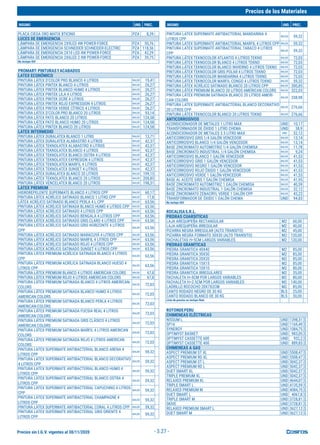 Precios sin I.G.V. vigentes al 30/11/2020
Precios de los Materiales
INSUMO UND. PREC. INSUMO UND. PREC.
- 3.27 -
PLACA CIEGA ORO MATIX BTICINO PZA 8,39
LUCES DE EMERGENCIA
LÁMPARA DE EMERGENCIA 2X9LED 4W POWER-FORCE PZA 50,76
LÁMPARA DE EMERGENCIA SCHNEIDER SCHNEIDER-ELECTRIC PZA 118,56
LÁMPARA DE EMERGENCIA 2X10 LED 4W POWER-FORCE PZA 42,29
LÁMPARA DE EMERGENCIA 2X6LED 2.4W POWER-FORCE PZA 39,75
No incluye IGV
PROMART-PINTURASYACABADOS
LATEX ECONÓMICO
PINTURA LÁTEX D'COLOR PRO BLANCO 4 LITROS BALDE 19,41
PINTURA LÁTEX PINTEK BLANCO 4 LITROS BALDE 26,27
PINTURA LÁTEX PINTEK BLANCO HUMO 4 LITROS BALDE 26,27
PINTURA LÁTEX PINTEK LILA 4 LITROS BALDE 26,27
PINTURA LÁTEX PINTEK OCRE 4 LITROS BALDE 26,27
PINTURA LÁTEX PINTEK ROJO EXPRESSION 4 LITROS BALDE 26,27
PINTURA LÁTEX PINTEK VERDE CÍTRICO 4 LITROS BALDE 26,27
PINTURA LÁTEX D'COLOR PRO BLANCO 20 LITROS BALDE 93,14
PINTURA LÁTEX PATO BLANCO 20 LITROS BALDE 124,58
PINTURA LÁTEX PATO BLANCO HUMO 20 LITROS BALDE 124,58
PINTURA LÁTEX PINTEK BLANCO 20 LITROS BALDE 124,58
LATEX INTERMEDIO
PINTURA LÁTEX DURALATEX BLANCO 1 LITRO BALDE 12,71
PINTURA LÁTEX DURALATEX ALABASTRO 4 LITROS BALDE 42,37
PINTURA LÁTEX TEKNOLATEX ALABASTRO 4 LITROS BALDE 42,37
PINTURA LÁTEX TEKNOLATEX BLANCO 4 LITROS BALDE 42,37
PINTURA LÁTEX TEKNOLATEX BLANCO OSTRA 4 LITROS BALDE 42,37
PINTURA LÁTEX TEKNOLATEX EXPRESION 4 LITROS BALDE 42,37
PINTURA LÁTEX TEKNOLATEX MARFIL 4 LITROS BALDE 42,37
PINTURA LÁTEX TEKNOLATEX SUNSET 4 LITROS BALDE 42,37
PINTURA LÁTEX DURALATEX BLANCO 20 LITROS BALDE 199,15
PINTURA LÁTEX TEKNOLATEX BLANCO 20 LITROS BALDE 200,85
PINTURA LÁTEX VENCELATEX BLANCO 20 LITROS BALDE 198,31
LATEX PREMIUM
HIDROREPELENTE SUPERMATE BLANCO 4 LITROS CPP BALDE 60,17
PINTURA LÁTEX ACRÍLICO SATINADO BLANCO 1 LITRO CPP BALDE 17,8
LÁTEX ACRÍLICO SATINADO BLANCO PERLA 4 L CPP BALDE 63,56
PINTURA LÁTEX ACRÍLICO SATINADA BLANCO HUMO 4 LITROS CPP BALDE 63,56
PINTURA LÁTEX ACRÍLICO SATINADO 4 LITROS CPP BALDE 63,56
PINTURA LÁTEX ACRÍLICO SATINADO BENGALA 4 LITROS CPP BALDE 63,56
PINTURA LÁTEX ACRÍLICO SATINADO GRIS CLARO 4 LITROS CPP BALDE 63,56
PINTURA LÁTEX ACRÍLICO SATINADO GRIS HORIZONTE 4 LITROS
CPP
BALDE 63,56
PINTURA LÁTEX ACRÍLICO SATINADO MARACUYÁ 4 LITROS CPP BALDE 63,56
PINTURA LÁTEX ACRÍLICO SATINADO MARFIL 4 LITROS CPP BALDE 63,56
PINTURA LÁTEX ACRÍLICO SATINADO ROJO 4 LITROS CPP BALDE 63,56
PINTURA LÁTEX ACRÍLICO SATINADO SUNSET 4 LITROS CPP BALDE 63,56
PINTURA LÁTEX PREMIUM ACRÍLICA SATINADA BLANCO 4 LITROS
CPP
BALDE 63,56
PINTURA LÁTEX PREMIUM ACRÍLICA SATINADA BLANCO HUESO 4
LITROS CPP
BALDE 63,56
PINTURA LÁTEX PREMIUM BLANCO 4 LITROS AMERICAN COLORS BALDE 67,8
PINTURA LÁTEX PREMIUM ROJO 4 LITROS AMERICAN COLORS BALDE 67,8
PINTURA LÁTEX PREMIUM SATINADA BLANCO 4 LITROS AMERICAN-
COLORS
BALDE 72,03
PINTURA LÁTEX PREMIUM SATINADA BLANCO HUMO 4 LITROS
AMERICAN COLORS
BALDE 72,03
PINTURA LÁTEX PREMIUM SATINADA BLANCO PERLA 4 LITROS
AMERICAN-COLORS
BALDE 72,03
PINTURA LÁTEX PREMIUM SATINADA FUCSIA REAL 4 LITROS
AMERICAN COLORS
BALDE 72,03
PINTURA LÁTEX PREMIUM SATINADA GRIS CLÁSICO 4 LITROS
AMERICAN COLORS
BALDE 72,03
PINTURA LÁTEX PREMIUM SATINADA MARFIL 4 LITROS AMERICAN
COLORS
BALDE 72,03
PINTURA LÁTEX PREMIUM SATINADA ROJO 4 LITROS AMERICAN
COLORS
BALDE 72,03
PINTURA LATEX SUPERMATE ANTIBACTERIAL BLANCO ARENA 4
LITROS CPP
BALDE 59,32
PINTURA LATEX SUPERMATE ANTIBACTERIAL BLANCO DECORATIVO
4 LITROS CPP
BALDE 59,32
PINTURA LATEX SUPERMATE ANTIBACTERIAL BLANCO HUMO 4
LITROS CPP
BALDE 59,32
PINTURA LATEX SUPERMATE ANTIBACTERIAL BLANCO OSTRA 4
LITROS CPP
BALDE 59,32
PINTURA LATEX SUPERMATE ANTIBACTERIAL CAPUCHINO 4 LITROS
CPP
BALDE 59,32
PINTURA LATEX SUPERMATE ANTIBACTERIAL CHAMPAGNE 4
LITROS CPP
BALDE 59,32
PINTURA LATEX SUPERMATE ANTIBACTERIAL CORAL 4 LITROS CPP BALDE 59,32
PINTURA LATEX SUPERMATE ANTIBACTERIAL GRIS ORIENTE 4
LITROS CPP
BALDE 59,32
PINTURA LATEX SUPERMATE ANTIBACTERIAL MANDARINA 4
LITROS CPP
BALDE 59,32
PINTURA LATEX SUPERMATE ANTIBACTERIAL MARFIL 4 LITROS CPP BALDE 59,32
PINTURA LATEX SUPERMATE ANTIBACTERIAL TABACO 4 LITROS
CPP
BALDE 59,32
PINTURA LÁTEX TEKNOCOLOR ATLANTIS 4 LITROS TEKNO BALDE 72,03
PINTURA LÁTEX TEKNOCOLOR BLANCO 4 LITROS TEKNO BALDE 72,03
PINTURA LÁTEX TEKNOCOLOR BLANCO INVIERNO 4 LITROS TEKNO BALDE 72,03
PINTURA LÁTEX TEKNOCOLOR GRIS POLAR 4 LITROS TEKNO BALDE 72,03
PINTURA LÁTEX TEKNOCOLOR MANDARINA 4 LITROS TEKNO BALDE 72,03
PINTURA LÁTEX TEKNOCOLOR MARFIL CONGO 4 LITROS TEKNO BALDE 59,32
PINTURA LÁTEX ACRÍLICO SATINADO BLANCO 20 LITROS CPP BALDE 300,85
PINTURA LÁTEX PREMIUM BLANCO 20 LITROS AMERICAN COLORS BALDE 322,03
PINTURA LÁTEX PREMIUM SATINADA BLANCO 20 LITROS AMERI-
CAN COLORS
BALDE 338,98
PINTURA LATEX SUPERMATE ANTIBACTERIAL BLANCO DECORATIVO
20 LITROS CPP
BALDE 276,66
PINTURA LÁTEX TEKNOCOLOR BLANCO 20 LITROS TEKNO BALDE 276,66
ANTICORROSIVOS
ACONDICIONADOR DE METALES 1 LITRO MAX UND 10,17
TRANSFORMADOR DE ÓXIDO 1 LITRO CHEMA UND 38,9
ACONDICIONADOR DE METALES 3.5 LITRO MAX UND 32,12
ANTICORROSIVO GRIS 1/4 GALÓN VENCEDOR BALDE 13,14
ANTICORROSIVO BLANCO 1/4 GALÓN VENCEDOR BALDE 13,14
BASE ZINCROMATO AUTOMOTRIZ 1/4 GALÓN CHEMISA BALDE 11,78
BASE ZINCROMATO INDUSTRIAL 1/4 GALÓN CHEMISA BALDE 9,24
ANTICORROSIVO BLANCO 1 GALÓN VENCEDOR BALDE 41,53
ANTICORROSIVO GRIS 1 GALÓN VENCEDOR BALDE 41,53
ANTICORROSIVO NEGRO 1 GALÓN VENCEDOR BALDE 41,53
ANTICORROSIVO ROJO ÓXIDO 1 GALÓN VENCEDOR BALDE 41,53
ANTICORROSIVO VERDE 1 GALÓN VENCEDOR BALDE 41,53
BASE AL ACEITE GRIS 1 GALÓN CHEMISA BALDE 41,95
BASE ZINCROMATO AUTOMOTRIZ 1 GALÓN CHEMISA BALDE 40,59
BASE ZINCROMATO INDUSTRIAL 1 GALÓN CHEMISA BALDE 32,12
BASE ZINCROMATO ZENACRYL VERDE 1 GALÓN CPP BALDE 43,22
TRANSFORMADOR DE ÓXIDO 1 GALÓN CHEMA UND 94,83
No incluye IGV.
ROCALISAS.R.L.
PIEDRAS CUARSITICAS
LAJA AREQUIPEÑA RECTANGULAR M2 60,00
LAJA AREQUIPEÑA IRREGULAR M2 40,00
PIZARRA NEGRA IRREGULAR (ALTO TRANSITO) M2 45,00
PIZARRA NEGRA FORMATO 30X30 (ALTO TRANSITO) M2 120,00
FACHALETAS H=5CM LARGOS VARIABLES M2 120,00
PIEDRAS GRANITICAS
PIEDRA GRANITICA 40X40 M2 85,00
PIEDRA GRANITICA 30X30 M2 85,00
PIEDRA GRANITICA 20X20 M2 85,00
PIEDRA GRANITICA 15X15 M2 85,00
PIEDRA GRANITICA 10X10 M2 80,00
PIEDRA GRANITICA IRREGULARES M2 35,00
FACHALETA H=5CM POR LARGOS VARIABLES M2 80,00
FACHALETA H=2.5CM POR LARGOS VARIABLES M2 140,00
LADRILLO ROCOCHO 20X7X2CM M2 85,00
CANTO RODADO NEGRO DE 30 KG BLS 25,00
CANTO RODADO BLANCO DE 30 KG BLS 30,00
Lista de precios no incluye flete
ROTONDEPERU
CHIMENEAS ELÉCTRICAS
NISSUM L UND 1398,31 $
SP16 UND 1169,49 $
SYNERGY UND 1084,75 $
OPTIMYST BASKET UND 983,05 $
OPTIMYST CASSETTE 600 UND 932,2 $
OPTIMYST CASSETTE 400 UND 889,83 $
CHIMENEAS A GAS
ASPECT PREMIUM ST XL UND 5508,47 $
ASPECT PREMIUM RD XL UND 5508,47 $
ASPECT PREMIUM ST L UND 5042,37 $
ASPECT PREMIUM RD L UND 5042,37 $
DUET SMART XL UND 5042,37 $
TRIPLE PREMIUM XL UND 5042,37 $
RELAXED PREMIUM XL UND 4644,07 $
TRIPLE SMART L UND 4135,59 $
RELAXED PREMIUM M UND 4084,75 $
DUET SMART L UND 4067,8 $
TRIPLE SMART M UND 3728,81 $
SKIVE UND 3728,81 $
RELAXED PREMIUM SMART L UND 3627,12 $
DUET SMART M UND 3627,12 $
 
