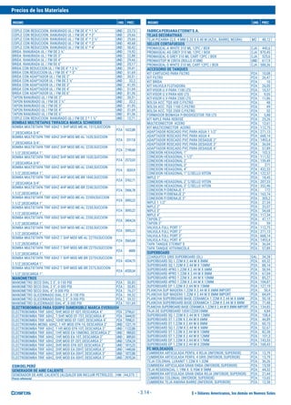 $ = Dólares Americanos, los demás en Nuevos Soles
Precios de los Materiales
INSUMO UND. PREC. INSUMO UND. PREC.
- 3.14 -
COPLE CON REDUCCION RANURADO UL / FM DE 4" * 1 ½" UND 23,73
COPLE CON REDUCCION RANURADO UL / FM DE 4" * 2" UND 29,66
COPLE CON REDUCCION RANURADO UL / FM DE 4" * 2 ½" UND 29,66
COPLE CON REDUCCION RANURADO UL / FM DE 4" * 3" UND 40,68
COPLE CON REDUCCION RANURADO UL / FM DE 6" * 4" UND 50,42
BRIDA RANURADA UL / FM DE 2 ½" UND 19,92
BRIDA RANURADA UL / FM DE 3" UND 22,88
BRIDA RANURADA UL / FM DE 4" UND 29,66
BRIDA RANURADA UL / FM DE 6" UND 35,17
BRIDA CON REDUCCION UL / FM DE 4" * 2 ½" UND 39,41
BRIDA CON REDUCCION UL / FM DE 4" * 3" UND 51,69
BRIDA CON ADAPTADOR UL / FM DE 2" UND 30,51
BRIDA CON ADAPTADOR UL / FM DE 2 ½" UND 32,2
BRIDA CON ADAPTADOR UL / FM DE 3" UND 41,95
BRIDA CON ADAPTADOR UL / FM DE 4" UND 51,69
BRIDA CON ADAPTADOR UL / FM DE 6" UND 81,36
TAPON RANURADO UL / FM DE 2" UND 30,51
TAPON RANURADO UL / FM DE 2 ½" UND 32,2
TAPON RANURADO UL / FM DE 3" UND 41,95
TAPON RANURADO UL / FM DE 4" UND 51,69
TAPON RANURADO UL / FM DE 6" UND 81,36
COPLE CON REDUCCION RANURADO UL / FM DE 2 * 1 ½" UND 12,71
BOMBAS MULTIETAPAS TRIFASICA MARCA SCHNEIDER
BOMBA MULTIETAPA TRIF 60HZ 1.5HP MOD ME-AL 1315,SUCCION
1",DESCARGA 3/4".
PZA 1622,88
BOMBA MULTIETAPA TRIF 60HZ 3HP MOD ME-AL 1630,SUCCION
1",DESCARGA 3/4".
PZA 2317,8
BOMBA MULTIETAPA TRIF 60HZ 3HP MOD ME-AL 2230,SUCCION
1.1/2",DESCARGA 1".
PZA 2190,68
BOMBA MULTIETAPA TRIF 60HZ 3HP MOD ME-BR 1630,SUCCION
1",DESCARGA 3/4".
PZA 2572,03
BOMBA MULTIETAPA TRIF 60HZ 4HP MOD ME-AL 2340,SUCCION
1.1/2",DESCARGA 1".
PZA 3033,9
BOMBA MULTIETAPA TRIF 60HZ 4HP MOD ME-BR 1840,SUCCION
1",DESCARGA 3/4".
PZA 3762,71
BOMBA MULTIETAPA TRIF 60HZ 4HP MOD ME-BR 2240,SUCCION
1.1/2",DESCARGA 1".
PZA 2906,78
BOMBA MULTIETAPA TRIF 60HZ 5HP MOD ME-AL 2250V,SUCCION
1.1/2",DESCARGA 1".
PZA 3093,22
BOMBA MULTIETAPA TRIF 60HZ 5HP MOD ME-AL 2250,SUCCION
1.1/2",DESCARGA 1".
PZA 3093,22
BOMBA MULTIETAPA TRIF 60HZ 5HP MOD ME-AL 2350,SUCCION
1.1/2",DESCARGA 1".
PZA 3404,24
BOMBA MULTIETAPA TRIF 60HZ 5HP MOD ME-AL 2250,SUCCION
1.1/2",DESCARGA 1".
PZA 3093,22
BOMBA MULTIETAPA TRIF 60HZ 7.5HP MOD ME-AL 2275V,SUCCION
1.1/2",DESCARGA 1".
PZA 3565,68
BOMBA MULTIETAPA TRIF 60HZ 7.5HP MOD ME-BR 2275V,SUCCION
1.1/2",DESCARGA 1".
PZA 4000
BOMBA MULTIETAPA TRIF 60HZ 7.5HP MOD ME-BR 2375V,SUCCION
1.1/2",DESCARGA 1".
PZA 4334,75
BOMBA MULTIETAPA TRIF 60HZ 7.5HP MOD ME-BR 2375,SUCCION
1.1/2",DESCARGA 1".
PZA 4320,34
MANOMETROS
MANOMETRO SECO DIAL 2.5", 0-150 PSI PZA 50,85
MANOMETRO SECO DIAL 2.5", 0-300 PSI PZA 50,85
MANOMETRO SECO DIAL 4", 0-300 PSI PZA 76,27
MANOMETRO GLICERINADO DIAL 2.5", 0-150 PSI PZA 59,32
MANOMETRO GLICERINADO DIAL 2.5", 0-300 PSI PZA 59,32
MANOMETRO GLICERINADO DIAL 4", 0-300 PSI PZA 101,69
ELECTROBOMBAS PARA EQUIPO SUMERGIBLE MARCA EVERGUSH
ELECTROBOMBA TRIF. 60HZ, 5HP, MOD EF-50T, DESCARGA 4" PZA 3796,61
ELECTROBOMBA TRIF. 60HZ, 7.5HP, MOD EF-75T, DESCARGA 4" PZA 5444,92
ELECTROBOMBA TRIF. 60HZ, 10HP, MOD EF-100T, DESCARGA 4" PZA 7098,31
ELECTROBOMBA MONO. 60HZ, 1 HP, MOD EFK-10, DESCARGA 2" UND 1221,19
ELECTROBOMBA TRIF. 60HZ, 1 HP, MOD EFK-10T, DESCARGA 2" UND 1122,88
ELECTROBOMBA TRIF. 60HZ, 1HP, MOD EA-10MONO, DESCARGA 2" UND 989,83
ELECTROBOMBA TRIF. 60HZ, 1HP, MOD EA-10T, DESCARGA 2" UND 889,83
ELECTROBOMBA TRIF. 60HZ, 2HP, MOD EF-20T, DESCARGA 2" UND 1254,24
ELECTROBOMBA TRIF. 60HZ, 3HP, MOD EFK-30T, DESCARGA 2" UND 1815,25
ELECTROBOMBA TRIF. 60HZ, 2HP, MOD EA-20HT, DESCARGA 3" UND 1440,68
ELECTROBOMBA TRIF. 60HZ, 3HP, MOD EA-30HT, DESCARGA 3" UND 1872,88
ELECTROBOMBA TRIF. 60HZ, 5HP, MOD EA-50HT, DESCARGA 3" UND 2970,34
ESINDELPERÚ
GENERADOR DE AIRE CALIENTE
GENERADOR DE AIRE CALIENTE (ALQUILER SIN INCLUIR PETROLEO) HM 44,375
Precio referencial.
FABRICAPERUANAETERNITS.A.
TEJAS DECORATIVAS
TEJA PIZARRA CLS. 4 MM 0.20 X 0.40 M (AZUL, BARRO, NEGRA) M2 48,12
SELLOS CORTAFUEGOS
PROMASEAL-A WHITE 310 ML 12PC / BOX CJA 440,6
PROMASEAL-AG GREY 310 ML 12PC / BOX CJA 870,45
PROMASEAL-S GREY 310 ML CART 12PC / BOX CJA 525,6
PROMASTOP W CINTA (ROLLO X18M) UND 617,9
PROMASEAL-S WHITE 310 ML CART 12PC / BOX CJA 588,36
ACCESORIO DE TANQUES
KIT CARTUCHO PARA FILTRO PZA 10,08
KIT FILTRO PZA 26,47
KIT BRIDA PZA 10
KIT VALVULA FLOTADORA PZA 26,05
KIT-VISOR U.V PARA 1100 LTS PZA 10,57
KIT-VISOR U.V PARA 600 LTS PZA 9,05
KIT-VISOR U.V PARA 2500 LTS PZA 11,86
BOLSA ACC. TQS 600 C/FILTRO PZA 48
BOLSA ACC. TQS 1100 C/FILTRO PZA 49
BOLSA ACC. TQS 2500 C/FILTRO PZA 52
FORMADOR BIOMASA P/BIODIGESTOR 700 LTS PZA 5,88
KIT NIPLE PARA REBOSE PZA 25,26
MULTICONECTOR ACERO PZA 12,61
KIT MULTICONECTOR ACERO PZA 112,75
ADAPTADOR ROSCADO PVC PARA AGUA 1 1/2" PZA 271,13
ADAPTADOR ROSCADO PVC PARA AGUA 4 PZA 668,14
ADAPTADOR ROSCADO PVC PARA DESAGUE 2" PZA 1493,4
ADAPTADOR ROSCADO PVC PARA DESAGUE 3" PZA 36,04
ADAPTADOR ROSCADO PVC PARA DESAGUE 4" PZA 57,89
CONEXION HEXAGONAL 1" PZA 102,5
CONEXION HEXAGONAL 1 1/2" PZA 111,52
CONEXION HEXAGONAL 2" PZA 159,49
CONEXION HEXAGONAL 3" PZA 271
CONEXION HEXAGONAL 4" PZA 432,33
CONEXION HEXAGONAL 1" C/SELLO VITON PZA 122,57
NIPLE 1" PZA 18,45
CONEXION HEXAGONAL 2" C/SELLO VITON PZA 207,33
CONEXION HEXAGONAL 3" C/SELLO VITON PZA 352,46
CONEXION P/DRENAJE 1" PZA 172
CONEXION P/DRENAJE 2" PZA 163,74
CONEXION P/DRENAJE 3" PZA 305,2
NIPLE 1 1/2" PZA 27,34
NIPLE 2" PZA 33,07
NIPLE 3" PZA 54,68
NIPLE 4" PZA 117,34
TAPON 2" PZA 47,17
TAPON 3" PZA 59
VALVULA FULL PORT 1" PZA 112,75
VALVULA FULL PORT 2" PZA 271,13
VALVULA FULL PORT 3" PZA 668,14
VALVULA FULL PORT 4" PZA 1493,4
TAPA TANQUE ETERNIT $ PZA 36,04
TAPA TANQUE VITIVINICOLA PZA 57,89
SUPERBOARD
ZZARQUITEX GRIS SUPERBOARD (GL) GAL 34,28
SUPERBOARD SQ 1.22M X 2.44 M X 8MM PZA 69,32
SUPERBOARD SQ 1.22M X 2.44 M X 10MM PZA 88,14
SUPERBOARD 4PRO 1.22M X 2.44 M X 6MM PZA 50,94
SUPERBOARD 4PRO 1.22M X 2.44 M X 8MM PZA 67,04
SUPERBOARD 4PRO 1.22M X 2.44 M X 10MM PZA 85,27
SUPERBOARD 4PRO 1.22M X 2.44 M X 12MM PZA 104,87
SUPERBOARD EP 1.22M X 2.44 M X 15MM PZA 127,19
PLANCHA SUP MADERA 1.22M X 2.44 M X 6MM IMPORT PZA 50,4
PLANCHA SUP MADERA 1.22M X 2.44 M X 8MM IMPORT PZA 84,69
PLANCHA SUPERBOARD BASE CERAMICA 1.22M X 2.44 M X 6MM PZA 50,18
PLANCHA SUPERBOARD BASE CERAMICA 1.22M X 2.44 M X 8MM PZA 71,48
PLANCHA SUPERBOARD BASE CERAMICA 1.22M X 2.44 M X 8MM IMPORT PZA 134,85
FAJA DE SUPERBOARD 100X1220X10MM PZA 4,84
SUPERBOARD SQ 1.22M X 2.44 M X 12MM PZA 108,4
SUPERBOARD ST 1.22M X 2.44 M X 6MM PZA 44,89
SUPERBOARD ST 1.22M X 2.44 M X 8MM PZA 60,15
SUPERBOARD SQ 1.22M X 2.44 M X 6MM PZA 52,67
SUPERBOARD ST 1.22M X 2.44 M X 10MM PZA 82,38
SUPERBOARD ST 1.22M X 2.44 M X 12MM PZA 101,3
SUPERBOARD EP 1.22M X 2.44 M X 17MM PZA 143,53
SUPERBOARD EP 1.22M X 2.44 M X 20MM PZA 168,43
FC MOLDEADOS
CUMBRERA ARTICULADA PERFIL 4 ROJA (INFERIOR, SUPERIOR) PZA 13,79
CUMBRERA ARTICULADA PERFIL 4 GRIS (INFERIOR, SUPERIOR) PZA 13,79
TEJA COLONIAL LUXANIT 1.22M X 1.02M PZA 36,26
CUMBRERA ARTICULADA GRAN ONDA (INFERIOR, SUPERIOR) PZA 15,59
TEJA RESIDENCIAL 1.19M X 0.95M X 5MM PZA 44,32
CUMBRERA ARTICULADA GRAN ONDA ROJA (INFERIOR, SUPERIOR) PZA 21,44
CUMBRERA COLONIAL (INFERIOR, SUPERIOR) PZA 13,65
CUMBRERA TEJA ANDINA BARRO (INFERIOR, SUPERIOR) PZA 12,58
 