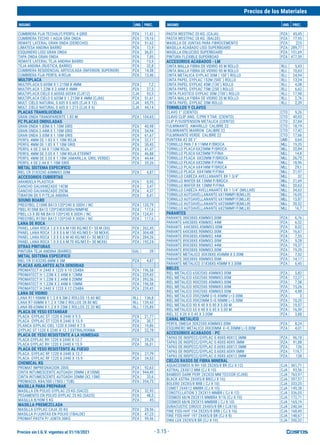 Precios sin I.G.V. vigentes al 31/10/2021
Precios de los Materiales
INSUMO UND. PREC. INSUMO UND. PREC.
- 3.15 -
CUMBRERA FIJA TECHALIT/PERFIL 4 GRIS PZA 11,41
CUMBRERA TECHO 1 AGUA GRA ONDA PZA 19,16
REMATE LATERAL GRAN ONDA (DERECHO) PZA 51,62
LIMATESA ANDINA BARRO PZA 13,9
ESQUINERO LISO GRAN ONDA PZA 36,01
TAPA ONDA GRAN ONDA PZA 7,05
REMATE LATERAL TEJA ANDINA BARRO PZA 13,9
TEJA ANDINA (RUSTICA, BARRO) PZA 32,8
CUMBRERA RESIDENCIAL ARTICULADA (INFERIOR, SUPERIOR) PZA 14,38
CUMBRERA FIJA PERFIL 4/ROJA PZA 13,46
MULTIPLACA
MULTIPLACA 0.605M X 1.215M X 4MM PZA 7,2
MULTIPLACA 1.22M X 2.44M X 4MM PZA 27,5
MULTIPLACA CIELO 0.605X0.605X4 (CJX12) CJA 53,5
MULTIPLACA CIELO 0.605M X 1.215M X 4MM (CJX6) PZA 51,61
MULT. CIELO NATURAL 0.605 X 0.605 (CJA X 12) CJA 45,75
MULT. CIELO NATURAL 0.605 X 1.215 (CJA X 6) CJA 44,14
PLACAS TRANSLUCIDAS
GRAN ONDA TRANSPARENTE 1.83 M. PZA 104,65
FC PLACAS ONDULADAS
GRAN ONDA 1.83M X 1.10M GRIS PZA 40,98
GRAN ONDA 2.44M X 1.10M GRIS PZA 54,94
GRAN ONDA 3.05M X 1.10M GRIS PZA 61,67
PERFIL 4MM DE 1.83 X 1.10M ROJA PZA 32,17
PERFIL 4MM DE 1.83 X 1.10M GRIS PZA 30,45
PERFIL 4 DE 2.44 X 110M ROJA PZA 41,47
PERFIL 4MM DE 3.05 X 1.10M ROJA ETERNIT PZA 46,88
PERFIL 4MM DE 3.05 X 1.10M (AMARILLA, GRIS, VERDE) PZA 44,44
PERFIL 4 DE 2.44 X 1.10M GRIS PZA 39,26
METAL SISTEMA ESPECIFICO
RIEL CR 31X32X0.60MMX3.00M PZA 4,87
ACCESORIOS CUBIERTAS
ARANDELA PLASTICA PZA 0,95
GANCHO GALVANIZADO 14CM PZA 3,47
GANCHO GALVANIZADO 20CM. PZA 4,37
TIRAFON DE 5 P/TEJA ANDINA PZA 0,41
SOUND BOARD
PREGYBEL C10N8 BA13 120*240 X 30DH / NC PZA 120,79
PBEL R15N8 BA13 120*240X30DH/NIMP4E PZA 117,6
PBEL L5 X 80 N8 BA13 120*240 X 30DH / NC PZA 124,41
PREGYBEL R15N1 BA13 120*240 X 30DH / NC PZA 117,6
LANA DE ROCA
PANEL LANA ROCA 1.0 X 0.6 M 100 KG/M3 E= 50 M (X6) PZA 262,45
PANEL LANA ROCA 1.0 X 0.6 M 150 KG/M3 E= 50 M(X4) PZA 304,48
PANEL LANA ROCA 1.0 X 0.6 M 40 KG/M3 E= 50 M(X12) PZA 284,26
PANEL LANA ROCA 1.0 X 0.6 M 70 KG/M3 E= 50 M(X6) PZA 192,24
OTRAS PINTURAS
PINTURA TEJA ANDINA (BARRO) GAL 39
METAL SISTEMA ESPECIFICO
RIEL CR 31X32X0.6MM X 3M PZA 4,87
PLACAS AISLANTES ALTA DENSIDAD
PROMATECT H 2440 X 1220 X 10 CS4BA PZA 196,58
PROMATECT H 1.22M X 2.44M X 12MM PZA 239,43
PROMATECT H 1.22M X 2.44M X 20MM PZA 393,56
PROMATECT H 1.22M X 2.44M X 10MM PZA 196,58
PROMATECT H 2440 X 1220 X 12 CS4BA PZA 239,43
LANA DE VIDRIO
LANA R11-90MM X 1.2 X 6.5M-2 ROLLOS 15.60 M2 RLL 136,8
LANA R7-50MM X 1.2 X 12M-2 ROLLOS 28.80 M2 RLL 139,43
LANA R8-65MM X 1.2 X 9.25M-2 ROLLOS 22.20 M2 RLL 135,89
PLACA DE YESO ESTANDAR
PLACA GYPLAC ST 1220 X 2440 X 9.5 PZA 21,77
PLACA GYPLAC ST 1220 X 2440 X 15.9 PZA 30,7
PLANCA GYPLAC CIEL 1220 X 2440 X 7.0 PZA 19,86
GYPLAC ST 1220 X 2240 X 12.7 EXTRALIVIANA PZA 22,78
PLACA DE YESO RESISTENTE A LA HUMEDAD
PLACA GYPLAC RH 1220 X 2440 X 12.7 PZA 29,29
PLACA GYPLAC RH 1220 X 2440 X 15.9 PZA 36,01
PLACA DE YESO RESISTENTE AL FUEGO
PLACA GYPLAC RF 1220 X 2440 X 12.7 PZA 27,79
PLACA GYPLAC RF 1220 X 2440 X 15.9 PZA 34,53
CHEMICAL KG
PROMAT IMPREGNACION 2000 PZA 92,63
CINTA INTUMESCENTE AUTOADH 20MM ( X100M) PZA 944,49
CINTA INTUMESCENTE AUTOADH 20MM (X2.15M) PZA 33,6
PROMACOL K84/500 (15KG / TUB) PZA 354,73
MASILLA PARA PREPARAR
MASILLA EN POLVO GYPLAC 25 KG (SACO) PZA 32,95
PEGAMENTO EN POLVO GYPLAC 25 KG (SACO) PZA 48,3
MASILLA B/90M 5 KG PZA 45
MASILLA PREMEZCLADA
MASILLA GYPLAC CAJA 20 KG PZA 28,56
MASILLA P/JUNTAS EN POLVO (1BALDE) PZA 47,23
PROMAT PASTA P/ JUNTA 30KG PZA 99,56
PASTA WESTPAC 20 KG. (CAJA) PZA 45,45
PASTA WESTPAC 28 KG. (BALDE) PZA 77,95
MASILLA DE JUNTAS PARA FIBROCEMENTO PZA 225
MASILLA ACABADO LISO SUPERBOARD PZA 289,77
MASILLA ENLUCIDO SUPERBOARD PZA 151,69
PINTURA FLEXIBLE SUPERBOAD PZA 477,59
ACCESORIOS ACABADOS - LM
CINTA MALLA FIBRA DE VIDRIO 45 M ROLLO RLL 5,43
CINTA MALLA FIBRA DE VIDRIO 90 M ROLLO RLL 10,63
CINTA METALICA GYPLAC 30M ( 100´) ROLLO RLL 24,94
CINTA PAPEL GYPLAC 152M (500¨) ROLLO RLL 13,24
CINTA PAPEL GYPLAC 45M (130´) ROLLO RLL 4,08
CINTA PAPEL GYPLAC 75M (250`) ROLLO RLL 6,62
CINTA PLASTICO GYPLAC 30M (100`) ROLLO RLL 17,98
CINTA MALLA FIBRA DE VIDRIO 20 M ROLLO RLL 2,76
CINTA PAPEL GYPLAC 20M ROLLO RLL 2,39
TORNILLOS Y CLAVOS
CLAVO 1" (CIENTO) CTO 9,26
CLAVO CLIP ANG. C/PIN Y TAR. (CIENTO) CTO 40,93
CLIP P/SUSPENSION METALICA (CIENTO) CTO 37,84
FULMINANTE AMARILLO CALIBRE 22 CTO 18,19
FULMINANTE MARRON CALIBRE 22 CTO 17,42
FULMINANTE VERDE CALIBRE 22 CTO 17,66
PUNTERA #2 DE 1" UND 0,64
TORNILLO PAN 7 X 11MM P/BROCA MLL 19,35
TORNILLO PLACA 6X25MM P/BROCA MLL 20,84
TORNILLO PLACA 6X25MM P/FINA MLL 14,8
TORNILLO PLACA 6X32MM P/BROCA MLL 26,75
TORNILLO PLACA 6X32MM P/FINA MLL 18,96
TORNILLO PLACA 6X41MM P/BROCA MLL 29,1
TORNILLO PLACA 6X41MM P/FINA MLL 21,97
TORNILLO CABEZA AVELLANANTE 8X 1 3/4" MLL 32
TORNILLO WAFER 8X 13MM P/BROCA MLL 21,69
TORNILLO WAFER 8X 13MM P/FINA MLL 20,63
TORNILLO CABEZA AVELLANANTE 8X 1 1/4" (MILLAR) MLL 54,63
TORNILLO AUTOAVELLANANTE 6X19MMP/B(MLLR) MLL 16,05
TORNILLO AUTOAVELLANANTE 6X19MMP/F(MLLR) MLL 13,87
TORNILLO AUTOAVELLANANTE 6X25MMP/B(MLLR) MLL 20,52
TORNILLO AUTOAVELLANANTE 6X25MMP/F(MLLR) MLL 16,7
PARANTES
PARANTE 38X38X0.45MMX3.00M PZA 6,76
PARANTE 64X38X0.45MMX2.44M PZA 6,52
PARANTE 64X38X0.45MMX3.00M PZA 8,02
PARANTE 64X38X0.90MMX3.00M PZA 16,67
PARANTE 89X38X0.45MMX2.44M PZA 7,55
PARANTE 89X38X0.45MMX3.00M PZA 9,28
PARANTE 89X38X0.90MMX2.44M PZA 19,37
PARANTE 89X38X0.90MMX3.00M PZA 19,35
PARANTE METALICO 30X38X0.454MM X 3.00M PZA 7,52
PARANTE 38X38X0.90MMX3.00M PZA 14,17
PARANTE METALICO 31X38X0.45MM X 3.00M PZA 6,45
RIELES
RIEL METALICO 65X25X0.45MMX3.00M PZA 5,82
RIEL METALICO 65X25X0.90MMX3.00M PZA 12,27
RIEL METALICO 90X25X0.45MMX3.00M PZA 7,58
RIEL METALICO 90X25X0.90MMX3.00M PZA 15,26
RIEL METALICO 39X25X0.45MMX3.00M PZA 4,88
RIEL METALICO 39X25MM E=0.45MM L=3.00M PZA 3
RIEL METALICO 39X25MM E=0.90MM L=3.00M PZA 10,35
RIEL METALICO 90 X 40 X 0.90 X 3.00 M PZA 19,57
RIEL METALICO 65 X 40 X 0.45 X 3.00 M PZA 16,59
RIEL 32 X 20 X 0.45 X 3.00M PZA 3,88
CANAL METALICO
PERFIL OMEGA 30X25X0.45MMX3.00M PZA 8,24
ESQUINERO METALICO 30X30MM E=0.30MM L=3.00M PZA 4,01
ACCESORIOS ACABADOS - PC
TAPAS DE INSPECC/GYPLAC 0.40X0.40X12.5MM PZA 96,18
TAPAS DE INSPECC/GYPLAC 0.40X0.40X9.5MM PZA 91,88
TAPAS DE INSPECC/GYPLAC 0.60X0.60X12.5MM PZA 126
TAPAS DE INSPECC/GYPLAC 0.60X0.60X9.5MM PZA 119,7
TAPAS DE INSPECC/GYPLAC 0.90X0.60X12.5MM PZA 138
CIELOS RASOS DE FIBRA MINERAL
AQUACOSMOS N RH 100 2X2X5/8 BR (CJ X 12) CJA 361,71
ASTRAL 2X4X12 MM (CJ X 10) CJA 93,56
BAMBOO DARK PERF 2X2X20 MM TECCOR (CJX8) CJA 763,97
BLACK ASTRA 2X4X5/8 BR(CJ X 16) CJA 397,57
BOLERO 2X2X5/8 BRB ( CJ X 10) CJA 333,25
COMET 2X4X12 MMBR (CJ X 10) CJA 149,38
CONSTELLATION 3 2X2X15 MMBR ( CJ X 12) CJA 336,05
COSMOS 68/N 2X2X15 MMBRA 9/16 (CJ X 10) CJA 172,71
COSMOS 68/N 2X2X15 MMBRB ( CJ X 10) CJA 165,19
DURACUSTIC CIROCO 2X4X5/8 BR ( CJX16) CJA 240,54
FINE FISS-HHF 154 2X2X5/8 BRB ( CJ X 16) CJA 168,45
FINE FISS-HHF 197 2X4X5/8 BR (CJ X 8) CJA 148,67
OWA LUX 2X2X5/8 BR (CJ X 10) CJA 350,32
 