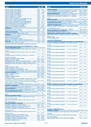 Precios sin I.G.V. vigentes al 31/10/2021
Precios de los Materiales
INSUMO UND. PREC. INSUMO UND. PREC.
- 3.17 -
TRIPLAY LUPUNA 4´X8´X4 MM B/C PZA 24.4
TRIPLAY LUPUNA 4´X8´X10 MM B/C PZA 54
TRIPLAY LUPUNA 4´X8´X6 MM B/C PZA 35.2
TRIPLAY LUPUNA 4´X8´X8 MM B/C PZA 44.6
TRIPLAY LUPUNA 4´X8´X9 MM B/C PZA 47
TRIPLAY CAPINURI 4´X 8´ X 18 MM PZA 84
TRIPLAY LUPUNA 4´X8´X18 MM PZA 84
TRIPLAY DOBLE FILM FENÓLICO 4'X8'X18MM ESTANDAR PZA 90.7
TRIPLAY 4' X 8' X 15 MM BC, PINO FENÓLICO PZA 73
TRIPLAY DOBLE FILM FENÓLICO 4'X8'X18MM ECOPANEL PZA 86.7
TRIPLAY DOBLE FILM FENÓLICO 4'X8'X18MM PREMIUM PZA 94.7
TRIPLAY PINO FENÓLICO 4'X8'X18MM B/B-IMP. PZA 90.7
TRIPLAY PVC FILM 2 CARAS 4'X8'X18MM PZA 129
TRIPLAY 4' X 8' X 18 MM BC, PINO FENÓLICO PZA 84,00
PARIHUELAS
PARIHUELA 3/4" X 1.00 X 1.20 MT UND 44
PARIHUELA TIPO EAN 1.00 X 1.20 MT UND 70
PISOS ESTRUCTURADOS
PISOS ESTRUCTURADOS 10MM X 150MM X 1.8M PZA 20 $
SERVICIOS
SERVICIO DE SECADO AL HORNO P2 0.6
SERVICIO DE MACHIEMBRADO P2 1.2
SERVICIO DE TRATAMIENTO TERMICO P2 0.4
SERVICIO DE TRATAMIENTO TÉRMICO POR PARIHUELA EAN PZA 2.5
VIGAS H20
VIGAS H20 1.80M - 3.60M - 4.2M - 4.8M M 32
La lista de precios incluye aserrio, corte y cepillado en Lima Metropolitana a partir de 1000
IMPORTADORATECNICAINDUSTRIALYCOMERCIALS.A.-ITICSA
ADITIVO IMPERMEABILIZANTE
ADITIVO IMPERMEABILIZANTE INTEGRAL LIQUIDO 1GAL - CHEMA 1
LIQUIDO
GAL 14,23
ADITIVO IMPERMEABILIZANTE INTEGRAL EN POLVO 1KG - CHEMA
1 POLVO
KG 5,85
IMPERMEABILIZANTE SUPERFICIAL LIQUIDO 1GAL - CHEMA SEA
GRIS INCL. SELLACRYLL
GAL 35,59
CHEMA TECHO BLANCO HUESO - GALON GAL 64,41
CHEMA TECHO GRIS - GALON GAL 64,41
IMPERMEABILIZANTE ANTISALITRE,CHEMA TOP POLVO - 1/4 GALON GAL 13,56
IMPERMEABILIZANTE ANTISALITRE- CHEMA TOP POLVO 1 GALON GAL 35,59
IMPERMEABILIZANTE ANTISALITRE, CHEMATOP TIPO PINTURA - 1/4
GALON
GAL 32,20
CHEMA ALQUITRAN - GALON GAL 40,25
CHEMA ALQUITRAN - LATA 5 GALONES GAL 176,19
CHEMATOP ANTISALITRE TIPO PINTURA - GALON GAL 137,29
ADITIVO IMPERMEABILIZANTE INTEGRAL 1 GAL - CHEMA BITUMEN GAL 16,86
ADITIVO ACELERANTE
CHEMA 3 - BIDON 5 GALONES GAL 135,59
CHEMA 3 - GALON GAL 29,66
CHEMA 5 - BIDON 5 GALONES GAL 114,41
CHEMA 5 - 1 GALON GAL 23,73
ACELERANTE DE FRAGUA SIN CLORUROS -CHEMA ESTRUCT - BIDON
5 GALONES ACELERANTE DE FRAGUA SIN CLORUROS -CHEMA ES-
TRUCT - BIDON 5 GALONES ACELERANTE DE FRAGUA SIN CLORUROS
-CHEMA ESTRUCT - BIDON 5 GALONES
GAL 253,39
ACELERANTE DE FRAGUA SIN CLORUROS -CHEMA ESTRUCT - GALÓN GAL 51,69
ADITIVO PLASTIFICANTE
ADITIVO PLASTIFICANTE LIQUIDO 1GAL - CHEMA PLAST GAL 19,92
ADITIVO EXPANSIVO
FRACTURADOR DE ROCAS Y CONCRETO -CHEMA CRACK - 5 KG. KG 100,85
ADITIVO ENDURECEDOR DE PISO
ENDURECEDOR SUPERFICIAL PARA PISO -CHEMADUR XF - BOLSA 25
KILOS
KG 58,47
ADITIVO SELLADOR DE JUNTAS
ADHESIVO Y SELLANTE DE JUNTAS -CHEMA JUNTA FLEX 100 FC
GRIS - CARTUCHO 300 ML
L 13,98
ADHESIVO Y SELLANTE DE JUNTAS -CHEMA JUNTA FLEX 100 FC
GRIS - MANGA 600 ML
L 24,49
ADITIVO PEGAMENTO Y ADHESIVO
PEGAMENTO CHEMAYOLIC EN PASTA DE 1 GL GAL 52,12
PEGAMENTO CHEMAYOLIC BLANCO FLEXIBLE - 25 KG BLS 31,27
PEGAMENTO CHEMAYOLIC BLOCK VIDRIO - 10 KG KG 32,12
PEGAMENTO CHEMAYOLIC CERAMICOS PORCELANATOS Y GRES
PORCELAN-25 KG
BLS 20,25
PEGAMENTO CHEMAYOLIC EXTERIORES PORCELANATOS Y GRES
PORCELAN-25KG
BLS 22,80
PEGAMENTO CHEMAYOLIC EXTRAFUERTE - 25 KG BLS 26,19
PEGAMENTO SANSON BLANCO FLEXIBLE X 25 KG. BLS 25,34
PEGAMENTO SANSON EXTRAFUERTE X 25 KG. BLS 22,80
PEGAMENTO CHEMAYOLIC INTERIORES -25KG BLS 14,32
PEGAMENTO SANSON X 25 KG. BLS 10,93
ADITIVO CURADOR
CURADOR MEMBRANIL REFORZADO P/CONCRETO - 5 GALONES GAL 56,78
CURADOR MEMBRANIL VISTA P/CONCRETO - 1 GALON GAL 21,19
ADITIVO DESMOLDANTE
DESMOLDANTE P/ENCOFRADO DE MADERA 1GAL - CHEMALAC GAL 118,64
DESMOLDANTE P/ENCOFRADO DE MADERA 1GAL - CHEMALAC
EXTRA
GAL 83,90
ADITIVO SELLADOR
SELLADOR ACRÍLICO -BELLAFRAGUA TRANSPARENTE - LITRO L 22,03
POLIURETANO PARA PISOS
CHEMATHANE POLIURETANO PARA PISOS - GALON GAL 211,02
MORTERO AUTONIVELANTE
MORTERO EXPANSIVO -CHEMA GROUT - 25 KG. MORTERO EXPANSI-
VO -CHEMA GROUT - 25 KG.
KG 50,00
MORTERO AUTONIVELANTE -CHEMA LISTO - 25 KILOS KG 46,61
ADITIVO INHIBIDOR DE LA CORROSIÓN
INHIBIDOR DE LA CORROSIÓN -CHEMA - 01 GALON GAL 46,61
REMOVEDOR DE INCRUSTACIONES DE FRAGUA Y CEMENTO
REMOVEDOR DE INCRUSTACIONES DE FRAGUA Y CEMENTO -CHEMA
REMOVE LITRO
L 16,86
Descuentos de acuerdo a volumen
INDUSTRIASTECNOPORSAC
PLANCHA TERMOPOR (POLIESTIRENO EXPANDIDO) P/CONSTRUCCION
PLANCHA POLIESTIRENO EXPANDIDO 1/2" 2.40 X 1.20 M D=10
KG/M3
PZA 5,93
PLANCHA POLIESTIRENO EXPANDIDO 3/4" 2.40 X 1.20 M D=10
KG/M3
PZA 8,05
PLANCHA POLIESTIRENO EXPANDIDO 1" 2.40 X 1.20 M D=10
KG/M3
PZA 10,17
PLANCHA POLIESTIRENO EXPANDIDO 1.1/2" 2.40 X 1.20 M D=10
KG/M3
PZA 15,25
PLANCHA POLIESTIRENO EXPANDIDO 2" 2.40 X 1.20 M D=10
KG/M3
PZA 20,34
PLANCHA POLIESTIRENO EXPANDIDO 2.1/2" 2.40 X 1.20 M D=10
KG/M3
PZA 26,27
PLANCHA POLIESTIRENO EXPANDIDO 3" 2.40 X 1.20 M D=10
KG/M3
PZA 30,52
PLANCHA POLIESTIRENO EXPANDIDO 3 1/2" 2.40 X 1.20 M D=10
KG/M3
PZA 36,44
PLANCHA POLIESTIRENO EXPANDIDO 4" 2.40 X 1.20 M D=10
KG/M3
PZA 40,68
PLANCHA POLIESTIRENO EXPANDIDO 5" 2.40 X 1.20 M D=10
KG/M3
PZA 50,85
PLANCHA POLIESTIRENO EXPANDIDO 6" 2.40 X 1.20 M D=10
KG/M3
PZA 61,02
PLANCHA POLIESTIRENO EXPANDIDO 7" 2.40 X 1.20 M D=10
KG/M3
PZA 71,19
PLANCHA POLIESTIRENO EXPANDIDO 8" 2.40 X 1.20 M D=10
KG/M3
PZA 81,36
PLANCHA TERMOPOR (POLIESTIRENO EXPANDIDO) P/REFIGERACION
PLANCHA POLIESTIRENO EXPANDIDO 1/2" 2.40 X 1.20 M D=16
KG/M3
PZA 8,47
PLANCHA POLIESTIRENO EXPANDIDO 3/4" 2.40 X 1.20 M D=16
KG/M3
PZA 11,86
PLANCHA POLIESTIRENO EXPANDIDO 1" 2.40 X 1.20 M D=16
KG/M3
PZA 15,25
PLANCHA POLIESTIRENO EXPANDIDO 1.1/2" 2.40 X 1.20 M D=16
KG/M3
PZA 22,03
PLANCHA POLIESTIRENO EXPANDIDO 2" 2.40 X 1.20 M D=16
KG/M3
PZA 28,81
PLANCHA POLIESTIRENO EXPANDIDO 2.1/2" 2.40 X 1.20 M D=16
KG/M3
PZA 35,59
PLANCHA POLIESTIRENO EXPANDIDO 3" 2.40 X 1.20 M D=16
KG/M3
PZA 42,37
ITALGRIF-VSIINDUSTRIALS.A.C
GRIFERÍA DE COCINA
LLAVE DE LAVADERO A LA PARED LÍNEA COLAN C/PICO GIRATORIO
CROMADO
PZA 26,19
MEZCLADORA DE LAVADERO AL MUEBLE LÍNEA COLAN C/PICO
GIRATORIO CROMADO
PZA 51,61
GRIFO LAVADERO LÍNEA COLAN C/AEREADOR CROMADA PZA 14,32
 