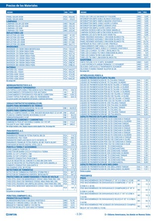 $ = Dólares Americanos, los demás en Nuevos Soles
Precios de los Materiales
INSUMO UND. PREC. INSUMO UND. PREC.
- 3.24 -
PANEL SOLAR 265W PZA 436,44
PANEL SOLAR 340W PZA 533,9
LÁMPARAS
LÁMPARA SOLAR LED 40W UND 186,44
LÁMPARA SOLAR LED 60W UND 254,24
LÁMPARA LED 50W UND 152,54
LÁMPARA LED 100W UND 220,34
REFLECTORES LED
REFLECTOR LED 30W UND 41,53
REFLECTOR LED 50W UND 62,71
REFLECTOR LED 100W UND 105,93
REFLECTOR LED 200W UND 211,86
REFLECTOR LED 300W UND 262,71
INVERSORES
INVERSOR 12V 300W ONDA MODIFICADA PZA 152,54
INVERSOR 12V 300W ONDA PURA PZA 296,61
INVERSOR 12V 500W ONDA PURA PZA 423,73
INVERSOR 24V 1000W ONDA PURA PZA 781,36
INVERSOR 12V 2000W ONDA PURA PZA 1635,59
INVERSOR 24V 2000W ONDA PURA PZA 1635,59
INVERSOR 24V 4000W ONDA PURA PZA 2788,14
INVERSOR 48V 4000W ONDA PURA PZA 2788,14
BATERIAS
BATERÍA GEL 100AH PZA 644,07
BATERÍA GEL 150AH PZA 953,39
BATERÍA AGM 100AH PZA 474,58
BATERÍA AGM 150AH PZA 775,42
BATERÍA AGM 200AH PZA 1004,24
No incluye IGV.
MERIDIANPROYECTOSS.A.C.
LEVANTAMIENTO TOPOGRAFICO
LEV.TOPOG.C/GPS DOBLE FRECUENCIA ALTA PRECISION PTO 250 $
LEVANTAMIENTO TOPOGRAFICO POR HECTAREA HA 85 $
LEVANTAMIENTO TOPOGRAFICO POR KM DE CARRETERA KM 1250 $
LEVANT.TOPOG.POR KM DE LINEA DE TRANSMISION KM 620 $
Los precios pueden variar dependiendo del metrado y condiciones del terreno.
OXIGASCONTRATISTASGENERALESSRL
EQUIPO PARA MOVIMIENTO DE TIERRAS
CARGADOR RETROEXCAVADOR BL744 82 KW HM 60,95 $
EQUIPO PARA COMPACTACION
RODILLO COMPACTADOR 2.5 TON. WACKER NEUSON RD27 37.41 HP HM 320,4
PLANCHA COMPACTADORA REVERSIBLE 9.5 HP HM 36,2 $
VIBROAPISONADOR 2.4 HP HM 15,8 $
VEHICULOS (CAMIONES Y CAMIONETAS)
CAMIONETA PICK-UP 4X4 DOBLE CABINA 161-197 HP HM 115,2
VOLQUETE 6X4 19M3 338KW HM 388,6
No incluye traslado a obra. Equipos mayores minino alquiler 8 hrs. No incluye IGV.
PARARAYOSS.A.C.
PARARRAYOS
PARARRAYOS FRANKLIN TETRA PUNTAL BR.CR. PZA 114 $
PARARRAYOS PDC THOR PZA 890 $
PARARAYOS IONIFLASH MACH 60 R.104 NIVEL III. PZA 1153 $
PARARRAYO FRANKLIN TETRA PUNTAL DE BR. PUNTA BLUNT PZA 108 $
CONTADOR DE RAYOS DIGITAL CITEL LSC-A PZA 230 $
PUESTA A TIERRA Y ACCESORIOS
DOSIS QUIMICA THOR-GEL $ PZA 21,6 $
CONECTOR BR BARRA 5/8 3/4 P/PUESTA A TIERRA PZA 5,4 $
BARRA CU 3/4" C/PUNTA 2.4M PZA 92 $
BARRA CU 5/8" C/PUNTA 2.4M PZA 63 $
CEMENTO CONDUCTIVO THOR-CEM $ BLS 25,4 $
CAJA DE REGISTRO DE CONCRETO 0.4X0.4M CON TAPA PZA 10,5 $
CAJA DE REGISTRO DE POLIPROPILENO CON TAPA AMARILLA PZA 8,9 $
CEMENTO CONDUCTIVO SAN-EARTH $ BLS 55 $
VIA CHISPAS CITEL BF-PC250 PZA 115 $
DETECTORES DE TORMENTAS
DETECTOR DE TORMENTAS PORTÁTIL STORM PRO 2 PZA 897 $
DETECTOR DE TORMENTAS PORTÁTIL SKYSCAN P5 PZA 367 $
PROTECTORES DE SOBRETENSIONES Y PICOS DE VOLTAJE
TVSS CITEL DS42-230 MONOFÁSICO 220VAC 40KA PARA RIEL DIN. PZA 125 $
TVSS CITEL DS43-230 TRIFÁSICO 220VAC 40KA PARA RIEL DIN. PZA 160 $
TVSS CITEL DS250VG-300 UNIPOLAR 220VAC 70KA PARA RIEL DIN. PZA 193 $
TVSS CITEL MSB230HF MONOFÁSICO 220VAC 10KA, 16A, CONEXIÓN
SERIE
PZA 169 $
Los precios no incluyen fletes
PERUTOOLCOMPANYE.I.R.L.
PRODUCTOS ELECTRICOS
ALARGADOR MULTIUSO 4 SALIDAS UYUSTOOLS UND 15,76
BRAQUETA T/MICKIE DOBLE 120 CM/ T8 FSL UND 6,36
BRAQUETA T/MICKIE SIMPLE 120 CM FSL UND 5,51
DETECTOR DE BILLETE 220V 60HZ OTTOKING UND 13,56
FOCO LED 12W LUZ DIA BASE E27 FULGORE UND 5,08
INTERRUPTOR EMPO DOBLE BLANCA UYUSTOOLS UND 5,08
INTERRUPTOR EMPO SIMPLE MADERA UYUSTOOLS UND 5,08
INTERRUPTOR EMPO. DOBLE ACERO C/CURVA UND 5,93
INTERRUPTOR EMPO.SIMPLE DORADO UYUS UND 5,08
INTERRUPTOR SIMPLE ACERO CURVA UYUS UND 5,93
LAMPARA DICROICA MR16/5W/3000K AMARILLO UND 5,08
LAMPARA DICROICA MR16/5W/6500K BLANCA FSL UND 5,08
LAMPARA LED GU10 5W 90-265V 6500K FSL UND 5,08
PANEL REDONDO ADOSABLE 12W/6500K BLANCO FSL UND 12,71
PANEL REDONDO ADOSABLE 18W/6500K BLANCO FSL UND 16,1
PANEL REDONDO ADOSABLE 24W/6500K BLANCO FSL UND 23,76
SUPRESOR DE PICO 3 MTS X 4 ENT. PROFIELD UND 15,25
TOMACORRIENTE EMP DOBLE C/T ACERO C/CURVA UND 6,36
TOMACORRIENTE EMPO. DOBLE C/T DORADO UYUSTOOLS UND 5,92
TUBO LED C/CANOA T5/14W/1.2M BLANCA FSL UND 10,59
TUBO LED C/CANOA T5/10W/0.90M/6500K BLANCA UND 8,9
TUBO LED CANOA T8 9W 0.6M 6500K LB UND 10,59
TUBO LED T8/18W/1.2M/6500K BLANCA FSL UND 8,47
GASFITERIA
CINTA TEFLON 1/2 X 12 MTS. SCHUBERT UND 0,42
LLAVE ESFERICA P/JARDIN CROMADA 1/2 SCHUBERT UND 5,93
SILICONA CARTUCHO C/TRANPARENTE SCHUBERT UND 5,08
SILICONA P/VIDRIO TRANSP. BLISTER 50 GR. UND 2,12
No incluye IGV.
PETRÓLEOSDELPERÚS.A.
ASFALTO PRECIOS EX-PLANTA TALARA
LIQUIDO DE PAVIMENTACION RC 70 (TALARA) TANQUE GAL 7,39
LIQUIDO DE PAVIMENTACION RC 70 (TALARA) CILINDRO GAL 7,44
SOLIDO DE PAVIMENTACION PEN 40/50 TALARA A TANQUE GAL 7,28
SOLIDO DE PAVIMENTACION PEN 40/50 TALARA A CILINDR GAL 7,33
SOLIDO DE PAVIMENTACION PEN 60/70 TALARA A TANQUE GAL 7,28
SOLIDO DE PAVIMENTACION PEN 60/70 TALARA A CILINDRO GAL 7,33
SOLIDO DE PAVIMENTACION PEN 85/100 TALARA A TANQUE GAL 7,28
SOLIDO DE PAVIMENTACION PEN 85/100 TALARA A CILIND GAL 7,33
SOLIDO DE PAVIMENTACION PEN 120/150 TALARA A TANQU GAL 7,28
SOLIDO DE PAVIMENTACION PEN 120/150 TALARA A CILIND GAL 7,33
LIQUIDO DE PAVIMENTACION RC 250 (TALARA) TANQUE GAL 7,37
LIQUIDO DE PAVIMENTACION RC 250 (TALARA) CILINDRO GAL 7,42
LIQUIDO DE PAVIMENTACION MC 70 (TALARA) TANQUE GAL 7,98
LIQUIDO DE PAVIMENTACION MC 70 (TALARA) CIL GAL 8,03
LIQUIDO DE PAVIMENTACION MC 30 (TALARA) TANQUE GAL 8,03
LIQUIDO DE PAVIMENTACION MC 30 (TALARA)CIL. GAL 8,08
ASFALTO PRECIOS EX-PLANTA CONCHAN
SOLIDO DE PAVIMENTACION PEN 10/20 CONCHAN A TANQUE GAL 7,57
SOLIDO DE PAVIMENTACION PEN 10/20 CONCHAN A CILINDRO GAL 7,63
SOLIDO DE PAVIMENTACION PEN 20/30 CONCHAN TANQUE GAL 7,57
SOLIDO DE PAVIMENTACION PEN 20/30 CONCHAN CILINDRO GAL 7,63
SOLIDO DE PAVIMENTACION PEN 40/50 CONCHAN A TANQUE GAL 7,28
SOLIDO DE PAVIMENTACION PEN 40/50 CONCHAN A CILINDR GAL 7,33
SOLIDO DE PAVIMENTACION PEN 60/70 CONCHAN A TANQUE GAL 7,28
SOLIDO DE PAVIMENTACION PEN 60/70 CONCHAN A CILINDRO GAL 7,33
SOLIDO DE PAVIMENTACION PEN 85/100 CONCHAN A TANQUE GAL 7,28
SOLIDO DE PAVIMENTACION PEN 85/100 CONCHAN A CILIND GAL 7,33
SOLIDO DE PAVIMENTACION PEN 120/150 CONCHAN A TANQU GAL 7,28
SOLIDO DE PAVIMENTACION PEN 120/150 CONCHAN A CILIN GAL 7,33
LIQUIDO DE PAVIMENTACION RC 70 (CONCHAN)CIL. GAL 7,39
LIQUIDO DE PAVIMENTACION RC 70 (CONCHAN)TANQ. GAL 7,44
LIQUIDO DE PAVIMENTACION RC 250 (CONCHAN) TANQUE GAL 7,37
LIQUIDO DE PAVIMENTACION RC 250 (CONCHAN) CILINDRO GAL 7,42
LIQUIDO DE PAVIMENTACION MC 70 (CONCHAN) TANQUE GAL 7,98
LIQUIDO DE PAVIMENTACION MC 70 (CONCHAN) CIL GAL 8,03
LIQUIDO DE PAVIMENTACION MC 30 (CONCHAN)TANQ. GAL 8,03
LIQUIDO DE PAVIMENTACION MC 30 (CONCHAN)CIL. GAL 8,08
ASFALTO PRECIOS EX-PLANTA MOLLENDO
LIQUIDO DE PAVIMENTACION RC 250 (MOLLENDO) TANQUE GAL 7,46
LIQUIDO DE PAVIMENTACION RC 250 (MOLLENDO) CILINDRO GAL 7,51
Precios en planta
PISOSBRYCE
PISOS
PISO MACHIEMBRADO EN ESTORAQUE (1" X5" X 0.05M A 2.10 M). M2 78 $
PISO MACHIEMBRADO EN SHIHUAHUACO CHAMPAGNE (1" X5" X
0.05M A 3..60 M).
M2 73 $
PISO MACHIEMBRADO EN SHIHUAHUACO CHAMPAGNE(3/4" X5" X
0.05M A 3.60 M).
M2 65 $
PISO MACHIEMBRADO EN SHIHUAHUACO ROJO (1" X5" X 0.05M A
3.60 M).
M2 74 $
PISO MACHIEMBRADO EN SHIHUAHUACO ROJO(3/4" X5" X 0.05M A
3.60 M).
M2 66 $
PISO MACHIEMBRADO PRE-ACABADO EN SHIHUAHUACO CHAMPAG-
NE(3/4" X5" X 0.05M A 2.10 M).
M2 68 $
 