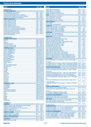 $ = Dólares Americanos, los demás en Nuevos Soles
Precios de los Materiales
INSUMO UND. PREC. INSUMO UND. PREC.
- 3.28 -
ROCALISAS.R.L.
PIEDRAS CUARSITICAS
LAJA AREQUIPEÑA RECTANGULAR M2 60,00
LAJA AREQUIPEÑA IRREGULAR M2 40,00
PIZARRA NEGRA IRREGULAR (ALTO TRANSITO) M2 45,00
PIZARRA NEGRA FORMATO 30X30 (ALTO TRANSITO) M2 120,00
FACHALETAS H=5CM LARGOS VARIABLES M2 120,00
PIEDRAS GRANITICAS
PIEDRA GRANITICA 40X40 M2 85,00
PIEDRA GRANITICA 30X30 M2 85,00
PIEDRA GRANITICA 20X20 M2 85,00
PIEDRA GRANITICA 15X15 M2 85,00
PIEDRA GRANITICA 10X10 M2 80,00
PIEDRA GRANITICA IRREGULARES M2 35,00
FACHALETA H=5CM POR LARGOS VARIABLES M2 80,00
FACHALETA H=2.5CM POR LARGOS VARIABLES M2 140,00
LADRILLO ROCOCHO 20X7X2CM M2 85,00
CANTO RODADO NEGRO DE 30 KG BLS 25,00
CANTO RODADO BLANCO DE 30 KG BLS 30,00
Lista de precios no incluye flete
ROTONDEPERU
CHIMENEAS ELÉCTRICAS
NISSUM L UND 1398,31 $
SP16 UND 1169,49 $
SYNERGY UND 1084,75 $
OPTIMYST BASKET UND 983,05 $
OPTIMYST CASSETTE 600 UND 932,2 $
OPTIMYST CASSETTE 400 UND 889,83 $
CHIMENEAS A GAS
ASPECT PREMIUM ST XL UND 5508,47 $
ASPECT PREMIUM RD XL UND 5508,47 $
ASPECT PREMIUM ST L UND 5042,37 $
ASPECT PREMIUM RD L UND 5042,37 $
DUET SMART XL UND 5042,37 $
TRIPLE PREMIUM XL UND 5042,37 $
RELAXED PREMIUM XL UND 4644,07 $
TRIPLE SMART L UND 4135,59 $
RELAXED PREMIUM M UND 4084,75 $
DUET SMART L UND 4067,8 $
TRIPLE SMART M UND 3728,81 $
SKIVE UND 3728,81 $
RELAXED PREMIUM SMART L UND 3627,12 $
DUET SMART M UND 3627,12 $
ODENSE UND 3305,08 $
JELLING UND 3118,64 $
FYN 600 UND 2822,03 $
FARUM UND 2720,34 $
THE TUBE UND 2627,12 $
FOCUS 180 UND 2533,9 $
FYN 450 UND 2415,25 $
FOCUS 130 UND 2262,71 $
FOCUS 80 UND 2025,42 $
THE BUZZ UND 1923,73 $
FOCUS 60 UND 1872,88 $
FOCUS 40 UND 1745,76 $
CHIMENEAS A LEÑA
STILKAMIN XL UND 4813,56 $
STILKAMIN L UND 4491,53 $
STILKAMIN S UND 3644,07 $
SERE 100 UND 2872,88 $
GLANCE FREE STANDING UND 2796,61 $
GLANCE WALL MOUNTED UND 2796,61 $
E30L UND 2627,12 $
SERE 70 UND 2279,66 $
E30S UND 2271,19 $
H03/80 UND 2118,64 $
E20NS UND 1805,08 $
HGB70 UND 1601,69 $
NO INCLUYE IGV.
SODIMACS.A
CEMENTOS
CEMENTO REFRACTARIO 1000 BBQ BOLSA 5KG SCHEMIN BLS 12,29
CEMENTO REFRACTARIO YELLOW 5KG BLS 16,02
CEMENTO PORTLAND TIPO I (BLS.:42.5 KG) EL SOL BLS 20,85
CEMENTO ANDINO TIPO HS BLS 22,46
CEMENTO PÓRTLAND TIPO GU APU BLS 18,56
CEMENTOS GRANEL
CEMENTO BLANCO 1 KG CHEMA KG 3,64
CEMENTO GRIS X 1 KG MARTELL KG 2,92
MEZCLAS PREDOSIFICADAS
MORTERO FACIL 40 KG TOPEX BLS 10,08
AGREGADOS
ARENA FINA 40 KG TOPEX BLS 5,85
ARENA FINA X 2KG MARTELL BLS 2,71
ARENA GRUESA 40 KG TOPEX BLS 5,85
ARENA GRUESA X 2KG MARTELL BLS 3,81
PIEDRA CHANCADA 1/2" 40 KG TOPEX BLS 5,85
OCRE
OCRE NEGRO BOLSA 1 KG TOPEX KG 11,78
OCRE ROJO BOLSA 1 KG TOPEX KG 15,17
OCRE VERDE BOLSA 1 KG TOPEX KG 10,93
OCRE AMARILLO BOLSA 1 KG TOPEX KG 10,93
COMPLEMENTOS
YESO 2 KG P.E BLS 9,32
CAL DE OBRA X 20 KG MARTELL BLS 13,14
LADRILLOS
LADRILLO REFRACTORIO 1 1/4" SCHEMIN PZA 5
LADRILLO REFRACTORIO 1" SCHEMIN PZA 4,66
LADRILLO REFRACTORIO 3/4" SCHEMIN PZA 3,31
LADRILLO TECHO 15X30X30 PIRAMIDE PZA 2,58
CASETONES
CASETON 1.20X0.3X0.15M INDUPOL PZA 11,02
CASETON 1.20X 0.3X0.12 M INDUPOL PZA 9,32
CANALETAS
ABRAZADERA MATUSITA TIGRE PZA 2,18
CANALETA DN 125MMX3MT MATUSITA TIGRE PZA 45,02
CODO 60º CIRCULAR MATUSITA TIGRE PZA 7,61
CONDUCTOR CIRCULAR 125 MM X 3 MT MATUSITA TIGRE PZA 44,3
RAMAL 60º CIRCULAR MATUSITA TIGRE PZA 8,46
SOPORTE DOBLADO MATUSITA TIGRE PZA 10,43
SOPORTE METALICO MATUSITA TIGRE PZA 41,28
SOPORTE PVC MATUSITA TIGRE PZA 5,1
TAPA DERECHA MATUSITA TIGRE PZA 5,79
TAPA IZQUIERDA MATUSITA TIGRE PZA 5,65
VARILLA METALICA MATUSITA TIGRE PZA 28,92
CONECTOR HCP BASE CLEAR 5.90 M POLYARQ PZA 70,25
CONECTOR HCP TAPA CLEAR 5.90 M POLYARQ PZA 70,25
ANGULO PLANO BLANCO 22 X 10 MM SCHNEIDER ELECTRIC PZA 2,03
ANGULO EXTERNO BLANCO 22 X 10 MM SCHNEIDER ELECTRIC PZA 2,37
ANGULO INTERNO BLANCO 22 X 10 MM SCHNEIDER ELECTRIC PZA 2,03
CALAMINAS
TECHO TRAPEZOIDAL PV4 TUPEMESA 1.05 M X 3.60M 0.30MM
TUPEMESA
PZA 84,66
CALAMINA METÁLICA 0.22MM X 0.8MM X 3.6M ACEROS AREQUIPA PZA 27,88
CALAMINA METÁLICA 0.20 MM X 0.8 M X 3.6 M ACEROS AREQUIPA PZA 24,41
CALAMINA METÁLICA 0.14 MM X 0.8 M X 3.6 M ACEROS AREQUIPA PZA 18,56
TECHO DE POLIPROPILENO
PLANCHA ONDULADA TAMICORP 1.6 MM 1.10 M X 3.05M ROJO P.E PZA 84,66
TECHO DE POLIPROPILENO FLEXIFORTE ROJO 1.2MM-1.1X3.05M
FIBRAFORTE
PZA 36,02
TECHO DE POLIPROPILENO ROJO 1.1 MM 3.05X1.10M TAMICORP PZA 23,64
TECHO DE POLIPROPILENO ROJO 1.10X3.00 M CARPITECHO PZA 24,15
CARPINTECHO ECONÓMICO BLANCO 3.00 X 1.05 M FIBRAFORTE PZA 42,29
TECHO POLIPROPILENO TRASLUCIDO AMBAR 3.05 X 1.10M X 1MM
P.E
PZA 76,36
TECHO DE POLIPROPILENO TECHOPLUS BLANCO 1MM X 0.83 X
1.83 M FIBRAFORTE
PZA 37,54
CUMBRERA TEJAFORTE POLIPROPILENO 1.10 MM X 0.76 M FIBRA-
FORTE
PZA 35
TECHO DE FIBROCEMENTO
PERFIL 4MM DE 3.05 X 1.10M GRIS ETERNIT PZA 38,14
TECHO GRAN ONDA FIBROCEMENTO GRIS 5MM 1.10X3.05 M
ETERNIT
PZA 55,93
TEJA ANDINA CUMBRERA INFERIOR ETERNIT PZA 13,98
TEJA ANDINA CUMBRERA SUPERIOR ETERNIT PZA 14,83
PLANCHA DE POLICARBONATO
CONECTOR HCP TAPA CLEAR 2.95 M POLYARQ PZA 35,17
CONECTOR HCP BASE CLEAR 2.95 M POLYARQ PZA 35,17
CIELO RASO
CIELO RASO OLYMPIA 1.20 X 0.60 M X 12 MM SKYLINE PZA 18,65
CIELO RASO BALDOSA FISSURE TOPEX PZA 16,91
CIELO RASO BALDOSA DE POLICARBONATO 8 UNIDADES 1.22 X 0.61
X 4 MM POLYARQ
PZA 13,65
PLANCHA DE YESO
PLANCHA DE DRYWALL 1/2" X 1.22 X 2.44 M RH VOLCAN PZA 30,51
PLANCHA DE DRYWALL 1/2" X 1.22 X 2.44 M VOLCAN PZA 22,54
PLANCHA DE DRYWALL 3/8" X 1.22 X 2.44 M ST GYP P.E PZA 21,69
PLANCHA DE FIBROCEMENTO
PLANCHA DE FIBROCEMENTO 6 MM X 2.44 M X 1.22 M VOLCAN PZA 39,41
PLANCHA FIBROCEMENTO 1.22 M X 2.44 M X 4MM ETERNIT PZA 55,08
PLANCHA FIBROCEMENTO 1.22 M X 2.44 M X 6MM ETERNIT PZA 39,41
PLANCHA FIBROCEMENTO 1.22 M X 2.44 M X 8MM ETERNIT PZA 23,73
MULTIPLACA CIELO 0.605M X 1.215M X 4MM (CJX6) PZA 59,42
 