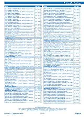 Precios sin I.G.V. vigentes al 31/10/2021
Precios de los Materiales
INSUMO UND. PREC. INSUMO UND. PREC.
- 3.31 -
LLAVE DE DUCHA CROMO CON SALIDA DE DUCHA VSI MASSAGE,
COLECCIÓN NIZA LINEA MARES
PZA 139,75
LLAVE DE DUCHA CROMO CON SALIDA DE DUCHA ESPAÑOLA STD.
COLECCIÓN DELPHIS LINEA MARES
PZA 124,49
LLAVE DE DUCHA CROMO CON SALIDA DE DUCHA ESPAÑOLA STD.
COLECCIÓN EGEO LINEA MARES
PZA 128,73
LLAVE DE DUCHA CROMO CON SALIDA DE DUCHA ESPAÑOLA STD.
COLECCIÓN NIZA LINEA MARES
PZA 137,2
LLAVE DE DUCHA CROMO CON SALIDA DE DUCHA ESPAÑOLA STD.
COLECCIÓN BALI LINEA MARES
PZA 145,68
LLAVE DE DUCHA CROMO CON SALIDA DE DUCHA ESPAÑOLA STD.
COLECCIÓN MAUI LINEA MARES
PZA 160,93
LLAVE DE DUCHA STANDARD (NO INCLUYE SALIDA DE DUCHA)
COLECCIÓN AVANTE LINEA CLASSIC
PZA 93,14
LLAVE DE DUCHA STANDARD (NO INCLUYE SALIDA DE DUCHA)
COLECCIÓN SKY LINEA CLASSIC
PZA 101,61
LLAVE DE DUCHA PESADA (NO INCLUYE SALIDA DE DUCHA) COLEC-
CIÓN AVANTE LINEA CLASSIC
PZA 148,22
LLAVE DE DUCHA PESADA (NO INCLUYE SALIDA DE DUCHA) COLEC-
CIÓN SKY LINEA CLASSIC
PZA 160,93
LLAVE DE LAVADERO
LLAVE DE LAVADERO A LA PARED CROMO PICO "L" COLECCIÓN
AQUARIUS LINEA MARES
PZA 90,59
LLAVE DE LAVADERO A LA PARED CROMO PICO "L" COLECCIÓN
CRISTAL LINEA MARES
PZA 110,08
LLAVE DE LAVADERO A LA PARED CROMO PICO "L" COLECCIÓN EGEO
LINEA MARES
PZA 118,56
LLAVE DE LAVADERO A LA PARED CROMO PICO "L" COLECCIÓN BALI
LINEA MARES
PZA 127,03
LLAVE DE LAVADERO CROMO A LA PARED PICO DE COCINA
"L"COLECCIÓN AVANTE LINEA CLASSIC
PZA 148,22
LLAVE DE LAVADERO CROMO BAR AL MUEBLE PICO DE COCINA
"L"COLECCIÓN AVANTE LINEA CLASSIC
PZA 190,59
LLAVE DE LAVATORIO
LLAVE DE LAVATORIO STANDARD AL MUEBLE COLECCIÓN AVANTE
LINEA CLASSIC
PZA 139,75
LLAVE DE LAVATORIO STANDARD AL MUEBLE COLECCIÓN SKY
LINEA CLASSIC
PZA 152,46
LLAVE DE LAVATORIO A LA PARED COLECCIÓN AVANTE LINEA
CLASSIC
PZA 203,31
LLAVE DE LAVATORIO A LA PARED COLECCIÓN SKY LINEA CLASSIC PZA 237,2
MEZCLADORAS DE LAVATORIO
MEZCLADORA DE LAVATORIO AL MUEBLE DE 4" EN BRONCE COLEC-
CIÓN AVANTE LINEA CLASSIC
PZA 313,47
MEZCLADORA DE LAVATORIO AL MUEBLE DE 4" EN BRONCE COLEC-
CIÓN SKY LINEA CLASSIC
PZA 338,9
MEZCLADORA DE LAVATORIO AL MUEBLE DE 4" PICO FLO COLEC-
CIÓN AVANTE LINEA CLASSIC
PZA 508,39
MEZCLADORA DE LAVATORIO AL MUEBLE DE 4" PICO FLO COLEC-
CIÓN SKY LINEA CLASSIC
PZA 555
MEZCLADORA DE LAVATORIO AL MUEBLE DE 8" PICO N COLECCIÓN
AVANTE LINEA CLASSIC
PZA 491,44
MEZCLADORA DE LAVATORIO AL MUEBLE DE 8" PICO N COLECCIÓN
SKY LINEA CLASSIC
PZA 538,05
MEZCLADORA DE BIDET
MEZCLADORA DE BIDET COLECCIÓN AVANTE LINEA CLASSIC PZA 508,39
MEZCLADORA DE BIDET COLECCIÓN SKY LINEA CLASSIC PZA 546,53
MEZCLADORA DE DUCHA
MEZCLADORA DE DUCHA DE SOBREPONER CROMO 6" CON DUCHA
TELÉFONO GAP12COLECCIÓN CRISTAL LINEA MARES
PZA 254,15
MEZCLADORA DE DUCHA DE SOBREPONER CROMO 6" CON DUCHA
TELÉFONO GAP12COLECCIÓN DELPHIS LINEA MARES
PZA 262,63
MEZCLADORA DE DUCHA DE SOBREPONER CROMO 6" CON DUCHA
TELÉFONO GAP12COLECCIÓN EGEO LINEA MARES
PZA 266,86
MEZCLADORA DE DUCHA DE SOBREPONER CROMO 6" CON DUCHA
TELÉFONO GAP12COLECCIÓN NIZA LINEA MARES
PZA 271,1
MEZCLADORA DE DUCHA DE SOBREPONER CROMO 6" CON DUCHA
TELÉFONO GAP12COLECCIÓN BALI LINEA MARES
PZA 288,05
MEZCLADORA DE DUCHA DE SOBREPONER CROMO 6" CON DUCHA
TELÉFONO GAP12COLECCIÓN MAUI LINEA MARES
PZA 279,58
MEZCLADORA DE DUCHA MONOCOMANDO CON SALIDA AQUARIUS
COLECCIÓN AQUARIUS LINEA MARES MONOCOMANDO
PZA 186,36
MEZCLADORA DE DUCHA MONOCOMANDO CON SALIDA ESPAÑOLA
STANDARD COLECCIÓN BALI LINEA MARES MONOCOMANDO
PZA 211,76
MEZCLADORA DE DUCHA MONOCOMANDO CON SALIDA ESPAÑOLA
STANDARD COLECCIÓN MAUI LINEA MARES MONOCOMANDO
PZA 216,02
MEZCLADORA DE DUCHA DE SOBREPONER 8" NO INCLUYE DUCHA
TELÉFONO)COLECCIÓN AVANTE LINEA CLASSIC
PZA 292,29
MEZCLADORA DE DUCHA DE SOBREPONER 8" NO INCLUYE DUCHA
TELÉFONO)COLECCIÓN SKY LINEA CLASSIC
PZA 317,71
MEZCLADORA DE DUCHA SALIDA DE DUCHA GAP12 COLECCIÓN
AVANTE LINEA CLASSIC
PZA 381,27
MEZCLADORA DE DUCHA SALIDA DE DUCHA GAP12 COLECCIÓN SKY
LINEA CLASSIC
PZA 415,17
MEZCLADORA DE DUCHA CON CONEXIÓN PARA DUCHA TELÉFONO,
SALIDA DE DUCHA GAP12 COLECCIÓN AVANTE LINEA CLASSIC
PZA 525,34
MEZCLADORA DE DUCHA CON CONEXIÓN PARA DUCHA TELÉFONO,
SALIDA DE DUCHA GAP12 COLECCIÓN SKY LINEA CLASSIC
PZA 571,95
MEZCLADORA DE DUCHA TINA
MEZCLADORA DE DUCHA TINA CON PICO TINA NAPOLES, SALIDA DE
DUCHA GAP12 COLECCIÓN AVANTE LINEA CLASSIC
PZA 593,14
MEZCLADORA DE DUCHA TINA CON PICO TINA NAPOLES, SALIDA DE
DUCHA GAP12 COLECCIÓN SKY LINEA CLASSIC
PZA 648,22
MEZCLADORA DE DUCHA TINA CON PICO TINA NAPOLES CON
CONEX. PARA DUCHA TELÉF. SALIDA DE DUCHA COLECCIÓN AVANTE
LINEA CLASSIC
PZA 754,15
MEZCLADORA DE DUCHA TINA CON PICO TINA NAPOLES CON
CONEX. PARA DUCHA TELÉF. SALIDA DE DUCHA GAP12 COLECCIÓN
SKY LINEA CLASSIC
PZA 821,95
MEZCLADORA DE DUCHA TINA MONOCOMANDO CON SALIDA
AQUARIUS, PICO TINA AQUARIUS, COLECCIÓN AQUARIUS LINEA
MARES MONOCOMANDO
PZA 508,39
MEZCLADORA DE DUCHA TINA MONOCOMANDO CON SALIDA ESPA-
ÑOLA STANDARD, PICO TINA MINIMALISTA STANDARD, COLECCIÓN
BALI LINEA MARES MONOCOMANDO
PZA 525,34
MEZCLADORA DE DUCHA TINA MONOCOMANDO CON SALIDA ESPA-
ÑOLA STANDARD, PICO TINA MINIMALISTA STANDARD, COLECCIÓN
MAUI LINEA MARES MONOCOMANDO
PZA 533,81
MEZCLADORA DE LAVADERO
MEZCLADORA DE LAVADERO BAR MONOCOMANDO AL MUEBLECO-
LECCIÓN BALI LINEA MARES MONOCOMANDO
PZA 292,29
MEZCLADORA DE LAVADERO A LA PARED PICO L COLECCIÓN AVAN-
TE LINEA CLASSIC
PZA 313,47
MEZCLADORA DE LAVADERO A LA PARED PICO C COLECCIÓN AVAN-
TE LINEA CLASSIC
PZA 313,47
MEZCLADORA DE LAVADERO A LA PARED PICO F COLECCIÓN AVAN-
TE LINEA CLASSIC
PZA 355,85
MEZCLADORA DE LAVADERO A L MUEBLE CROMO MONOBLOOK
PICO DE COCINA "L"COLECCIÓN AVANTE LINEA CLASSIC
PZA 381,27
MEZCLADORA DE LAVADERO A L MUEBLE CROMO PICO DE COCINA
"L- C" COLECCIÓN AVANTE LINEA CLASSIC
PZA 254,15
MEZCLADORA DE LAVADERO A L MUEBLE CROMO PICO DE COCINA
"F"COLECCIÓN AVANTE LINEA CLASSIC
PZA 296,53
MEZCLADORA DE LAVATORIO
MEZCLADORA DE LAVATORIO MONOCOMANDO AL MUEBLE BAJA
COLECCIÓN AQUARIUS LINEA MARES MONOCOMANDO
PZA 192,29
MEZCLADORA DE LAVATORIO MONOCOMANDO AL MUEBLE BAJA
COLECCIÓN BALI LINEA MARES MONOCOMANDO
PZA 211,78
MEZCLADORA DE LAVATORIO MONOCOMANDO AL MUEBLE BAJA
COLECCIÓN MAUI LINEA MARES MONOCOMANDO
PZA 254,15
MEZCLADORA DE LAVATORIO MONOCOMANDO AL MUEBLE ALTA
COLECCIÓN BALI LINEA MARES MONOCOMANDO
PZA 262,15
MEZCLADORA DE LAVATORIO MONOCOMANDO AL MUEBLE ALTA
COLECCIÓN MAUI LINEA MARES MONOCOMANDO
PZA 296,53
DEINTERÉSPARALOSSUSCRIPTORES
COSTOS, recibe mensualmente el informe de las empresas colaboradoras sobre la variación de sus listas de precios, varíen o no los mismos.
Para una rápida ayuda, les indicamos en líneas siguientes las listas de precios que han tenido alguna variación con relación al mes anterior.
CORPORACIÓN TENAZOA - OXIGAS CONTRATISTAS GENERALES - PROMART - SODIMAC
 