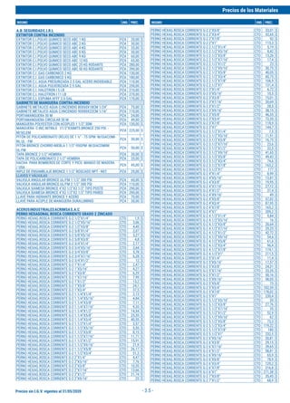 Precios sin I.G.V. vigentes al 31/05/2020
Precios de los Materiales
INSUMO UND. PREC. INSUMO UND. PREC.
- 3.5 -
A.B.SEGURIDADE.I.R.L
EXTINTOR CONTRA INCENDIO
EXTINTOR C.I.POLVO QUIMICO SECO ABC 1 KG PZA 20,00 $
EXTINTOR C.I.POLVO QUIMICO SECO ABC 2 KG PZA 30,00 $
EXTINTOR C.I.POLVO QUIMICO SECO ABC 4 KG PZA 35,00 $
EXTINTOR C.I.POLVO QUIMICO SECO ABC 6 KG PZA 50,00 $
EXTINTOR C.I.POLVO QUIMICO SECO ABC 9 KG PZA 60,00 $
EXTINTOR C.I.POLVO QUIMICO SECO ABC 12 KG PZA 65,00 $
EXTINTOR C.I.POLVO QUIMICO SECO ABC 25 KG RODANTE PZA 280,00 $
EXTINTOR C.I.POLVO QUIMICO SECO ABC 50 KG RODANTE PZA 390,00 $
EXTINTOR C.I .GAS CARBONICO 2 KG PZA 130,00 $
EXTINTOR C.I .GAS CARBONICO 5 KG PZA 180,00 $
EXTINTOR C.I. AGUA PRESURIZADA 2.5 GAL ACERO INOXIDABLE PZA 110,00 $
EXTINTOR C.I. AGUA PULVERIZADA 2.5 GAL PZA 250,00 $
EXTINTOR C.I. HALOTRON I 5 LB PZA 210,00 $
EXTINTOR C.I. HALOTRON I 11 LB PZA 270,00 $
EXTINTOR C.I. ESPUMA AFFF 2.5 GAL PZA 170,00 $
GABINETE DE MANGUERA CONTRA INCENDIO
GABINETE METALICO AGUA C/INCENDIO 80X60X18CM 1/24" PZA 75,00 $
GABINETE METALICO AGUA C/INCENDIO 90X80X22CM 1/16" PZA 110,00 $
PORTAMANGUERA 30 M PZA 24,00 $
PORTAMANGUERA CIRCULAR 30 M PZA 49,00 $
MANGUERA POLYESTER CON ACOPLES 1 1/2" 30M PZA 130,00 $
MANGUERA C-INC.NITRILO 21/2"X30MTS.BRONCE 250 PSI. -
M/5ELEM
PZA 225,00 $
PITÓN DE POLICARBONATO (ROJO) DE 1 ½” - 75 GPM M/GIACOMI-
NI, UL - FM
PZA 30,00 $
PITÓN BRONCE CHORRO-NIEBLA 1.1/2"-95GPM M/GIACOMINI
UL-FM
PZA 50,00 $
TAPA BRONCE 2 1/2" HEMBRA PZA 30,00 $
TAPA DE POLICARBONATO 2 1/2" HEMBRA PZA 20,00 $
HACHA PARA BOMBEROS DE CORTE Y PICO MANGO DE MADERA 
/ USA          
PZA 45,00 $
NIPLE DE ENSAMBLAJE BRONCE 1 1/2" ROSCADO NPT - NST PZA 29,00 $
LLAVES Y VÁLVULAS
VALVULA ANGULAR BRONCE UL/FM 1 1/2" 300 PSI PZA 60,00 $
VALVULA ANGULAR BRONCE UL/FM 2 1/2" 300 PSI PZA 110,00 $
VALVULA SIAMESA BRONCE 4"X2 1/2"X2 1/2" TIPO POSTE PZA 290,00 $
VALVULA SIAMESA BRONCE 4"X2 1/2"X2 1/2" TIPO PARED PZA 290,00 $
LLAVE PARA HIDRANTE BRONCE Y ACERO PZA 70,00 $
LLAVE PARA ACOPLE DE MANGUERA DURALUMINIO PZA 30,00 $
ACEROSINDUSTRIALESACRIMSAS.A.C
PERNO HEXAGONAL ROSCA CORRIENTE GRADO 2 ZINCADO
PERNO HEXAG.ROSCA CORRIENTE G-2 1/2"X1/4" CTO 1,9 $
PERNO HEXAG.ROSCA CORRIENTE G-2 1/2"X5/16" CTO 3,06 $
PERNO HEXAG.ROSCA CORRIENTE G-2 1/2"X3/8" CTO 4,45 $
PERNO HEXAG.ROSCA CORRIENTE G-2 5/8"X1/4" CTO 2,07 $
PERNO HEXAG.ROSCA CORRIENTE G-2 5/8"X5/16" CTO 3,27 $
PERNO HEXAG.ROSCA CORRIENTE G-2 5/8"X3/8" CTO 4,8 $
PERNO HEXAG.ROSCA CORRIENTE G-2 3/4"X1/4" CTO 2,17 $
PERNO HEXAG.ROSCA CORRIENTE G-2 3/4"X5/16" CTO 3,64 $
PERNO HEXAG.ROSCA CORRIENTE G-2 3/4"X3/8" CTO 5,78 $
PERNO HEXAG.ROSCA CORRIENTE G-2 3/4"X7/16" CTO 6,28 $
PERNO HEXAG.ROSCA CORRIENTE G-2 3/4"X1/2" CTO 12 $
PERNO HEXAG.ROSCA CORRIENTE G-2 1"X1/4" CTO 2,47 $
PERNO HEXAG.ROSCA CORRIENTE G-2 1"X5/16" CTO 4,27 $
PERNO HEXAG.ROSCA CORRIENTE G-2 1"X3/8" CTO 6,29 $
PERNO HEXAG.ROSCA CORRIENTE G-2 1"X7/16" CTO 7,99 $
PERNO HEXAG.ROSCA CORRIENTE G-2 1"X1/2" CTO 13,2 $
PERNO HEXAG.ROSCA CORRIENTE G-2 1"X5/8" CTO 24,1 $
PERNO HEXAG.ROSCA CORRIENTE G-2 1"X3/4" CTO 37,5 $
PERNO HEXAG.ROSCA CORRIENTE G-2 1.1/4"X1/4" CTO 3,13 $
PERNO HEXAG.ROSCA CORRIENTE G-2 1.1/4"X5/16" CTO 4,84 $
PERNO HEXAG.ROSCA CORRIENTE G-2 1.1/4"X3/8" CTO 7,11 $
PERNO HEXAG.ROSCA CORRIENTE G-2 1.1/4"X7/16" CTO 9,35 $
PERNO HEXAG.ROSCA CORRIENTE G-2 1.1/4"X1/2" CTO 14,54 $
PERNO HEXAG.ROSCA CORRIENTE G-2 1.1/4"X5/8" CTO 25,55 $
PERNO HEXAG.ROSCA CORRIENTE G-2 1.1/4"X3/4" CTO 40,55 $
PERNO HEXAG.ROSCA CORRIENTE G-2 1.1/2"X1/4" CTO 3,57 $
PERNO HEXAG.ROSCA CORRIENTE G-2 1.1/2"X5/16" CTO 5,55 $
PERNO HEXAG.ROSCA CORRIENTE G-2 1.1/2"X3/8" CTO 8,15 $
PERNO HEXAG.ROSCA CORRIENTE G-2 1.1/2"X7/16" CTO 11,71 $
PERNO HEXAG.ROSCA CORRIENTE G-2 1 1/2"X1/2" CTO 15,91 $
PERNO HEXAG.ROSCA CORRIENTE G-2 1.1/2"X9/16" CTO 21,9 $
PERNO HEXAG.ROSCA CORRIENTE G-2 1.1/2"X5/8" CTO 26,17 $
PERNO HEXAG.ROSCA CORRIENTE G-2 1.1/2"X3/4" CTO 51,3 $
PERNO HEXAG.ROSCA CORRIENTE G-2 2"X1/4" CTO 4,47 $
PERNO HEXAG.ROSCA CORRIENTE G-2 2"X5/16" CTO 7,76 $
PERNO HEXAG.ROSCA CORRIENTE G-2 2"X3/8" CTO 10,35 $
PERNO HEXAG.ROSCA CORRIENTE G-2 2"X7/16" CTO 13,66 $
PERNO HEXAG.ROSCA CORRIENTE G-2 2"X1/2" CTO 21,74 $
PERNO HEXAG.ROSCA CORRIENTE G-2 2"X9/16" CTO 25 $
PERNO HEXAG.ROSCA CORRIENTE G-2 2"X5/8" CTO 33,01 $
PERNO HEXAG.ROSCA CORRIENTE G-2 2"X3/4" CTO 52,65 $
PERNO HEXAG.ROSCA CORRIENTE G-2 2"X7/8" CTO 92 $
PERNO HEXAG.ROSCA CORRIENTE G-2 2"X1" CTO 115,3 $
PERNO HEXAG.ROSCA CORRIENTE G-2 2.1/2"X1/4" CTO 5,19 $
PERNO HEXAG.ROSCA CORRIENTE G-2 2.1/2"X5/16" CTO 8,42 $
PERNO HEXAG.ROSCA CORRIENTE G-2 2.1/2"X3/8" CTO 13,26 $
PERNO HEXAG.ROSCA CORRIENTE G-2 2.1/2"X7/16" CTO 17,4 $
PERNO HEXAG.ROSCA CORRIENTE G-2 2.1/2"X1/2" CTO 23 $
PERNO HEXAG.ROSCA CORRIENTE G-2 2.1/2"X9/16" CTO 30,75 $
PERNO HEXAG.ROSCA CORRIENTE G-2 2.1/2"X5/8" CTO 40,05 $
PERNO HEXAG.ROSCA CORRIENTE G-2 2.1/2"X3/4" CTO 60,75 $
PERNO HEXAG.ROSCA CORRIENTE G-2 2.1/2"X7/8" CTO 106,9 $
PERNO HEXAG.ROSCA CORRIENTE G-2 2.1/2"X1" CTO 131,4 $
PERNO HEXAG.ROSCA CORRIENTE G-2 3"X1/4" CTO 6,72 $
PERNO HEXAG.ROSCA CORRIENTE G-2 3"X5/16" CTO 10,5 $
PERNO HEXAG.ROSCA CORRIENTE G-2 3"X3/8" CTO 15,01 $
PERNO HEXAG.ROSCA CORRIENTE G-2 3"X7/16" CTO 20,69 $
PERNO HEXAG.ROSCA CORRIENTE G-2 3"X1/2" CTO 28,5 $
PERNO HEXAG.ROSCA CORRIENTE G-2 3"X9/16" CTO 38,15 $
PERNO HEXAG.ROSCA CORRIENTE G-2 3"X5/8" CTO 46,35 $
PERNO HEXAG.ROSCA CORRIENTE G-2 3"X3/4" CTO 72,55 $
PERNO HEXAG.ROSCA CORRIENTE G-2 3"X7/8" CTO 118,9 $
PERNO HEXAG.ROSCA CORRIENTE G-2 3"X1" CTO 144,7 $
PERNO HEXAG.ROSCA CORRIENTE G-2 3.1/2"X1/4" CTO 7,5 $
PERNO HEXAG.ROSCA CORRIENTE G-2 3.1/2"X5/16" CTO 11,91 $
PERNO HEXAG.ROSCA CORRIENTE G-2 3.1/2"X3/8" CTO 16,75 $
PERNO HEXAG.ROSCA CORRIENTE G-2 3.1/2"X7/16" CTO 23,6 $
PERNO HEXAG.ROSCA CORRIENTE G-2 3.1/2"X1/2" CTO 32,5 $
PERNO HEXAG.ROSCA CORRIENTE G-2 3.1/2"X9/16" CTO 41,65 $
PERNO HEXAG.ROSCA CORRIENTE G-2 3.1/2"X5/8" CTO 49,43 $
PERNO HEXAG.ROSCA CORRIENTE G-2 3.1/2"X3/4" CTO 74,6 $
PERNO HEXAG.ROSCA CORRIENTE G-2 3.1/2"X7/8" CTO 163,2 $
PERNO HEXAG.ROSCA CORRIENTE G-2 3.1/2"X1" CTO 177 $
PERNO HEXAG.ROSCA CORRIENTE G-2 4"X1/4" CTO 8,99 $
PERNO HEXAG.ROSCA CORRIENTE G-2 4"X5/16" CTO 13,81 $
PERNO HEXAG.ROSCA CORRIENTE G-2 4"X3/8" CTO 19,95 $
PERNO HEXAG.ROSCA CORRIENTE G-2 4"X7/16" CTO 27,12 $
PERNO HEXAG.ROSCA CORRIENTE G-2 4"X1/2" CTO 37,4 $
PERNO HEXAG.ROSCA CORRIENTE G-2 4"X9/16" CTO 49 $
PERNO HEXAG.ROSCA CORRIENTE G-2 4"X5/8" CTO 57,02 $
PERNO HEXAG.ROSCA CORRIENTE G-2 4"X3/4" CTO 87,95 $
PERNO HEXAG.ROSCA CORRIENTE G-2 4"X7/8" CTO 165,2 $
PERNO HEXAG.ROSCA CORRIENTE G-2 4"X1" CTO 209,2 $
PERNO HEXAG.ROSCA CORRIENTE G-2 4.1/2"X1/4" CTO 9,84 $
PERNO HEXAG.ROSCA CORRIENTE G-2 4.1/2"X5/16" CTO 16 $
PERNO HEXAG.ROSCA CORRIENTE G-2 4.1/2"X3/8" CTO 20,64 $
PERNO HEXAG.ROSCA CORRIENTE G-2 4.1/2"X7/16" CTO 29,25 $
PERNO HEXAG.ROSCA CORRIENTE G-2 4.1/2"X1/2" CTO 42,72 $
PERNO HEXAG.ROSCA CORRIENTE G-2 4.1/2"X9/16" CTO 54,6 $
PERNO HEXAG.ROSCA CORRIENTE G-2 4.1/2"X5/8" CTO 61,6 $
PERNO HEXAG.ROSCA CORRIENTE G-2 4.1/2"X3/4" CTO 96,4 $
PERNO HEXAG.ROSCA CORRIENTE G-2 4.1/2"X7/8" CTO 174,1 $
PERNO HEXAG.ROSCA CORRIENTE G-2 4.1/2"X1" CTO 211,5 $
PERNO HEXAG.ROSCA CORRIENTE G-2 5"X1/4" CTO 11,4 $
PERNO HEXAG.ROSCA CORRIENTE G-2 5"X5/16" CTO 17,57 $
PERNO HEXAG.ROSCA CORRIENTE G-2 5"X3/8" CTO 24,31 $
PERNO HEXAG.ROSCA CORRIENTE G-2 5"X7/16" CTO 33,35 $
PERNO HEXAG.ROSCA CORRIENTE G-2 5"X1/2" CTO 50,16 $
PERNO HEXAG.ROSCA CORRIENTE G-2 5"X9/16" CTO 58,05 $
PERNO HEXAG.ROSCA CORRIENTE G-2 5"X5/8" CTO 73 $
PERNO HEXAG.ROSCA CORRIENTE G-2 5"X3/4" CTO 102,59 $
PERNO HEXAG.ROSCA CORRIENTE G-2 5"X7/8" CTO 178,02 $
PERNO HEXAG.ROSCA CORRIENTE G-2 5"X1" CTO 230,4 $
PERNO HEXAG.ROSCA CORRIENTE G-2 5.1/2"X5/16" CTO 20 $
PERNO HEXAG.ROSCA CORRIENTE G-2 5.1/2"X3/8" CTO 27,76 $
PERNO HEXAG.ROSCA CORRIENTE G-2 5.1/2"X7/16" CTO 35 $
PERNO HEXAG.ROSCA CORRIENTE G-2 5.1/2"X1/2" CTO 52,9 $
PERNO HEXAG.ROSCA CORRIENTE G-2 5.1/2"X9/16" CTO 62 $
PERNO HEXAG.ROSCA CORRIENTE G-2 5.1/2"X5/8" CTO 73,3 $
PERNO HEXAG.ROSCA CORRIENTE G-2 5.1/2"X3/4" CTO 119,22 $
PERNO HEXAG.ROSCA CORRIENTE G-2 5.1/2"X7/8" CTO 180 $
PERNO HEXAG.ROSCA CORRIENTE G-2 5.1/2"X1" CTO 232,5 $
PERNO HEXAG.ROSCA CORRIENTE G-2 6"X5/16" CTO 20,81 $
PERNO HEXAG.ROSCA CORRIENTE G-2 6"X3/8" CTO 29,15 $
PERNO HEXAG.ROSCA CORRIENTE G-2 6"X7/16" CTO 39,65 $
PERNO HEXAG.ROSCA CORRIENTE G-2 6"X1/2" CTO 58,81 $
PERNO HEXAG.ROSCA CORRIENTE G-2 6"X9/16" CTO 65,9 $
PERNO HEXAG.ROSCA CORRIENTE G-2 6"X5/8" CTO 78,9 $
PERNO HEXAG.ROSCA CORRIENTE G-2 6"X3/4" CTO 129,2 $
PERNO HEXAG.ROSCA CORRIENTE G-2 6"X7/8" CTO 216,8 $
PERNO HEXAG.ROSCA CORRIENTE G-2 6"X1" CTO 271,38 $
PERNO HEXAG.ROSCA CORRIENTE G-2 7"X3/8" CTO 35,45 $
PERNO HEXAG.ROSCA CORRIENTE G-2 7"X1/2" CTO 68,9 $
 