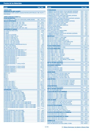 $ = Dólares Americanos, los demás en Nuevos Soles
Precios de los Materiales
INSUMO UND. PREC. INSUMO UND. PREC.
- 3.14 -
ESINDELPERÚ
GENERADOR DE AIRE CALIENTE
GENERADOR DE AIRE CALIENTE (ALQUILER SIN INCLUIR PETROLEO) HM 44,375
Precio referencial.
FABRICAPERUANAETERNITS.A.
TEJAS DECORATIVAS
TEJA PIZARRA CLS. 4 MM 0.20 X 0.40 M (AZUL, BARRO, NEGRA) M2 48,12
SELLOS CORTAFUEGOS
PROMASEAL-A WHITE 310 ML 12PC / BOX CJA 440,6
PROMASEAL-AG GREY 310 ML 12PC / BOX CJA 870,45
PROMASEAL-S GREY 310 ML CART 12PC / BOX CJA 525,6
PROMASTOP W CINTA (ROLLO X18M) UND 617,9
PROMASEAL-S WHITE 310 ML CART 12PC / BOX CJA 588,36
ACCESORIO DE TANQUES
KIT CARTUCHO PARA FILTRO PZA 10,08
KIT FILTRO PZA 26,47
KIT BRIDA PZA 10
KIT VALVULA FLOTADORA PZA 26,05
KIT-VISOR U.V PARA 1100 LTS PZA 10,57
KIT-VISOR U.V PARA 600 LTS PZA 9,05
KIT-VISOR U.V PARA 2500 LTS PZA 11,86
BOLSA ACC. TQS 600 C/FILTRO PZA 48
BOLSA ACC. TQS 1100 C/FILTRO PZA 49
BOLSA ACC. TQS 2500 C/FILTRO PZA 52
FORMADOR BIOMASA P/BIODIGESTOR 700 LTS PZA 5,88
KIT NIPLE PARA REBOSE PZA 25,26
MULTICONECTOR ACERO PZA 12,61
KIT MULTICONECTOR ACERO PZA 112,75
ADAPTADOR ROSCADO PVC PARA AGUA 1 1/2" PZA 271,13
ADAPTADOR ROSCADO PVC PARA AGUA 4 PZA 668,14
ADAPTADOR ROSCADO PVC PARA DESAGUE 2" PZA 1493,4
ADAPTADOR ROSCADO PVC PARA DESAGUE 3" PZA 36,04
ADAPTADOR ROSCADO PVC PARA DESAGUE 4" PZA 57,89
CONEXION HEXAGONAL 1" PZA 102,5
CONEXION HEXAGONAL 1 1/2" PZA 111,52
CONEXION HEXAGONAL 2" PZA 159,49
CONEXION HEXAGONAL 3" PZA 271
CONEXION HEXAGONAL 4" PZA 432,33
CONEXION HEXAGONAL 1" C/SELLO VITON PZA 122,57
NIPLE 1" PZA 18,45
CONEXION HEXAGONAL 2" C/SELLO VITON PZA 207,33
CONEXION HEXAGONAL 3" C/SELLO VITON PZA 352,46
CONEXION P/DRENAJE 1" PZA 172
CONEXION P/DRENAJE 2" PZA 163,74
CONEXION P/DRENAJE 3" PZA 305,2
NIPLE 1 1/2" PZA 27,34
NIPLE 2" PZA 33,07
NIPLE 3" PZA 54,68
NIPLE 4" PZA 117,34
TAPON 2" PZA 47,17
TAPON 3" PZA 59
VALVULA FULL PORT 1" PZA 112,75
VALVULA FULL PORT 2" PZA 271,13
VALVULA FULL PORT 3" PZA 668,14
VALVULA FULL PORT 4" PZA 1493,4
TAPA TANQUE ETERNIT $ PZA 36,04
TAPA TANQUE VITIVINICOLA PZA 57,89
SUPERBOARD
ZZARQUITEX GRIS SUPERBOARD (GL) GAL 34,28
SUPERBOARD SQ 1.22M X 2.44 M X 8MM PZA 69,32
SUPERBOARD SQ 1.22M X 2.44 M X 10MM PZA 88,14
SUPERBOARD 4PRO 1.22M X 2.44 M X 6MM PZA 50,94
SUPERBOARD 4PRO 1.22M X 2.44 M X 8MM PZA 67,04
SUPERBOARD 4PRO 1.22M X 2.44 M X 10MM PZA 85,27
SUPERBOARD 4PRO 1.22M X 2.44 M X 12MM PZA 104,87
SUPERBOARD EP 1.22M X 2.44 M X 15MM PZA 127,19
PLANCHA SUP MADERA 1.22M X 2.44 M X 6MM IMPORT PZA 50,4
PLANCHA SUP MADERA 1.22M X 2.44 M X 8MM IMPORT PZA 84,69
PLANCHA SUPERBOARD BASE CERAMICA 1.22M X 2.44 M X 6MM PZA 50,18
PLANCHA SUPERBOARD BASE CERAMICA 1.22M X 2.44 M X 8MM PZA 71,48
PLANCHA SUPERBOARD BASE CERAMICA 1.22M X 2.44 M X 8MM
IMPORT
PZA 134,85
FAJA DE SUPERBOARD 100X1220X10MM PZA 4,84
SUPERBOARD SQ 1.22M X 2.44 M X 12MM PZA 108,4
SUPERBOARD ST 1.22M X 2.44 M X 6MM PZA 44,89
SUPERBOARD ST 1.22M X 2.44 M X 8MM PZA 60,15
SUPERBOARD SQ 1.22M X 2.44 M X 6MM PZA 52,67
SUPERBOARD ST 1.22M X 2.44 M X 10MM PZA 82,38
SUPERBOARD ST 1.22M X 2.44 M X 12MM PZA 101,3
SUPERBOARD EP 1.22M X 2.44 M X 17MM PZA 143,53
SUPERBOARD EP 1.22M X 2.44 M X 20MM PZA 168,43
FC MOLDEADOS
CUMBRERA ARTICULADA PERFIL 4 ROJA (INFERIOR, SUPERIOR) PZA 13,79
CUMBRERA ARTICULADA PERFIL 4 GRIS (INFERIOR, SUPERIOR) PZA 13,79
TEJA COLONIAL LUXANIT 1.22M X 1.02M PZA 36,26
CUMBRERA ARTICULADA GRAN ONDA (INFERIOR, SUPERIOR) PZA 15,59
TEJA RESIDENCIAL 1.19M X 0.95M X 5MM PZA 44,32
CUMBRERA ARTICULADA GRAN ONDA ROJA (INFERIOR, SUPERIOR) PZA 21,44
CUMBRERA COLONIAL (INFERIOR, SUPERIOR) PZA 13,65
CUMBRERA TEJA ANDINA BARRO (INFERIOR, SUPERIOR) PZA 12,58
CUMBRERA FIJA TECHALIT/PERFIL 4 GRIS PZA 11,41
CUMBRERA TECHO 1 AGUA GRA ONDA PZA 19,16
REMATE LATERAL GRAN ONDA (DERECHO) PZA 51,62
LIMATESA ANDINA BARRO PZA 13,9
ESQUINERO LISO GRAN ONDA PZA 36,01
TAPA ONDA GRAN ONDA PZA 7,05
REMATE LATERAL TEJA ANDINA BARRO PZA 13,9
TEJA ANDINA (RUSTICA, BARRO) PZA 32,8
CUMBRERA RESIDENCIAL ARTICULADA (INFERIOR, SUPERIOR) PZA 14,38
CUMBRERA FIJA PERFIL 4/ROJA PZA 13,46
MULTIPLACA
MULTIPLACA 0.605M X 1.215M X 4MM PZA 7,2
MULTIPLACA 1.22M X 2.44M X 4MM PZA 27,5
MULTIPLACA CIELO 0.605X0.605X4 (CJX12) CJA 53,5
MULTIPLACA CIELO 0.605M X 1.215M X 4MM (CJX6) PZA 51,61
MULT. CIELO NATURAL 0.605 X 0.605 (CJA X 12) CJA 45,75
MULT. CIELO NATURAL 0.605 X 1.215 (CJA X 6) CJA 44,14
PLACAS TRANSLUCIDAS
GRAN ONDA TRANSPARENTE 1.83 M. PZA 104,65
FC PLACAS ONDULADAS
GRAN ONDA 1.83M X 1.10M GRIS PZA 40,98
GRAN ONDA 2.44M X 1.10M GRIS PZA 54,94
GRAN ONDA 3.05M X 1.10M GRIS PZA 61,67
PERFIL 4MM DE 1.83 X 1.10M ROJA PZA 32,17
PERFIL 4MM DE 1.83 X 1.10M GRIS PZA 30,45
PERFIL 4 DE 2.44 X 110M ROJA PZA 41,47
PERFIL 4MM DE 3.05 X 1.10M ROJA ETERNIT PZA 46,88
PERFIL 4MM DE 3.05 X 1.10M (AMARILLA, GRIS, VERDE) PZA 44,44
PERFIL 4 DE 2.44 X 1.10M GRIS PZA 39,26
METAL SISTEMA ESPECIFICO
RIEL CR 31X32X0.60MMX3.00M PZA 4,87
ACCESORIOS CUBIERTAS
ARANDELA PLASTICA PZA 0,95
GANCHO GALVANIZADO 14CM PZA 3,47
GANCHO GALVANIZADO 20CM. PZA 4,37
TIRAFON DE 5 P/TEJA ANDINA PZA 0,41
SOUND BOARD
PREGYBEL C10N8 BA13 120*240 X 30DH / NC PZA 120,79
PBEL R15N8 BA13 120*240X30DH/NIMP4E PZA 117,6
PBEL L5 X 80 N8 BA13 120*240 X 30DH / NC PZA 124,41
PREGYBEL R15N1 BA13 120*240 X 30DH / NC PZA 117,6
LANA DE ROCA
PANEL LANA ROCA 1.0 X 0.6 M 100 KG/M3 E= 50 M (X6) PZA 262,45
PANEL LANA ROCA 1.0 X 0.6 M 150 KG/M3 E= 50 M(X4) PZA 304,48
PANEL LANA ROCA 1.0 X 0.6 M 40 KG/M3 E= 50 M(X12) PZA 284,26
PANEL LANA ROCA 1.0 X 0.6 M 70 KG/M3 E= 50 M(X6) PZA 192,24
OTRAS PINTURAS
PINTURA TEJA ANDINA (BARRO) GAL 39
METAL SISTEMA ESPECIFICO
RIEL CR 31X32X0.6MM X 3M PZA 4,87
PLACAS AISLANTES ALTA DENSIDAD
PROMATECT H 2440 X 1220 X 10 CS4BA PZA 196,58
PROMATECT H 1.22M X 2.44M X 12MM PZA 239,43
PROMATECT H 1.22M X 2.44M X 20MM PZA 393,56
PROMATECT H 1.22M X 2.44M X 10MM PZA 196,58
PROMATECT H 2440 X 1220 X 12 CS4BA PZA 239,43
LANA DE VIDRIO
LANA R11-90MM X 1.2 X 6.5M-2 ROLLOS 15.60 M2 RLL 136,8
LANA R7-50MM X 1.2 X 12M-2 ROLLOS 28.80 M2 RLL 139,43
LANA R8-65MM X 1.2 X 9.25M-2 ROLLOS 22.20 M2 RLL 135,89
PLACA DE YESO ESTANDAR
PLACA GYPLAC ST 1220 X 2440 X 9.5 PZA 21,77
PLACA GYPLAC ST 1220 X 2440 X 15.9 PZA 30,7
PLANCA GYPLAC CIEL 1220 X 2440 X 7.0 PZA 19,86
GYPLAC ST 1220 X 2240 X 12.7 EXTRALIVIANA PZA 22,78
PLACA DE YESO RESISTENTE A LA HUMEDAD
PLACA GYPLAC RH 1220 X 2440 X 12.7 PZA 29,29
PLACA GYPLAC RH 1220 X 2440 X 15.9 PZA 36,01
PLACA DE YESO RESISTENTE AL FUEGO
PLACA GYPLAC RF 1220 X 2440 X 12.7 PZA 27,79
PLACA GYPLAC RF 1220 X 2440 X 15.9 PZA 34,53
CHEMICAL KG
PROMAT IMPREGNACION 2000 PZA 92,63
CINTA INTUMESCENTE AUTOADH 20MM ( X100M) PZA 944,49
 