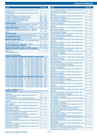 Precios sin I.G.V. vigentes al 31/05/2020
Precios de los Materiales
INSUMO UND. PREC. INSUMO UND. PREC.
- 3.17 -
PEGAMENTO CHEMAYOLIC CERAMICOS PORCELANATOS Y GRES
PORCELAN-25 KG
BLS 20,25
PEGAMENTO CHEMAYOLIC EXTERIORES PORCELANATOS Y GRES
PORCELAN-25KG
BLS 22,80
PEGAMENTO CHEMAYOLIC EXTRAFUERTE - 25 KG BLS 26,19
PEGAMENTO SANSON BLANCO FLEXIBLE X 25 KG. BLS 25,34
PEGAMENTO SANSON EXTRAFUERTE X 25 KG. BLS 22,80
PEGAMENTO CHEMAYOLIC INTERIORES -25KG BLS 14,32
PEGAMENTO SANSON X 25 KG. BLS 10,93
ADITIVO CURADOR
CURADOR MEMBRANIL REFORZADO P/CONCRETO - 5 GALONES GAL 56,78
CURADOR MEMBRANIL VISTA P/CONCRETO - 1 GALON GAL 21,19
ADITIVO DESMOLDANTE
DESMOLDANTE P/ENCOFRADO DE MADERA 1GAL - CHEMALAC GAL 118,64
DESMOLDANTE P/ENCOFRADO DE MADERA 1GAL - CHEMALAC
EXTRA
GAL 83,90
ADITIVO SELLADOR
SELLADOR ACRÍLICO -BELLAFRAGUA TRANSPARENTE - LITRO L 22,03
POLIURETANO PARA PISOS
CHEMATHANE POLIURETANO PARA PISOS - GALON GAL 211,02
MORTERO AUTONIVELANTE
MORTERO EXPANSIVO -CHEMA GROUT - 25 KG. MORTERO EXPANSI-
VO -CHEMA GROUT - 25 KG.
KG 50,00
MORTERO AUTONIVELANTE -CHEMA LISTO - 25 KILOS KG 46,61
ADITIVO INHIBIDOR DE LA CORROSIÓN
INHIBIDOR DE LA CORROSIÓN -CHEMA - 01 GALON GAL 46,61
REMOVEDOR DE INCRUSTACIONES DE FRAGUA Y CEMENTO
REMOVEDOR DE INCRUSTACIONES DE FRAGUA Y CEMENTO -CHEMA
REMOVE LITRO
L 16,86
Descuentos de acuerdo a volumen
INDUSTRIASTECNOPORSAC
PLANCHA TERMOPOR (POLIESTIRENO EXPANDIDO) P/CONSTRUCCION
PLANCHA POLIESTIRENO EXPANDIDO 1/2" 2.40 X 1.20 M D=10 KG/M3 PZA 5,93
PLANCHA POLIESTIRENO EXPANDIDO 3/4" 2.40 X 1.20 M D=10 KG/M3 PZA 8,05
PLANCHA POLIESTIRENO EXPANDIDO 1" 2.40 X 1.20 M D=10 KG/M3 PZA 10,17
PLANCHA POLIESTIRENO EXPANDIDO 1.1/2" 2.40 X 1.20 M D=10 KG/M3 PZA 15,25
PLANCHA POLIESTIRENO EXPANDIDO 2" 2.40 X 1.20 M D=10 KG/M3 PZA 20,34
PLANCHA POLIESTIRENO EXPANDIDO 2.1/2" 2.40 X 1.20 M D=10 KG/M3 PZA 26,27
PLANCHA POLIESTIRENO EXPANDIDO 3" 2.40 X 1.20 M D=10 KG/M3 PZA 30,52
PLANCHA POLIESTIRENO EXPANDIDO 3 1/2" 2.40 X 1.20 M D=10 KG/M3 PZA 36,44
PLANCHA POLIESTIRENO EXPANDIDO 4" 2.40 X 1.20 M D=10 KG/M3 PZA 40,68
PLANCHA POLIESTIRENO EXPANDIDO 5" 2.40 X 1.20 M D=10 KG/M3 PZA 50,85
PLANCHA POLIESTIRENO EXPANDIDO 6" 2.40 X 1.20 M D=10 KG/M3 PZA 61,02
PLANCHA POLIESTIRENO EXPANDIDO 7" 2.40 X 1.20 M D=10 KG/M3 PZA 71,19
PLANCHA POLIESTIRENO EXPANDIDO 8" 2.40 X 1.20 M D=10 KG/M3 PZA 81,36
PLANCHA TERMOPOR (POLIESTIRENO EXPANDIDO) P/REFIGERACION
PLANCHA POLIESTIRENO EXPANDIDO 1/2" 2.40 X 1.20 M D=16 KG/M3 PZA 8,47
PLANCHA POLIESTIRENO EXPANDIDO 3/4" 2.40 X 1.20 M D=16 KG/M3 PZA 11,86
PLANCHA POLIESTIRENO EXPANDIDO 1" 2.40 X 1.20 M D=16 KG/M3 PZA 15,25
PLANCHA POLIESTIRENO EXPANDIDO 1.1/2" 2.40 X 1.20 M D=16 KG/M3 PZA 22,03
PLANCHA POLIESTIRENO EXPANDIDO 2" 2.40 X 1.20 M D=16 KG/M3 PZA 28,81
PLANCHA POLIESTIRENO EXPANDIDO 2.1/2" 2.40 X 1.20 M D=16 KG/M3 PZA 35,59
PLANCHA POLIESTIRENO EXPANDIDO 3" 2.40 X 1.20 M D=16 KG/M3 PZA 42,37
ITALGRIF-VSIINDUSTRIALS.A.C
GRIFERÍA DE COCINA
LLAVE DE LAVADERO A LA PARED LÍNEA COLAN C/PICO GIRATORIO
CROMADO
PZA 26,19
MEZCLADORA DE LAVADERO AL MUEBLE LÍNEA COLAN C/PICO
GIRATORIO CROMADO
PZA 51,61
GRIFO LAVADERO LÍNEA COLAN C/AEREADOR CROMADA PZA 14,32
LLAVE DE LAVADERO A LA PARED LÍNEA BAVARO C/PICO GIRATORIO
CROMADO
PZA 47,37
LLAVE DE LAVADERO A LA PARED LÍNEA PUNTA SAL C/PICO GIRA-
TORIO CROMADO
PZA 48,22
MEZCLADORA DE LAVADERO A LA PARED LÍNEA BAVARO C/PICO
GIRATORIO 5/8" CROMADA
PZA 145,68
MEZCLADORA DE LAVADERO A LA PARED LÍNEA PUNTA SAL C/PICO
GIRATORIO 5/8" CROMADA
PZA 148,22
MEZCLADORA MONOBLOCK PARA LAVADERO AL MUEBLE LÍNEA
BAVARO C/PICO CORNADO 5/8" CROMADA
PZA 96,53
MEZCLADORA MONOBLOCK PARA LAVADERO AL MUEBLE LÍNEA
PUNTA SAL C/PICO CORNADO 5/8" CROMADA
PZA 98,22
LLAVE DE LAVADERO PESADA A LA PARED LÍNEA VALLARTA C/PICO
GIRATORIO 5/8" CROMADA
PZA 67,71
LLAVE DE BAR AL MUEBLE LÍNEA VALLARTA C/PICO GIRATORIO 5/8"
CROMADA
PZA 82,12
MEZCLADORA DE LAVADERO A LA PARED LÍNEA VALLARTA C/PICO
GIRATORIO 5/8" CROMADA
PZA 160,93
MEZCLADORA DE LAVADERO AL MUEBLE LÍNEA VALLARTA C/PICO
GIRATORIO 5/8" CROMADA
PZA 127,03
LLAVE DE LAVADERO PESADA A LA PARED LÍNEA CABO BLANCO C/
PICO GIRATORIO 5/8" CROMADA
PZA 72,80
LLAVE DE BAR AL MUEBLE LÍNEA CABO BLANCO C/PICO GIRATORIO
CROMADA
PZA 91,44
MEZCLADORA DE LAVADERO A LA PARED LÍNEA CABO BLANCO C/
PICO GIRATORIO 5/8" CROMADA
PZA 168,56
MEZCLADORA DE LAVADERO AL MUEBLE LÍNEA CABO BLANCO C/
PICO GIRATORIO 5/8" CROMADA
PZA 134,66
LLAVE DE LAVADERO PESADA A LA PARED LÍNEA ARUBA C/PICO
GIRATORIO 5/8" CROMADA
PZA 78,73
LLAVE DE BAR AL MUEBLE LÍNEA ARUBA C/PICO GIRATORIO 5/8"
CROMADA
PZA 95,68
MEZCLADORA DE LAVADERO A LA PARED LÍNEA ARUBA C/PICO
GIRATORIO 5/8" CROMADA
PZA 170,25
MEZCLADORA DE LAVADERO PESADA AL MUEBLE LÍNEA ARUBA C/
PICO GIRATORIO 5/8" CROMADA
PZA 143,14
MEZCLADORA MONOBLOCK PARA LAVADERO AL MUEBLE LÍNEA
ARUBA C/PICO GIRATORIO 5/8" CROMADA
PZA 138,05
LLAVE DE LAVADERO PESADA A LA PARED LÍNEA CANCÚN C/PICO
GIRATORIO 5/8" CROMADA
PZA 82,97
LLAVE DE BAR AL MUEBLE LÍNEA CANCÚN C/PICO GIRATORIO 5/8"
CROMADA
PZA 98,22
MEZCLADORA DE LAVADERO A LA PARED LÍNEA CANCÚN C/PICO
GIRATORIO 5/8" CROMADA
PZA 173,64
MEZCLADORA DE LAVADERO AL MUEBLE LÍNEA CANCÚN C/PICO
GIRATORIO 5/8" CROMADA
PZA 151,61
MEZCLADORA MONOBLOCK PARA LAVADERO AL MUEBLE LÍNEA
CANCÚN C/PICO GIRATORIO 5/8" CROMADA
PZA 143,98
LLAVE DE LAVADERO PESADA A LA PARED LÍNEA ACAPULCO C/PICO
GIRATORIO DE 5/8" CROMADA
PZA 91,44
LLAVE DE BAR AL MUEBLE LÍNEA ACAPULCO C/PICO GIRATORIO
5/8" CROMADA
PZA 103,31
MEZCLADORA DE LAVADERO A LA PARED LÍNEA ACAPULCO C/PICO
GIRATORIO 5/8" CROMADA
PZA 176,19
MEZCLADORA DE LAVADERO AL MUEBLE LÍNEA ACAPULCO C/PICO
GIRATORIO CROMADA
PZA 157,54
MEZCLADORA MONOBLOCK PARA LAVADERO AL MUEBLE LÍNEA
ACAPULCO C/PICO GIRATORIO 5/8" CROMADA
PZA 159,24
LLAVE DE LAVADERO PESADA A LA PARED LÍNEA BAHÍA C/PICO
GIRATORIO 5/8" CROMADA
PZA 88,90
LLAVE DE BAR AL MUEBLE LÍNEA BAHÍA C/PICO GIRATORIO 5/8"
CROMADA
PZA 97,37
MEZCLADORA DE LAVADERO A LA PARED LÍNEA BAHÍA C/PICO
GIRATORIO 5/8" CROMADA
PZA 173,64
MEZCLADORA DE LAVADERO AL MUEBLE LÍNEA BAHÍA C/PICO
GIRATORIO 5/8" CROMADA
PZA 154,15
MEZCLADORA MONOBLOCK PARA LAVADERO AL MUEBLE LÍNEA
BAHÍA C/PICO GIRATORIO 5/8" CROMADA
PZA 143,14
LLAVE DE LAVADERO PESADA A LA PARED LÍNEA BUZIOS C/PICO
GIRATORIO 5/8" CROMADA
PZA 87,20
LLAVE DE BAR AL MUEBLE LÍNEA BUZIOS C/PICO GIRATORIO 5/8"
CROMADA
PZA 92,29
MEZCLADORA DE LAVADERO A LA PARED LÍNEA BUZIOS C/PICO
GIRATORIO 5/8" CROMADA
PZA 173,64
MEZCLADORA DE LAVADERO AL MUEBLE LÍNEA BUZIOS C/PICO 5/8"
CROMADA
PZA 150,76
MEZCLADORA MONOBLOCK PARA LAVADERO AL MUEBLE LÍNEA
BUZIOS C/PICO GIRATORIO 5/8" CROMADA
PZA 138,05
LLAVE DE LAVADERO PESADA A LA PARED LÍNEA BUZIOS LEVER C/
PICO CROMADO 5/8" CROMADA
PZA 97,07
LLAVE DE BAR AL MUEBLE LÍNEA BUZIOS LEVER C/PICO CROMADA
5/8" CROMADA
PZA 93,14
MEZCLADORA DE LAVADERO A LA PARED LÍNEA BUZIOS LEVER C/
PICO GIRATORIO 5/8" CROMADA
PZA 185,51
MEZCLADORA DE LAVADERO AL MUEBLE LÍNEA BUZIOS LEVER C/
PICO GIRATORIO 5/8" CROMADA
PZA 161,78
MEZCLADORA PARA BAR MONOCOMANDO AL MUEBLE LÍNEA
BUZIOS LEVER (CON CARTUCHO DE DISCO CERÁMICO)
PZA 253,31
LLAVE DE BAR AL MUEBLE LÍNEA CARTAGENA C/PICO GIRATORIO
DE 20MM CROMADA
PZA 107,54
MEZCLADORA DE LAVADERO A LA PARED LÍNEA CARTAGENA C/
PICO GIRATORIO 5/8" CROMADA
PZA 214,32
MEZCLADORA MONOCOMANDO PARA BAR LÍNEA PUNTA CANA PZA 297,37
LLAVE DE LAVADERO PESADA A LA PARED LÍNEA VARADERO C/PICO
GIRATORIO 20MM CROMADA
PZA 132,12
LLAVE DE BAR AL MUEBLE LÍNEA VARADERO C/PICO GIRATORIO
20MM CROMADA
PZA 137,20
MEZCLADORA DE LAVADERO A LA PARED LÍNEA VARADERO C/PICO
GIRATORIO 5/8" CROMADA
PZA 205,85
MEZCLADORA MONOCOMANDO PARA BAR AL MUEBLE LÍNEA
BARBADOS C/PICO GIRATORIO 20MM CROMADA (INCLUYE TUBOS
DE ABASTO DE INOX. TRENZADO DE 1/2" X 35 CM)
PZA 244,83
 