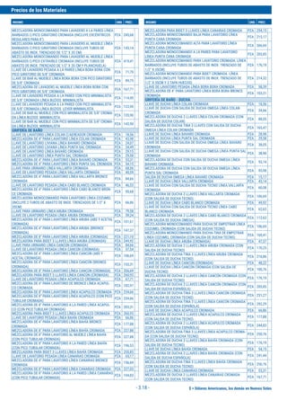 $ = Dólares Americanos, los demás en Nuevos Soles
Precios de los Materiales
INSUMO UND. PREC. INSUMO UND. PREC.
- 3.18 -
MEZCLADORA MONOCOMANDO PARA LAVADERO A LA PARED LÍNEA
BARBADOS C/PICO GIRATORIO CROMADA (INCLUYE EXCÉNTRICOS
REGULARES PARA 8")
PZA 245,68
MEZCLADORA MONOCOMANDO PARA LAVADERO AL MUEBLE LÍNEA
BARBADOS C/PICO GIRATORIO CROMADA (INCLUYE TUBOS DE
ABASTO DE INOX. TRENZADO DE 1/2" X 35 CM)
PZA 143,14
MEZCLADORA MONOCOMANDO PARA LAVADERO AL MUEBLE LÍNEA
BARBADOS C/PICO EXTRAÍBLE CROMADA (INCLUYE TUBOS DE
ABASTO DE INOX. TRENZADO DE 1/2" X 35 CM Y PLANCHUELA)
PZA 419,41
LLAVE DE LAVADERO PESADA A LA PARED LÍNEA BORA BORA CON
PICO GIRATORIO DE 5/8" CROMADA
PZA 71,70
LLAVE DE BAR AL MUEBLE LÍNEA BORA BORA CON PICO GIRATORIO
DE 5/8" CROMADA
PZA 89,75
MEZCLADORA DE LAVADERO AL MUEBLE LÍNEA BORA BORA CON
PICO GIRATORIO DE 5/8" CROMADA
PZA 167,71
LLAVE DE LAVADERO PESADA A LA PARED CON PICO MINIMALISTA
DE 5/8" CROMADA LÍNEA BUZIOS MINIMALISTA
PZA 114,90
LLAVE DE LAVADERO PESADA A LA PARED CON PICO MINIMALISTA
DE 5/8" CROMADA LÍNEA BUZIOS LEVER MINIMALISTA
PZA 123,90
LLAVE DE BAR AL MUEBLE CON PICO MINIMALISTA DE 5/8" CROMA-
DA LÍNEA BUZIOS MINIMALISTA
PZA 135,90
LLAVE DE BAR AL MUEBLE CON PICO MINIMALISTA DE 5/8" CROMA-
DA LÍNEA BUZIOS MINIMALISTA
PZA 143,90
GRIFERÍA DE BAÑO
LLAVE DE LAVATORIO LÍNEA COLAN C/AEREADOR CROMADA PZA 18,56
MEZCLADORA DE 4" PARA LAVATORIO LÍNEA COLAN CROMADA PZA 43,98
LLAVE DE LAVATORIO LIVIANA LÍNEA BAVARO CROMADA PZA 24,07
LLAVE DE LAVATORIO LIVIANA LÍNEA PUNTA SAL CROMADA PZA 24,49
LLAVE DE LAVATORIO LÍNEA BAVARO CROMADA PZA 29,15
LLAVE DE LAVATORIO LÍNEA PUNTA SAL CROMADA PZA 29,58
MEZCLADORA DE 4" PARA LAVATORIO LÍNEA BAVARO CROMADA PZA 53,31
MEZCLADORA DE 4" PARA LAVATORIO LÍNEA PUNTA SAL CROMADA PZA 54,15
LLAVE PARA URINARIO LÍNEA VALLARTA CROMADA PZA 68,56
LLAVE DE LAVATORIO PESADA LÍNEA VALLARTA CROMADA PZA 40,59
MEZCLADORA DE 4" PARA LAVATORIO LÍNEA VALLARTA BRONCE
CROMADA
PZA 84,66
LLAVE DE LAVATORIO PESADA LÍNEA CABO BLANCO CROMADA PZA 46,53
MEZCLADORA DE 4" PARA LAVATORIO LÍNEA CABO BLANCO BRON-
CE CROMADA
PZA 95,68
MEZCLADORA MONOCOMANDO PARA LAVATORIO LÍNEA COZUMEL
(INCLUYE 2 TUBOS DE ABASTO DE INOX. TRENZADOS DE 1/2" X
35CM)
PZA 66,86
LLAVE PARA URINARIO LÍNEA ARUBA CROMADA PZA 79,58
LLAVE DE LAVATORIO PESADA LÍNEA ARUBA CROMADA PZA 59,24
MEZCLADORA DE 4" PARA LAVATORIO LÍNEA ARUBA (ABS Y ACETAL
CROMADA)
PZA 101,61
MEZCLADORA DE 4" PARA LAVATORIO LÍNEA ARUBA (BRONCE
CROMADA)
PZA 147,37
MEZCLADORA DE 8" PARA LAVATORIO LÍNEA ARUBA (CROMADA) PZA 221,10
MEZCLADORA PARA BIDET 3 LLAVES LÍNEA ARUBA (CROMADA) PZA 249,92
LLAVE PARA URINARIO LÍNEA CANCÚN (CROMADA) PZA 84,66
LLAVE DE LAVATORIO PESADA LÍNEA CANCÚN (CROMADA) PZA 57,54
MEZCLADORA DE 4" PARA LAVATORIO LÍNEA CANCÚN (ABS Y
ACETAL CROMADA)
PZA 106,69
MEZCLADORA DE 4" PARA LAVATORIO LÍNEA CANCÚN (BRONCE
CROMADA)
PZA 153,31
MEZCLADORA DE 8" PARA LAVATORIO LÍNEA CANCÚN (CROMADA) PZA 206,69
MEZCLADORA PARA BIDET 3 LLAVES LÍNEA CANCÚN (CROMADA) PZA 260,93
LLAVE DE LAVATORIO PESADA LÍNEA ACAPULCO CROMADA PZA 67,71
MEZCLADORA DE 4" PARA LAVATORIO DE BRONCE LÍNEA ACAPUL-
CO CROMADA
PZA 182,97
MEZCLADORA DE 8" PARA LAVATORIO LÍNEA ACAPULCO CROMADA PZA 234,66
MEZCLADORA DE 8" PARA LAVATORIO LÍNEA ACAPULCO (CON PICO
TUBULAR CROMADA)
PZA 234,66
MEZCLADORA DE 8" PARA LAVATORIO A LA PARED LÍNEA ACAPUL-
CO (CON PICO TUBULAR CROMADA)
PZA 203,31
MEZCLADORA PARA BIDET 3 LLAVES LÍNEA ACAPULCO CROMADA PZA 260,93
LLAVE DE LAVATORIO PESADA LÍNEA BAHÍA CROMADA PZA 66,86
MEZCLADORA DE 4" PARA LAVATORIO LÍNEA BAHÍA BRONCE
CROMADA
PZA 177,88
MEZCLADORA DE 8" PARA LAVATORIO LÍNEA BAHÍA CROMADA PZA 227,88
MEZCLADORA DE 8" PARA LAVATORIO AL MUEBLE LÍNEA BAHÍA
(CON PICO TUBULAR CROMADA)
PZA 227,88
MEZCLADORA DE 8" PARA LAVATORIO A LA PARED LÍNEA BAHÍA
(CON PICO TUBULAR CROMADA)
PZA 196,53
MEZCLADORA PARA BIDET 3 LLAVES LÍNEA BAHÍA CROMADA PZA 255,85
LLAVE DE LAVATORIO PESADA LÍNEA CANARIAS CROMADA PZA 65,17
MEZCLADORA DE 4" PARA LAVATORIO LÍNEA CANARIAS BRONCE
CROMADA
PZA 156,69
MEZCLADORA DE 8" PARA LAVATORIO LÍNEA CANARIAS CROMADA PZA 227,03
MEZCLADORA DE 8" PARA LAVATORIO A LA PARED LÍNEA CANARIAS
(CON PICO TUBULAR CROMADA)
PZA 194,83
MEZCLADORA PARA BIDET 3 LLAVES LÍNEA CANARIAS CROMADA PZA 254,15
MEZCLADORA MONOCOMANDO BAJA PARA LAVATORIO LÍNEA
PUNTA CANA CROMADA
PZA 215,17
MEZCLADORA MONOCOMANDO ALTA PARA LAVATORIO LÍNEA
PUNTA CANA CROMADA
PZA 306,69
MEZCLADORA MONOCOMANDO A LA PARED PARA LAVATORIO
LÍNEA PUNTA CANA CROMADA
PZA 205,85
MEZCLADORA MONOCOMANDO PARA LAVATORIO CROMADA. LÍNEA
BARBADOS (INCLUYE TUBOS DE ABASTO DE INOX. TRENZADO DE
1/2" X 35CM)
PZA 176,19
MEZCLADORA MONOCOMANDO PARA BIDET CROMADA. LÍNEA
BARBADOS (INCLUYE TUBOS DE ABASTO DE INOX. TRENZADO DE
1/2" X 35CM Y 3 TAPA HUECOS)
PZA 214,32
LLAVE DE LAVATORIO PESADA LÍNEA BORA BORA CROMADA PZA 58,39
MEZCLADORA DE 4" PARA LAVATORIO LÍNEA BORA BORA BRONCE
CROMADA
PZA 103,31
GRIFERÍA DE BAÑO - DUCHA
LLAVE DE DUCHA LÍNEA COLAN CROMADA PZA 18,56
LLAVE DE DUCHA CON SALIDA DE DUCHA OMEGA LÍNEA COLAN
CROMADA
PZA 34,66
MEZCLADORA DE DUCHA 2 LLAVES LÍNEA COLAN CROMADA (CON
SALIDA DE DUCHA COLAN)
PZA 88,05
MEZCLADORA DE DUCHA TINA 3 LLAVES CON SALIDA DE DUCHA
OMEGA LÍNEA COLAN CROMADA
PZA 163,47
LLAVE DE DUCHA LÍNEA BAVARO CROMADA PZA 28,98
LLAVE DE DUCHA LÍNEA PUNTA SAL CROMADA PZA 29,58
LLAVE DE DUCHA CON SALIDA DE DUCHA OMEGA LÍNEA BAVARO
CROMADA
PZA 38,05
LLAVE DE DUCHA CON SALIDA DE DUCHA OMEGA LÍNEA PUNTA SAL
CROMADA
PZA 38,90
MEZCLADORA DE DUCHA CON SALIDA DE DUCHA OMEGA LÍNEA
BAVARO CROMADA
PZA 93,14
MEZCLADORA DE DUCHA CON SALIDA DE DUCHA OMEGA LÍNEA
PUNTA SAL CROMADA
PZA 93,98
SALIDA DE DUCHA OMEGA LÍNEA BAVARO CROMADA PZA 15,17
LLAVE DE DUCHA LÍNEA VALLARTA CROMADA PZA 43,14
LLAVE DE DUCHA CON SALIDA DE DUCHA TECNO LÍNEA VALLARTA
CROMADA
PZA 60,08
MEZCLADORA DE DUCHA 2 LLAVES LÍNEA VALLARTA CROMADA
(CON SALIDA DE DUCHA TECNO)
PZA 106,69
LLAVE DE DUCHA LÍNEA CABO BLANCO CROMADA PZA 49,92
LLAVE DE DUCHA CON SALIDA DE DUCHA TECNO LÍNEA CABO
BLANCO CROMADA
PZA 62,63
MEZCLADORA DE DUCHA 2 LLAVES LÍNEA CABO BLANCO CROMADA
(CON SALIDA DE DUCHA OMEGA)
PZA 112,63
MEZCLADORA MONOCOMANDO PARA DUCHA DE EMPOTRAR LÍNEA
COZUMEL CROMADA (CON SALIDA DE DUCHA TECNO)
PZA 106,69
MEZCLADORA MONOCOMANDO PARA DUCHA-TINA DE EMPOTRAR
LÍNEA COZUMEL CROMADA (CON SALIDA DE DUCHA TECNO)
PZA 169,41
LLAVE DE DUCHA LÍNEA ARUBA (CROMADA) PZA 47,37
MEZCLADORA DE DUCHA 2 LLAVES LÍNEA ARUBA CROMADA (CON
SALIDA DE DUCHA TECNO)
PZA 170,25
MEZCLADORA DE DUCHA-TINA 3 LLAVES LÍNEA ARUBA CROMADA
(CON SALIDA DE DUCHA TECNO)
PZA 216,86
LLAVE DE DUCHA LÍNEA CANCÚN (CROMADA) PZA 48,22
LLAVE DE DUCHA LÍNEA CANCÚN CROMADA (CON SALIDA DE
DUCHA TECNO)
PZA 100,76
MEZCLADORA DE DUCHA 2 LLAVES LÍNEA CANCÚN CROMADA (CON
SALIDA DE DUCHA TECNO)
PZA 176,19
MEZCLADORA DE DUCHA 2 LLAVES LÍNEA CANCÚN CROMADA (CON
SALIDA DE DUCHA ESPAÑOLA)
PZA 205,85
MEZCLADORA DE DUCHA-TINA 3 LLAVES LÍNEA CANCÚN CROMADA
(CON SALIDA DE DUCHA TECNO)
PZA 231,27
MEZCLADORA DE DUCHA-TINA 3 LLAVES LÍNEA CANCÚN CROMADA
(CON SALIDA DE DUCHA ESPAÑOLA)
PZA 292,29
LLAVE DE DUCHA LÍNEA ACAPULCO CROMADA PZA 66,86
MEZCLADORA DE DUCHA 2 LLAVES LÍNEA ACAPULCO CROMADA
(CON SALIDA DE DUCHA TECNO)
PZA 177,88
MEZCLADORA DE DUCHA 2 LLAVES LÍNEA ACAPULCO CROMADA
(CON SALIDA DE DUCHA ESPAÑOLA)
PZA 244,83
MEZCLADORA DE DUCHA-TINA 3 LLAVES LÍNEA ACAPULCO CROMA-
DA (CON SALIDA DE DUCHA TECNO)
PZA 250,76
MEZCLADORA DE DUCHA 2 LLAVES LÍNEA BAHÍA CROMADA (CON
SALIDA DE DUCHA TECNO)
PZA 176,19
LLAVE DE DUCHA LÍNEA BAHÍA CROMADA PZA 54,15
MEZCLADORA DE DUCHA 2 LLAVES LÍNEA BAHÍA CROMADA (CON
SALIDA DE DUCHA ESPAÑOLA)
PZA 241,44
MEZCLADORA DE DUCHA-TINA 3 LLAVES LÍNEA BAHÍA CROMADA
(CON SALIDA DE DUCHA TECNO)
PZA 250,76
LLAVE DE DUCHA LÍNEA CANARIAS CROMADA PZA 53,31
MEZCLADORA DE DUCHA 2 LLAVES LÍNEA CANARIAS CROMADA
(CON SALIDA DE DUCHA TECNO)
PZA 167,71
 