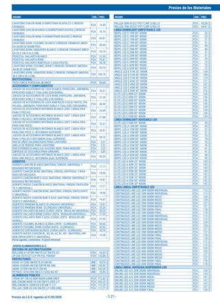 Precios sin I.G.V. vigentes al 31/05/2020
Precios de los Materiales
INSUMO UND. PREC. INSUMO UND. PREC.
- 3.21 -
LAVATORIO OVALÍN BONE D/EMPOTRAR ACAPULCO C/REBOSE
CROMADO
PZA 74,49
LAVATORIO OVALÍN BLANCO D/SOBREPONER BUZIOS C/REBOSE
CROMADO
PZA 76,19
LAVATORIO OVALÍN BONE D/SOBREPONER BUZIOS C/REBOSE
CROMADO
PZA 83,81
LAVATORIO BOWL COZUMEL BLANCO C/REBOSE CROMADO (MEDI-
DA 36CM DE DIÁMETRO)
PZA 84,66
LAVATORIO BOWL VARADERO BLANCO C/REBOSE CROMADO (MEDI-
DA 36.5 CM X 36.5 CM)
PZA 93,14
PEDESTAL VALLARTA BLANCO PZA 31,95
PEDESTAL VALLARTA BONE PZA 33,81
PEDESTAL VALLARTA RUBÍ ROJO O AZUL PASTEL PZA 36,78
LAVATORIO BOWL COZUMEL BONE C/REBOSE CROMADO (MEDIDA
36CM DE DIÁMETRO)
PZA 93,14
LAVATORIO BOWL VARADERO BONE C/REBOSE CROMADO (MEDIDA
36.5 CM X 36.5 CM)
PZA 100,76
INSTITUCIONAL
TAZA TURCA PUNTA SAL BLANCO PZA 84,66
ACCESORIOS Y COMPLEMENTOS
JUEGOS DE ACCESORIOS DE LOZA BLANCO (PAPELERA, JABONERA,
PERCHERO DOBLE Y TOALLERO CON BARRA)
PZA 35,51
JUEGOS DE ACCESORIOS DE LOZA BONE (PAPELERA, JABONERA,
PERCHERO DOBLE Y TOALLERO CON BARRA)
PZA 37,20
JUEGOS DE ACCESORIOS DE LOZA RUBÍ ROJO O AZUL PASTEL (PA-
PELERA, JABONERA, PERCHERO DOBLE Y TOALLERO CON BARRA)
PZA 40,59
JUEGOS DE ACCESORIOS INTERNOS BLANCO (SIST. LARGA VIDA
PARA 2 PIEZAS)
PZA 24,49
JUEGOS DE ACCESORIOS INTERNOS BLANCO (SIST. LARGA VIDA
PARA 2 PIEZAS C/ BOTONERA SUPERIOR)
PZA 27,88
JUEGOS DE ACCESORIOS INTERNOS BLANCO (SIST. LARGA VIDA
PARA ONE PIECE)
PZA 35,51
JUEGOS DE ACCESORIOS INTERNOS BLANCO (SIST. LARGA VIDA
PARA ONE PIECE C/ BOTONERA SUPERIOR)
PZA 35,51
JUEGOS DE ACCESORIOS INTERNOS BLANCO (SIST. LARGA VIDA
PARA 2 PIEZAS C/BOTONERA DUAL SUPERIOR)
PZA 50,76
PAR DE UÑAS GALVANIZADAS PARA LAVATORIO PZA 3,31
ANILLO DE REBOSE PARA LAVATORIO PZA 3,31
PAR D/PERNOS D/ANCLAJE D/ACERO INOX. PARA INODORO PZA 3,31
EMPAQUE DE DESCARGA PARA URINARIO PZA 5,85
JUEGOS DE ACCESORIOS INTERNOS BLANCO (SIST. LARGA VIDA
PARA ONE PIECE C/ BOTONERA DUAL SUPERIOR)
PZA 42,29
ASIENTOS
ASIENTO CANCÚN BLANCO (MATERIAL VIRGEN, UNIVERSAL Y
BISAGRAS REFORZADAS)
PZA 17,71
ASIENTO CANCÚN BONE (MATERIAL VIRGEN, UNIVERSAL Y BISA-
GRAS REFORZADAS)
PZA 18,56
ASIENTO CANCÚN RUBÍ O AZUL (MATERIAL VIRGEN, UNIVERSAL Y
BISAGRAS REFORZADAS)
PZA 19,41
ASIENTO NUEVO CANCÚN BLANCO (MATERIAL VIRGEN, ENVOLVEN-
TE Y UNIVERSAL)
PZA 17,71
ASIENTO NUEVO CANCÚN BONE (MATERIAL VIRGEN, ENVOLVENTE
Y UNIVERSAL)
PZA 18,56
ASIENTO NUEVO CANCÚN RUBÍ O AZUL (MATERIAL VIRGEN, ENVOL-
VENTE Y UNIVERSAL)
PZA 19,41
ASIENTOS IPANEMA BLANCO (ELONGADO UNIVERSAL) PZA 19,41
ASIENTOS IPANEMA BONE (ELONGADO UNIVERSAL) PZA 20,25
ASIENTO VALLARTA BLANCO (CAÍDA LENTA - REGULAR UNIVERSAL) PZA 20,25
ASIENTO VALLARTA BONE (CAÍDA LENTA - REGULAR UNIVERSAL) PZA 21,95
ASIENTO VALLARTA RUBÍ O AZUL (CAÍDA LENTA - REGULAR UNI-
VERSAL)
PZA 27,03
ASIENTO COZUMEL BLANCO (CAÍDA LENTA - ELONGADO) PZA 30,42
ASIENTO COZUMEL BONE (CAÍDA LENTA - ELONGADO) PZA 30,42
ASIENTOS CARTAGENA BLANCO (CAÍDA LENTA - ELONGADO) PZA 50,76
ASIENTO NUEVO CANCÚN BL- RU, BL-AZ, BL- RO (MATERIAL VIR-
GEN, ENVOLVENTE Y UNIVERSAL)
PZA 19,58
Precios sugeridos a constructoras -2% (precio referencial)
JOSFELILUMINACIONS.A.C.
SISTEMA DE AUTOMATIZACIÓN
BOLLARD A 1X70W HM-VS E27 EM PS 24" PZA 65,25 $
JP-250 VS70 E27 C/F PR POL TRANSP PZA 122,88 $
PROYECTORES
ARAN 1X150W HM RX7S-24 EM NG UND 45,76 $
ARAN 1X400W HM E40 EM PR NG SIM UND 100,85 $
ARAN 1X70W HM RX7S EM NG UND 242,09 $
PETRUS 1X70/35W HM G12 S/EQ NG 45° UND 55,93 $
ALUMBRADO PUBLICO
TRIAN 40º CRI 65 80W 4000K DARK GREY PZA 472,03 $
MILLENIUM 400W VS E40 EM PS GRIS C/F PZA 265,25 $
MILLENIUM IV 250W VS E40 EM TI C/F PZA 137,29 $
PALLQA 150W VS E40 EM PS C/F GRIS ENEL PZA 112,71 $
PALLQA 50W VS E27 PST C/MF S/SELLO PZA 63,56 $
PALLQA 70W VS E27 PST C/MF S/SELLO PZA 64,41 $
LINEA DOWNLIGHT EMPOTRABLE LED
BERYL LED E 10W 80° 3000K PZA 25 $
BERYL LED E 10W 80° 4000K PZA 23 $
BERYL LED E 15W 80° 3000K PZA 31 $
BERYL LED E 15W 80° 4000K PZA 31 $
BERYL LED E 24W 80° 3000K PZA 49 $
BERYL LED E 24W 80° 4000K PZA 46 $
BERYL LED E 25W 80° 3000K PZA 51 $
BERYL LED E 25W 80° 4000K PZA 51 $
BERYL LED E 35W 80° 3000K PZA 70 $
BERYL LED E 35W 80° 4000K PZA 72 $
BERYL LED E 42W 80° 3000K PZA 72 $
BERYL LED E 42W 80° 4000K PZA 72 $
ANGLE LED E 31W 20° 3000K PZA 134 $
ANGLE LED E 31W 40° 3000K PZA 108 $
ANGLE LED E 31W 40° 4000K PZA 114 $
ANGLE LED E 45W 20° 3000K PZA 121 $
ANGLE LED E 45W 20° 4000K PZA 167 $
ANGLE LED E 45W 40° 3000K PZA 167 $
ANGLE LED E 45W 40° 4000K PZA 216 $
ELITE LED E 40W 25° 3000K PZA 136 $
ELITE LED E 40W 25° 4000K PZA 136 $
ELITE LED E 40W 50° 3000K PZA 136 $
ELITE LED E 40W 50° 4000K PZA 136 $
ELITE LED E 55W 25° 3000K PZA 134 $
ELITE LED E 55W 25° 4000K PZA 134 $
ELITE LED E 55W 50° 3000K PZA 134 $
ELITE LED E 55W 50° 4000K PZA 134 $
LINEA DOWNLIGHT ADOSABLE LED
ELITE LED E 55W 50° 4000K PZA 43 $
BERYL LED A 10W 80° 4000K PZA 43 $
BERYL LED A 15W 80° 3000K PZA 51 $
BERYL LED A 15W 80° 4000K PZA 51 $
BERYL LED A 24W 80° 3000K PZA 72 $
BERYL LED A 24W 80° 4000K PZA 70 $
BERYL LED A 25W 80° 3000K PZA 76 $
BERYL LED A 25W 80° 4000K PZA 76 $
BERYL LED A 35W 80° 3000K PZA 91 $
BERYL LED A 35W 80° 4000K PZA 91 $
BERYL LED A 42W 80° 3000K PZA 98 $
BERYL LED A 42W 80° 4000K PZA 95 $
ELITE LED A 40W 25° 3000K PZA 143 $
ELITE LED A 40W 25° 4000K PZA 143 $
ELITE LED A 40W 50° 3000K PZA 143 $
ELITE LED A 40W 50° 4000K PZA 143 $
ELITE LED A 55W 25° 3000K PZA 192 $
ELITE LED A 55W 25° 4000K PZA 192 $
ELITE LED A 55W 50° 3000K PZA 192 $
ELITE LED A 55W 50° 4000K PZA 192 $
LINEA LINEAL EMPOTRABLE LED
CONTINUOUS LINE LED 20W 3000K INDIVIDUAL PZA 112 $
CONTINUOUS LINE LED 20W 4000K INDIVIDUAL PZA 112 $
CONTINUOUS LINE LED 20W 3000K INICIO PZA 124 $
CONTINUOUS LINE LED 20W 4000K INICIO PZA 120 $
CONTINUOUS LINE LED 20W 3000K MEDIO PZA 127 $
CONTINUOUS LINE LED 20W 4000K MEDIO PZA 127 $
CONTINUOUS LINE LED 20W 3000K FINAL PZA 118 $
CONTINUOUS LINE LED 20W 4000K FINAL PZA 118 $
CONTINUOUS LINE LED 30W 3000K INDIVIDUAL PZA 112 $
CONTINUOUS LINE LED 30W 4000K INDIVIDUAL PZA 112 $
CONTINUOUS LINE LED 30W 3000K INICIO PZA 124 $
CONTINUOUS LINE LED 30W 4000K INICIO PZA 124 $
CONTINUOUS LINE LED 30W 3000K MEDIO PZA 127 $
CONTINUOUS LINE LED 30W 4000K MEDIO PZA 127 $
CONTINUOUS LINE LED 30W 3000K FINAL PZA 118 $
CONTINUOUS LINE LED 30W 4000K FINAL PZA 118 $
CONTINUOUS LINE LED 40W 3000K INDIVIDUAL PZA 112 $
CONTINUOUS LINE LED 40W 4000K INDIVIDUAL PZA 112 $
CONTINUOUS LINE LED 40W 3000K INICIO PZA 124 $
CONTINUOUS LINE LED 40W 4000K INICIO PZA 124 $
CONTINUOUS LINE LED 40W 3000K MEDIO PZA 127 $
CONTINUOUS LINE LED 40W 4000K MEDIO PZA 127 $
CONTINUOUS LINE LED 40W 3000K FINAL PZA 118 $
CONTINUOUS LINE LED 40W 4000K FINAL PZA 118 $
LINEA LINEAL ADOSADA/SUSPENDIDA LED
ONLINE LED A/S 20W 3000K INDIVIDUAL PZA 153 $
ONLINE LED A/S 20W 4000K INDIVIDUAL PZA 153 $
ONLINE LED A/S 20W 3000K INICIO PZA 167 $
ONLINE LED A/S 20W 4000K INICIO PZA 167 $
ONLINE LED A/S 20W 3000K MEDIO PZA 167 $
ONLINE LED A/S 20W 4000K MEDIO PZA 167 $
ONLINE LED A/S 20W 3000K FINAL PZA 154 $
 
