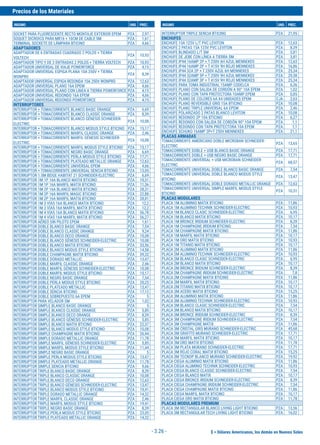 $ = Dólares Americanos, los demás en Nuevos Soles
Precios de los Materiales
INSUMO UND. PREC. INSUMO UND. PREC.
- 3.26 -
SOCKET PARA FLUORESCENTE RECTO MONTAJE EXTERIOR EPEM PZA 2,97
SOQUET DICROICO PARA MR16 + 10CM DE CABLE SM PZA 1,61
TERMINAL SOCKETE DE LÁMPARA BTICINO PZA 4,66
ADAPTADORES
ADAPTADOR DE 6 ENTRADAS CUADRADO 2 POLOS + TIERRA
VOLTECH
PZA 10,93
ADAPTADOR TIPO Y DE 3 ENTRADAS 2 POLOS + TIERRA VOLTECH PZA 10,93
ADAPTADOR UNIVERSAL DE VIAJE POWERFORCE PZA 4,15
ADAPTADOR UNIVERSAL ESPIGA PLANA 10A 250V + TIERRA
WONPRO
PZA 8,39
ADAPTADOR UNIVERSAL ESPIGA REDONDA 10A 250V WONPRO PZA 12,63
ADAPTADOR UNIVERSAL PLANO 16A EPEM PZA 4,66
ADAPTADOR UNIVERSAL PLANO CON LINEA A TIERRA POWERFORCE PZA 4,15
ADAPTADOR UNIVERSAL REDONDO 16A EPEM PZA 4,66
ADAPTADOR UNIVERSAL REDONDO POWERFORCE PZA 4,15
INTERRUPTORES
INTERRUPTOR + TOMACORRIENTE BLANCO BASIC ORANGE PZA 6,69
INTERRUPTOR + TOMACORRIENTE BLANCO CLASSIC ORANGE PZA 8,39
INTERRUPTOR + TOMACORRIENTE BLANCO GÉNESIS SCHNEIDER-
ELECTRIC
PZA 10,08
INTERRUPTOR + TOMACORRIENTE BLANCO MODUS STYLE BTICINO PZA 15,17
INTERRUPTOR + TOMACORRIENTE MARFIL CLASSIC ORANGE PZA 2,46
INTERRUPTOR + TOMACORRIENTE MARFIL GÉNESIS SCHNEIDER-
ELECTRIC
PZA 10,08
INTERRUPTOR + TOMACORRIENTE MARFIL MODUS STYLE BTICINO PZA 15,17
INTERRUPTOR + TOMACORRIENTE NEGRO BASIC ORANGE PZA 6,69
INTERRUPTOR + TOMACORRIENTE PERLA MODUS STYLE BTICINO PZA 17,71
INTERRUPTOR + TOMACORRIENTE PLATEADO METALLIC ORANGE PZA 12,63
INTERRUPTOR + TOMACORRIENTE UNIVERSAL EPEM PZA 4,66
INTERRUPTOR + TOMACORRIENTE UNIVERSAL SENCIA BTICINO PZA 13,05
INTERRUPTOR 1.5M BEIGE HABITAT 21 SCHNEIDER-ELECTRIC PZA 6,69
INTERRUPTOR 1M 1P 16A BLANCO MATIX BTICINO PZA 10,51
INTERRUPTOR 1M 1P 16A MARFIL MATIX BTICINO PZA 11,36
INTERRUPTOR 1M 2P 16A BLANCO MATIX BTICINO PZA 28,31
INTERRUPTOR 1M 2P 16A MARFIL MAGIC BTICINO PZA 22,88
INTERRUPTOR 1M 2P 16A MARFIL MATIX BTICINO PZA 28,81
INTERRUPTOR 1M 3 VÍAS 16A BLANCO MATIX BTICINO PZA 12,2
INTERRUPTOR 1M 3 VÍAS 16A MARFIL MATIX BTICINO PZA 12,2
INTERRUPTOR 1M 4 VÍAS 16A BLANCO MATIX BTICINO PZA 56,78
INTERRUPTOR 1M 4 VÍAS 16A MARFIL MATIX BTICINO PZA 56,27
INTERRUPTOR AÉREO SIN PILOTO EPEM PZA 1,61
INTERRUPTOR DOBLE BLANCO BASIC ORANGE PZA 7,54
INTERRUPTOR DOBLE BLANCO CLASSIC ORANGE PZA 9,24
INTERRUPTOR DOBLE BLANCO DECO ORANGE PZA 10,08
INTERRUPTOR DOBLE BLANCO GÉNESIS SCHNEIDER-ELECTRIC PZA 10,08
INTERRUPTOR DOBLE BLANCO MATIX BTICINO PZA 33,56
INTERRUPTOR DOBLE BLANCO MODUS STYLE BTICINO PZA 14,58
INTERRUPTOR DOBLE CHAMPAGNE MATIX BTICINO PZA 39,32
INTERRUPTOR DOBLE DORADO METALLIC PZA 13,47
INTERRUPTOR DOBLE MARFIL CLASSIC ORANGE PZA 2,46
INTERRUPTOR DOBLE MARFIL GÉNESIS SCHNEIDER-ELECTRIC PZA 10,08
INTERRUPTOR DOBLE MARFIL MODUS STYLE BTICINO PZA 15,17
INTERRUPTOR DOBLE NEGRO BASIC ORANGE PZA 7,54
INTERRUPTOR DOBLE PERLA MODUS STYLE BTICINO PZA 20,25
INTERRUPTOR DOBLE PLATEADO METALLIC PZA 13,47
INTERRUPTOR DOBLE SENCIA BTICINO PZA 17,12
INTERRUPTOR DOBLE SOBREPUESTO 6A EPEM PZA 5
INTERRUPTOR PARA VELADOR SM PZA 1,02
INTERRUPTOR SIMPLE BLANCO BASIC ORANGE PZA 5
INTERRUPTOR SIMPLE BLANCO CLASSIC ORANGE PZA 5,85
INTERRUPTOR SIMPLE BLANCO DECO ORANGE PZA 8,39
INTERRUPTOR SIMPLE BLANCO GÉNESIS SCHNEIDER-ELECTRIC PZA 5,85
INTERRUPTOR SIMPLE BLANCO MATIX BTICINO PZA 22,37
INTERRUPTOR SIMPLE BLANCO MODUS STYLE BTICINO PZA 10,08
INTERRUPTOR SIMPLE CHAMPAGNE MATIX BTICINO PZA 26,44
INTERRUPTOR SIMPLE DORADO METALLIC ORANGE PZA 11,78
INTERRUPTOR SIMPLE MARFIL GÉNESIS SCHNEIDER-ELECTRIC PZA 5,85
INTERRUPTOR SIMPLE MARFIL MODUS STYLE BTICINO PZA 11,44
INTERRUPTOR SIMPLE NEGRO BASIC ORANGE PZA 5
INTERRUPTOR SIMPLE PERLA MODUS STYLE BTICINO PZA 13,47
INTERRUPTOR SIMPLE PLATEADO METALLIC ORANGE PZA 11,78
INTERRUPTOR SIMPLE SENCIA BTICINO PZA 9,66
INTERRUPTOR TRIPLE BLANCO BASIC ORANGE PZA 8,39
INTERRUPTOR TRIPLE BLANCO CLASSIC ORANGE PZA 10,08
INTERRUPTOR TRIPLE BLANCO DECO ORANGE PZA 12,63
INTERRUPTOR TRIPLE BLANCO GÉNESIS SCHNEIDER-ELECTRIC PZA 13,47
INTERRUPTOR TRIPLE BLANCO MODUS STYLE BTICINO PZA 19,41
INTERRUPTOR TRIPLE DORADO METALLIC ORANGE PZA 14,32
INTERRUPTOR TRIPLE MARFIL CLASSIC ORANGE PZA 2,46
INTERRUPTOR TRIPLE MARFIL MODUS STYLE BTICINO PZA 19,41
INTERRUPTOR TRIPLE NEGRO BASIC ORANGE PZA 8,39
INTERRUPTOR TRIPLE PERLA MODUS STYLE BTICINO PZA 23,05
INTERRUPTOR TRIPLE PLATEADO METALLIC ORANGE PZA 14,32
INTERRUPTOR TRIPLE SENCIA BTICINO PZA 21,95
ENCHUFES
ENCHUFE 15A 125V L/T PVC LEVITON PZA 12,63
ENCHUFE 2 PATAS 15A 125V PVC LEVITON PZA 8,39
ENCHUFE BLINDADO L/T SM PZA 3,81
ENCHUFE DE JEBE CON LÍNEA A TIERRA SM PZA 3,81
ENCHUFE IP44 16AMP 2P + T 250V 6H AZUL MENNEKES PZA 12,63
ENCHUFE IP44 16AMP 2P + T 415V 9H ROJO MENNEKES PZA 16,86
ENCHUFE IP44 32A 2P + T 250V AZUL 6H MENNEKES PZA 25,34
ENCHUFE IP44 32AMP 3P + T 250V 9H AZUL MENNEKES PZA 29,58
ENCHUFE IP44 32AMP 3P + T 415V 9H ROJO MENNEKES PZA 25,34
ENCHUFE PARA TOMA INDUSTRIAL 15AMP CODELCA PZA 6,36
ENCHUFE PLANO CON SALIDA DE CORDÓN A 90° 10A EPEM PZA 1,02
ENCHUFE PLANO CON TAPA PROTECTORA 10AMP EPEM PZA 0,85
ENCHUFE PLANO DE COLORES 6A X4 UNIDADES EPEM CJA 2,63
ENCHUFE PLANO REVERSIBLE GRIS 15A BTICINO PZA 10,08
ENCHUFE PLANO TRIPLE UNIVERSAL 6A EPEM PZA 2,46
ENCHUFE POLARIZADO 2 PATAS BLANCO LEVITON PZA 10,08
ENCHUFE REDONDO 2P 10A BTICINO PZA 6,27
ENCHUFE REDONDO CON SALIDA DE CORDÓN 90° 10A EPEM PZA 1,1
ENCHUFE REDONDO CON TAPA PROTECTORA 10A EPEM PZA 1,1
ENCHUFE SCHUKO 16AMP 2P+T 250V MENNEKES PZA 21,1
PLACAS ARMADAS
TOMACORRIENTE AMERICANO DOBLE MICROBAN SCHNEIDER-
ELECTRIC
PZA 13,65
TOMACORRIENTE DOBLE + USB BLANCO BASIC ORANGE PZA 17,71
TOMACORRIENTE DOBLE + USB NEGRO BASIC ORANGE PZA 17,71
TOMACORRIENTE UNIVERSAL + USB MICROBAN SCHNEIDER-
ELECTRIC
PZA 68,57
TOMACORRIENTE UNIVERSAL DOBLE BLANCO BASIC ORANGE PZA 7,54
TOMACORRIENTE UNIVERSAL DOBLE BLANCO MODUS STYLE
BTICINO
PZA 13,47
TOMACORRIENTE UNIVERSAL DOBLE DORADO METALLIC ORANGE PZA 12,63
TOMACORRIENTE UNIVERSAL SIMPLE MARFIL MODUS STYLE
BTICINO
PZA 10,51
PLACAS MODULARES
PLACA 1M ALUMINIO MATIX BTICINO PZA 11,86
PLACA 1M ALUMINIO TECHNIK SCHNEIDER-ELECTRIC PZA 10,93
PLACA 1M BLANCO CLASIC SCHNEIDER-ELECTRIC PZA 6,95
PLACA 1M BLANCO MATIX BTICINO PZA 10,17
PLACA 1M BRONCE IRIDIUM SCHNEIDER-ELECTRIC PZA 8,39
PLACA 1M CHAMPAGNE IRIDIUM BTICINO PZA 7,54
PLACA 1M CHAMPAGNE MATIX BTICINO PZA 11,86
PLACA 1M MARFIL MATIX BTICINO PZA 10,17
PLACA 1M ORO MATIX BTICINO PZA 10,93
PLACA 1M TITANIO MATIX BTICINO PZA 10,17
PLACA 2M ALUMINIO MATIX BTICINO PZA 11,86
PLACA 2M ALUMINIO TECHNIK SCHNEIDER-ELECTRIC PZA 10,93
PLACA 2M BLANCO CLASIC SCHNEIDER-ELECTRIC PZA 6,95
PLACA 2M BLANCO MATIX BTICINO PZA 10,17
PLACA 2M BRONCE IRIDIUM SCHNEIDER-ELECTRIC PZA 8,39
PLACA 2M CHAMPAGNE IRIDIUM SCHNEIDER-ELECTRIC PZA 7,8
PLACA 2M CHAMPAGNE MATIX BTICINO PZA 11,86
PLACA 2M MARFIL MATIX BTICINO PZA 10,17
PLACA 2M TITANIO MATIX BTICINO PZA 10,17
PLACA 3M ACERO MATIX BTICINO PZA 15,25
PLACA 3M ALUMINIO MATIX BTICINO PZA 11,86
PLACA 3M ALUMINIO TECHNIK SCHNEIDER-ELECTRIC PZA 10,93
PLACA 3M BLANCO CLASIC SCHNEIDER-ELECTRIC PZA 7,54
PLACA 3M BLANCO MATIX BTICINO PZA 10,17
PLACA 3M BRONCE IRIDIUM SCHNEIDER-ELECTRIC PZA 8,39
PLACA 3M CHAMPAGNE IRIDIUM SCHNEIDER-ELECTRIC PZA 7,54
PLACA 3M CHAMPAGNE MATIX PZA 11,86
PLACA 3M CRISTAL GRIS MURANO SCHNEIDER-ELECTRIC PZA 45,68
PLACA 3M GRAFITO MURANO SCHNEIDER-ELECTRIC PZA 17,71
PLACA 3M MARFIL MATIX BTICINO PZA 10,17
PLACA 3M ORO MATIX BTICINO PZA 11,78
PLACA 3M PLATA MURANO SCHNEIDER-ELECTRIC PZA 17,71
PLACA 3M ROJO CORAL MATIX BTICINO PZA 15,25
PLACA 3M TECNOP BLANCO MURANO SCHNEIDER-ELECTRIC PZA 19,92
PLACA CIEGA ALUMINIO MATIX BTICINO PZA 11,86
PLACA CIEGA ALUMINIO TECHNIK SCHNEIDER-ELECTRIC PZA 10,93
PLACA CIEGA BLANCO CLASSIC SCHNEIDER-ELECTRIC PZA 7,54
PLACA CIEGA BLANCO MATIX PZA 10,17
PLACA CIEGA BRONCE IRIDIUM SCHNEIDER-ELECTRIC PZA 8,39
PLACA CIEGA CHAMPAGNE IRIDIUM SCHNEIDER-ELECTRIC PZA 7,54
PLACA CIEGA CHAMPAGNE MATIX BTICINO PZA 11,86
PLACA CIEGA MARFIL MATIX BTICINO PZA 10,17
PLACA CIEGA ORO MATIX BTICINO PZA 11,78
PLACAS MODULARES PREMIUM
PLACA 3M RECTANGULAR BLANCO LIVING LIGHT BTICINO PZA 13,56
PLACA 3M RECTANGULAR TECH LIVING LIGHT BTICINO PZA 16,02
 