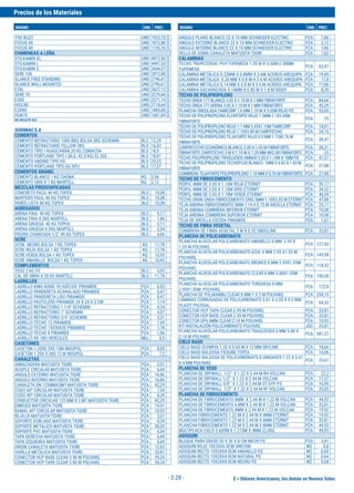 $ = Dólares Americanos, los demás en Nuevos Soles
Precios de los Materiales
INSUMO UND. PREC. INSUMO UND. PREC.
- 3.28 -
THE BUZZ UND 1923,73 $
FOCUS 60 UND 1872,88 $
FOCUS 40 UND 1745,76 $
CHIMENEAS A LEÑA
STILKAMIN XL UND 4813,56 $
STILKAMIN L UND 4491,53 $
STILKAMIN S UND 3644,07 $
SERE 100 UND 2872,88 $
GLANCE FREE STANDING UND 2796,61 $
GLANCE WALL MOUNTED UND 2796,61 $
E30L UND 2627,12 $
SERE 70 UND 2279,66 $
E30S UND 2271,19 $
H03/80 UND 2118,64 $
E20NS UND 1805,08 $
HGB70 UND 1601,69 $
NO INCLUYE IGV.
SODIMACS.A
CEMENTOS
CEMENTO REFRACTARIO 1000 BBQ BOLSA 5KG SCHEMIN BLS 12,29
CEMENTO REFRACTARIO YELLOW 5KG BLS 16,02
CEMENTO TIPO I HUASCARÁN 20 KG COMACSA BLS 18,9
CEMENTO PORTLAND TIPO I (BLS.:42.5 KG) EL SOL BLS 18,81
CEMENTO ANDINO TIPO HS BLS 20,25
CEMENTO PÓRTLAND TIPO GU APU BLS 17,37
CEMENTOS GRANEL
CEMENTO BLANCO 1 KG CHEMA KG 3,56
CEMENTO GRIS X 1 KG MARTELL KG 2,12
MEZCLAS PREDOSIFICADAS
CONCRETO FACIL 40 KG TOPEX BLS 10,08
MORTERO FACIL 40 KG TOPEX BLS 10,08
PARED LISTA 40 KG TOPEX BLS 10,08
AGREGADOS
ARENA FINA 40 KG TOPEX BLS 5,17
ARENA FINA X 2KG MARTELL BLS 1,86
ARENA GRUESA 40 KG TOPEX BLS 5,17
ARENA GRUESA X 2KG MARTELL BLS 2,54
PIEDRA CHANCADA 1/2" 40 KG TOPEX BLS 4,66
OCRE
OCRE NEGRO BOLSA 1 KG TOPEX KG 11,78
OCRE ROJO BOLSA 1 KG TOPEX KG 11,78
OCRE VERDE BOLSA 1 KG TOPEX KG 10,93
OCRE AMARILLO BOLSA 1 KG TOPEX KG 10,93
COMPLEMENTOS
YESO 2 KG P.E BLS 5,93
CAL DE OBRA X 20 KG MARTELL BLS 11,78
LADRILLOS
LADRILLO KING KONG 18 HUECOS PIRAMIDE PZA 0,55
LADRILLO PANDERETA ACANALADO PIRAMIDE PZA 0,47
LADRILLO PANDERETA LISO PIRAMIDE PZA 0,47
LADRILLO PASTELERO PIRAMIDE 24 X 24 X 3 CM PZA 1,14
LADRILLO REFRACTORIO 1 1/4" SCHEMIN PZA 4,24
LADRILLO REFRACTORIO 1" SCHEMIN PZA 4,07
LADRILLO REFRACTORIO 3/4" SCHEMIN PZA 3,31
LADRILLO TECHO 12 PIRAMIDE PZA 1,69
LADRILLO TECHO 15X30X30 PIRAMIDE PZA 1,78
LADRILLO TECHO 8 PIRAMIDE PZA 1,86
LADRILLO KK 18H HERCULES MLL 0,5
CASETONES
CASETON 1.20X0.3X0.15M INDUPOL PZA 8,05
CASETON 1.20X 0.3X0.12 M INDUPOL PZA 7,2
CANALETAS
ABRAZADERA MATUSITA TIGRE PZA 3,31
ACOPLE CIRCULAR MATUSITA TIGRE PZA 6,69
ANGULO EXTERNO MATUSITA TIGRE PZA 16,86
ANGULO INTERNO MATUSITA TIGRE PZA 16,86
CANALETA DN 125MMX3MT MATUSITA TIGRE PZA 42,29
CODO 60º CIRCULAR MATUSITA TIGRE PZA 7,54
CODO 90º CIRCULAR MATUSITA TIGRE PZA 8,39
CONDUCTOR CIRCULAR 125 MM X 3 MT MATUSITA TIGRE PZA 42,29
EMBUDO MATUSITA TIGRE PZA 19,41
RAMAL 60º CIRCULAR MATUSITA TIGRE PZA 10,93
REJILLA MATUSITA TIGRE PZA 3,31
SOPORTE DOBLADO MATUSITA TIGRE PZA 8,39
SOPORTE METALICO MATUSITA TIGRE PZA 38,05
SOPORTE PVC MATUSITA TIGRE PZA 6,69
TAPA DERECHA MATUSITA TIGRE PZA 6,69
TAPA IZQUIERDA MATUSITA TIGRE PZA 6,69
UNION CANALETA MATUSITA TIGRE PZA 12,63
VARILLA METALICA MATUSITA TIGRE PZA 33,81
CONECTOR HCP BASE CLEAR 5.90 M POLYARQ PZA 59,24
CONECTOR HCP TAPA CLEAR 5.90 M POLYARQ PZA 59,24
ANGULO PLANO BLANCO 22 X 10 MM SCHNEIDER ELECTRIC PZA 1,86
ANGULO EXTERNO BLANCO 22 X 10 MM SCHNEIDER ELECTRIC PZA 2,12
ANGULO INTERNO BLANCO 22 X 10 MM SCHNEIDER ELECTRIC PZA 1,86
SELLO DE GOMA CANALETA MATUSITA TIGRE PZA 1,02
CALAMINAS
TECHO TRAPEZOIDAL PV4 TUPEMESA 1.05 M X 3.60M 0.30MM
TUPEMESA
PZA 63,47
CALAMINA METÁLICA 0.22MM X 0.8MM X 3.6M ACEROS AREQUIPA PZA 19,49
CALAMINA METÁLICA 0.20 MM X 0.8 M X 3.6 M ACEROS AREQUIPA PZA 17,8
CALAMINA METÁLICA 0.14 MM X 0.8 M X 3.6 M ACEROS AREQUIPA PZA 11,86
CALAMINA GALVANIZADA 0.14MM X 0.80 M X 1.8 M SIDER PZA 8,39
TECHO DE POLIPROPILENO
TECHO ONDA 177 BLANCO 3.05 X 1.10 M X 1 MM FIBRAFORTE PZA 84,66
TECHO ONDA 177 ARENA 3.05 X 1.10 M X 1 MM FIBRAFORTE PZA 42,29
PLANCHA ONDULADATAMICORP 1.6 MM 1.10 M X 3.05M ROJO P.E PZA 55,85
TECHO DE POLIPROPILENO FLEXIFORTE ROJO 1.2MM-1.1X3.05M
FIBRAFORTE
PZA 25
TECHO DE POLIPROPILENO ROJO 1.1 MM 3.05X1.10MTAMICORP PZA 18,81
TECHO DE POLIPROPILENO ROJO 1.10X3.00 M CARPITECHO PZA 24,15
TECHO DE POLIPROPILENOTEJAFORTE ROJO 0.9 MM 1.15X0.76 M
FIBRAFORTE
PZA 28,47
CARPINTECHO ECONÓMICO BLANCO 3.00 X 1.05 M FIBRAFORTE PZA 28,31
FIBRAFORTE CARPITECHO 3 M X 1.10 M X 1.20 MM 4KG GR FIBRAFORTE PZA 25
TECHO POLIPROPILENOTRASLUCIDO AMBAR 3.05 X 1.10M X 1MM P.E PZA 47,37
TECHO DE POLIPROPILENOTECHOPLUS BLANCO 1MM X 0.83 X 1.83 M
FIBRAFORTE
PZA 27,88
CUMBRERATEJAFORTE POLIPROPILENO 1.10 MM X 0.76 M FIBRAFORTE PZA 27,88
TECHO DE FIBROCEMENTO
PERFIL 4MM DE 3.05 X 1.10M ROJA ETERNIT PZA 35,17
PERFIL 4MM DE 3.05 X 1.10M GRIS ETERNIT PZA 34,32
PERFIL 4MM DE 3.05 X 1.10M VERDE ETERNIT PZA 40,59
TECHO GRAN ONDA FIBROCEMENTO GRIS 5MM 1.10X3.05 M ETERNIT PZA 47,88
TEJA ANDINA FIBROCEMENTO 5MM 1.14 X 0.72 M ARCILLA ETERNIT PZA 25,17
TEJA ANDINA CUMBRERA INFERIOR ETERNIT PZA 10,08
TEJA ANDINA CUMBRERA SUPERIOR ETERNIT PZA 10,08
TEJA DE ARCILLA COCIDA PIRAMIDE PZA 1,67
TECHO DE FIBRA VEGETAL
CUMBRERA DE FIBRA VEGETAL 2 M X 0.52 ONDULINE PZA 33,81
PLANCHA DE POLICARBONATO
PLANCHA ALVEOLAR POLICARBONATO AMARILLO 6 MM 2.95 X
1.05 M POLYARQ
PZA 127,03
PLANCHA ALVEOLAR POLICARBONATO AZUL 6 MM 2.95 X1.05 M
POLYARQ
PZA 143,98
PLANCHA ALVEOLAR POLICARBONATO BRONCE 6 MM 2.95X1.05M
POLYARQ
PZA 114,32
PLANCHA ALVEOLAR POLICARBONATO CLEAR 6 MM 5.80X1.05M
POLYARQ
PZA 190,59
PLANCHA ALVEOLAR POLICARBONATO TURQUESA 6 MM
2.95X1.05M POLYARQ
PZA 122,8
PLANCHA DE POLIBAMBU CLEAR 8 MM 1 X 2 M POLYARQ PZA 254,15
LÁMINAS CORRUGADAS DE POLICARBONATO 0.81 X 3.05 X 0.6 MM
PLAZIT POLYGAL
PZA 64,32
CONECTOR HCP TAPA CLEAR 2.95 M POLYARQ PZA 33,81
CONECTOR HCP BASE CLEAR 2.95 M POLYARQ PZA 33,81
CONECTOR UP4 6MM CLEAR 2.10 M POLYARQ PZA 10,93
KIT INSTALACIÓN POLICARBINATO POLYARQ JGO 33,81
PLANCHA ALVEOLAR POLICARBONATO TRASLÚCIDO 6 MM 5.80 X
2.10 M POLYARQ
PZA 381,27
CIELO RASO
CIELO RASO OLYMPIA 1.20 X 0.60 M X 12 MM SKYLINE PZA 18,66
CIELO RASO BALDOSA FISSURE TOPEX PZA 16,06
CIELO RASO BALDOSA DE POLICARBONATO 8 UNIDADES 1.22 X 0.61
X 4 MM POLYARQ
PZA 25,61
PLANCHA DE YESO
PLANCHA DE DRYWALL 1/2" X 1.22 X 2.44 M RH VOLCAN PZA 22,2
PLANCHA DE DRYWALL 1/2" X 1.22 X 2.44 M VOLCAN PZA 17,37
PLANCHA DE DRYWALL 3/8" X 1.22 X 2.44 M ST GYP P.E PZA 16,95
PLANCHA DE DRYWALL 1/2" X 1.22 X 2.44 M RF VOLCAN PZA 25,85
PLANCHA DE FIBROCEMENTO
PLANCHA DE FIBROCEMENTO 8MM X 2.44 M X 1.22 M VOLCAN PZA 44,92
PLANCHA DE FIBROCEMENTO 6 MM X 2.44 M X 1.22 M VOLCAN PZA 33,81
PLANCHA DE FIBROCEMENTO 4MM X 2.44 M X 1.22 M VOLCAN PZA 19,92
PLANCHA FIBROCEMENTO 1.22 M X 2.44 M X 4MM ETERNIT PZA 19,92
PLANCHA FIBROCEMENTO 1.22 M X 2.44 M X 6MM ETERNIT PZA 33,81
PLANCHA FIBROCEMENTO 1.22 M X 2.44 M X 8MM ETERNIT PZA 44,92
MULTIPLACA CIELO 0.605M X 1.215M X 4MM (CJX6) PZA 45,93
ADOQUIN
BLOQUE PARA GRASS 30 X 30 X 8 CM MICHI P.E PZA 3,81
ADOQUIN ROJO 10X20X6.0CM UNICOM M2 0,8
ADOQUIN RECTO 10X20X4.0CM AMARILLO P.E M2 0,69
ADOQUIN RECTO 10X20X4.0CM NATURAL P.E M2 0,64
ADOQUIN RECTO 10X20X4.0CM NEGRO P.E M2 0,68
 