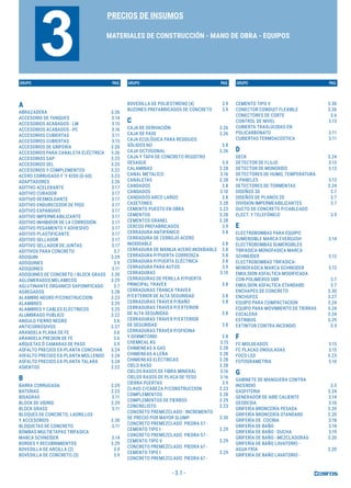 - 3.1 -
GRUPO PAG. GRUPO PAG. GRUPO PAG.
PRECIOS DE INSUMOS
MATERIALES DE CONSTRUCCIÓN - MANO DE OBRA - EQUIPOS
3
A
ABRAZADERA 3.26
ACCESORIO DE TANQUES 3.14
ACCESORIOS ACABADOS - LM 3.15
ACCESORIOS ACABADOS - PC 3.16
ACCESORIOS CUBIERTAS 3.11
ACCESORIOS CUBIERTAS 3.15
ACCESORIOS DE GRIFERÍA 3.20
ACCESORIOS PARA CANALETA ELÉCTRICA 3.26
ACCESORIOS SAP 3.25
ACCESORIOS SEL 3.25
ACCESORIOS Y COMPLEMENTOS 3.22
ACERO CORRUGADO F´Y 4200 (G-60) 3.23
ADAPTADORES 3.26
ADITIVO ACELERANTE 3.17
ADITIVO CURADOR 3.17
ADITIVO DESMOLDANTE 3.17
ADITIVO ENDURECEDOR DE PISO 3.17
ADITIVO EXPANSIVO 3.17
ADITIVO IMPERMEABILIZANTE 3.17
ADITIVO INHIBIDOR DE LA CORROSIÓN 3.17
ADITIVO PEGAMENTO Y ADHESIVO 3.17
ADITIVO PLASTIFICANTE 3.17
ADITIVO SELLADOR 3.17
ADITIVO SELLADOR DE JUNTAS 3.17
ADITIVOS PARA CONCRETO 3.7
ADOQUIN 3.29
ADOQUINES 3.9
ADOQUINES 3.11
ADOQUINES DE CONCRETO / BLOCK GRASS 3.30
AGLOMERADOS MELAMICOS 3.29
AGLUTINANTE ORGANICO SAPONIFICADO 3.7
AGREGADOS 3.28
ALAMBRE NEGRO P/CONSTRUCCION 3.23
ALAMBRES 3.29
ALAMBRES Y CABLES ELÉCTRICOS 3.25
ALUMBRADO PUBLICO 3.22
ANGULO FIERRO NEGRO 3.6
ANTICORROSIVOS 3.27
ARANDELA PLANA DE FE 3.6
ARANDELA PRESION DE FE 3.6
ARQUETAS Ó CAMARAS DE PASO 3.9
ASFALTO PRECIOS EX-PLANTA CONCHAN 3.24
ASFALTO PRECIOS EX-PLANTA MOLLENDO 3.24
ASFALTO PRECIOS EX-PLANTA TALARA 3.24
ASIENTOS 3.22
B
BARRA CORRUGADA 3.29
BATERIAS 3.23
BISAGRAS 3.11
BLOCK DE VIDRIO 3.29
BLOCK GRASS 3.11
BLOQUES DE CONCRETO, LADRILLOS
Y ACCESORIOS 3.30
BLOQUETAS DE CONCRETO 3.11
BOMBAS MULTIETAPAS TRIFASICA
MARCA SCHNEIDER 3.14
BORDES Y RECUBRIMIENTOS 3.29
BOVEDILLA DE ARCILLA (2) 3.9
BOVEDILLA DE CONCRETO (3) 3.9
BOVEDILLA DE POLIESTIRENO (4) 3.9
BUZONES PREFABRICADOS DE CONCRETO 3.9
C
CAJA DE DERIVACIÓN 3.26
CAJA DE PASE 3.26
CAJA ECOLÓGICA PARA RESIDUOS
SÓLIDOS NO 3.8
CAJA OCTOGONAL 3.26
CAJA Y TAPA DE CONCRETO REGISTRO
DESAGUE 3.9
CALAMINAS 3.28
CANAL METALICO 3.16
CANALETAS 3.28
CANDADOS 3.8
CANDADOS 3.10
CANDADOS ARCO LARGO 3.8
CASETONES 3.28
CEMENTO PUESTO EN OBRA 3.23
CEMENTOS 3.28
CEMENTOS GRANEL 3.28
CERCOS PREFABRICADOS 3.9
CERRADURA ANTIPÁNICO 3.8
CERRADURA DE CERROJO ACERO
INOXIDABLE 3.8
CERRADURA DE MANIJA ACERO INOXIDABLE 3.8
CERRADURA P/PUERTA CORREDIZA 3.8
CERRADURA P/PUERTA ELÉCTRICA 3.8
CERRADURA PARA AUTOS 3.9
CERRADURAS 3.10
CERRADURAS DE PERILLA P/PUERTA
PRINCIPAL TRAVEX 3.8
CERRADURAS TRANCA TRAVEX
P/EXTERIOR DE ALTA SEGURIDAD 3.8
CERRADURAS TRAVEX P/BAÑO 3.8
CERRADURAS TRAVEX P/EXTERIOR
DE ALTA SEGURIDAD 3.8
CERRADURAS TRAVEX P/EXTERIOR
DE SEGURIDAD 3.8
CERRADURAS TRAVEX P/OFICINA
Y DORMITORIO 3.8
CHEMICAL KG 3.15
CHIMENEAS A GAS 3.28
CHIMENEAS A LEÑA 3.28
CHIMENEAS ELÉCTRICAS 3.28
CIELO RASO 3.28
CIELOS RASOS DE FIBRA MINERAL 3.16
CIELOS RASOS DE PLACA DE YESO 3.16
CIERRA PUERTAS 3.9
CLAVO C/CABEZA P/CONSTRUCCION 3.23
COMPLEMENTOS 3.28
COMPLEMENTOS DE FIERROS 3.29
CONCRELISTO 3.23
CONCRETO PREMEZCLADO - INCREMENTO
DE PRECIO POR MAYOR SLUMP 3.30
CONCRETO PREMEZCLADO PIEDRA 57 -
CEMENTO TIPO I 3.29
CONCRETO PREMEZCLADO PIEDRA 57 -
CEMENTO TIPO V 3.29
CONCRETO PREMEZCLADO PIEDRA 67 -
CEMENTO TIPO I 3.29
CONCRETO PREMEZCLADO PIEDRA 67 -
CEMENTO TIPO V 3.30
CONECTOR CONDUIT FLEXIBLE 3.26
CONECTORES DE CORTE 3.6
CONTROL DE NIVEL 3.13
CUBIERTA TRASLÚCIDAS EN
POLICARBONATO 3.11
CUBIERTAS TERMOACÚSTICA 3.11
D
DECK 3.24
DETECTOR DE FLUJO 3.13
DETECTOR DE MONOXIDO 3.13
DETECTORES DE HUMO, TEMPERATURA
Y PANELES 3.13
DETECTORES DE TORMENTAS 3.24
DISEÑOS 3D 3.7
DISEÑOS DE PLANOS 2D 3.7
DIVISION IMPERMEABILIZANTES 3.7
DUCTO DE CONCRETO P/CABLEADO
ELECT. Y TELEFÓNICO 3.9
E
ELECTROBOMBAS PARA EQUIPO
SUMERGIBLE MARCA EVERGUSH 3.14
ELECTROBOMBAS SUMERGIBLES
TRIFASICA-MONOFASICA MARCA
SCHNEIDER 3.12
ELECTROBOMBAS TRIFASICA-
MONOFASICA MARCA SCHNEIDER 3.12
EMULSION ASFALTICA MODIFICADA
CON POLIMEROS SBR 3.7
EMULSION ASFALTICA STANDARD 3.7
ENCHAPES DE CONCRETO 3.30
ENCHUFES 3.27
EQUIPO PARA COMPACTACION 3.24
EQUIPO PARA MOVIMIENTO DE TIERRAS 3.24
ESCALERA 3.24
ESTRIBOS 3.29
EXTINTOR CONTRA INCENDIO 3.5
F
FC MOLDEADOS 3.15
FC PLACAS ONDULADAS 3.15
FOCO LED 3.23
FOTOGRAMETRIA 3.16
G
GABINETE DE MANGUERA CONTRA
INCENDIO 3.5
GASFITERIA 3.24
GENERADOR DE AIRE CALIENTE 3.14
GEODESIA 3.16
GRIFERÍA BRONCERÍA PESADA 3.20
GRIFERÍA BRONCERÍA STANDARD 3.20
GRIFERÍA DE COCINA 3.18
GRIFERÍA DE BAÑO 3.18
GRIFERÍA DE BAÑO - DUCHA 3.19
GRIFERÍA DE BAÑO - MEZCLADORAS 3.20
GRIFERÍA DE BAÑO LAVATORIO -
AGUA FRÍA 3.20
GRIFERÍA DE BAÑO LAVATORIO -
 