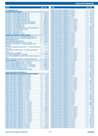 Precios sin I.G.V. vigentes al 28/02/2022
Precios de los Materiales
INSUMO UND. PREC. INSUMO UND. PREC.
- 3.5 -
A.B.SEGURIDADE.I.R.L
EXTINTOR CONTRA INCENDIO
EXTINTOR C.I.POLVO QUIMICO SECO ABC 1 KG PZA 20,00 $
EXTINTOR C.I.POLVO QUIMICO SECO ABC 2 KG PZA 30,00 $
EXTINTOR C.I.POLVO QUIMICO SECO ABC 4 KG PZA 35,00 $
EXTINTOR C.I.POLVO QUIMICO SECO ABC 6 KG PZA 50,00 $
EXTINTOR C.I.POLVO QUIMICO SECO ABC 9 KG PZA 60,00 $
EXTINTOR C.I.POLVO QUIMICO SECO ABC 12 KG PZA 65,00 $
EXTINTOR C.I.POLVO QUIMICO SECO ABC 25 KG RODANTE PZA 280,00 $
EXTINTOR C.I.POLVO QUIMICO SECO ABC 50 KG RODANTE PZA 390,00 $
EXTINTOR C.I .GAS CARBONICO 2 KG PZA 130,00 $
EXTINTOR C.I .GAS CARBONICO 5 KG PZA 180,00 $
EXTINTOR C.I. AGUA PRESURIZADA 2.5 GAL ACERO INOXIDABLE PZA 110,00 $
EXTINTOR C.I. AGUA PULVERIZADA 2.5 GAL PZA 250,00 $
EXTINTOR C.I. HALOTRON I 5 LB PZA 210,00 $
EXTINTOR C.I. HALOTRON I 11 LB PZA 270,00 $
EXTINTOR C.I. ESPUMA AFFF 2.5 GAL PZA 170,00 $
GABINETE DE MANGUERA CONTRA INCENDIO
GABINETE METALICO AGUA C/INCENDIO 80X60X18CM 1/24" PZA 75,00 $
GABINETE METALICO AGUA C/INCENDIO 90X80X22CM 1/16" PZA 110,00 $
PORTAMANGUERA 30 M PZA 24,00 $
PORTAMANGUERA CIRCULAR 30 M PZA 49,00 $
MANGUERA POLYESTER CON ACOPLES 1 1/2" 30M PZA 130,00 $
MANGUERA C-INC.NITRILO 21/2"X30MTS.BRONCE 250 PSI. -
M/5ELEM
PZA 225,00 $
PITÓN DE POLICARBONATO (ROJO) DE 1 ½” - 75 GPM M/GIACOMI-
NI, UL - FM
PZA 30,00 $
PITÓN BRONCE CHORRO-NIEBLA 1.1/2"-95GPM M/GIACOMINI
UL-FM
PZA 50,00 $
TAPA BRONCE 2 1/2" HEMBRA PZA 30,00 $
TAPA DE POLICARBONATO 2 1/2" HEMBRA PZA 20,00 $
HACHA PARA BOMBEROS DE CORTE Y PICO MANGO DE MADERA 
/ USA
PZA 45,00 $
NIPLE DE ENSAMBLAJE BRONCE 1 1/2" ROSCADO NPT - NST PZA 29,00 $
LLAVES Y VÁLVULAS
VALVULA ANGULAR BRONCE UL/FM 1 1/2" 300 PSI PZA 60,00 $
VALVULA ANGULAR BRONCE UL/FM 2 1/2" 300 PSI PZA 110,00 $
VALVULA SIAMESA BRONCE 4"X2 1/2"X2 1/2" TIPO POSTE PZA 290,00 $
VALVULA SIAMESA BRONCE 4"X2 1/2"X2 1/2" TIPO PARED PZA 290,00 $
LLAVE PARA HIDRANTE BRONCE Y ACERO PZA 70,00 $
LLAVE PARA ACOPLE DE MANGUERA DURALUMINIO PZA 30,00 $
ACEROSINDUSTRIALESACRIMSAS.A.C
PERNO HEXAGONAL ROSCA CORRIENTE GRADO 2 ZINCADO
PERNO HEXAG.ROSCA CORRIENTE G-2 1/2"X1/4" CTO 1,9 $
PERNO HEXAG.ROSCA CORRIENTE G-2 1/2"X5/16" CTO 3,06 $
PERNO HEXAG.ROSCA CORRIENTE G-2 1/2"X3/8" CTO 4,45 $
PERNO HEXAG.ROSCA CORRIENTE G-2 5/8"X1/4" CTO 2,07 $
PERNO HEXAG.ROSCA CORRIENTE G-2 5/8"X5/16" CTO 3,27 $
PERNO HEXAG.ROSCA CORRIENTE G-2 5/8"X3/8" CTO 4,8 $
PERNO HEXAG.ROSCA CORRIENTE G-2 3/4"X1/4" CTO 2,17 $
PERNO HEXAG.ROSCA CORRIENTE G-2 3/4"X5/16" CTO 3,64 $
PERNO HEXAG.ROSCA CORRIENTE G-2 3/4"X3/8" CTO 5,78 $
PERNO HEXAG.ROSCA CORRIENTE G-2 3/4"X7/16" CTO 6,28 $
PERNO HEXAG.ROSCA CORRIENTE G-2 3/4"X1/2" CTO 12 $
PERNO HEXAG.ROSCA CORRIENTE G-2 1"X1/4" CTO 2,47 $
PERNO HEXAG.ROSCA CORRIENTE G-2 1"X5/16" CTO 4,27 $
PERNO HEXAG.ROSCA CORRIENTE G-2 1"X3/8" CTO 6,29 $
PERNO HEXAG.ROSCA CORRIENTE G-2 1"X7/16" CTO 7,99 $
PERNO HEXAG.ROSCA CORRIENTE G-2 1"X1/2" CTO 13,2 $
PERNO HEXAG.ROSCA CORRIENTE G-2 1"X5/8" CTO 24,1 $
PERNO HEXAG.ROSCA CORRIENTE G-2 1"X3/4" CTO 37,5 $
PERNO HEXAG.ROSCA CORRIENTE G-2 1.1/4"X1/4" CTO 3,13 $
PERNO HEXAG.ROSCA CORRIENTE G-2 1.1/4"X5/16" CTO 4,84 $
PERNO HEXAG.ROSCA CORRIENTE G-2 1.1/4"X3/8" CTO 7,11 $
PERNO HEXAG.ROSCA CORRIENTE G-2 1.1/4"X7/16" CTO 9,35 $
PERNO HEXAG.ROSCA CORRIENTE G-2 1.1/4"X1/2" CTO 14,54 $
PERNO HEXAG.ROSCA CORRIENTE G-2 1.1/4"X5/8" CTO 25,55 $
PERNO HEXAG.ROSCA CORRIENTE G-2 1.1/4"X3/4" CTO 40,55 $
PERNO HEXAG.ROSCA CORRIENTE G-2 1.1/2"X1/4" CTO 3,57 $
PERNO HEXAG.ROSCA CORRIENTE G-2 1.1/2"X5/16" CTO 5,55 $
PERNO HEXAG.ROSCA CORRIENTE G-2 1.1/2"X3/8" CTO 8,15 $
PERNO HEXAG.ROSCA CORRIENTE G-2 1.1/2"X7/16" CTO 11,71 $
PERNO HEXAG.ROSCA CORRIENTE G-2 1 1/2"X1/2" CTO 15,91 $
PERNO HEXAG.ROSCA CORRIENTE G-2 1.1/2"X9/16" CTO 21,9 $
PERNO HEXAG.ROSCA CORRIENTE G-2 1.1/2"X5/8" CTO 26,17 $
PERNO HEXAG.ROSCA CORRIENTE G-2 1.1/2"X3/4" CTO 51,3 $
PERNO HEXAG.ROSCA CORRIENTE G-2 2"X1/4" CTO 4,47 $
PERNO HEXAG.ROSCA CORRIENTE G-2 2"X5/16" CTO 7,76 $
PERNO HEXAG.ROSCA CORRIENTE G-2 2"X3/8" CTO 10,35 $
PERNO HEXAG.ROSCA CORRIENTE G-2 2"X7/16" CTO 13,66 $
PERNO HEXAG.ROSCA CORRIENTE G-2 2"X1/2" CTO 21,74 $
PERNO HEXAG.ROSCA CORRIENTE G-2 2"X9/16" CTO 25 $
PERNO HEXAG.ROSCA CORRIENTE G-2 2"X5/8" CTO 33,01 $
PERNO HEXAG.ROSCA CORRIENTE G-2 2"X3/4" CTO 52,65 $
PERNO HEXAG.ROSCA CORRIENTE G-2 2"X7/8" CTO 92 $
PERNO HEXAG.ROSCA CORRIENTE G-2 2"X1" CTO 115,3 $
PERNO HEXAG.ROSCA CORRIENTE G-2 2.1/2"X1/4" CTO 5,19 $
PERNO HEXAG.ROSCA CORRIENTE G-2 2.1/2"X5/16" CTO 8,42 $
PERNO HEXAG.ROSCA CORRIENTE G-2 2.1/2"X3/8" CTO 13,26 $
PERNO HEXAG.ROSCA CORRIENTE G-2 2.1/2"X7/16" CTO 17,4 $
PERNO HEXAG.ROSCA CORRIENTE G-2 2.1/2"X1/2" CTO 23 $
PERNO HEXAG.ROSCA CORRIENTE G-2 2.1/2"X9/16" CTO 30,75 $
PERNO HEXAG.ROSCA CORRIENTE G-2 2.1/2"X5/8" CTO 40,05 $
PERNO HEXAG.ROSCA CORRIENTE G-2 2.1/2"X3/4" CTO 60,75 $
PERNO HEXAG.ROSCA CORRIENTE G-2 2.1/2"X7/8" CTO 106,9 $
PERNO HEXAG.ROSCA CORRIENTE G-2 2.1/2"X1" CTO 131,4 $
PERNO HEXAG.ROSCA CORRIENTE G-2 3"X1/4" CTO 6,72 $
PERNO HEXAG.ROSCA CORRIENTE G-2 3"X5/16" CTO 10,5 $
PERNO HEXAG.ROSCA CORRIENTE G-2 3"X3/8" CTO 15,01 $
PERNO HEXAG.ROSCA CORRIENTE G-2 3"X7/16" CTO 20,69 $
PERNO HEXAG.ROSCA CORRIENTE G-2 3"X1/2" CTO 28,5 $
PERNO HEXAG.ROSCA CORRIENTE G-2 3"X9/16" CTO 38,15 $
PERNO HEXAG.ROSCA CORRIENTE G-2 3"X5/8" CTO 46,35 $
PERNO HEXAG.ROSCA CORRIENTE G-2 3"X3/4" CTO 72,55 $
PERNO HEXAG.ROSCA CORRIENTE G-2 3"X7/8" CTO 118,9 $
PERNO HEXAG.ROSCA CORRIENTE G-2 3"X1" CTO 144,7 $
PERNO HEXAG.ROSCA CORRIENTE G-2 3.1/2"X1/4" CTO 7,5 $
PERNO HEXAG.ROSCA CORRIENTE G-2 3.1/2"X5/16" CTO 11,91 $
PERNO HEXAG.ROSCA CORRIENTE G-2 3.1/2"X3/8" CTO 16,75 $
PERNO HEXAG.ROSCA CORRIENTE G-2 3.1/2"X7/16" CTO 23,6 $
PERNO HEXAG.ROSCA CORRIENTE G-2 3.1/2"X1/2" CTO 32,5 $
PERNO HEXAG.ROSCA CORRIENTE G-2 3.1/2"X9/16" CTO 41,65 $
PERNO HEXAG.ROSCA CORRIENTE G-2 3.1/2"X5/8" CTO 49,43 $
PERNO HEXAG.ROSCA CORRIENTE G-2 3.1/2"X3/4" CTO 74,6 $
PERNO HEXAG.ROSCA CORRIENTE G-2 3.1/2"X7/8" CTO 163,2 $
PERNO HEXAG.ROSCA CORRIENTE G-2 3.1/2"X1" CTO 177 $
PERNO HEXAG.ROSCA CORRIENTE G-2 4"X1/4" CTO 8,99 $
PERNO HEXAG.ROSCA CORRIENTE G-2 4"X5/16" CTO 13,81 $
PERNO HEXAG.ROSCA CORRIENTE G-2 4"X3/8" CTO 19,95 $
PERNO HEXAG.ROSCA CORRIENTE G-2 4"X7/16" CTO 27,12 $
PERNO HEXAG.ROSCA CORRIENTE G-2 4"X1/2" CTO 37,4 $
PERNO HEXAG.ROSCA CORRIENTE G-2 4"X9/16" CTO 49 $
PERNO HEXAG.ROSCA CORRIENTE G-2 4"X5/8" CTO 57,02 $
PERNO HEXAG.ROSCA CORRIENTE G-2 4"X3/4" CTO 87,95 $
PERNO HEXAG.ROSCA CORRIENTE G-2 4"X7/8" CTO 165,2 $
PERNO HEXAG.ROSCA CORRIENTE G-2 4"X1" CTO 209,2 $
PERNO HEXAG.ROSCA CORRIENTE G-2 4.1/2"X1/4" CTO 9,84 $
PERNO HEXAG.ROSCA CORRIENTE G-2 4.1/2"X5/16" CTO 16 $
PERNO HEXAG.ROSCA CORRIENTE G-2 4.1/2"X3/8" CTO 20,64 $
PERNO HEXAG.ROSCA CORRIENTE G-2 4.1/2"X7/16" CTO 29,25 $
PERNO HEXAG.ROSCA CORRIENTE G-2 4.1/2"X1/2" CTO 42,72 $
PERNO HEXAG.ROSCA CORRIENTE G-2 4.1/2"X9/16" CTO 54,6 $
PERNO HEXAG.ROSCA CORRIENTE G-2 4.1/2"X5/8" CTO 61,6 $
PERNO HEXAG.ROSCA CORRIENTE G-2 4.1/2"X3/4" CTO 96,4 $
PERNO HEXAG.ROSCA CORRIENTE G-2 4.1/2"X7/8" CTO 174,1 $
PERNO HEXAG.ROSCA CORRIENTE G-2 4.1/2"X1" CTO 211,5 $
PERNO HEXAG.ROSCA CORRIENTE G-2 5"X1/4" CTO 11,4 $
PERNO HEXAG.ROSCA CORRIENTE G-2 5"X5/16" CTO 17,57 $
PERNO HEXAG.ROSCA CORRIENTE G-2 5"X3/8" CTO 24,31 $
PERNO HEXAG.ROSCA CORRIENTE G-2 5"X7/16" CTO 33,35 $
PERNO HEXAG.ROSCA CORRIENTE G-2 5"X1/2" CTO 50,16 $
PERNO HEXAG.ROSCA CORRIENTE G-2 5"X9/16" CTO 58,05 $
PERNO HEXAG.ROSCA CORRIENTE G-2 5"X5/8" CTO 73 $
PERNO HEXAG.ROSCA CORRIENTE G-2 5"X3/4" CTO 102,59 $
PERNO HEXAG.ROSCA CORRIENTE G-2 5"X7/8" CTO 178,02 $
PERNO HEXAG.ROSCA CORRIENTE G-2 5"X1" CTO 230,4 $
PERNO HEXAG.ROSCA CORRIENTE G-2 5.1/2"X5/16" CTO 20 $
PERNO HEXAG.ROSCA CORRIENTE G-2 5.1/2"X3/8" CTO 27,76 $
PERNO HEXAG.ROSCA CORRIENTE G-2 5.1/2"X7/16" CTO 35 $
PERNO HEXAG.ROSCA CORRIENTE G-2 5.1/2"X1/2" CTO 52,9 $
PERNO HEXAG.ROSCA CORRIENTE G-2 5.1/2"X9/16" CTO 62 $
PERNO HEXAG.ROSCA CORRIENTE G-2 5.1/2"X5/8" CTO 73,3 $
PERNO HEXAG.ROSCA CORRIENTE G-2 5.1/2"X3/4" CTO 119,22 $
PERNO HEXAG.ROSCA CORRIENTE G-2 5.1/2"X7/8" CTO 180 $
PERNO HEXAG.ROSCA CORRIENTE G-2 5.1/2"X1" CTO 232,5 $
PERNO HEXAG.ROSCA CORRIENTE G-2 6"X5/16" CTO 20,81 $
PERNO HEXAG.ROSCA CORRIENTE G-2 6"X3/8" CTO 29,15 $
PERNO HEXAG.ROSCA CORRIENTE G-2 6"X7/16" CTO 39,65 $
PERNO HEXAG.ROSCA CORRIENTE G-2 6"X1/2" CTO 58,81 $
PERNO HEXAG.ROSCA CORRIENTE G-2 6"X9/16" CTO 65,9 $
PERNO HEXAG.ROSCA CORRIENTE G-2 6"X5/8" CTO 78,9 $
 