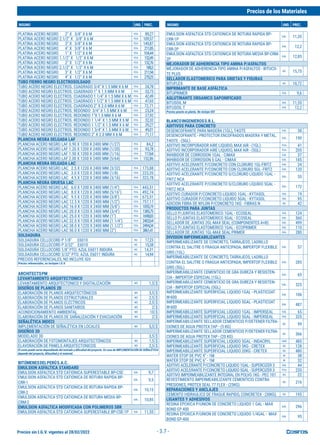 Precios sin I.G.V. vigentes al 28/02/2022
Precios de los Materiales
INSUMO UND. PREC. INSUMO UND. PREC.
- 3.7 -
PLATINA ACERO NEGRO 2" X 3/8" X 6 M PZA 89,27
PLATINA ACERO NEGRO 2.1/2" X 3/8" X 6 M PZA 109,57
PLATINA ACERO NEGRO 3" X 3/8" X 6 M PZA 149,87
PLATINA ACERO NEGRO 4" X 3/8" X 6 M PZA 211,85
PLATINA ACERO NEGRO 1" X 1/2" X 6 M PZA 104,44
PLATINA ACERO NEGRO 1.1/2" X 1/2" X 6 M PZA 152,49
PLATINA ACERO NEGRO 2" X 1/2" X 6 M PZA 132,76
PLATINA ACERO NEGRO 2.1/2" X 1/2" X 6 M PZA 188,3
PLATINA ACERO NEGRO 3" X 1/2" X 6 M PZA 211,94
PLATINA ACERO NEGRO 4" X 1/2" X 6 M PZA 270,25
TUBO FIERRO NEGRO ELECTROSOLDADO
TUBO ACERO NEGRO ELECTROS. CUADRADO 3/4" X 1.5 MM X 6 M PZA 24,78
TUBO ACERO NEGRO ELECTROS. CUADRADO 1" X 1.5 MM X 6 M PZA 33,73
TUBO ACERO NEGRO ELECTROS. CUADRADO 1 1/4" X 1.5 MM X 6 M PZA 42,49
TUBO ACERO NEGRO ELECTROS. CUADRADO 1 1/2" X 1.5 MM X 6 M PZA 47,65
TUBO ACERO NEGRO ELECTROS. CUADRADO 2" X 2.0 MM X 6 M PZA 72,71
TUBO ACERO NEGRO ELECTROS. REDONDO 3/4" X 1.5 MM X 6 M PZA 23,24
TUBO ACERO NEGRO ELECTROS. REDONDO 1"X 1.5 MM X 6 M PZA 27,92
TUBO ACERO NEGRO ELECTROS. REDONDO 1 1/4" X 1.5 MM X 6 M PZA 32,32
TUBO ACERO NEGRO ELECTROS. REDONDO 1 1/2" X 1.5 MM X 6 M PZA 39,27
TUBO ACERO NEGRO ELECTROS. REDONDO 1 3/4'' X 1.5 MM X 6 M PZA 49,01
TUBO ACERO NEGRO ELECTROS. REDONDO 2" X 2.0 MM X 6 M PZA 71,17
PLANCHA NEGRA DELGADA LAF
PLANCHA ACERO NEGRO LAF 0.90 X 1200 X 2400 MM (1/27) PZA 84,2
PLANCHA ACERO NEGRO LAF 1.20 X 1200 X 2400 MM (1/20) PZA 93,78
PLANCHA ACERO NEGRO LAF 1.50 X 1200 X 2400 MM (1/16) PZA 117,64
PLANCHA ACERO NEGRO LAF 2.00 X 1200 X 2400 MM (5/64) PZA 152,86
PLANCHA NEGRA DELGADA LAC
PLANCHA ACERO NEGRO LAC 2.5 X 1220 X 2400 MM (3/32) PZA 173,88
PLANCHA ACERO NEGRO LAC 3.0 X 1220 X 2400 MM (1/8) PZA 223,35
PLANCHA ACERO NEGRO LAC 4.5 X 1220 X 2400 MM (3/16) PZA 323,78
PLANCHA NEGRA GRUESA LAC
PLANCHA ACERO NEGRO LAC 6.0 X 1200 X 2400 MM (1/4") PZA 443,51
PLANCHA ACERO NEGRO LAC 8.0 X 1220 X 2400 MM (5/16") PZA 492,74
PLANCHA ACERO NEGRO LAC 9.5 X 1220 X 2400 MM (3/8") PZA 673,51
PLANCHA ACERO NEGRO LAC 12.5 X 1220 X 2400 MM (1/2") PZA 757,17
PLANCHA ACERO NEGRO LAC 16.0 X 1220 X 2400 MM (5/8") PZA 1055,19
PLANCHA ACERO NEGRO LAC 20.0 X 1220 X 2400 MM (3/4") PZA 1385,75
PLANCHA ACERO NEGRO LAC 25.0 X 1220 X 2400 MM (1") PZA 1698,83
PLANCHA ACERO NEGRO LAC 32.0 X 1200 X 2400 MM (1 1/4") PZA 2402,64
PLANCHA ACERO NEGRO LAC 38.0 X 1220 X 2400 MM (1.1/2") PZA 2494,34
PLANCHA ACERO NEGRO LAC 50.0 X 1220 X 2400 MM (2") PZA 3861,41
SOLDADURA
SOLDADURA CELLOCORD P 1/8" E6010 KG 17,23
SOLDADURA CELLOCORD P 3/32" E6010 KG 15,58
SOLDADURA CELLOCORD 1/8" PTO. AZUL E6011 INDURA KG 14,31
SOLDADURA CELLOCORD 3/32" PTO. AZUL E6011 INDURA KG 14,94
PRECIOS REFERENCIALES, NO INCLUYE IGV.
Precios referenciales, no incluyen I.G.V.
ARCHITECTSPM
LEVANTAMIENTO ARQUITECTONICO
LEVANTAMIENTO ARQUITECTONICO Y DIGITALIZACIÓN M2 1,5 $
DISEÑOS DE PLANOS 2D
ELABORACIÓN DE PLANOS ARQUITECTÓNICOS M2 3,5 $
ELABORACIÓN DE PLANOS ESTRUCTURALES M2 2,5 $
ELABORACIÓN DE PLANOS ELÉCTRICOS M2 2,5 $
ELABORACIÓN DE PLANOS SANITARIOS M2 2 $
ACONDICIONAMIENTO AMBIENTAL M2 10 $
ELABORACIÓN DE PLANOS DE SAÑALIZACIÓN Y EVACUACIÓN M2 2 $
SEÑALÉTICA INDECI
IMPLEMENTACIÓN DE SEÑALÉTICA EN LOCALES M2 5,5 $
DISEÑOS 3D
MODELADO 3D 3,5 $
ELABORACIÓN DE FOTOMONTAJES ARQUITECTÓNICOS M2 1,5 $
ELAVORACIÓN DE PANELS ARQUITECTONICOS M2 2,5 $
El costo puede varíar dependiendo del metrado y dificultad del proyecto. En caso de IMPLEMENTACIÓN DE SEÑALÉTICA
depende del proyecto, difucultad y el material.
BITÚMENESDELPERÚS.A.C.
EMULSION ASFALTICA STANDARD
EMULSION ASFALTICA STD CATIONICA SUPERESTABLE BP-CSE GAL 9,7
EMULSION ASFALTICA STD CATIONICA DE ROTURA RAPIDA BP-
CRR-1
GAL 9,5
EMULSION ASFALTICA STD CATIONICA DE ROTURA RAPIDA BP-
CRR-2
GAL 10,15
EMULSION ASFALTICA STD CATIONICA DE ROTURA MEDIA BP-
CRM-2
GAL 10,85
EMULSION ASFALTICA MODIFICADA CON POLIMEROS SBR
EMULSION ASFALTICA STD CATIONICA SUPERESTABLE BP-CSE-1P GAL 11,55
EMULSION ASFALTICA STD CATIONICA DE ROTURA RAPIDA BP-
CRR-1P
GAL 11,35
EMULSION ASFALTICA STD CATIONICA DE ROTURA RAPIDA BP-
CRR-2P
GAL 12,2
EMULSION ASFALTICA STD CATIONICA DE ROTURA MEDIA BP-CRM-
2P
GAL 12,85
MEJORADOR DE ADHERENCIA TIPO AMINA P/ASFALTOS
MEJORADOR DE ADHERENCIA TIPO AMINA P/ASFALTOS - BITUCO-
TE PLUS
KG 15,75
SELLADOR ELASTOMERICO PARA GRIETAS Y FISURAS
BITUFLEX KG 10,72
IMPRIMANTE DE BASE ASFÁLTICA
BITUPRIMER GAL 9,6
AGLUTINANTE ORGANICO SAPONIFICADO
BITUSOIL M GAL 11,55
BITUSOIL T GAL 12,2
Precios puesto en planta. No incluye IGV
BLANCOINGENIEROSS.R.L.
ADITIVOS PARA CONCRETO
DESENCOFRANTE PARA MADERA (1GL), T-KOTE GAL 38
DESENCOFRANTE - PROTECTOR ENCOFRADOS MADERA Y METAL,
T-KOTE - (5GL)
GAL 190
ADITIVO INCORPORADOR AIRE LIQUIDO, MAX AIR - (1GL) PZA 41
ADITIVO INCORPORADOR AIRE LIQUIDO, MAX AIR - (5GL) PZA 205
INHIBIDOR DE CORROSION 1GAL - CIMAX GAL 37
INHIBIDOR DE CORROSION 5 GAL - CIMAX GAL 185
ADITIVO ACELERANTE P/CONCRETO CON CLORURO 1GL-FRITZ GAL 24
ADITIVO ACELERANTE P/CONCRETO CON CLORURO 5GL- FRITZ GAL 120
ADITIVO ACELERANTE P/CONCRETO S/CLORURO LIQUIDO 1GAL -
FRITZ NCA
GAL 35
ADITIVO ACELERANTE P/CONCRETO S/CLORURO LIQUIDO 5GAL -
FRITZ NCA
GAL 172
ADITIVO CURADOR P/CONCRETO LIQUIDO 1GAL - KYTASOL GAL 19
ADITIVO CURADOR P/CONCRETO LIQUIDO 5GAL - KYTASOL GAL 95
ADICION FIBRA DE NYLON P/CONCRETO 1KG - FIBRAS N KG 42
PRODUCTOS PARA JUNTAS
SELLO P/JUNTAS ELASTOMERICO 1GAL - ECOSEAL GAL 124
SELLO P/JUNTAS ELASTOMERICO 5GAL - ECOSEAL GAL 560
SELLADOR DE JUNTAS 2GL-MAX SEAL (COMPONENTES A+B) GAL 499
SELLO P/JUNTAS ELASTOMERICO 1GAL - ECOPRIMER GAL 110
SELLADOR DE JUNTAS 1GL-MAX SEAL PRIMER GAL 280
DIVISION IMPERMEABILIZANTES
IMPERMEABILIZANTE DE CONCRETO, TARRAJEOS, LADRILLO
CONTRA EL SALITRE O FRAGUA ANTICIPADA, IMPERTOP FLEXIBLE
GRIS (1GL)
GAL 57
IMPERMEABILIZANTE DE CONCRETO, TARRAJEOS, LADRILLO
CONTRA EL SALITRE O FRAGUA ANTICIPADA, IMPERTOP FLEXIBLE
GRIS (5GL)
GAL 285
IMPERMEABILIZANTE CEMENTICIO DE GRA DUREZA Y RESISTEN-
CIA - IMPERTOP ESPECIAL (1GL)
GAL 65
IMPERMEABILIZANTE CEMENTICIO DE GRA DUREZA Y RESISTEN-
CIA - IMPERTOP ESPECIAL (5GL)
GAL 325
IMPERMEABILIZANTE SUPERFICIAL LIQUIDO 1GAL - PLASTICOAT
W-600
GAL 106
IMPERMEABILIZANTE SUPERFICIAL LIQUIDO 5GAL - PLASTICOAT
W-600
GAL 487
IMPERMEABILIZANTE SUPERFICIAL LIQUIDO 1GAL - IMPERSEAL GAL 65
IMPERMEABILIZANTE SUPERFICIAL LIQUIDO 5GAL - IMPERSEAL GAL 325
IMPERMEABILIZANTE SELLADOR CEMENTICIO P/DETENER FILTRA-
CIONES DE AGUA PROTEX TAP - (5 KG)
KG 99
IMPERMEABILIZANTE SELLADOR CEMENTICIO P/DETENER FILTRA-
CIONES DE AGUA PROTEX TAP - (20 KG)
KG 366
IMPERMEABILIZANTE SUPERFICIAL LIQUIDO 5GAL - INDACRYL UND 485
IMPERMEABILIZANTE SUPERFICIAL LIQUIDO 5KG - CRETEX KG 128
IMPERMEABILIZANTE SUPERFICIAL LIQUIDO 20KG - CRETEX KG 480
WATER STOP DE PVC 9" - 1M M 38
WATER STOP DE PVC 6" - 1M M 32
ADITIVO ACELERANTE P/CONCRETO LIQUIDO 1GAL - SUPERCIZER 3 GAL 44
ADITIVO ACELERANTE P/CONCRETO LIQUIDO 5GAL - SUPERCIZER 3 PZA 220
ADITIVO IMPERMEABILIZANTE INTEGRAL EN POLVO 1KG - PEC 101 KG 22
REVESTIMIENTO IMPERMEABILIZANTE CEMENTICIO CONTRA
PRESIONES, PROTEX SEAL 77 FLEX - (25KG)
KG 216
REPARACIONES Y ANCLAJES
CEMENTO HIDRAULICO DE FRAGUE RAPIDO, CONCRETEX - (30KG) KG 195
LIGANTES Y ADHESIVOS
RESINA EPOXICA P/UNION DE CONCRETO LIQUIDO 1 GAL - MAX
BOND EP 400
GAL 296
RESINA EPOXICA P/UNION DE CONCRETO LIQUIDO 1/4GAL - MAX
BOND EP-400
GAL 95
 