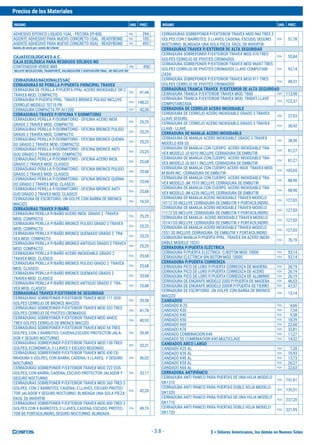 $ = Dólares Americanos, los demás en Nuevos Soles
Precios de los Materiales
INSUMO UND. PREC. INSUMO UND. PREC.
- 3.8 -
ADHESIVO EPOXICO LIQUIDO 1GAL - PECORA EP-800 GAL 294
AGENTE ADHESIVO PARA NUEVO CONCRETO 1GAL - READYBOND GAL 105
AGENTE ADHESIVO PARA NUEVO CONCRETO 5GAL - READYBOND GAL 495
Gastos de envío por cuenta del cliente
CAJASECOLOGICASS.A.C.
CAJA ECOLÓGICA PARA RESIDUOS SÓLIDOS NO
CONTENEDOR VERDE 8M3 UND 450
INCLUYE RECOLECCIÓN, TRANSPORTE, VALORIZACIÓN Y DISPOSICIÓN FINAL. NO INCLUYE IGV.
CERRADURASNACIONALESSAC
CERRADURAS DE PERILLA P/PUERTA PRINCIPAL TRAVEX
CERRADURA DE PERILLA P/PUERTA PPAL ACERO INOXIDABLE GR 2
TRAVEX MOD. COMPACTO
PZA 41,44
CERRADURA P/PUERTA PPAL. TRAVEX BRONCE PULIDO INCLUYE
CERROJO MODELO 70710 PB
PZA 148,22
CERRADURA COMPACTA PP AI-1200 PZA 42,30
CERRADURAS TRAVEX P/OFICINA Y DORMITORIO
CERRADURAS PERILLA P/DORMITORIO - OFICINA ACERO INOX.
GRADO 2 TRAVEX MOD. COMPACTO
PZA 25,25
CERRADURAS PERILLA P/DORMITORIO - OFICINA BRONCE PULIDO
GRADO 2 TRAVEX MOD. COMPACTO
PZA 25,25
CERRADURAS PERILLA P/DORMITORIO - OFICINA BRONCE QUEMA-
DO GRADO 2 TRAVEX MOD. COMPACTO
PZA 25,25
CERRADURAS PERILLA P/DORMITORIO - OFICINA BRONCE ANTI-
GUO GRADO 2 TRAVEX MOD. COMPACTO
PZA 25,25
CERRADURAS PERILLA P/DORMITORIO - OFICINA ACERO INOX.
GRADO 2 TRAVEX MOD. CLASICO
PZA 25,68
CERRADURAS PERILLA P/DORMITORIO - OFICINA BRONCE PULIDO
GRADO 2 TRAVEX MOD. CLASICO
PZA 25,68
CERRADURAS PERILLA P/DORMITORIO - OFICINA BRONCE QUEMA-
DO GRADO 2 TRAVEX MOD. CLASICO
PZA 25,68
CERRADURAS PERILLA P/DORMITORIO - OFICINA BRONCE ANTI-
GUO GRADO 2 TRAVEX MOD. CLASICO
PZA 25,68
CERRADURA DE ESCRITORIO. UN GOLPE CON BARRA DE BRONCE
MACIZO
PZA 16,53
CERRADURAS TRAVEX P/BAÑO
CERRADURA PERILLA P/BAÑO ACERO INOX. GRADO 2 TRAVEX
MOD. COMPACTO
PZA 25,25
CERRADURA PERILLA P/BAÑO BRONCE PULIDO GRADO 2 TRAVEX
MOD. COMPACTO
PZA 25,25
CERRADURA PERILLA P/BAÑO BRONCE QUEMADO GRADO 2 TRA-
VEX MOD. COMPACTO
PZA 25,25
CERRADURA PERILLA P/BAÑO BRONCE ANTIGUO GRADO 2 TRAVEX
MOD. COMPACTO
PZA 25,25
CERRADURA PERILLA P/BAÑO ACERO INOXIDABLE GRADO 2
TRAVEX MOD. CLASICO
PZA 25,68
CERRADURA PERILLA P/BAÑO BRONCE PULIDO GRADO 2 TRAVEX
MOD. CLASICO
PZA 25,68
CERRADURA PERILLA P/BAÑO BRONCE QUEMADO GRADO 2
TRAVEX MOD. CLASICO
PZA 25,68
CERRADURA PERILLA P/BAÑO BRONCE ANTIGUO GRADO 2 TRA-
VEX MOD. CLASICO
PZA 25,68
CERRADURAS TRAVEX P/EXTERIOR DE SEGURIDAD
CERRADURAS SOBREPONER P/EXTERIOR TRAVEX MOD 111 DOS
GOLPES CERROJO DE BRONCE MACIZO
PZA 29,58
CERRADURAS SOBREPONER P/EXTERIOR TRAVEX MOD 333 TRES
GOLPES CERROJO DE PIVOTES CROMADOS
PZA 41,78
CERRADURAS SOBREPONER P/EXTERIOR TRAVEX MOD 444CE
TRES GOLPES CERROJO DE BRONCE MACIZO
PZA 40,93
CERRADURAS SOBREPONER P/EXTERIOR TRAVEX MOD 34 TRES
GOLPES, CON 2 BARROTES, CADENA,ESCUDO PROTECTOR JALA-
DOR Y SEGURO NOCTURNO
PZA 39,49
CERRADURAS SOBREPONER P/EXTERIOR TRAVEX MOD 130 TRES
GOLPES, ECONOMICA, 3 LLAVES Y ESCUDO REDONDO
PZA 33,31
CERRADURAS SOBREPONER P/EXTERIOR TRAVEX MOD 430 CE-
RRADURA 3 GOLPES, CON BARRA, CADENA, 3 LLAVES, Y SEGURO
NOCTURNO.
PZA 36,02
CERRADURAS SOBREPONER P/EXTERIOR TRAVEX MOD 222 DOS
GOLPES, CON BARRA, CADENA, ESCUDO PROTECTOR JALADOR Y
SEGURO NOCTURNO
PZA 35,17
CERRADURAS SOBREPONER P/EXTERIOR TRAVEX MOD 360 TRES 3
GOLPES, CON 2 BARROTES, CADENA, 3 LLAVES, ESCUDO PROTEC-
TOR JALADOR Y SEGURO NOCTURNO. BLINDADA UNA SOLA PIEZA.
FACIL DE INVERTIR
PZA 42,20
CERRADURAS SOBREPONER P/EXTERIOR TRAVEX MOD 800 TRES 3
GOLPES CON 4 BARROTES, 3 LLAVES, CADENA, ESCUDO, PROTEC-
TOR DE PORTACILINDRO, SEGURO NOCTURNO. BLINDADA
PZA 49,15
CERRADURAS SOBREPONER P/EXTERIOR TRAVEX MOD 960 TRES 3
GOLPES CON 2 BARROTES, 3 LLAVES, CADENA, ESCUDO, SEGURO
NOCTURNO. BLINDADA UNA SOLA PIEZA. FÁCIL DE INVERTIR
PZA 51,78
CERRADURAS TRAVEX P/EXTERIOR DE ALTA SEGURIDAD
CERRADURA SOBREPONER P/EXTERIOR TRAVEX MOD 970 TRES
GOLPES CERROJO DE PIVOTES CROMADOS
PZA 55,84
CERRADURA SOBREPONER P/EXTERIOR TRAVEX MOD 960XT TRES
GOLPES CERROJO DE PIVOTES CROMADOS LLAVE COMPUTARI-
ZADA
PZA 93,14
CERRADURA SOBREPONER P/EXTERIOR TRAVEX MOD 911 TRES
GOLPES CERROJO DE PIVOTES CROMADOS
PZA 48,31
CERRADURAS TRANCA TRAVEX P/EXTERIOR DE ALTA SEGURIDAD
CERRADURA TRANCA P/EXTERIOR TRAVEX MOD. T800 PZA 113,98
CERRADURA TRANCA P/EXTERIOR TRAVEX MOD. T800XT LLAVE
COMPUTARIZADA
PZA 122,37
CERRADURA DE CERROJO ACERO INOXIDABLE
CERRADURA DE CERROJO ACERO INOXIDABLE GRADO 3 TRAVEX
LLAVE SEGURO
PZA 27,03
CERRADURA DE CERROJO ACERO INOXIDABLE GRADO 3 TRAVEX
LLAVE - LLAVE
PZA 30,42
CERRADURA DE MANIJA ACERO INOXIDABLE
CERRADURA DE MANIJA ACERO INOXIDABLE GRADO 3 TRAVEX
MODELO 808 SS
PZA 38,90
CERRADURA DE MANIJA CON CUERPO ACERO INOXIDABLE TRA-
VEX MODELO JS 6010 INCLUYE CERRADURA DE EMBUTIR
PZA 81,27
CERRADURA DE MANIJA CON CUERPO ACERO INOXIDABLE TRA-
VEX MODELO JS 6011 INCLUYE CERRADURA DE EMBUTIR
PZA 81,27
CERRADURA DE MANIJA CON CUERPO ACERO INOX. TRAVEX MOD.
M 8649 INC. CERRADURA DE EMBUTIR
PZA 105,05
CERRADURA DE MANIJA CON CUERPO ACERO INOXIDABLE TRA-
VEX MODELO JM 7010 INCLUYE CERRADURA DE EMBUTIR
PZA 88,90
CERRADURA DE MANIJA CON CUERPO ACERO INOXIDABLE TRA-
VEX MODELO JM 6226 INCLUYE CERRADURA DE EMBUTIR
PZA 88,90
CERRADURA DE MANIJA ACERO INOXIDABLE TRAVEX MODELO
10112 SS INCLUYE CERRADURA DE EMBUTIR Y PORTACILINDRO
PZA 127,03
CERRADURA DE MANIJA ACERO INOXIDABLE TRAVEX MODELO
11172 SS INCLUYE CERRADURA DE EMBUTIR Y PORTACILINDRO
PZA 127,03
CERRADURA DE MANIJA ACERO INOXIDABLE TRAVEX MODELO
10147 SS INCLUYE CERRADURA DE EMBUTIR Y PORTACILINDRO
PZA 127,03
CERRADURA DE MANIJA ACERO INOXIDABLE TRAVEX MODELO
1051 SS INCLUYE CERRADURA DE EMBUTIR Y PORTACILINDRO
PZA 127,03
CERRADURA MANIJA P/PUERTA PPAL. TRAVEX EN ACERO INOXI-
DABLE MODELO 10251
PZA 76,19
CERRADURA P/PUERTA ELÉCTRICA
CERRADURA P/PUERTA ELECTRICA C/BOTON MOD 1000E PZA 93,14
CERRADURA ELECTRICA SIN BOTON MOD 1000S PZA 93,14
CERRADURA P/PUERTA CORREDIZA
CERRADURA PICO DE LORO P/PUERTA CORREDIZA DE MADERA PZA 26,19
CERRADURA PICO DE LORO P/PUERTA CORREDIZA DE ACERO PZA 26,19
CERRADURA PICO DE LORO P/PUERTA CORREDIZA DE ALUMINIO PZA 26,19
CERRADURA DE ENGRAPE MODELO 2000 P/PUERTA DE MADERA PZA 46,53
CERRADURA DE ENGRAPE MODELO 2000R P/PUERTA DE FIERRO PZA 47,37
CERRADURA DE ESCRITORIO. UN GOLPE CON BARRA DE BRONCE
MACIZO
PZA 13,14
CANDADOS
CANDADO K 25 PZA 4,66
CANDADO K30 PZA 7,54
CANDADO K40 PZA 9,58
CANDADO K50 PZA 18,39
CANDADO K60 PZA 22,68
CANDADO K70 PZA 33,81
CANDADO COMBINACION K40 PZA 11,27
CANDADO DE COMBINACION K40 MULTICLAVE PZA 14,32
CANDADOS ARCO LARGO
CANDADO K25 AL PZA 7,20
CANDADO K30 AL PZA 10,93
CANDADO K40 AL PZA 13,73
CANDADO K50 AL PZA 26,27
CANDADO K60 AL PZA 32,63
CERRADURA ANTIPÁNICO
CERRADURA ANTI PANICO PARA PUERTAS DE UNA HOJA MODELO
DK1310
PZA 101,61
CERRADURA ANTI PANICO PARA PUERTAS DOBLE HOJA MODELO
DK1320
PZA 135,51
CERRADURA ANTI PANICO PARA PUERTAS DE UNA HOJA MODELO
DK1710
PZA 237,20
CERRADURA ANTI PANICO PARA PUERTAS DOBLE HOJA MODELO
DK1720
PZA 321,95
 