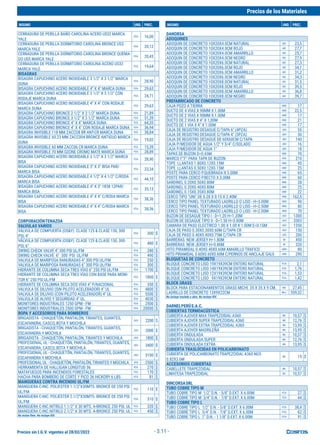 Precios sin I.G.V. vigentes al 28/02/2022
Precios de los Materiales
INSUMO UND. PREC. INSUMO UND. PREC.
- 3.11 -
CERRADURA DE PERILLA BAÑO CAROLINA ACERO US32 MARCA
YALE
PZA 16,00
CERRADURA DE PERILLA DORMITORIO CAROLINA BRONCE US3
MARCA YALE
PZA 20,12
CERRADURA DE PERILLA DORMITORIO CAROLINA BRONCE QUEMA-
DO US5 MARCA YALE
PZA 20,43
CERRADURA DE PERILLA DORMITORIO CAROLINA ACERO US32
MARCA YALE
PZA 19,64
BISAGRAS
BISAGRA CAPUCHINO ACERO INOXIDABLE 3 1/2" X 3 1/2" MARCA
DUNA
PZA 28,90
BISAGRA CAPUCHINO ACERO INOXIDABLE 4" X 4" MARCA DUNA PZA 29,63
BISAGRA CAPUCHINO ACERO INOXIDABLE 3 1/2" X 3 1/2" CON
RODAJE MARCA DUNA
PZA 24,71
BISAGRA CAPUCHINO ACERO INOXIDABLE 4" X 4" CON RODAJE
MARCA DUNA
PZA 29,63
BISAGRA CAPUCHINO BRONCE 2 1/2" X 2 1/2" MARCA DUNA PZA 21,89
BISAGRA CAPUCHINO BRONCE 3 1/2" X 3 1/2" MARCA DUNA PZA 51,39
BISAGRA CAPUCHINO BRONCE 4" X 4" MARCA DUNA PZA 64,35
BISAGRA CAPUCHINO BRONCE 4" X 4" CON RODAJE MARCA DUNA PZA 36,94
BISAGRA INVISIBLE 118 MM ZACCO8 BR ANT-CR MARCA DUNA PZA 38,84
BISAGRA INVISIBLE 60.23 MM ZACC004 BRONCE ANTIGUO MARCA
DUNA
PZA 19,02
BISAGRA INVISIBLE 60 MM ZACC06 CR MARCA DUNA PZA 15,39
BISAGRA INVISIBLE 70 MM OZONE CROMO MATE MARCA DUNA PZA 28,89
BISAGRA CAPUCHINO ACERO INOXIDABLE 3 1/2" X 3 1/2" MARCA
BISA
PZA 28,90
BISAGRA CAPUCHINO ACERO INOXIDABLE 3" X 3" BISA PAR/
MARCA BISA
PZA 23,34
BISAGRA CAPUCHINO ACERO INOXIDABLE 4 1/2" X 4 1/2" C/RODA
MARCA BISA
PZA 44,10
BISAGRA CAPUCHINO ACERO INOXIDABLE 4" X 3" 1838 12PAR/
MARCA BISA
PZA 35,13
BISAGRA CAPUCHINO ACERO INOXIDABLE 4" X 4" C/RODA MARCA
BISA
PZA 38,36
BISAGRA CAPUCHINO ACERO INOXIDABLE 4" X 4" C/RODA MARCA
BISA
PZA 38,36
CORPORACIÓNTENAZOA
VALVULAS VARIOS
VÁLVULA DE COMPUERTA (OS&Y) CLASE 125 & CLASE 150, 300
PSI, 4"
PZA 300 $
VÁLVULA DE COMPUERTA (OS&Y) CLASE 125 & CLASE 150, 300
PSI, 6"
PZA 480 $
SWING CHECK VALVE 4" 300 PSI UL/FM PZA 280 $
SWING CHECK VALVE 6" 300 PSI UL/FM PZA 490 $
VALVULA DE MARIPOSA RANURADAS 4" 300 PSI UL/FM PZA 250 $
VALVULA DE MARIPOSA RANURADAS 6" 300 PSI UL/FM PZA 300 $
HIDRANTE DE COLUMNA SECA TRES VÍAS 6" 250 PSI UL/FM PZA 1700 $
HIDRANTE DE COLUMNA SECA TRES VÍAS CON BASE PARA MONI-
TOR 6" 250 PSI UL/FM
PZA 1800 $
HIDRANTE DE COLUMNA SECA DOS VÍAS 4" P/NACIONAL PZA 350 $
VALVULA DE DILUVIO (SIN PILOTO ACELERADOR) 4" UL PZA 4800 $
VALVULA DE DILUVIO (CON PILOTO ACELERADOR) 4" UL PZA 5500 $
VALVULA DE ALIVIO Y SEGURIDAD 4" UL PZA 4030 $
MONITORES INDUSTRIALES 1250 GPM - FM PZA 2500 $
MONITORES INDUSTRIALES 2500 GPM - FM PZA 20000 $
ROPA Y ACCESORIOS PARA BOMBEROS
BRIGADISTA - CHAQUETÓN, PANTALÓN, TIRANTES, GUANTES,
ESCAFANDRA, CASCO, BOTA Y MOCHILA
JGO 2200 $
BRIGADISTA - CHAQUETÓN, PANTALÓN, TIRANTES, GUANTES,
ESCAFANDRA Y MOCHILA
JGO 2000 $
BRIGADISTA - CHAQUETÓN, PANTALÓN, TIRANTES Y MOCHILA JGO 1800 $
PROFESIONAL UL - CHAQUETÓN, PANTALÓN, TIRANTES, GUANTES,
ESCAFANDRA, CASCO, BOTA Y MOCHILA
JGO 3400 $
PROFESIONAL UL - CHAQUETÓN, PANTALÓN, TIRANTES, GUANTES,
ESCAFANDRA Y MOCHILA
JGO 3100 $
PROFESIONAL UL - CHAQUETÓN, PANTALÓN, TIRANTES Y MOCHILA JGO 2500 $
HERRAMIENTA DE HALLIGAN LONGITUD 36 PZA 270 $
MATAFUEGOS PARA INCENDIOS FORESTALES PZA 170 $
HACHA PARA BOMBERO DE CORTE Y PICO 36 HICKORY 6 LBS PZA 81 $
MANGUERAS CONTRA INCENDIO UL/FM
MANGUERA C-INC. POLIESTER 1.1/2"X30MTS. BRONCE DE 250 PSI.
UL/FM
PZA 110 $
MANGUERA C-INC. POLIESTER 2.1/2"X30MTS. BRONCE DE 250 PSI.
UL/FM
PZA 310 $
MANGUERA C-INC.NITRILO 1.1/2" X 30 MTS. A-BRONCE 250 PSI. UL PZA 320 $
MANGUERA C-INC.NITRILO 2.1/2" X 30 MTS. A-BRONCE 250 PSI. UL PZA 450 $
No inclue flete. No incluye IGV.
DANOBSA
ADOQUINES
ADOQUIN DE CONCRETO 10X20X4.0CM NATURAL M2 23,5
ADOQUIN DE CONCRETO 10X20X4.0CM ROJO M2 27,7
ADOQUIN DE CONCRETO 10X20X4.0CM AMARRILLO M2 25,7
ADOQUIN DE CONCRETO 10X20X4.0CM NEGRO M2 27,9
ADOQUIN DE CONCRETO 10X20X6.0CM NATURAL M2 27,3
ADOQUIN DE CONCRETO 10X20X6.0CM ROJO M2 34,1
ADOQUIN DE CONCRETO 10X20X6.0CM AMARRILLO M2 31,2
ADOQUIN DE CONCRETO 10X20X6.0CM NEGRO M2 34,3
ADOQUIN DE CONCRETO 10X20X8.0CM NATURAL M2 31,5
ADOQUIN DE CONCRETO 10X20X8.0CM ROJO M2 39,5
ADOQUIN DE CONCRETO 10X20X8.0CM AMARRILLO M2 36,8
ADOQUIN DE CONCRETO 10X20X8.0CM NEGRO M2 39,7
PREFABRICADO DE CONCRETO
CAJA POZO A TIERRA UND 17
DUCTO DE 4 VIAS X 90MM X 1.00M UND 22,5
DUCTO DE 2 VIAS X 90MM X 1.00M UND 17
DUCTO DE 2 VIAS X 4" X 1,00M UND 21
DUCTO DE 1 VIA X 4" X 1.00M UND 17
CAJA DE REGISTRO DESAGUE C/TAPA 6" (4PZA) JGO 55
CAJA DE REGISTRO DESAGUE C/TAPA 4" (3PZA) JGO 50
CAJA DE REGISTRO DESAGUE DE 60X60CM C/TAPA JGO 140
CAJA P/MEDIDOR DE AGUA 1/2" Y 3/4" C/SOLADO JGO 16
CAJA P/MEDIDOR DE AGUA 1" JGO 18
TAPAS DE BUZON D=0.65M UND 70
MARCO F°F° PARA TAPA DE BUZON PZA 210
TOPE LLANTAS 1.80X0.12X0.15M UND 45
TOPE LLANTAS 0.50X0.12X0.15M UND 25
POSTE PARA CERCO P.QUEBRADA X 3.00M UND 65
POSTE PARA CERCO P.RECTO X 3.00M UND 60
SARDINEL 0.20X0.50X0.80M UND 28
SARDINEL 0.20X0.40X0.80M UND 25
SARDINEL 0.15X0.35X0.80M UND 22
CERCO TIPO "UNI" DE 0.28 X 0.15 X 2.40M UND 162,5
CERCO TIPO PANEL TEXTURADO LADRILLO O LISO - H=3.00M UND 90
CERCO TIPO PANEL TEXTURADO LADRILLO O LISO - H=2.50M UND 80
CERCO TIPO PANEL TEXTURADO LADRILLO O LISO - H=2.00M UND 70
BUZON DE DESAGUE TIPO I - D=1.20 H=1.20M JGO 1300
BUZON DE DESAGUE TIPO II - D=1.50 H=3.00M JGO 3303
CAMARA DE PASO ELECTRICO 1.00 X 1.00 X 1.00M E=0.15M JGO 1350
CAJA DE PASO 0.30X0.30X0.60M C/TAPA CR JGO 150
CAJA DE PASO 0.40X0.40X0.75M C/TAPA CR JGO 200
BARRERAS NEW JERSEY H=1.80M M 450
BARRERAS NEW JERSEY H=0.80M M 320
HITO PIRAMIDAL 0.40X0.40X0.60M AMARILLO TRAFICO UND 80
HITO PIRAMIDAL 0.60X0.60X0.60M C/PERNOS DE ANCLAJE GALV. UND 290
BLOQUETAS DE CONCRETO
BLOQUE CONCRETO LISO 19X19X39CM ENTERO NATURAL PZA 2,1
BLOQUE CONCRETO LISO 14X19X39CM ENTERO NATURAL PZA 1,76
BLOQUE CONCRETO LISO 12X19X39CM ENTERO NATURAL PZA 1,53
BLOQUE CONCRETO LISO 9X19X39CM ENTERO NATURAL PZA 1,42
BLOCK GRASS
BLOCK PARA ESTACIONAMIENTOS GRASS MICHI 35 X 35 X 9 CM. M2 27,45
LADRILLO DE CONCRETO 13X9X22CM MLL 559,32
No incluye traslado a obra. No incluye IGV.
DARNELPERÚS.A.C.
CUBIERTAS TERMOACÚSTICA
CUBIERTA AJOVER MAX TRAPEZOIDAL A360 ML 10,57 $
CUBIERTA AJOVER SUPER TRAPEZOIDAL A360 ML 12,76 $
CUBIERTA AJOVER EXTRA TRAPEZOIDAL A360 ML 13,95 $
CUBIERTA AJOVER MADRILEÑA ML 13,95 $
CUBIERTA ONDULADA ML 10,57 $
CUBIERTA ONDULADA SUPER ML 12,76 $
CUBIERTA ONDULADA EXTRA ML 13,95 $
CUBIERTA TRASLÚCIDAS EN POLICARBONATO
CUBIERTA DE POLICARBONATO TRAPEZOIDAL A360 NG5
0.82X3.6M
ML 15 $
ACCESORIOS CUBIERTAS
CABELLETE TRAPEZOIDAL ML 10,57 $
LIMATESA TRAPEZOIDAL ML 10,57 $
DINCORSASRL
TUBO COBRE TIPO M
TUBO COBRE TIPO M 1/2" D.N. - 5/8" D.EXT. X 6.00M PZA 27 $
TUBO COBRE TIPO M 3/4" D.N. - 7/8" D.EXT. X 6.00M PZA 44 $
TUBO COBRE TIPO L
TUBO COBRE TIPO L 1/2" D.N. - 5/8" D.EXT. X 6.00M PZA 38,4 $
TUBO COBRE TIPO L 3/4" D.N. - 7/8" D.EXT. X 6.00M PZA 62 $
TUBO COBRE TIPO L 1" D.N. - 1 1/8" D.EXT. X 6.00M PZA 91 $
 