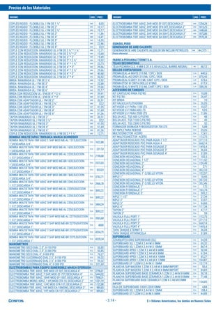 $ = Dólares Americanos, los demás en Nuevos Soles
Precios de los Materiales
INSUMO UND. PREC. INSUMO UND. PREC.
- 3.14 -
COPLES RIGIDO - FLEXIBLE UL / FM DE 1 ½" UND 8,05
COPLES RIGIDO - FLEXIBLE UL / FM DE 2" UND 10,17
COPLES RIGIDO - FLEXIBLE UL / FM DE 2 ½" UND 10,17
COPLES RIGIDO - FLEXIBLE UL / FM DE 3" UND 11,86
COPLES RIGIDO - FLEXIBLE UL / FM DE 4" UND 14,41
COPLES RIGIDO - FLEXIBLE UL / FM DE 5" UND 16,95
COPLES RIGIDO - FLEXIBLE UL / FM DE 6" UND 22,46
COPLES RIGIDO - FLEXIBLE UL / FM DE 8" UND 33,9
COPLE CON REDUCCION RANURADO UL / FM DE 2 ½" * 1 ½" UND 12,71
COPLE CON REDUCCION RANURADO UL / FM DE 2 ½" * 2" UND 15,68
COPLE CON REDUCCION RANURADO UL / FM DE 3" * 2" UND 19,49
COPLE CON REDUCCION RANURADO UL / FM DE 3" * 2 ½" UND 19,92
COPLE CON REDUCCION RANURADO UL / FM DE 4" * 1 ½" UND 23,73
COPLE CON REDUCCION RANURADO UL / FM DE 4" * 2" UND 29,66
COPLE CON REDUCCION RANURADO UL / FM DE 4" * 2 ½" UND 29,66
COPLE CON REDUCCION RANURADO UL / FM DE 4" * 3" UND 40,68
COPLE CON REDUCCION RANURADO UL / FM DE 6" * 4" UND 50,42
BRIDA RANURADA UL / FM DE 2 ½" UND 19,92
BRIDA RANURADA UL / FM DE 3" UND 22,88
BRIDA RANURADA UL / FM DE 4" UND 29,66
BRIDA RANURADA UL / FM DE 6" UND 35,17
BRIDA CON REDUCCION UL / FM DE 4" * 2 ½" UND 39,41
BRIDA CON REDUCCION UL / FM DE 4" * 3" UND 51,69
BRIDA CON ADAPTADOR UL / FM DE 2" UND 30,51
BRIDA CON ADAPTADOR UL / FM DE 2 ½" UND 32,2
BRIDA CON ADAPTADOR UL / FM DE 3" UND 41,95
BRIDA CON ADAPTADOR UL / FM DE 4" UND 51,69
BRIDA CON ADAPTADOR UL / FM DE 6" UND 81,36
TAPON RANURADO UL / FM DE 2" UND 30,51
TAPON RANURADO UL / FM DE 2 ½" UND 32,2
TAPON RANURADO UL / FM DE 3" UND 41,95
TAPON RANURADO UL / FM DE 4" UND 51,69
TAPON RANURADO UL / FM DE 6" UND 81,36
COPLE CON REDUCCION RANURADO UL / FM DE 2 * 1 ½" UND 12,71
BOMBAS MULTIETAPAS TRIFASICA MARCA SCHNEIDER
BOMBA MULTIETAPA TRIF 60HZ 1.5HP MOD ME-AL 1315,SUCCION
1",DESCARGA 3/4".
PZA 1622,88
BOMBA MULTIETAPA TRIF 60HZ 3HP MOD ME-AL 1630,SUCCION
1",DESCARGA 3/4".
PZA 2317,8
BOMBA MULTIETAPA TRIF 60HZ 3HP MOD ME-AL 2230,SUCCION
1.1/2",DESCARGA 1".
PZA 2190,68
BOMBA MULTIETAPA TRIF 60HZ 3HP MOD ME-BR 1630,SUCCION
1",DESCARGA 3/4".
PZA 2572,03
BOMBA MULTIETAPA TRIF 60HZ 4HP MOD ME-AL 2340,SUCCION
1.1/2",DESCARGA 1".
PZA 3033,9
BOMBA MULTIETAPA TRIF 60HZ 4HP MOD ME-BR 1840,SUCCION
1",DESCARGA 3/4".
PZA 3762,71
BOMBA MULTIETAPA TRIF 60HZ 4HP MOD ME-BR 2240,SUCCION
1.1/2",DESCARGA 1".
PZA 2906,78
BOMBA MULTIETAPA TRIF 60HZ 5HP MOD ME-AL 2250V,SUCCION
1.1/2",DESCARGA 1".
PZA 3093,22
BOMBA MULTIETAPA TRIF 60HZ 5HP MOD ME-AL 2250,SUCCION
1.1/2",DESCARGA 1".
PZA 3093,22
BOMBA MULTIETAPA TRIF 60HZ 5HP MOD ME-AL 2350,SUCCION
1.1/2",DESCARGA 1".
PZA 3404,24
BOMBA MULTIETAPA TRIF 60HZ 5HP MOD ME-AL 2250,SUCCION
1.1/2",DESCARGA 1".
PZA 3093,22
BOMBA MULTIETAPA TRIF 60HZ 7.5HP MOD ME-AL 2275V,SUCCION
1.1/2",DESCARGA 1".
PZA 3565,68
BOMBA MULTIETAPA TRIF 60HZ 7.5HP MOD ME-BR 2275V,SUCCION
1.1/2",DESCARGA 1".
PZA 4000
BOMBA MULTIETAPA TRIF 60HZ 7.5HP MOD ME-BR 2375V,SUCCION
1.1/2",DESCARGA 1".
PZA 4334,75
BOMBA MULTIETAPA TRIF 60HZ 7.5HP MOD ME-BR 2375,SUCCION
1.1/2",DESCARGA 1".
PZA 4320,34
MANOMETROS
MANOMETRO SECO DIAL 2.5", 0-150 PSI PZA 50,85
MANOMETRO SECO DIAL 2.5", 0-300 PSI PZA 50,85
MANOMETRO SECO DIAL 4", 0-300 PSI PZA 76,27
MANOMETRO GLICERINADO DIAL 2.5", 0-150 PSI PZA 59,32
MANOMETRO GLICERINADO DIAL 2.5", 0-300 PSI PZA 59,32
MANOMETRO GLICERINADO DIAL 4", 0-300 PSI PZA 101,69
ELECTROBOMBAS PARA EQUIPO SUMERGIBLE MARCA EVERGUSH
ELECTROBOMBA TRIF. 60HZ, 5HP, MOD EF-50T, DESCARGA 4" PZA 3796,61
ELECTROBOMBA TRIF. 60HZ, 7.5HP, MOD EF-75T, DESCARGA 4" PZA 5444,92
ELECTROBOMBA TRIF. 60HZ, 10HP, MOD EF-100T, DESCARGA 4" PZA 7098,31
ELECTROBOMBA MONO. 60HZ, 1 HP, MOD EFK-10, DESCARGA 2" UND 1221,19
ELECTROBOMBA TRIF. 60HZ, 1 HP, MOD EFK-10T, DESCARGA 2" UND 1122,88
ELECTROBOMBA TRIF. 60HZ, 1HP, MOD EA-10MONO, DESCARGA 2" UND 989,83
ELECTROBOMBA TRIF. 60HZ, 1HP, MOD EA-10T, DESCARGA 2" UND 889,83
ELECTROBOMBA TRIF. 60HZ, 2HP, MOD EF-20T, DESCARGA 2" UND 1254,24
ELECTROBOMBA TRIF. 60HZ, 3HP, MOD EFK-30T, DESCARGA 2" UND 1815,25
ELECTROBOMBA TRIF. 60HZ, 2HP, MOD EA-20HT, DESCARGA 3" UND 1440,68
ELECTROBOMBA TRIF. 60HZ, 3HP, MOD EA-30HT, DESCARGA 3" UND 1872,88
ELECTROBOMBA TRIF. 60HZ, 5HP, MOD EA-50HT, DESCARGA 3" UND 2970,34
ESINDELPERÚ
GENERADOR DE AIRE CALIENTE
GENERADOR DE AIRE CALIENTE (ALQUILER SIN INCLUIR PETROLEO) HM 44,375
Precio referencial.
FABRICAPERUANAETERNITS.A.
TEJAS DECORATIVAS
TEJA PIZARRA CLS. 4 MM 0.20 X 0.40 M (AZUL, BARRO, NEGRA) M2 48,12
SELLOS CORTAFUEGOS
PROMASEAL-A WHITE 310 ML 12PC / BOX CJA 440,6
PROMASEAL-AG GREY 310 ML 12PC / BOX CJA 870,45
PROMASEAL-S GREY 310 ML CART 12PC / BOX CJA 525,6
PROMASTOP W CINTA (ROLLO X18M) UND 617,9
PROMASEAL-S WHITE 310 ML CART 12PC / BOX CJA 588,36
ACCESORIO DE TANQUES
KIT CARTUCHO PARA FILTRO PZA 10,08
KIT FILTRO PZA 26,47
KIT BRIDA PZA 10
KIT VALVULA FLOTADORA PZA 26,05
KIT-VISOR U.V PARA 1100 LTS PZA 10,57
KIT-VISOR U.V PARA 600 LTS PZA 9,05
KIT-VISOR U.V PARA 2500 LTS PZA 11,86
BOLSA ACC. TQS 600 C/FILTRO PZA 48
BOLSA ACC. TQS 1100 C/FILTRO PZA 49
BOLSA ACC. TQS 2500 C/FILTRO PZA 52
FORMADOR BIOMASA P/BIODIGESTOR 700 LTS PZA 5,88
KIT NIPLE PARA REBOSE PZA 25,26
MULTICONECTOR ACERO PZA 12,61
KIT MULTICONECTOR ACERO PZA 112,75
ADAPTADOR ROSCADO PVC PARA AGUA 1 1/2" PZA 271,13
ADAPTADOR ROSCADO PVC PARA AGUA 4 PZA 668,14
ADAPTADOR ROSCADO PVC PARA DESAGUE 2" PZA 1493,4
ADAPTADOR ROSCADO PVC PARA DESAGUE 3" PZA 36,04
ADAPTADOR ROSCADO PVC PARA DESAGUE 4" PZA 57,89
CONEXION HEXAGONAL 1" PZA 102,5
CONEXION HEXAGONAL 1 1/2" PZA 111,52
CONEXION HEXAGONAL 2" PZA 159,49
CONEXION HEXAGONAL 3" PZA 271
CONEXION HEXAGONAL 4" PZA 432,33
CONEXION HEXAGONAL 1" C/SELLO VITON PZA 122,57
NIPLE 1" PZA 18,45
CONEXION HEXAGONAL 2" C/SELLO VITON PZA 207,33
CONEXION HEXAGONAL 3" C/SELLO VITON PZA 352,46
CONEXION P/DRENAJE 1" PZA 172
CONEXION P/DRENAJE 2" PZA 163,74
CONEXION P/DRENAJE 3" PZA 305,2
NIPLE 1 1/2" PZA 27,34
NIPLE 2" PZA 33,07
NIPLE 3" PZA 54,68
NIPLE 4" PZA 117,34
TAPON 2" PZA 47,17
TAPON 3" PZA 59
VALVULA FULL PORT 1" PZA 112,75
VALVULA FULL PORT 2" PZA 271,13
VALVULA FULL PORT 3" PZA 668,14
VALVULA FULL PORT 4" PZA 1493,4
TAPA TANQUE ETERNIT $ PZA 36,04
TAPA TANQUE VITIVINICOLA PZA 57,89
SUPERBOARD
ZZARQUITEX GRIS SUPERBOARD (GL) GAL 34,28
SUPERBOARD SQ 1.22M X 2.44 M X 8MM PZA 69,32
SUPERBOARD SQ 1.22M X 2.44 M X 10MM PZA 88,14
SUPERBOARD 4PRO 1.22M X 2.44 M X 6MM PZA 50,94
SUPERBOARD 4PRO 1.22M X 2.44 M X 8MM PZA 67,04
SUPERBOARD 4PRO 1.22M X 2.44 M X 10MM PZA 85,27
SUPERBOARD 4PRO 1.22M X 2.44 M X 12MM PZA 104,87
SUPERBOARD EP 1.22M X 2.44 M X 15MM PZA 127,19
PLANCHA SUP MADERA 1.22M X 2.44 M X 6MM IMPORT PZA 50,4
PLANCHA SUP MADERA 1.22M X 2.44 M X 8MM IMPORT PZA 84,69
PLANCHA SUPERBOARD BASE CERAMICA 1.22M X 2.44 M X 6MM PZA 50,18
PLANCHA SUPERBOARD BASE CERAMICA 1.22M X 2.44 M X 8MM PZA 71,48
PLANCHA SUPERBOARD BASE CERAMICA 1.22M X 2.44 M X 8MM
IMPORT
PZA 134,85
FAJA DE SUPERBOARD 100X1220X10MM PZA 4,84
SUPERBOARD SQ 1.22M X 2.44 M X 12MM PZA 108,4
SUPERBOARD ST 1.22M X 2.44 M X 6MM PZA 44,89
 