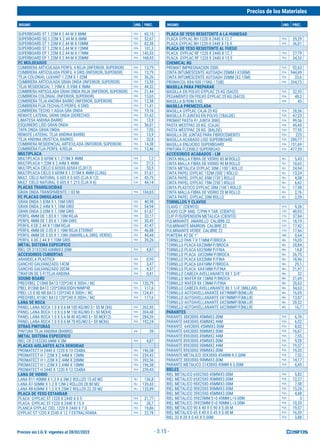 Precios sin I.G.V. vigentes al 28/02/2022
Precios de los Materiales
INSUMO UND. PREC. INSUMO UND. PREC.
- 3.15 -
SUPERBOARD ST 1.22M X 2.44 M X 8MM PZA 60,15
SUPERBOARD SQ 1.22M X 2.44 M X 6MM PZA 52,67
SUPERBOARD ST 1.22M X 2.44 M X 10MM PZA 82,38
SUPERBOARD ST 1.22M X 2.44 M X 12MM PZA 101,3
SUPERBOARD EP 1.22M X 2.44 M X 17MM PZA 143,53
SUPERBOARD EP 1.22M X 2.44 M X 20MM PZA 168,43
FC MOLDEADOS
CUMBRERA ARTICULADA PERFIL 4 ROJA (INFERIOR, SUPERIOR) PZA 13,79
CUMBRERA ARTICULADA PERFIL 4 GRIS (INFERIOR, SUPERIOR) PZA 13,79
TEJA COLONIAL LUXANIT 1.22M X 1.02M PZA 36,26
CUMBRERA ARTICULADA GRAN ONDA (INFERIOR, SUPERIOR) PZA 15,59
TEJA RESIDENCIAL 1.19M X 0.95M X 5MM PZA 44,32
CUMBRERA ARTICULADA GRAN ONDA ROJA (INFERIOR, SUPERIOR) PZA 21,44
CUMBRERA COLONIAL (INFERIOR, SUPERIOR) PZA 13,65
CUMBRERA TEJA ANDINA BARRO (INFERIOR, SUPERIOR) PZA 12,58
CUMBRERA FIJA TECHALIT/PERFIL 4 GRIS PZA 11,41
CUMBRERA TECHO 1 AGUA GRA ONDA PZA 19,16
REMATE LATERAL GRAN ONDA (DERECHO) PZA 51,62
LIMATESA ANDINA BARRO PZA 13,9
ESQUINERO LISO GRAN ONDA PZA 36,01
TAPA ONDA GRAN ONDA PZA 7,05
REMATE LATERAL TEJA ANDINA BARRO PZA 13,9
TEJA ANDINA (RUSTICA, BARRO) PZA 32,8
CUMBRERA RESIDENCIAL ARTICULADA (INFERIOR, SUPERIOR) PZA 14,38
CUMBRERA FIJA PERFIL 4/ROJA PZA 13,46
MULTIPLACA
MULTIPLACA 0.605M X 1.215M X 4MM PZA 7,2
MULTIPLACA 1.22M X 2.44M X 4MM PZA 27,5
MULTIPLACA CIELO 0.605X0.605X4 (CJX12) CJA 53,5
MULTIPLACA CIELO 0.605M X 1.215M X 4MM (CJX6) PZA 51,61
MULT. CIELO NATURAL 0.605 X 0.605 (CJA X 12) CJA 45,75
MULT. CIELO NATURAL 0.605 X 1.215 (CJA X 6) CJA 44,14
PLACAS TRANSLUCIDAS
GRAN ONDA TRANSPARENTE 1.83 M. PZA 104,65
FC PLACAS ONDULADAS
GRAN ONDA 1.83M X 1.10M GRIS PZA 40,98
GRAN ONDA 2.44M X 1.10M GRIS PZA 54,94
GRAN ONDA 3.05M X 1.10M GRIS PZA 61,67
PERFIL 4MM DE 1.83 X 1.10M ROJA PZA 32,17
PERFIL 4MM DE 1.83 X 1.10M GRIS PZA 30,45
PERFIL 4 DE 2.44 X 110M ROJA PZA 41,47
PERFIL 4MM DE 3.05 X 1.10M ROJA ETERNIT PZA 46,88
PERFIL 4MM DE 3.05 X 1.10M (AMARILLA, GRIS, VERDE) PZA 44,44
PERFIL 4 DE 2.44 X 1.10M GRIS PZA 39,26
METAL SISTEMA ESPECIFICO
RIEL CR 31X32X0.60MMX3.00M PZA 4,87
ACCESORIOS CUBIERTAS
ARANDELA PLASTICA PZA 0,95
GANCHO GALVANIZADO 14CM PZA 3,47
GANCHO GALVANIZADO 20CM. PZA 4,37
TIRAFON DE 5 P/TEJA ANDINA PZA 0,41
SOUND BOARD
PREGYBEL C10N8 BA13 120*240 X 30DH / NC PZA 120,79
PBEL R15N8 BA13 120*240X30DH/NIMP4E PZA 117,6
PBEL L5 X 80 N8 BA13 120*240 X 30DH / NC PZA 124,41
PREGYBEL R15N1 BA13 120*240 X 30DH / NC PZA 117,6
LANA DE ROCA
PANEL LANA ROCA 1.0 X 0.6 M 100 KG/M3 E= 50 M (X6) PZA 262,45
PANEL LANA ROCA 1.0 X 0.6 M 150 KG/M3 E= 50 M(X4) PZA 304,48
PANEL LANA ROCA 1.0 X 0.6 M 40 KG/M3 E= 50 M(X12) PZA 284,26
PANEL LANA ROCA 1.0 X 0.6 M 70 KG/M3 E= 50 M(X6) PZA 192,24
OTRAS PINTURAS
PINTURA TEJA ANDINA (BARRO) GAL 39
METAL SISTEMA ESPECIFICO
RIEL CR 31X32X0.6MM X 3M PZA 4,87
PLACAS AISLANTES ALTA DENSIDAD
PROMATECT H 2440 X 1220 X 10 CS4BA PZA 196,58
PROMATECT H 1.22M X 2.44M X 12MM PZA 239,43
PROMATECT H 1.22M X 2.44M X 20MM PZA 393,56
PROMATECT H 1.22M X 2.44M X 10MM PZA 196,58
PROMATECT H 2440 X 1220 X 12 CS4BA PZA 239,43
LANA DE VIDRIO
LANA R11-90MM X 1.2 X 6.5M-2 ROLLOS 15.60 M2 RLL 136,8
LANA R7-50MM X 1.2 X 12M-2 ROLLOS 28.80 M2 RLL 139,43
LANA R8-65MM X 1.2 X 9.25M-2 ROLLOS 22.20 M2 RLL 135,89
PLACA DE YESO ESTANDAR
PLACA GYPLAC ST 1220 X 2440 X 9.5 PZA 21,77
PLACA GYPLAC ST 1220 X 2440 X 15.9 PZA 30,7
PLANCA GYPLAC CIEL 1220 X 2440 X 7.0 PZA 19,86
GYPLAC ST 1220 X 2240 X 12.7 EXTRALIVIANA PZA 22,78
PLACA DE YESO RESISTENTE A LA HUMEDAD
PLACA GYPLAC RH 1220 X 2440 X 12.7 PZA 29,29
PLACA GYPLAC RH 1220 X 2440 X 15.9 PZA 36,01
PLACA DE YESO RESISTENTE AL FUEGO
PLACA GYPLAC RF 1220 X 2440 X 12.7 PZA 27,79
PLACA GYPLAC RF 1220 X 2440 X 15.9 PZA 34,53
CHEMICAL KG
PROMAT IMPREGNACION 2000 PZA 92,63
CINTA INTUMESCENTE AUTOADH 20MM ( X100M) PZA 944,49
CINTA INTUMESCENTE AUTOADH 20MM (X2.15M) PZA 33,6
PROMACOL K84/500 (15KG / TUB) PZA 354,73
MASILLA PARA PREPARAR
MASILLA EN POLVO GYPLAC 25 KG (SACO) PZA 32,95
PEGAMENTO EN POLVO GYPLAC 25 KG (SACO) PZA 48,3
MASILLA B/90M 5 KG PZA 45
MASILLA PREMEZCLADA
MASILLA GYPLAC CAJA 20 KG PZA 28,56
MASILLA P/JUNTAS EN POLVO (1BALDE) PZA 47,23
PROMAT PASTA P/ JUNTA 30KG PZA 99,56
PASTA WESTPAC 20 KG. (CAJA) PZA 45,45
PASTA WESTPAC 28 KG. (BALDE) PZA 77,95
MASILLA DE JUNTAS PARA FIBROCEMENTO PZA 225
MASILLA ACABADO LISO SUPERBOARD PZA 289,77
MASILLA ENLUCIDO SUPERBOARD PZA 151,69
PINTURA FLEXIBLE SUPERBOAD PZA 477,59
ACCESORIOS ACABADOS - LM
CINTA MALLA FIBRA DE VIDRIO 45 M ROLLO RLL 5,43
CINTA MALLA FIBRA DE VIDRIO 90 M ROLLO RLL 10,63
CINTA METALICA GYPLAC 30M ( 100´) ROLLO RLL 24,94
CINTA PAPEL GYPLAC 152M (500¨) ROLLO RLL 13,24
CINTA PAPEL GYPLAC 45M (130´) ROLLO RLL 4,08
CINTA PAPEL GYPLAC 75M (250`) ROLLO RLL 6,62
CINTA PLASTICO GYPLAC 30M (100`) ROLLO RLL 17,98
CINTA MALLA FIBRA DE VIDRIO 20 M ROLLO RLL 2,76
CINTA PAPEL GYPLAC 20M ROLLO RLL 2,39
TORNILLOS Y CLAVOS
CLAVO 1" (CIENTO) CTO 9,26
CLAVO CLIP ANG. C/PIN Y TAR. (CIENTO) CTO 40,93
CLIP P/SUSPENSION METALICA (CIENTO) CTO 37,84
FULMINANTE AMARILLO CALIBRE 22 CTO 18,19
FULMINANTE MARRON CALIBRE 22 CTO 17,42
FULMINANTE VERDE CALIBRE 22 CTO 17,66
PUNTERA #2 DE 1" UND 0,64
TORNILLO PAN 7 X 11MM P/BROCA MLL 19,35
TORNILLO PLACA 6X25MM P/BROCA MLL 20,84
TORNILLO PLACA 6X25MM P/FINA MLL 14,8
TORNILLO PLACA 6X32MM P/BROCA MLL 26,75
TORNILLO PLACA 6X32MM P/FINA MLL 18,96
TORNILLO PLACA 6X41MM P/BROCA MLL 29,1
TORNILLO PLACA 6X41MM P/FINA MLL 21,97
TORNILLO CABEZA AVELLANANTE 8X 1 3/4" MLL 32
TORNILLO WAFER 8X 13MM P/BROCA MLL 21,69
TORNILLO WAFER 8X 13MM P/FINA MLL 20,63
TORNILLO CABEZA AVELLANANTE 8X 1 1/4" (MILLAR) MLL 54,63
TORNILLO AUTOAVELLANANTE 6X19MMP/B(MLLR) MLL 16,05
TORNILLO AUTOAVELLANANTE 6X19MMP/F(MLLR) MLL 13,87
TORNILLO AUTOAVELLANANTE 6X25MMP/B(MLLR) MLL 20,52
TORNILLO AUTOAVELLANANTE 6X25MMP/F(MLLR) MLL 16,7
PARANTES
PARANTE 38X38X0.45MMX3.00M PZA 6,76
PARANTE 64X38X0.45MMX2.44M PZA 6,52
PARANTE 64X38X0.45MMX3.00M PZA 8,02
PARANTE 64X38X0.90MMX3.00M PZA 16,67
PARANTE 89X38X0.45MMX2.44M PZA 7,55
PARANTE 89X38X0.45MMX3.00M PZA 9,28
PARANTE 89X38X0.90MMX2.44M PZA 19,37
PARANTE 89X38X0.90MMX3.00M PZA 19,35
PARANTE METALICO 30X38X0.454MM X 3.00M PZA 7,52
PARANTE 38X38X0.90MMX3.00M PZA 14,17
PARANTE METALICO 31X38X0.45MM X 3.00M PZA 6,45
RIELES
RIEL METALICO 65X25X0.45MMX3.00M PZA 5,82
RIEL METALICO 65X25X0.90MMX3.00M PZA 12,27
RIEL METALICO 90X25X0.45MMX3.00M PZA 7,58
RIEL METALICO 90X25X0.90MMX3.00M PZA 15,26
RIEL METALICO 39X25X0.45MMX3.00M PZA 4,88
RIEL METALICO 39X25MM E=0.45MM L=3.00M PZA 3
RIEL METALICO 39X25MM E=0.90MM L=3.00M PZA 10,35
RIEL METALICO 90 X 40 X 0.90 X 3.00 M PZA 19,57
RIEL METALICO 65 X 40 X 0.45 X 3.00 M PZA 16,59
RIEL 32 X 20 X 0.45 X 3.00M PZA 3,88
 
