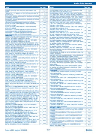 Precios sin I.G.V. vigentes al 28/02/2022
Precios de los Materiales
INSUMO UND. PREC. INSUMO UND. PREC.
- 3.21 -
DESAGÜE UNIVERSAL PARA LAVATORIO ABS CROMADO CON
TAPÓN
PZA 19,41
TRAMPA P DE 1-1/4" BLANCO (DE POLIPROPILENO CON ADAPTA-
DOR DE PVC 2")
PZA 7,54
DUCHA-BIDET MANUAL AMERICANA CON MANGUERA REFORZADA
Y SOPORTE (CROMADO)
PZA 48,22
DUCHA-BIDET MANUAL AMERICANA CON MANGUERA REFORZADA
Y SOPORTE (BLANCO)
PZA 29,58
VÁLVULA DESVIADORA MANUAL PARA DUCHA TELÉFONO PZA 14,32
DUCHA - TELÉFONO CON FLEXIBLE DE 1.50 MTS. Y SOPORTE
PIVOTANTE (TECNO)
PZA 53,31
DUCHA - TELÉFONO CON FLEXIBLE DE 1.50 MTS. Y SOPORTE
PIVOTANTE (BUZIOS)
PZA 78,73
DESAGÜES DE 1 1/4" PARA LAVATORIO EN ABS, CON TAPÓN Y
CADENA, ENCHAPADOS EN ACERO INOX. (CROMADO)
PZA 13,47
DESAGÜES DE 1 1/4" PARA LAVATORIO EN ABS, CON TAPÓN Y
CADENA, ENCHAPADOS EN ACERO INOX. (BLANCO)
PZA 10,08
SANITARIOS
INODORO ARUBA BLANCO ACCES.SIST. LARGA VIDA - EMPAQ. DE
SILICONA (INTEGRADO CON ASIENTO CANCÚN)
PZA 153,98
INODORO ARUBA BONE ACCES.SIST. LARGA VIDA - EMPAQ. DE
SILICONA (INTEGRADO CON ASIENTO CANCÚN)
PZA 167,71
INODORO ARUBA RUBÍ ROJO O AZUL PASTEL ACCES.SIST. LARGA
VIDA - EMPAQ. DE SILICONA (INTEGRADO CON ASIENTO CANCÚN)
PZA 178,31
INODORO ARUBA BLANCO ACCES.SIST. LARGA VIDA - EMPAQ. DE
SILICONA (INTEGRADO SIN ASIENTO)
PZA 136,27
INODORO ARUBA BONE ACCES.SIST. LARGA VIDA - EMPAQ. DE
SILICONA (INTEGRADO SIN ASIENTO)
PZA 149,15
INODORO ARUBA RUBÍ ROJO O AZUL PASTEL ACCES.SIST. LARGA
VIDA - EMPAQ. DE SILICONA (INTEGRADO SIN ASIENTO)
PZA 158,73
INODORO ARUBA BLANCO ACCES.SIST. LARGA VIDA - EMPAQ. DE
SILICONA (TAZA SOLA)
PZA 77,03
INODORO ARUBA BONE ACCES.SIST. LARGA VIDA - EMPAQ. DE
SILICONA (TAZA SOLA)
PZA 84,32
INODORO ARUBA RUBÍ ROJO O AZUL PASTEL ACCES.SIST. LARGA
VIDA - EMPAQ. DE SILICONA (TAZA SOLA)
PZA 89,66
INODORO ARUBA BLANCO ACCES.SIST. LARGA VIDA - EMPAQ. DE
SILICONA (TANQUE CON ACCESORIO)
PZA 59,32
INODORO ARUBA BONE ACCES.SIST. LARGA VIDA - EMPAQ. DE
SILICONA (TANQUE CON ACCESORIO)
PZA 64,83
INODORO ARUBA RUBÍ ROJO O AZUL PASTEL ACCES.SIST. LARGA
VIDA - EMPAQ. DE SILICONA (TANQUE CON ACCESORIO)
PZA 69,07
INODORO ARUBA BLANCO ACCES.SIST. LARGA VIDA - EMPAQ. DE
SILICONA (TAPA DE TANQUE SOLA)
PZA 24,15
INODORO ARUBA BONE ACCES.SIST. LARGA VIDA - EMPAQ. DE
SILICONA (TAPA DE TANQUE SOLA)
PZA 26,53
INODORO ARUBA RUBÍ ROJO O AZUL PASTEL ACCES.SIST. LARGA
VIDA - EMPAQ. DE SILICONA (TAPA DE TANQUE SOLA)
PZA 29,58
INODORO NUEVO CANCÚN BLANCO ACCES.SIST. LARGA VIDA-
EMPAQ. DE SILICONA (INTEGRADO CON ASIENTO VALLARTA-CAÍDA
LENTA)
PZA 189,66
INODORO NUEVO CANCÚN BONE ACCES.SIST. LARGA VIDA - EM-
PAQ. DE SILICONA (INTEGRADO CON ASIENTO VALLARTA - CAÍDA
LENTA)
PZA 208,31
INODORO NUEVO CANCÚN RUBÍ ACCES.SIST. LARGA VIDA-EMPAQ.
DE SILICONA (INTEGRADO CON ASIENTO VALLARTA-CAÍDA LENTA)
PZA 204,58
INODORO NUEVO CANCÚN BLANCO ACCES.SIST. LARGA VIDA -
EMPAQ. DE SILICONA (INTEGRADO CON ASIENTO NUEVO CANCÚN)
PZA 169,41
INODORO NUEVO CANCÚN BONE ACCES.SIST. LARGA VIDA - EM-
PAQ. DE SILICONA (INTEGRADO CON ASIENTO NUEVO CANCÚN)
PZA 186,36
INODORO NUEVO CANCÚN RUBÍ ROJO O AZUL PASTEL ACCES.
SIST. LARGA VIDA - EMPAQ. DE SILICONA (INTEGRADO CON ASIEN-
TO NUEVO CANCÚN)
PZA 204,58
INODORO NUEVO CANCÚN BLANCO ACCES.SIST. LARGA VIDA -
EMPAQ. DE SILICONA (TAZA SOLA)
PZA 100,31
INODORO NUEVO CANCÚN BONE ACCES.SIST. LARGA VIDA - EM-
PAQ. DE SILICONA (TAZA SOLA)
PZA 110,36
INODORO NUEVO CANCÚN RUBÍ ROJO O AZUL PASTEL ACCES.
SIST. LARGA VIDA - EMPAQ. DE SILICONA (TAZA SOLA)
PZA 121,10
INODORO NUEVO CANCÚN BLANCO ACCES.SIST. LARGA VIDA -
EMPAQ. DE SILICONA (TANQUE CON ACCESORIO)
PZA 69,10
INODORO NUEVO CANCÚN BONE ACCES.SIST. LARGA VIDA - EM-
PAQ. DE SILICONA (TANQUE CON ACCESORIO)
PZA 75,99
INODORO NUEVO CANCÚN RUBÍ ROJO O AZUL PASTEL ACCES.SIST.
LARGA VIDA - EMPAQ. DE SILICONA (TANQUE CON ACCESORIO)
PZA 83,47
INODORO NUEVO CANCÚN BLANCO ACCES.SIST. LARGA VIDA -
EMPAQ. DE SILICONA (TAPA DE TANQUE SOLA)
PZA 24,49
INODORO NUEVO CANCÚN BONE ACCES.SIST. LARGA VIDA - EM-
PAQ. DE SILICONA (TAPA DE TANQUE SOLA)
PZA 27,03
INODORO NUEVO CANCÚN RUBÍ ROJO O AZUL PASTEL ACCES.
SIST. LARGA VIDA - EMPAQ. DE SILICONA (TAPA DE TANQUE SOLA)
PZA 29,32
ONE PIECE BUZIOS BLANCO ACCES.SIST. LARGA VIDA - EMPAQ. DE
SILICONA (INTEGRADO CON ASIENTO VALLARTA - CAÍDA LENTA)
PZA 245,68
ONE PIECE BUZIOS BONE ACCES.SIST. LARGA VIDA - EMPAQ. DE
SILICONA (INTEGRADO CON ASIENTO VALLARTA - CAÍDA LENTA)
PZA 266,02
ONE PIECE BUZIOS RUBÍ ROJO O AZUL PASTEL ACCES.SIST.
LARGA VIDA - EMPAQ. DE SILICONA (INTEGRADO CON ASIENTO
VALLARTA - CAÍDA LENTA)
PZA 284,66
ONE PIECE BUZIOS BLANCO ACCES.SIST. LARGA VIDA - EMPAQ. DE
SILICONA (TAPA DE TANQUE SOLA)
PZA 35,51
ONE PIECE BUZIOS BONE ACCES.SIST. LARGA VIDA - EMPAQ. DE
SILICONA (TAPA DE TANQUE SOLA)
PZA 38,90
ONE PIECE BUZIOS RUBÍ ROJO O AZUL PASTEL ACCES.SIST. LAR-
GA VIDA - EMPAQ. DE SILICONA (TAPA DE TANQUE SOLA)
PZA 42,29
ONE PIECE ACAPULCO BLANCO ACCES.SIST. LARGA VIDA-EMPAQ.
DE SILICONA (INTEGRADO CON ASIENTO AVANTE-CAÍDA LENTA)
PZA 364,32
ONE PIECE ACAPULCO BONE ACCES.SIST. LARGA VIDA-EMPAQ. DE
SILICONA (INTEGRADO CON ASIENTO AVANTE-CAÍDA LENTA)
PZA 382,12
ONE PIECE ACAPULCO BLANCO ACCES.SIST. LARGA VIDA - EMPAQ.
DE SILICONA (TAPA DE TANQUE SOLA)
PZA 35,51
ONE PIECE ACAPULCO BONE ACCES.SIST. LARGA VIDA - EMPAQ.
DE SILICONA (TAPA DE TANQUE SOLA)
PZA 38,90
ONE PIECE CARTAGENA ACCES.SIST. LARGA VIDA - EMPAQ. DE
SILICONA (INTEGRADO CON ASIENTO CARTAGENA - CAÍDA LENTA
Y KIT DE INSTALACIÓN)
PZA 593,14
INODORO ARUBA BL- RU, BL-AZ, BL- RO ACCES.SIST. LARGA VIDA
- EMPAQ. DE SILICONA
PZA 72,88
ONE PIECE ACAPULCO BLANCO ACCES.SIST. LARGA VIDA-EMPAQ.
DE SILICONA BIDET INTEGRADO CON ASIENTO AVANTE
PZA 439,83
ONE PIECE ACAPULCO BONE ACCES.SIST. LARGA VIDA - EMPAQ.
DE SILICONA BIDET INTEGRADO CON ASIENTO AVANTE
PZA 456,78
ONE PIECE CABO BLANCO ACCES.SIST. LARGA VIDA - EMPAQ.
DE SILICONA (INTEGRADO CON ASIENTO - CAÍDA LENTA Y KIT DE
INSTALACIÓN)
PZA 338,90
ONE PIECE MYKONOSLANCO ACCES.SIST. LARGA VIDA - EMPAQ.
DE SILICONA (INTEGRADO CON ASIENTO CARTAGENA - CAÍDA
LENTA Y KIT DE INSTALACIÓN)
PZA 466,10
LAVATORIOS
LAVATORIO ARUBA BLANCO C/REBOSE CROMADO (AGUJEROS
PARA 4" INSINUADOS)
PZA 29,58
LAVATORIO ARUBA BONE C/REBOSE CROMADO (AGUJEROS PARA
4" INSINUADOS)
PZA 32,12
LAVATORIO ARUBA RUBÍ O AZUL C/REBOSE CROMADO (AGUJEROS
PARA 4" INSINUADOS)
PZA 35,51
LAVATORIO NVO. CANCÚN BLANCO C/REBOSE CROMADO (AGUJE-
ROS PARA 4" INSINUADOS)
PZA 51,61
LAVATORIO NVO. CANCÚN BONE C/REBOSE CROMADO (AGUJEROS
PARA 4" INSINUADOS)
PZA 55,00
LAVATORIO NVO. CANCÚN RUBÍ O AZUL C/REBOSE CROMADO
(AGUJEROS PARA 4" INSINUADOS)
PZA 58,39
LAVATORIO IPANEMA BLANCO C/REBOSE CROMADO (AGUJEROS
PARA 4" Y 8" INSINUADOS)
PZA 86,36
LAVATORIO IPANEMA BONE C/REBOSE CROMADO (AGUJEROS
PARA 4" Y 8" INSINUADOS)
PZA 89,75
LAVATORIO CABO BLANCO CON REBOSE CROMADO (AGUJEROS
PARA 4" INSINUADOS)
PZA 36,36
LAVATORIO CABO BLANCO BONE CON REBOSE CROMADO (AGUJE-
ROS PARA 4" INSINUADOS)
PZA 39,75
LAVATORIO CABO BLANCO RUBÍ CON REBOSE CROMADO (AGUJE-
ROS PARA 4" INSINUADOS)
PZA 42,29
LAVATORIO CABO BLANCO AZUL PASTEL CON REBOSE CROMADO
(AGUJEROS PARA 4" INSINUADOS)
PZA 42,29
OVALINES Y BOWLS
LAVATORIO OVALÍN BLANCO D/EMPOTRAR ACAPULCO C/REBOSE
CROMADO
PZA 67,71
LAVATORIO OVALÍN BONE D/EMPOTRAR ACAPULCO C/REBOSE
CROMADO
PZA 74,49
LAVATORIO OVALÍN BLANCO D/SOBREPONER BUZIOS C/REBOSE
CROMADO
PZA 76,19
LAVATORIO OVALÍN BONE D/SOBREPONER BUZIOS C/REBOSE
CROMADO
PZA 83,81
LAVATORIO BOWL COZUMEL BLANCO C/REBOSE CROMADO (MEDI-
DA 36CM DE DIÁMETRO)
PZA 84,66
LAVATORIO BOWL VARADERO BLANCO C/REBOSE CROMADO
(MEDIDA 36.5 CM X 36.5 CM)
PZA 93,14
 