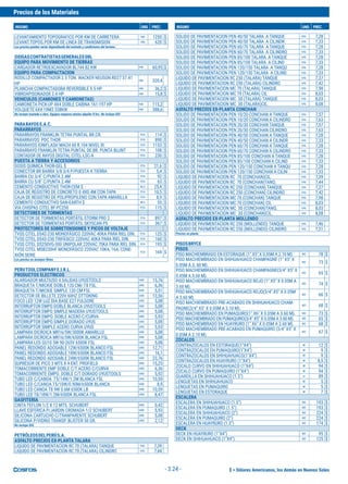 $ = Dólares Americanos, los demás en Nuevos Soles
Precios de los Materiales
INSUMO UND. PREC. INSUMO UND. PREC.
- 3.24 -
LEVANTAMIENTO TOPOGRAFICO POR KM DE CARRETERA KM 1250 $
LEVANT.TOPOG.POR KM DE LINEA DE TRANSMISION KM 620 $
Los precios pueden variar dependiendo del metrado y condiciones del terreno.
OXIGASCONTRATISTASGENERALESSRL
EQUIPO PARA MOVIMIENTO DE TIERRAS
CARGADOR RETROEXCAVADOR BL744 82 KW HM 60,95 $
EQUIPO PARA COMPACTACION
RODILLO COMPACTADOR 2.5 TON. WACKER NEUSON RD27 37.41
HP
HM 320,4
PLANCHA COMPACTADORA REVERSIBLE 9.5 HP HM 36,2 $
VIBROAPISONADOR 2.4 HP HM 15,8 $
VEHICULOS (CAMIONES Y CAMIONETAS)
CAMIONETA PICK-UP 4X4 DOBLE CABINA 161-197 HP HM 115,2
VOLQUETE 6X4 19M3 338KW HM 388,6
No incluye traslado a obra. Equipos mayores minino alquiler 8 hrs. No incluye IGV.
PARARAYOSS.A.C.
PARARRAYOS
PARARRAYOS FRANKLIN TETRA PUNTAL BR.CR. PZA 114 $
PARARRAYOS PDC THOR PZA 890 $
PARARAYOS IONIFLASH MACH 60 R.104 NIVEL III. PZA 1153 $
PARARRAYO FRANKLIN TETRA PUNTAL DE BR. PUNTA BLUNT PZA 108 $
CONTADOR DE RAYOS DIGITAL CITEL LSC-A PZA 230 $
PUESTA A TIERRA Y ACCESORIOS
DOSIS QUIMICA THOR-GEL $ PZA 21,6 $
CONECTOR BR BARRA 5/8 3/4 P/PUESTA A TIERRA PZA 5,4 $
BARRA CU 3/4" C/PUNTA 2.4M PZA 92 $
BARRA CU 5/8" C/PUNTA 2.4M PZA 63 $
CEMENTO CONDUCTIVO THOR-CEM $ BLS 25,4 $
CAJA DE REGISTRO DE CONCRETO 0.4X0.4M CON TAPA PZA 10,5 $
CAJA DE REGISTRO DE POLIPROPILENO CON TAPA AMARILLA PZA 8,9 $
CEMENTO CONDUCTIVO SAN-EARTH $ BLS 55 $
VIA CHISPAS CITEL BF-PC250 PZA 115 $
DETECTORES DE TORMENTAS
DETECTOR DE TORMENTAS PORTÁTIL STORM PRO 2 PZA 897 $
DETECTOR DE TORMENTAS PORTÁTIL SKYSCAN P5 PZA 367 $
PROTECTORES DE SOBRETENSIONES Y PICOS DE VOLTAJE
TVSS CITEL DS42-230 MONOFÁSICO 220VAC 40KA PARA RIEL DIN. PZA 125 $
TVSS CITEL DS43-230 TRIFÁSICO 220VAC 40KA PARA RIEL DIN. PZA 160 $
TVSS CITEL DS250VG-300 UNIPOLAR 220VAC 70KA PARA RIEL DIN. PZA 193 $
TVSS CITEL MSB230HF MONOFÁSICO 220VAC 10KA, 16A, CONE-
XIÓN SERIE
PZA 169 $
Los precios no incluyen fletes
PERUTOOLCOMPANYE.I.R.L.
PRODUCTOS ELECTRICOS
ALARGADOR MULTIUSO 4 SALIDAS UYUSTOOLS UND 15,76
BRAQUETA T/MICKIE DOBLE 120 CM/ T8 FSL UND 6,36
BRAQUETA T/MICKIE SIMPLE 120 CM FSL UND 5,51
DETECTOR DE BILLETE 220V 60HZ OTTOKING UND 13,56
FOCO LED 12W LUZ DIA BASE E27 FULGORE UND 5,08
INTERRUPTOR EMPO DOBLE BLANCA UYUSTOOLS UND 5,08
INTERRUPTOR EMPO SIMPLE MADERA UYUSTOOLS UND 5,08
INTERRUPTOR EMPO. DOBLE ACERO C/CURVA UND 5,93
INTERRUPTOR EMPO.SIMPLE DORADO UYUS UND 5,08
INTERRUPTOR SIMPLE ACERO CURVA UYUS UND 5,93
LAMPARA DICROICA MR16/5W/3000K AMARILLO UND 5,08
LAMPARA DICROICA MR16/5W/6500K BLANCA FSL UND 5,08
LAMPARA LED GU10 5W 90-265V 6500K FSL UND 5,08
PANEL REDONDO ADOSABLE 12W/6500K BLANCO FSL UND 12,71
PANEL REDONDO ADOSABLE 18W/6500K BLANCO FSL UND 16,1
PANEL REDONDO ADOSABLE 24W/6500K BLANCO FSL UND 23,76
SUPRESOR DE PICO 3 MTS X 4 ENT. PROFIELD UND 15,25
TOMACORRIENTE EMP DOBLE C/T ACERO C/CURVA UND 6,36
TOMACORRIENTE EMPO. DOBLE C/T DORADO UYUSTOOLS UND 5,92
TUBO LED C/CANOA T5/14W/1.2M BLANCA FSL UND 10,59
TUBO LED C/CANOA T5/10W/0.90M/6500K BLANCA UND 8,9
TUBO LED CANOA T8 9W 0.6M 6500K LB UND 10,59
TUBO LED T8/18W/1.2M/6500K BLANCA FSL UND 8,47
GASFITERIA
CINTA TEFLON 1/2 X 12 MTS. SCHUBERT UND 0,42
LLAVE ESFERICA P/JARDIN CROMADA 1/2 SCHUBERT UND 5,93
SILICONA CARTUCHO C/TRANPARENTE SCHUBERT UND 5,08
SILICONA P/VIDRIO TRANSP. BLISTER 50 GR. UND 2,12
No incluye IGV.
PETRÓLEOSDELPERÚS.A.
ASFALTO PRECIOS EX-PLANTA TALARA
LIQUIDO DE PAVIMENTACION RC 70 (TALARA) TANQUE GAL 7,39
LIQUIDO DE PAVIMENTACION RC 70 (TALARA) CILINDRO GAL 7,44
SOLIDO DE PAVIMENTACION PEN 40/50 TALARA A TANQUE GAL 7,28
SOLIDO DE PAVIMENTACION PEN 40/50 TALARA A CILINDR GAL 7,33
SOLIDO DE PAVIMENTACION PEN 60/70 TALARA A TANQUE GAL 7,28
SOLIDO DE PAVIMENTACION PEN 60/70 TALARA A CILINDRO GAL 7,33
SOLIDO DE PAVIMENTACION PEN 85/100 TALARA A TANQUE GAL 7,28
SOLIDO DE PAVIMENTACION PEN 85/100 TALARA A CILIND GAL 7,33
SOLIDO DE PAVIMENTACION PEN 120/150 TALARA A TANQU GAL 7,28
SOLIDO DE PAVIMENTACION PEN 120/150 TALARA A CILIND GAL 7,33
LIQUIDO DE PAVIMENTACION RC 250 (TALARA) TANQUE GAL 7,37
LIQUIDO DE PAVIMENTACION RC 250 (TALARA) CILINDRO GAL 7,42
LIQUIDO DE PAVIMENTACION MC 70 (TALARA) TANQUE GAL 7,98
LIQUIDO DE PAVIMENTACION MC 70 (TALARA) CIL GAL 8,03
LIQUIDO DE PAVIMENTACION MC 30 (TALARA) TANQUE GAL 8,03
LIQUIDO DE PAVIMENTACION MC 30 (TALARA)CIL. GAL 8,08
ASFALTO PRECIOS EX-PLANTA CONCHAN
SOLIDO DE PAVIMENTACION PEN 10/20 CONCHAN A TANQUE GAL 7,57
SOLIDO DE PAVIMENTACION PEN 10/20 CONCHAN A CILINDRO GAL 7,63
SOLIDO DE PAVIMENTACION PEN 20/30 CONCHAN TANQUE GAL 7,57
SOLIDO DE PAVIMENTACION PEN 20/30 CONCHAN CILINDRO GAL 7,63
SOLIDO DE PAVIMENTACION PEN 40/50 CONCHAN A TANQUE GAL 7,28
SOLIDO DE PAVIMENTACION PEN 40/50 CONCHAN A CILINDR GAL 7,33
SOLIDO DE PAVIMENTACION PEN 60/70 CONCHAN A TANQUE GAL 7,28
SOLIDO DE PAVIMENTACION PEN 60/70 CONCHAN A CILINDRO GAL 7,33
SOLIDO DE PAVIMENTACION PEN 85/100 CONCHAN A TANQUE GAL 7,28
SOLIDO DE PAVIMENTACION PEN 85/100 CONCHAN A CILIND GAL 7,33
SOLIDO DE PAVIMENTACION PEN 120/150 CONCHAN A TANQU GAL 7,28
SOLIDO DE PAVIMENTACION PEN 120/150 CONCHAN A CILIN GAL 7,33
LIQUIDO DE PAVIMENTACION RC 70 (CONCHAN)CIL. GAL 7,39
LIQUIDO DE PAVIMENTACION RC 70 (CONCHAN)TANQ. GAL 7,44
LIQUIDO DE PAVIMENTACION RC 250 (CONCHAN) TANQUE GAL 7,37
LIQUIDO DE PAVIMENTACION RC 250 (CONCHAN) CILINDRO GAL 7,42
LIQUIDO DE PAVIMENTACION MC 70 (CONCHAN) TANQUE GAL 7,98
LIQUIDO DE PAVIMENTACION MC 70 (CONCHAN) CIL GAL 8,03
LIQUIDO DE PAVIMENTACION MC 30 (CONCHAN)TANQ. GAL 8,03
LIQUIDO DE PAVIMENTACION MC 30 (CONCHAN)CIL. GAL 8,08
ASFALTO PRECIOS EX-PLANTA MOLLENDO
LIQUIDO DE PAVIMENTACION RC 250 (MOLLENDO) TANQUE GAL 7,46
LIQUIDO DE PAVIMENTACION RC 250 (MOLLENDO) CILINDRO GAL 7,51
Precios en planta
PISOSBRYCE
PISOS
PISO MACHIEMBRADO EN ESTORAQUE (1" X5" X 0.05M A 2.10 M). M2 78 $
PISO MACHIEMBRADO EN SHIHUAHUACO CHAMPAGNE (1" X5" X
0.05M A 3..60 M).
M2 73 $
PISO MACHIEMBRADO EN SHIHUAHUACO CHAMPAGNE(3/4" X5" X
0.05M A 3.60 M).
M2 65 $
PISO MACHIEMBRADO EN SHIHUAHUACO ROJO (1" X5" X 0.05M A
3.60 M).
M2 74 $
PISO MACHIEMBRADO EN SHIHUAHUACO ROJO(3/4" X5" X 0.05M
A 3.60 M).
M2 66 $
PISO MACHIEMBRADO PRE-ACABADO EN SHIHUAHUACO CHAM-
PAGNE(3/4" X5" X 0.05M A 2.10 M).
M2 68 $
PISO MACHIEMBRADO EN PUMAQUIRO(1" X6" X 0.05M A 3.60 M). M2 73 $
PISO MACHIEMBRADO EN PUMAQUIRO(3/4" X5" X 0.05M A 3.60 M). M2 65 $
PISO MACHIEMBRADO EN HUAYRURO (1" X6" X 0.05M A 3.60 M). M2 68 $
PISO MACHIEMBRADO PRE-ACABADO EN PUMAQUIRO (3/4" X5" X
0.05M A 2.10 M).
M2 67 $
ZÓCALOS
CONTRAZOCALOS EN ESTORAQUE(1"X4") M 12 $
CONTRAZOCALOS EN PUMAQUIRO(1"X4") M 9 $
CONTRAZOCALOS EN SHIHUAHUACO(1"X4") M 9 $
CONTRAZOCALOS EN HUAYRURO (1"X4") M 8,5 $
ZOCALO CURVO EN SHIHUAHUACO (1"X4") M 94 $
ZOCALO CURVO EN PUMAQUIRO (1"X4") M 94 $
GUARDILLA EN SHIHUAHUACO (1.5") ¤ 89 $
LENGUETAS EN SHIHUAHUACO M 5 $
LENGUETAS EN PUMAQUIRO M 5 $
LENGUETAS EN ESTORAQUE M 7 $
ESCALERA
ESCALERA EN SHIHUAHUACO (1.5") M2 193 $
ESCALERA EN PUMAQUIRO (1.5") M2 193 $
ESCALERA EN SHIHUAHUACO (2") M2 224 $
ESCALERA EN PUMAQUIRO (2") M2 224 $
ESCALERA EN HUAYRURO (1.5") M2 174 $
DECK
DECK EN HUAYRURO (1"X4") M2 95 $
DECK EN SHIHUAHUACO (1"X4") M2 125 $
 