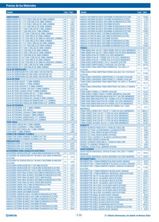 $ = Dólares Americanos, los demás en Nuevos Soles
Precios de los Materiales
INSUMO UND. PREC. INSUMO UND. PREC.
- 3.26 -
ABRAZADERA
ABRAZADERA DE 1 1/2" CON 2 OREJAS DE 2MM JORMEN UND 1,19
ABRAZADERA DE 1 1/2" CON OREJA DE 2MM JORMEN UND 1,02
ABRAZADERA DE 1 1/4" CON 2 OREJAS DE 2MM JORMEN UND 0,85
ABRAZADERA DE 1 1/4" CON OREJA DE 2MM JORMEN UND 0,76
ABRAZADERA DE 1" CON 2 OREJAS DE 2 MM JORMEN UND 0,68
ABRAZADERA DE 1" CON OREJA DE 2 MM JORMEN UND 0,59
ABRAZADERA DE 1/2" CON 2 OREJAS DE 2MM JORMEN UND 0,42
ABRAZADERA DE 1/2" CON OREJA DE 2MM JORMEN UND 0,42
ABRAZADERA DE 1/2" CON OREJA DE 2MM X4 UNIDADES JORMEN UND 1,19
ABRAZADERA DE 1/4" CON OREJA DE 0.9MM JORMEN UND 0,34
ABRAZADERA DE 2 1/2" CON 2 OREJAS DE 2MM JORMEN UND 1,61
ABRAZADERA DE 2 1/2" CON OREJA DE 2MM JORMEN UND 1,69
ABRAZADERA DE 2" CON 2 OREJAS DE 2MM JORMEN UND 1,36
ABRAZADERA DE 2" CON OREJA DE 2MM JORMEN UND 1,27
ABRAZADERA DE 3" CON 2 OREJAS DE 2MM JORMEN UND 2,12
ABRAZADERA DE 3" CON OREJA DE 2MM JORMEN UND 2,46
ABRAZADERA DE 3/4" CON 2 OREJAS DE 2MM JORMEN UND 0,51
ABRAZADERA DE 3/4" CON OREJA DE 2MM JORMEN UND 0,51
ABRAZADERA DE 3/4" CON OREJA DE.2MM X4 UNIDADES JORMEN UND 1,53
ABRAZADERA DE 4" CON 2 OREJAS DE 2MM JORMEN UND 2,88
ABRAZADERA DE 4" CON OREJA DE 2MM JORMEN UND 3,05
CAJA DE DERIVACIÓN
CAJA DE DERIVACIÓN PVC CON CONO 10X10X7CM TKL PZA 8,39
CAJA DE DERIVACIÓN PVC SIN CONO 10X10X7CM TKL PZA 8,39
CAJA DE DERIVACIÓN PVC SIN CONO 15X15X7CM TKL PZA 10,93
CAJA DE PASE
CAJA DE PASE 6X6X4" 1.5 MM JORMEN PZA 8,81
CAJA DE PASE 8X8X4" 1.5 MM JORMEN PZA 13,47
CAJA DE PASO 30X30X10" 0.9MM JORMEN PZA 28,73
CAJA DE PASO LIVIANA 10X10X4" 0.9MM JORMEN PZA 25,34
CAJA DE PASO LIVIANA 4X4X2" 0.9MM JORMEN PZA 3,31
CAJA DE PASO RECTANGULAR 3/4" 1.5 MM JORMEN PZA 3,73
CAJA DE PASO RECTANGULAR 4X2" NICOLL PZA 2,12
CAJA DE PASO RECTANGULAR LIVIANA 0.3MM JORMEN PZA 0,76
CAJA DE PASO RECTANGULAR SEMIPESADA 1/2" JORMEN PZA 2,12
CAJA DE PASO RECTANGULAR SEMIPESADA 3/4" JORMEN PZA 2,12
CAJA OCTOGONAL
CAJA OCTOGONAL 3/4" 1.5MM JORMEN PZA 3,31
CAJA OCTOGONAL 4X4" NICOLL PZA 2,97
CAJA OCTOGONAL LIVIANA 0.3MM JORMEN PZA 1,02
CAJA OCTOGONAL PESADA 1.5MM JORMEN PZA 3,81
CAJA OCTOGONAL SEMIPESADA 1/2" JORMEN PZA 2,46
CAJA OCTOGONAL SEMIPESADA 3/4" JORMEN PZA 2,46
TAPA CIEGA
TAPA CIEGA CIRCULAR 1.2 MM JORMEN PZA 1,95
TAPA CIEGA CUADRADA 1.2 MM JORMEN PZA 1,95
TAPA CIEGA RECTANGULAR 1.2 MM JORMEN PZA 1,36
TAPA GANG 1.2MM JORMEN PZA 2,88
CONECTOR CONDUIT FLEXIBLE
CONECTOR CURVO CONDUIT FLEXIBLE 3/4" TKL PZA 5
CONECTOR RECTO CONDUIT FLEXIBLE 3/4" TKL PZA 2,46
PRESAESTOPA
PRENSAESTOPA 1/2" SHALOM PZA 8,39
PRENSAESTOPA 3/4" SHALOM PZA 8,39
PRENSAESTOPA 3/8" SHALOM PZA 8,39
ACCESORIOS PARA CANALETA ELÉCTRICA
ACCESORIO DERIVACIÓN EN T 60X40 MM SCHNEIDER-ELECTRIC PZA 12,12
ACCESORIO DE DERIVACIÓN EN T BLANCO 20X12MM SCHNEIDER-
ELECTRIC
PZA 2,12
ACCESORIO DE DERIVACIÓN EN T BLANCO 40X25MM SCHNEIDER-
ELECTRIC
PZA 5,59
ACCESORIO DERIVACIÓN EN T 13X7 MM DEXSON PZA 1,78
ACCESORIO DERIVACIÓN EN T 25X25 MM SCHNEIDER-ELECTRIC PZA 3,31
ACCESORIO DERIVACIÓN EN T 32X12 MM SCHNEIDER-ELECTRIC PZA 2,71
ACCESORIO TAPA FINAL BLANCO 20X12MM SCHNEIDER-ELECTRIC PZA 2,12
ACCESORIO TAPA FINAL BLANCO 25X25MM SCHNEIDER-ELECTRIC PZA 0,42
ACCESORIO TAPA FINAL BLANCO 32X12 MM DEXSON PZA 2,71
ACCESORIO TAPA FINAL BLANCO 40X25MM SCHNEIDER-ELECTRIC PZA 4,66
ACCESORIO TAPA FINAL BLANCO 60X40 MM DEXSON PZA 9,49
ACCESORIO UNIÓN 20X12 MM SCHNEIDER-ELECTRIC PZA 2,71
ACCESORIO UNIÓN 25X25 MM DEXSON PZA 3,31
ACCESORIO UNIÓN 40X25MM SCHNEIDER-ELECTRIC PZA 4,66
ACCESORIO UNIÓN 60X40MM DEXSON PZA 9,49
ACCESORIO UNIÓN BLANCO 13X7MM SCHNEIDER-ELECTRIC PZA 1,78
ACCESORIO UNIÓN BLANCO 20X12MM SCHNEIDER-ELECTRIC PZA 2,12
ANGULO EXTERNO BLANCO 13X7MM SCHNEIDER-ELECTRIC PZA 1,78
ANGULO EXTERNO BLANCO 20X12MM SCHNEIDER-ELECTRIC PZA 2,12
ANGULO EXTERNO BLANCO 25X25MM DEXSON PZA 3,31
ANGULO EXTERNO BLANCO 32X12MM SCHNEIDER-ELECTRIC PZA 2,71
ANGULO EXTERNO BLANCO 40X25MM SCHNEIDER-ELECTRIC PZA 4,66
ANGULO EXTERNO BLANCO 60X40MM SCHNEIDER-ELECTRIC PZA 10,08
ANGULO INTERNO BLANCO 13X7MM SCHNEIDER-ELECTRIC PZA 1,78
ANGULO INTERNO BLANCO 20X12MM SCHNEIDER-ELECTRIC PZA 2,12
ANGULO INTERNO BLANCO 25X25MM DEXSON PZA 3,31
ANGULO INTERNO BLANCO 32X12MM SCHNEIDER-ELECTRIC PZA 2,71
ANGULO INTERNO BLANCO 40X25MM SCHNEIDER-ELECTRIC PZA 4,66
ANGULO INTERNO BLANCO 60X40MM SCHNEIDER-ELECTRIC PZA 10,08
ANGULO PLANO BLANCO 13X7MM SCHNEIDER-ELECTRIC PZA 1,78
ANGULO PLANO BLANCO 20X12MM SCHNEIDER-ELECTRIC PZA 2,12
ANGULO PLANO BLANCO 25X25MM DEXSON PZA 3,31
ANGULO PLANO BLANCO 32X12MM SCHNEIDER-ELECTRIC PZA 2,71
ANGULO PLANO BLANCO 40X25MM SCHNEIDER-ELECTRIC PZA 4,66
ANGULO PLANO BLANCO 60X40MM SCHNEIDER-ELECTRIC PZA 10,08
TOMAS
TOMA AÉREA IP44 16A 2P + LÍNEATIERRA 250V 6H AZUL MENNEKES PZA 20,25
TOMA AÉREA IP44 16A 2P + LÍNEATIERRA 415V 9H ROJO MENNEKES PZA 23,64
TOMA AÉREA IP44 2P+TIERRA 32A 250V MENNEKES PZA 33,81
TOMA AÉREA IP44 3P + TIERRA 32A 415V AZUL MENNEKES PZA 33,81
TOMA AÉREA IP44 3P + TIERRA 32A 415V ROJO MENNEKES PZA 33,81
TOMA DOBLE EMPOTRABLE 15A L/T BLANCO LEVITON PZA 7,54
TOMA DOBLE EMPOTRABLE T/AISLADA 15A LEVITON PZA 26,19
TOMA DOBLE PARA EMPOTRAR COMERCIAL 15A 250V L/T
LEVITON
PZA 14,32
TOMA DOBLE PARA EMPOTRAR TIERRA AISLADA 15A 125V ROJO
LEVITON
PZA 27,88
TOMA DOBLE UNIVERSAL EMPOTRABLE L/T BLANCO SHALOM PZA 7,54
TOMA DOBLE UNIVERSAL EMPOTRABLE L/T MARFIL SHALOM PZA 7,54
TOMA DOBLE UNIVERSAL PARA EMPOTRAR 15A 250V L/T BLANCO
LEVITON
PZA 15,17
TOMA DOBLE UNIVERSAL PARA EMPOTRAR 15A 250V L/T MARFIL
LEVITON
PZA 15,17
TOMA DOBLE VISIBLE L/T MARFIL SHALOM PZA 12,63
TOMA DOBLE VISIBLE LÍNEA A TIERRA UNIVERSAL SHALOM PZA 12,63
TOMAPARAEMPOTRARINCLINADAIP442P+T16A250VMENNEKES PZA 21,1
TOMA PARA EMPOTRAR IP44 16A +TIERRA 415V RJ 9H MENNEKES PZA 19,41
TOMA PARA EMPOTRAR IP44 2P+TIERRA 32A 250V MENNEKES PZA 27,88
TOMA PARA EMPOTRAR IP44 3P+TIERRA 32A 415V MENNEKES PZA 31,27
TOMA PARA EMPOTRAR RECTA IP44 2P+TIERRA 16A + 250V
MENNEKES
PZA 21,1
TOMA TRIPLE AÉREA IP67 16A 2P + T 250V 6H AZUL MENNEKES PZA 380,51
TOMA VISIBLE IP44 16A 2P + T 250V 6H AZUL MENNEKES PZA 33,81
TOMA VISIBLE IP44 32A 2P + T 250V 6H AZUL MENNEKES PZA 33,81
TOMA VISIBLE IP44 32A 3P + T 250V 9H AZUL MENNEKES PZA 42,29
TOMA VISIBLE IP44 32A 3P + T 415V 9H ROJO MENNEKES PZA 38,05
TOMA VISIBLE SCHUKO 16A 2P + T 250V GRIS MENNEKES PZA 25,34
SOQUETS
SOCKET DICROICO PARA GU10 + 10CM DE CABLE SM PZA 3,31
SOCKET E27 OVAL LUZZINI MARFIL LUZZINI-ELECTRIC PZA 4,66
SOCKET E27 OVAL ROSCA BLANCO BTICINO PZA 7,54
SOCKET E27 OVAL ROSCA MARFIL BTICINO PZA 8,39
SOCKET OVAL LUZZINI E-27 BLANCO LUZZINI-ELECTRIC PZA 4,66
SOCKET PARA DICROICO BIPIN SM PZA 1,61
SOQUET DICROICO PARA MR16 + 10CM DE CABLE SM PZA 2,8
SOQUET E14 BRONCE PROMATISA PZA 0,85
TERMINAL SOCKETE DE LÁMPARA BTICINO PZA 6,36
ADAPTADORES
ADAPTADOR UNIVERSAL ESPIGA PLANA 10A 250V + TIERRA
WONPRO
PZA 10,93
ADAPTADOR UNIVERSAL ESPIGA REDONDA 10A 250V WONPRO PZA 10,93
INTERRUPTORES
INTERRUPTOR + TOMACORRIENTE BLANCO BASIC ORANGE PZA 8,39
INTERRUPTOR + TOMACORRIENTE BLANCO CLASSIC ORANGE PZA 9,24
INTERRUPTOR + TOMACORRIENTE MARFIL GÉNESIS SCHNEIDER-
ELECTRIC
PZA 11,02
INTERRUPTOR + TOMACORRIENTE NEGRO BASIC ORANGE PZA 8,39
INTERRUPTOR + TOMACORRIENTE UNIVERSAL SENCIA BTICINO PZA 14,83
INTERRUPTOR 1M 1P 16A BLANCO MATIX BTICINO PZA 12,63
INTERRUPTOR 1M 1P 16A MARFIL MATIX BTICINO PZA 15,17
INTERRUPTOR 1M 2P 16A BLANCO MATIX BTICINO PZA 32,97
INTERRUPTOR 1M 2P 16A MARFIL MATIX BTICINO PZA 33,81
INTERRUPTOR 1M 3 VÍAS 16A BLANCO MATIX BTICINO PZA 15,17
INTERRUPTOR 1M 3 VÍAS 16A MARFIL MATIX BTICINO PZA 15,17
INTERRUPTOR 1M 4 VÍAS 16A BLANCO MATIX BTICINO PZA 66,02
INTERRUPTOR 1M 4 VÍAS 16A MARFIL MATIX BTICINO PZA 65,17
INTERRUPTOR DOBLE BLANCO BASIC ORANGE PZA 8,39
INTERRUPTOR DOBLE BLANCO CLASSIC ORANGE PZA 10,08
INTERRUPTOR DOBLE BLANCO GÉNESIS SCHNEIDER-ELECTRIC PZA 11,02
INTERRUPTOR DOBLE BLANCO MATIX BTICINO PZA 38,9
INTERRUPTOR DOBLE CHAMPAGNE MATIX BTICINO PZA 46,53
INTERRUPTOR DOBLE MARFIL GÉNESIS SCHNEIDER-ELECTRIC PZA 11,02
INTERRUPTOR DOBLE NEGRO BASIC ORANGE PZA 8,39
 