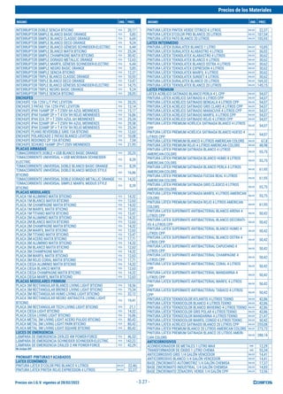 Precios sin I.G.V. vigentes al 28/02/2022
Precios de los Materiales
INSUMO UND. PREC. INSUMO UND. PREC.
- 3.27 -
INTERRUPTOR DOBLE SENCIA BTICINO PZA 20,17
INTERRUPTOR SIMPLE BLANCO BASIC ORANGE PZA 5,85
INTERRUPTOR SIMPLE BLANCO CLASSIC ORANGE PZA 6,69
INTERRUPTOR SIMPLE BLANCO DECO ORANGE PZA 9,24
INTERRUPTOR SIMPLE BLANCO GÉNESIS SCHNEIDER-ELECTRIC PZA 6,44
INTERRUPTOR SIMPLE BLANCO MATIX BTICINO PZA 25,34
INTERRUPTOR SIMPLE CHAMPAGNE MATIX BTICINO PZA 30,42
INTERRUPTOR SIMPLE DORADO METALLIC ORANGE PZA 12,63
INTERRUPTOR SIMPLE MARFIL GÉNESIS SCHNEIDER-ELECTRIC PZA 6,44
INTERRUPTOR SIMPLE NEGRO BASIC ORANGE PZA 5,85
INTERRUPTOR SIMPLE SENCIA BTICINO PZA 12,37
INTERRUPTOR TRIPLE BLANCO CLASSIC ORANGE PZA 10,93
INTERRUPTOR TRIPLE BLANCO DECO ORANGE PZA 13,47
INTERRUPTOR TRIPLE BLANCO GÉNESIS SCHNEIDER-ELECTRIC PZA 14,75
INTERRUPTOR TRIPLE NEGRO BASIC ORANGE PZA 9,24
INTERRUPTOR TRIPLE SENCIA BTICINO PZA 28,05
ENCHUFES
ENCHUFE 15A 125V L/T PVC LEVITON PZA 20,25
ENCHUFE 2 PATAS 15A 125V PVC LEVITON PZA 13,14
ENCHUFE IP44 16AMP 2P + T 250V 6H AZUL MENNEKES PZA 15,17
ENCHUFE IP44 16AMP 2P + T 415V 9H ROJO MENNEKES PZA 16,86
ENCHUFE IP44 32A 2P + T 250V AZUL 6H MENNEKES PZA 25,34
ENCHUFE IP44 32AMP 3P + T 250V 9H AZUL MENNEKES PZA 29,58
ENCHUFE IP44 32AMP 3P + T 415V 9H ROJO MENNEKES PZA 25,34
ENCHUFE PLANO REVERSIBLE GRIS 15A BTICINO PZA 12,63
ENCHUFE POLARIZADO 2 PATAS BLANCO LEVITON PZA 10,08
ENCHUFE REDONDO 2P 10A BTICINO PZA 7,54
ENCHUFE SCHUKO 16AMP 2P+T 250V MENNEKES PZA 21,95
PLACAS ARMADAS
TOMACORRIENTE DOBLE + USB BLANCO BASIC ORANGE PZA 20,25
TOMACORRIENTE UNIVERSAL + USB MICROBAN SCHNEIDER-
ELECTRIC
PZA 8,39
TOMACORRIENTE UNIVERSAL DOBLE BLANCO BASIC ORANGE PZA 8,39
TOMACORRIENTE UNIVERSAL DOBLE BLANCO MODUS STYLE
BTICINO
PZA 16,86
TOMACORRIENTE UNIVERSAL DOBLE DORADO METALLIC ORANGE PZA 14,32
TOMACORRIENTE UNIVERSAL SIMPLE MARFIL MODUS STYLE
BTICINO
PZA 8,39
PLACAS MODULARES
PLACA 1M ALUMINIO MATIX BTICINO PZA 14,32
PLACA 1M BLANCO MATIX BTICINO PZA 12,63
PLACA 1M CHAMPAGNE MATIX BTICINO PZA 14,32
PLACA 1M MARFIL MATIX BTICINO PZA 12,63
PLACA 1M TITANIO MATIX BTICINO PZA 13,47
PLACA 2M ALUMINIO MATIX BTICINO PZA 14,32
PLACA 2M BLANCO MATIX BTICINO PZA 12,63
PLACA 2M CHAMPAGNE MATIX BTICINO PZA 14,32
PLACA 2M MARFIL MATIX BTICINO PZA 12,63
PLACA 2M TITANIO MATIX BTICINO PZA 13,47
PLACA 3M ACERO MATIX BTICINO PZA 17,71
PLACA 3M ALUMINIO MATIX BTICINO PZA 14,32
PLACA 3M BLANCO MATIX BTICINO PZA 12,63
PLACA 3M CHAMPAGNE MATIX PZA 14,32
PLACA 3M MARFIL MATIX BTICINO PZA 12,63
PLACA 3M ROJO CORAL MATIX BTICINO PZA 17,71
PLACA CIEGA ALUMINIO MATIX BTICINO PZA 14,32
PLACA CIEGA BLANCO MATIX PZA 12,63
PLACA CIEGA CHAMPAGNE MATIX BTICINO PZA 14,32
PLACA CIEGA MARFIL MATIX BTICINO PZA 12,63
PLACAS MODULARES PRIMIUM
PLACA 3M RECTANGULAR BLANCO LIVING LIGHT BTICINO PZA 18,56
PLACA 3M RECTANGULAR BRONCE LIVING LIGHT BTICINO PZA 75,34
PLACA 3M RECTANGULAR HUMO LIVING LIGHT BTICINO PZA 32,12
PLACA 3M RECTANGULAR NEGRO ANTRACITA LIVING LIGHT
BTICINO
PZA 19,41
PLACA 3M RECTANGULAR TECH LIVING LIGHT BTICINO PZA 21,1
PLACA CIEGA LIGHT BTICINO PZA 14,32
PLACA CIEGA LIVING LIGHT BTICINO PZA 16,86
PLACA METAL 3M LIVING LIGHT ACERO PULIDO BTICINO PZA 80,42
PLACA METAL 3M LIVING LIGHT PARK BTICINO PZA 80,42
PLACA METAL 3M LIVING LIGHT SQUARE BTICINO PZA 80,42
LUCES DE EMERGENCIA
LÁMPARA DE EMERGENCIA 2X9LED 4W POWER-FORCE PZA 46,53
LÁMPARA DE EMERGENCIA SCHNEIDER SCHNEIDER-ELECTRIC PZA 143,22
LÁMPARA DE EMERGENCIA 2X6LED 2.4W POWER-FORCE PZA 42,29
No incluye IGV
PROMART-PINTURASYACABADOS
LATEX ECONÓMICO
PINTURA LÁTEX D'COLOR PRO BLANCO 4 LITROS BALDE 22,46
PINTURA LÁTEX PINTEK ROJO EXPRESSION 4 LITROS BALDE 22,37
PINTURA LÁTEX PINTEK VERDE CÍTRICO 4 LITROS BALDE 22,37
PINTURA LÁTEX D'COLOR PRO BLANCO 20 LITROS BALDE 107,54
PINTURA LÁTEX PATO BLANCO 20 LITROS BALDE 105,93
LATEX INTERMEDIO
PINTURA LÁTEX DURALATEX BLANCO 1 LITRO BALDE 10,85
PINTURA LÁTEX DURALATEX ALABASTRO 4 LITROS BALDE 36,02
PINTURA LÁTEX TEKNOLATEX ALABASTRO 4 LITROS BALDE 30,62
PINTURA LÁTEX TEKNOLATEX BLANCO 4 LITROS BALDE 30,62
PINTURA LÁTEX TEKNOLATEX BLANCO OSTRA 4 LITROS BALDE 30,62
PINTURA LÁTEX TEKNOLATEX EXPRESION 4 LITROS BALDE 30,62
PINTURA LÁTEX TEKNOLATEX MARFIL 4 LITROS BALDE 30,62
PINTURA LÁTEX TEKNOLATEX SUNSET 4 LITROS BALDE 30,62
PINTURA LÁTEX DURALATEX BLANCO 20 LITROS BALDE 169,32
PINTURA LÁTEX TEKNOLATEX BLANCO 20 LITROS BALDE 145,15
LATEX PREMIUM
LÁTEX ACRÍLICO SATINADO BLANCO PERLA 4 L CPP BALDE 54,07
PINTURA LÁTEX ACRÍLICO SATINADO 4 LITROS CPP BALDE 54,07
PINTURA LÁTEX ACRÍLICO SATINADO BENGALA 4 LITROS CPP BALDE 54,07
PINTURA LÁTEX ACRÍLICO SATINADO GRIS CLARO 4 LITROS CPP BALDE 54,07
PINTURA LÁTEX ACRÍLICO SATINADO MARACUYÁ 4 LITROS CPP BALDE 54,07
PINTURA LÁTEX ACRÍLICO SATINADO MARFIL 4 LITROS CPP BALDE 54,07
PINTURA LÁTEX ACRÍLICO SATINADO ROJO 4 LITROS CPP BALDE 54,07
PINTURA LÁTEX PREMIUM ACRÍLICA SATINADA BLANCO 4 LITROS
CPP
BALDE 54,07
PINTURA LÁTEX PREMIUM ACRÍLICA SATINADA BLANCO HUESO 4
LITROS CPP
BALDE 54,07
PINTURA LÁTEX PREMIUM BLANCO 4 LITROS AMERICAN COLORS BALDE 67,8
PINTURA LÁTEX PREMIUM ROJO 4 LITROS AMERICAN COLORS BALDE 48,98
PINTURA LÁTEX PREMIUM SATINADA BLANCO 4 LITROS
AMERICAN-COLORS
BALDE 55,75
PINTURA LÁTEX PREMIUM SATINADA BLANCO HUMO 4 LITROS
AMERICAN COLORS
BALDE 55,75
PINTURA LÁTEX PREMIUM SATINADA BLANCO PERLA 4 LITROS
AMERICAN-COLORS
BALDE 61,95
PINTURA LÁTEX PREMIUM SATINADA FUCSIA REAL 4 LITROS
AMERICAN COLORS
BALDE 61,95
PINTURA LÁTEX PREMIUM SATINADA GRIS CLÁSICO 4 LITROS
AMERICAN COLORS
BALDE 55,75
PINTURA LÁTEX PREMIUM SATINADA MARFIL 4 LITROS AMERICAN
COLORS
BALDE 55,75
PINTURA LÁTEX PREMIUM SATINADA ROJO 4 LITROS AMERICAN
COLORS
BALDE 61,95
PINTURA LATEX SUPERMATE ANTIBACTERIAL BLANCO ARENA 4
LITROS CPP
BALDE 50,42
PINTURA LATEX SUPERMATE ANTIBACTERIAL BLANCO DECORATI-
VO 4 LITROS CPP
BALDE 50,42
PINTURA LATEX SUPERMATE ANTIBACTERIAL BLANCO HUMO 4
LITROS CPP
BALDE 50,42
PINTURA LATEX SUPERMATE ANTIBACTERIAL BLANCO OSTRA 4
LITROS CPP
BALDE 50,42
PINTURA LATEX SUPERMATE ANTIBACTERIAL CAPUCHINO 4
LITROS CPP
BALDE 50,42
PINTURA LATEX SUPERMATE ANTIBACTERIAL CHAMPAGNE 4
LITROS CPP
BALDE 50,42
PINTURA LATEX SUPERMATE ANTIBACTERIAL CORAL 4 LITROS
CPP
BALDE 50,42
PINTURA LATEX SUPERMATE ANTIBACTERIAL MANDARINA 4
LITROS CPP
BALDE 50,42
PINTURA LATEX SUPERMATE ANTIBACTERIAL MARFIL 4 LITROS
CPP
BALDE 50,42
PINTURA LATEX SUPERMATE ANTIBACTERIAL TABACO 4 LITROS
CPP
BALDE 50,42
PINTURA LÁTEX TEKNOCOLOR ATLANTIS 4 LITROS TEKNO BALDE 42,86
PINTURA LÁTEX TEKNOCOLOR BLANCO 4 LITROS TEKNO BALDE 42,86
PINTURA LÁTEX TEKNOCOLOR BLANCO INVIERNO 4 LITROS TEKNO BALDE 42,86
PINTURA LÁTEX TEKNOCOLOR GRIS POLAR 4 LITROS TEKNO BALDE 42,86
PINTURA LÁTEX TEKNOCOLOR MANDARINA 4 LITROS TEKNO BALDE 21,47
PINTURA LÁTEX TEKNOCOLOR MARFIL CONGO 4 LITROS TEKNO BALDE 50,42
PINTURA LÁTEX ACRÍLICO SATINADO BLANCO 20 LITROS CPP BALDE 255,08
PINTURA LÁTEX PREMIUM BLANCO 20 LITROS AMERICAN COLORS BALDE 273,73
PINTURA LÁTEX PREMIUM SATINADA BLANCO 20 LITROS AMERI-
CAN COLORS
BALDE 288,14
ANTICORROSIVOS
ACONDICIONADOR DE METALES 1 LITRO MAX UND 12,29
TRANSFORMADOR DE ÓXIDO 1 LITRO CHEMA UND 55,34
ANTICORROSIVO GRIS 1/4 GALÓN VENCEDOR BALDE 14,41
ANTICORROSIVO BLANCO 1/4 GALÓN VENCEDOR BALDE 14,41
BASE ZINCROMATO AUTOMOTRIZ 1/4 GALÓN CHEMISA BALDE 17,37
BASE ZINCROMATO INDUSTRIAL 1/4 GALÓN CHEMISA BALDE 14,83
BASE ZINCROMATO ZENACRYL VERDE 1/4 GALÓN CPP BALDE 13,56
 