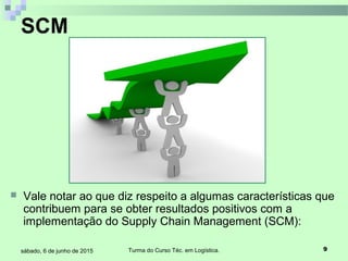 Turma do Curso Téc. em Logística. 9sábado, 6 de junho de 2015
 Vale notar ao que diz respeito a algumas características que
contribuem para se obter resultados positivos com a
implementação do Supply Chain Management (SCM):
SCM
 