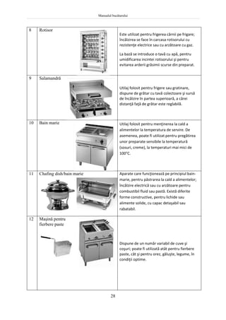 Manualul bucătarului
28
8 Rotisor
Este utilizat pentru frigerea cărnii pe frigare;
încălzirea se face în carcasa rotisorului cu
rezistenţe electrice sau cu arzătoare cu gaz.
La bază se introduce o tavă cu apă, pentru
umidificarea incintei rotisorului şi pentru
evitarea arderii grăsimii scurse din preparat.
9 Salamandră
Utilaj folosit pentru frigere sau gratinare,
dispune de grătar cu tavă colectoare şi sursă
de încălzire în partea superioară, a cărei
distanţă faţă de grătar este reglabilă.
10 Bain marie Utilaj folosit pentru menţinerea la cald a
alimentelor la temperatura de servire. De
asemenea, poate fi utilizat pentru pregătirea
unor preparate sensibile la temperatură
(sosuri, creme), la temperaturi mai mici de
100°C.
11 Chafing dish/bain marie Aparate care funcţionează pe principiul bain-
marie, pentru păstrarea la cald a alimentelor;
încălzire electrică sau cu arzătoare pentru
combustibil fluid sau pastă. Există diferite
forme constructive, pentru lichide sau
alimente solide, cu capac detaşabil sau
rabatabil.
12 Maşină pentru
fierbere paste
Dispune de un număr variabil de cuve şi
coşuri; poate fi utilizată atât pentru fierbere
paste, cât şi pentru orez, găluşte, legume, în
condiţii optime.
 