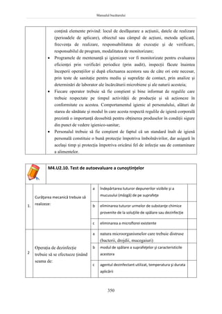 Manualul bucătarului
350
conţină elemente privind: locul de desfăşurare a acţiunii, datele de realizare
(perioadele de aplicare), obiectul sau câmpul de acţiuni, metoda aplicată,
frecvenţa de realizare, responsabilitatea de execuţie şi de verificare,
responsabilul de program, modalitatea de monitorizare;
 Programele de mentenanţă şi igienizare vor fi monitorizate pentru evaluarea
eficienţei prin verificări periodice (prin audit), inspecţii făcute înaintea
începerii operaţiilor şi după efectuarea acestora sau de câte ori este necesar,
prin teste de sanitaţie pentru mediu şi suprafeţe de contact, prin analize şi
determinări de laborator ale încărcăturii microbiene şi ale naturii acesteia;
 Fiecare operator trebuie să fie conştient şi bine informat de regulile care
trebuie respectate pe timpul activităţii de producţie şi să acţioneze în
conformitate cu acestea. Comportamentul igienic al personalului, alături de
starea de sănătate şi modul în care acesta respectă regulile de igienă corporală
prezintă o importanţă deosebită pentru obţinerea produselor în condiţii sigure
din punct de vedere igienico-sanitar;
 Personalul trebuie să fie conştient de faptul că un standard înalt de igienă
personală constituie o bună protecţie împotriva îmbolnăvirilor, dar asigură în
acelaşi timp şi protecţia împotriva oricărui fel de infecţie sau de contaminare
a alimentelor.
M4.U2.10. Test de autoevaluare a cunoştinţelor
1.
Curăţarea mecanică trebuie să
realizeze:
a îndepărtarea tuturor depunerilor vizibile şi a
mucusului (mâzgă) de pe suprafeţe
b eliminarea tuturor urmelor de substanţe chimice
provenite de la soluţiile de spălare sau dezinfecţie
c eliminarea a microflorei existente
2
Operaţia de dezinfecţie
trebuie să se efectueze ţinând
seama de:
a natura microorganismelor care trebuie distruse
(bacterii, drojdii, mucegaiuri)
b modul de spălare a suprafeţelor şi caracteristicile
acestora
c agentul dezinfectant utilizat, temperatura şi durata
aplicării
 