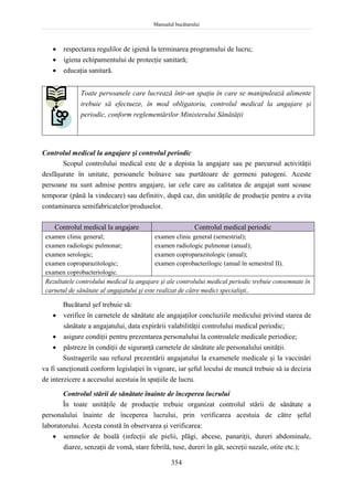 Manualul bucătarului
354
 respectarea regulilor de igienă la terminarea programului de lucru;
 igiena echipamentului de protecţie sanitară;
 educaţia sanitară.
Toate persoanele care lucrează într-un spaţiu în care se manipulează alimente
trebuie să efectueze, în mod obligatoriu, controlul medical la angajare şi
periodic, conform reglementărilor Ministerului Sănătăţii
Controlul medical la angajare şi controlul periodic
Scopul controlului medical este de a depista la angajare sau pe parcursul activităţii
desfăşurate în unitate, persoanele bolnave sau purtătoare de germeni patogeni. Aceste
persoane nu sunt admise pentru angajare, iar cele care au calitatea de angajat sunt scoase
temporar (până la vindecare) sau definitiv, după caz, din unităţile de producţie pentru a evita
contaminarea semifabricatelor/produselor.
Controlul medical la angajare Controlul medical periodic
examen clinic general;
examen radiologic pulmonar;
examen serologic;
examen coproparazitologic;
examen coprobacteriologic.
examen clinic general (semestrial);
examen radiologic pulmonar (anual);
examen coproparazitologic (anual);
examen coprobacterilogic (anual în semestrul II).
Rezultatele controlului medical la angajare şi ale controlului medical periodic trebuie consemnate în
carnetul de sănătate al angajatului şi este realizat de către medici specialişti..
Bucătarul şef trebuie să:
 verifice în carnetele de sănătate ale angajaţilor concluziile medicului privind starea de
sănătate a angajatului, data expirării valabilităţii controlului medical periodic;
 asigure condiţii pentru prezentarea personalului la controalele medicale periodice;
 păstreze în condiţii de siguranţă carnetele de sănătate ale personalului unităţii.
Sustragerile sau refuzul prezentării angajatului la examenele medicale şi la vaccinări
va fi sancţionată conform legislaţiei în vigoare, iar şeful locului de muncă trebuie să ia decizia
de interzicere a accesului acestuia în spaţiile de lucru.
Controlul stării de sănătate înainte de începerea lucrului
În toate unităţile de producţie trebuie organizat controlul stării de sănătate a
personalului înainte de începerea lucrului, prin verificarea acestuia de către şeful
laboratorului. Acesta constă în observarea şi verificarea:
 semnelor de boală (infecţii ale pielii, plăgi, abcese, panariţii, dureri abdominale,
diaree, senzaţii de vomă, stare febrilă, tuse, dureri în gât, secreţii nazale, otite etc.);
 
