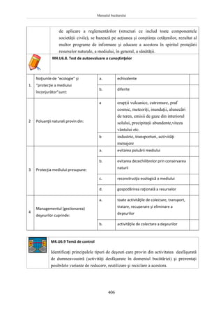 Manualul bucătarului
406
de aplicare a reglementărilor (structuri ce includ toate componentele
societăţii civile), se bazează pe acţiunea şi conştiinţa cetăţenilor, rezultat al
multor programe de informare şi educare a acestora în spiritul protejării
resurselor naturale, a mediului, în general, a sănătăţii.
M4.U6.8. Test de autoevaluare a cunoştinţelor
1.
Noţiunile de “ecologie” şi
“protecţie a mediului
înconjurător”sunt:
a. echivalente
b. diferite
2 Poluanţii naturali provin din:
a erupţii vulcanice, cutremure, praf
cosmic, meteoriţi, inundaţii, alunecări
de teren, emisii de gaze din interiorul
solului, precipitaţii abundente,viteza
vântului etc.
b industrie, transporturi, activităţi
menajere
3 Protecţia mediului presupune:
a. evitarea poluării mediului
b. evitarea dezechilibrelor prin conservarea
naturii
c. reconstrucţia ecologică a mediului
d. gospodărirea raţională a resurselor
4
Managementul (gestionarea)
deşeurilor cuprinde:
a. toate activităţile de colectare, transport,
tratare, recuperare şi eliminare a
deşeurilor
b. activităţile de colectare a deşeurilor
M4.U6.9 Temă de control
Identificaţi principalele tipuri de deşeuri care provin din activitatea desfăşurată
de dumneavoastră (activităţi desfăşurate în domeniul bucătăriei) şi prezentaţi
posibilele variante de reducere, reutilizare şi reciclare a acestora.
 