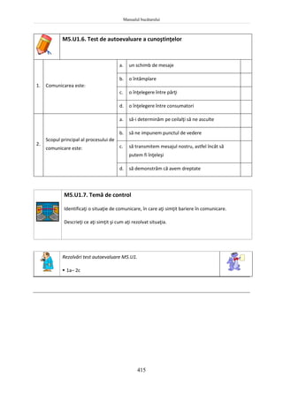 Manualul bucătarului
415
M5.U1.6. Test de autoevaluare a cunoştinţelor
1. Comunicarea este:
a. un schimb de mesaje
b. o întâmplare
c. o înţelegere între părţi
d. o înţelegere între consumatori
2.
Scopul principal al procesului de
comunicare este:
a. să-i determinăm pe ceilalţi să ne asculte
b. să ne impunem punctul de vedere
c. să transmitem mesajul nostru, astfel încât să
putem fi înţeleşi
d. să demonstrăm că avem dreptate
M5.U1.7. Temă de control
Identificaţi o situaţie de comunicare, în care aţi simţit bariere în comunicare.
Descrieţi ce aţi simţit şi cum aţi rezolvat situaţia.
Rezolvări test autoevaluare M5.U1.
 1a– 2c
 