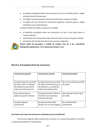 Manualul bucătarului
417
 să studiem principalele tehnici de comunicare şi cum să le utilizăm pentru a obţine
eficienţă maximă în comunicare;
 să învăţăm care este modul de comunicare potrivit unor situaţii şi contexte;
 să vedem care sunt formele de comunicare neagresive, necesare pentru a obţine
schimbarea unor comportamente.
La finalul unităţii de învăţare, cursanţii vor fi capabili:
 să identifice principalele tehnici de comunicare, pe care le pot utiliza pentru a
comunica eficient;
 să folosească cele mai potrivite moduri de comunicare în diverse situaţii şi contexte;
 să utilizeze cele mai adecvate forme de comunicare neagresive.
Durata medie de parcurgere a unităţii de învăţare este de 2 ore. Consultarea
bibliografiei suplimentare: 2 ore. Rezolvarea temelor: 2 ore.
M5.U2.3. Principalele tehnici de comunicare
Comunicarea agresivă Comunicarea asertivă Comunicarea pasivă
Îşi apără drepturile şi punctele
de vedere, fără a fi interesat
de drepturile şi punctele de
vedere ale interlocutorului
Îşi apără drepturile şi punctele
de vedere, ţinând însă cont, şi,
de drepturile, şi, punctele de
vedere ale interlocutorilor
Nu-şi comunică deloc punctele
de vedere
Este interesat doar de
apărarea propriilor interese
Îşi apără interesele, însă într-o
manieră în care respectă şi
interesele celorlalţi
Este interesat în primul rând
de ceilalţi
Îşi exprimă agresiv
sentimentele
Îşi exprimă sentimentele
deschis, într-un mod neagresiv
Nu-şi exprimă deloc
sentimentele
Care dintre cele 3 tipuri de comunicare consideraţi că este mai eficientă?
O comunicare agresivă naşte resentimente şi tensiuni, iar o comunicare pasivă nu rezolvă şi
nu aplanează conflictele, în mod autentic.
 