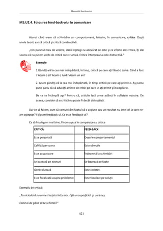 Manualul bucătarului
421
M5.U2.4. Folosirea feed-back-ului în comunicare
Atunci când vrem să schimbăm un comportament, folosim, în comunicare, critica. După
unele teorii, există critică şi critică constructivă.
„Din punctul meu de vedere, dacă înţelegi cu adevărat ce este şi ce efecte are critica, îţi dai
seama că nu putem vorbi de critică constructivă. Critica întotdeauna este distructivă.”
Exemple
1.Gândiţi-vă la cea mai îndepărtată, în timp, critică pe care aţi făcut-o cuiva. Când a fost
? Acum o zi? Acum o lună? Acum un an?
2. Acum gândiţi-vă la cea mai îndepărtată, în timp, critică pe care aţi primit-o. Aş putea
pune pariu că vă aduceţi aminte de critici pe care le-aţi primit şi în copilărie.
De ce se întâmplă aşa? Pentru că, criticile lasă urme adânci în sufletele noastre. De
aceea, consider că o critică nu poate fi decât distructivă.
Dar ce să facem, cum să comunicăm faptul că o acţiune sau un rezultat nu este cel la care ne-
am aşteptat? Folosim feedback-ul. Ce este feedback-ul?
Ca să înţelegem mai bine, îl vom aşeza în comparaţie cu critica
CRITICĂ FEED-BACK
Este personală Descrie comportamentul
Califică persoana Este obiectiv
Este acuzatoare Îndeamnă la schimbări
Se bazează pe zvonuri Se bazează pe fapte
Generalizează Este concret
Este focalizată asupra problemei Este focalizat pe soluţii
Exemplu de critică:
„Tu niciodată nu urmezi reţeta întocmai. Eşti un superficial şi un leneş.
Când ai de gând să te schimbi?”
 