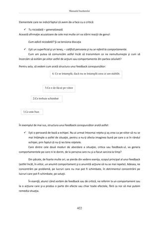 Manualul bucătarului
422
Elementele care ne indică faptul că avem de-a face cu o critică:
 Tu niciodată – generalizează.
Această afirmaţie acuzatoare de cele mai multe ori va stârni reacţii de genul:
Cum adică niciodată? Şi va tensiona discuţia
 Eşti un superficial şi un leneş. – califică persoana şi nu se referă la comportamente.
Cum am putea să comunicăm astfel încât să transmitem ce ne nemultumeşte şi cum să
încercăm să evităm pe viitor astfel de acţiuni sau comportamente din partea celuilalt?
Pentru asta, să vedem cum arată structura unui feedback corespunzător:
În exemplul de mai sus, structura unui feedback corespunzător arată astfel:
 Eşti o persoană de bază a echipei. Nu ai urmat întocmai reţeta şi aş vrea ca pe viitor să nu se
mai întâmple o astfel de situaţie, pentru a nu-ţi afecta imaginea bună pe care o ai în rândul
echipei, prin faptul că nu-ţi ies bine reţetele.
Care dintre cele două moduri de abordare a situaţiei, critica sau feedback-ul, va genera
comportamentele pe care ni le dorim, de la persona care nu şi-a facut sarcina la timp?
Din păcate, de foarte multe ori, se pierde din vedere esenţa, scopul principal al unui feedback
(astfel încât, în viitor, un anumit comportament şi o anumită acţiune să nu se mai repete). Adesea, ne
concentrăm pe problemă, pe lucruri care nu mai pot fi schimbate, în detrimentul concentrării pe
lucruri care pot fi schimbate, pe soluţii.
În esenţă, atunci când vorbim de feedback sau de critică, ne referim la un comportament sau
la o acţiune care şi-a produs o parte din efecte sau chiar toate efectele, fără ca noi să mai putem
remedia situaţia.
1.Ce este bun
2.Ce trebuie schimbat
3.Ce e de făcut pe viitor
4. Ce se întamplă, dacă nu se întamplă ceea ce am stabilit.
 
