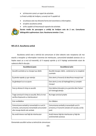 Manualul bucătarului
426
 să întocmim corect un raport de activitate.
La finalul unităţii de învăţare, cursanţii vor fi capabili să:
 să utilizeze cele mai eficiente forme de transmitere a informaţiilor;
 să aplice ascultarea activă;
 să fie capabili să întocmească rapoarte de activitate.
Durata medie de parcurgere a unităţi de învăţare este de 2 ore. Consultarea
bibliografiei suplimentare: 2ore. Rezolvarea temelor: 2 ore.
M5.U3.3. Ascultarea activă
Ascultarea activă este o tehnică de comunicare al cărei obiectiv este receptarea cât mai
exactă a mesajelor şi informaţiilor transmise de interlocutor, comunicând totodată acestuia că s-a
înţeles exact ce a vrut să transmită, că îi respecţi opiniile şi că îi înţelegi sentimentele vizavi de
subiectul aflat în discuţie.
Ascultătorul pasiv Ascultătorul activ
Ascultă cuvintele şi nu mesajul sau ideile Ascultă mesajul, ideile , conţinutul şi nu neapărat
cuvintele
Îşi pierde repede şi uşor atenţia Este atent şi încearcă să descifreze mesajul real
Se gândeşte la ce va spune Este atent şi vrea să înţeleagă bine şi complet
mesajul
Face şi altceva în timp ce ascultă Este dedicat discuţiei şi nu permite altor factori
să îi distragă atenţia
Trage concluzii în timp ce ascultă, fără a le mai
verifica împreună cu interlocutorul
Nu trage concluzii pripite
Este nerăbdător Are răbdare
Comunicarea verbală şi nonverbală nu sunt în
armonie, comunicarea nonverbală comunicând
alte mesaje decât cele verbale
Comunicarea verbală şi nonverbală sunt în
armonie şi îi transmit celuilat că îl asculţi şi că îţi
pasă
Nu arată interes real faţă de interlocutor Arată interes faţă de interlocutor şi faţă de
sentimentele acestuia
Elementele ascultării active ca tehnică de comunicare:
 