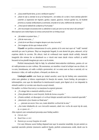 Manualul bucătarului
430
 „Casa arată foarte bine, şi are o strălucire aparte.”
 „Dacă te uiţi cu atenţie la ea şi la împrejurimi , vei vedea că s-a dat o mare atenţie păstrării
culorilor şi aspectului de îngrijire, gardul, copacii, gazonul, inclusiv gardul viu, îţi încântă
privirea cu nuanţe strălucitoare şi contraste, oriunde te-ai uita, indiferent de anotimp.”
 „Totul parcă radiază de curăţenie şi frumuseţe.”
 „Vei recunoaşte că aceasta este cu adevărat o casă, pe care nu te mai saturi să o priveşti.”
Alte expresii care indică faptul că cineva comunică într-un limbaj vizual:
 „Să vedem ce putem face...,”
 „Cât de mare este...,”
 „Cred că mi-am făcut o imagine despre cum stau lucrurile,”
 „Îmi imaginez cât de uşor trebuie să fie.”
Vizualii vor prefera comunicarea în scris, pentru că le este mai uşor să ”vadă” mental
sarcinile pe care le primesc. Deşi au imaginaţie bogată, le este destul de greu, adeseori, să îşi
exprime ideile în cuvinte. De obicei, tind să vorbească mai repede decât ceilalţi, întrucât
imaginile din mintea lor se derulează cu o viteză mai mare decât viteza vorbirii şi astfel
încearcă să nu piardă imaginea pe care o au în minte.
Preferă interacţiunile faţă în faţă, în schimbul întrevederilor telefonice, pentru că vor
să vadă persoana cu care vorbesc. De asemenea, un membru vizual al echipei sau un client, vă
va cere, întotdeauna, să vadă o schiţă a proiectului, să i se arate cum se face o sarcină, să i se
deseneze o idee, să vadă un pliant, o broşură, un demo etc.
Limbajul auditiv este bazat pe simţul auzului; acest tip de limbaj este caracteristic
celor care gândesc şi trăiesc experienţele în funcţie de sunete. Acest limbaj, de percepţie a
informaţiilor, este uşor de identificat la interlocutorii noştri, prin faptul că ei vor răspunde la
stimulii auditivi şi cuvinte care descriu aceşti stimuli.
Un auditiv va folosi frecvent şi va reacţiona la expresii precum:
 „Te atrage într-o manieră subtilă şi tăcută.”
 „Este plasată într-o zonă liniştită, ferită de larma oraşului.”
 „Foarte curând, vei descoperi că vorbeşti despre această casă într-o manieră specială.”
 „Interiorul a fost lăudat ca fiind unic”.
 „.....precum un motor bine uns, toate detaliile vorbind de la sine.”
 „Are toate trăsăturile de care întreabă oamenii, când vine vorba de acest tip de casă,
şi, se spune că ...”
Alte expresii care semnalează prezenţa unui limbaj auditiv:
 Cât de clar!
 Sună bine ce zici
 Suntem pe aceeaşi lungime de undă
Cei care folosesc acest limbaj răspund mai uşor la anumite tonalităţi, îşi pot aminti cu
uşurinţă sarcinile primite (memorie auditivă bună), preferă comunicarea orală, decât cea în
 