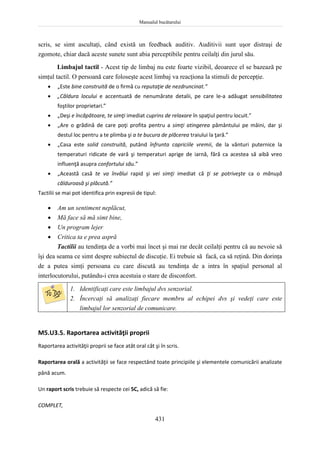 Manualul bucătarului
431
scris, se simt ascultaţi, când există un feedback auditiv. Auditivii sunt uşor distraşi de
zgomote, chiar dacă aceste sunete sunt abia perceptibile pentru ceilalţi din jurul său.
Limbajul tactil - Acest tip de limbaj nu este foarte vizibil, deoarece el se bazează pe
simţul tactil. O persoană care foloseşte acest limbaj va reacţiona la stimuli de percepţie.
 „Este bine construită de o firmă cu reputaţie de nezdruncinat.”
 „Căldura locului e accentuată de nenumărate detalii, pe care le-a adăugat sensibilitatea
foştilor proprietari.”
 „Deşi e încăpătoare, te simţi imediat cuprins de relaxare în spaţiul pentru locuit.”
 „Are o grădină de care poţi profita pentru a simţi atingerea pământului pe mâini, dar şi
destul loc pentru a te plimba şi a te bucura de plăcerea traiului la ţară.”
 „Casa este solid construită, putând înfrunta capriciile vremii, de la vânturi puternice la
temperaturi ridicate de vară şi temperaturi aprige de iarnă, fără ca acestea să aibă vreo
influenţă asupra confortului său.”
 „Această casă te va învălui rapid şi vei simţi imediat că ţi se potriveşte ca o mănuşă
călduroasă şi plăcută.”
Tactilii se mai pot identifica prin expresii de tipul:
 Am un sentiment neplăcut,
 Mă face să mă simt bine,
 Un program lejer
 Critica ta e prea aspră
Tactilii au tendinţa de a vorbi mai încet şi mai rar decât ceilalţi pentru că au nevoie să
îşi dea seama ce simt despre subiectul de discuţie. Ei trebuie să facă, ca să reţină. Din dorinţa
de a putea simţi persoana cu care discută au tendinţa de a intra în spaţiul personal al
interlocutorului, putându-i crea acestuia o stare de disconfort.
1. Identificaţi care este limbajul dvs senzorial.
2. Încercaţi să analizaţi fiecare membru al echipei dvs şi vedeţi care este
limbajul lor senzorial de comunicare.
M5.U3.5. Raportarea activităţii proprii
Raportarea activităţii proprii se face atât oral cât şi în scris.
Raportarea orală a activităţii se face respectând toate principiile şi elementele comunicării analizate
până acum.
Un raport scris trebuie să respecte cei 5C, adică să fie:
COMPLET,
 