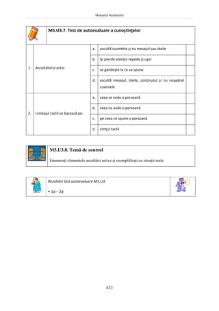 Manualul bucătarului
433
M5.U3.7. Test de autoevaluare a cunoştinţelor
1. Ascultătorul activ:
a. ascultă cuvintele şi nu mesajul sau ideile
b. îşi pierde atenţia repede şi uşor
c. se gândeşte la ce va spune
d. ascultă mesajul, ideile, conţinutul şi nu neapărat
cuvintele
2. Limbajul tactil se bazează pe:
a. ceea ce vede o persoană
b. ceea ce aude o persoană
c. pe ceea ce spune o persoană
d. simţul tactil
M5.U3.8. Temă de control
Enumeraţi elementele ascultării active şi exemplificaţi cu situaţii reale.
Rezolvări test autoevaluare M5.U3.
 1d – 2d
 