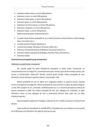 Manualul bucătarului
89
 brânzeturi dublu creme, cu minim 60% grăsime;
 brânzeturi creme, cu minim 50% grăsime;
 brânzeturi foarte grase, cu minim 45% grăsime;
 brânzeturi grase, cu minim 40% graăsime;
 brânzeturi trei sferturi grase, cu minim 30% grăsime;
 brânzeturi semigrase, cu minim 20% grăsime;
 brânzeturi slabe, cu minim 10% grăsime.
După consistenţa pastei, brânzeturile pot fi:
 cu pastă moale (brânza proaspătă de vaci, brânza Caraiman, brânza telemea, brânza Bucegi,
Bran, Camembert etc.);
 cu pastă semitare (Trapist, Olanda etc.);
 cu pastă tare (şvaiţer, Mureşana, Parmezan, Cedar etc.);
 brânzeturi frământate (brânza de Moldova, brânza de burduf etc.);
 brânzeturi opărite (caşcaval de Dobrogea, Penteleu, Dalia, afumate etc.);
 brânzeturi topite.
Caracterizarea principalelor grupe de brânzeturi
Brânzeturi cu pastă moale, nematurate
Din această grupă fac parte brânzeturile proaspete cu pastă moale, nematurate. Se
caracterizează printr-un coagul fin, consistenţă onctuoasă, aromă şi gust de fermentaţie lactică, uşor
acrişor şi corespunzător adaosurilor folosite; această grupă include: brânza proaspătă de vaci;
brânzeturi creme; brânzeturi aperitiv şi desert; caş proaspăt; urdă.
Brânza proaspată de vaci se obţine prin coagularea laptelui cu ajutorul acizilor, separea
zerului şi omogenizarea coagulului. Brânza proaspată de vacă prezintă un aspect de pastă omogenă,
curată, fără scurgere de zer, cremoasă, nesfărâmicioasă sau cu o structură grunjoasă la brânza de
tipurile semigrasă şi slabă. Din brânza proaspătă de vaci, prin adăugare de smântână, se obţin
brânzeturi creme, iar prin adăugare de sare şi condimente (chimen, boia, piper etc.) se obţin
brânzeturi aperitiv.
Caşul proaspăt se obţine prin închegare, separare de zer în sedile şi maturare scurtă (cel mult
48 ore).
Urda rezultă prin precipitarea la cald (82-840
C) a lactoalbuminei care rămâne în zerul rezultat
de la fabricarea unor brânzeturi din lapte de vacă sau de oaie.
 