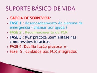  CADEIA DE SOBREVIDA:
 FASE 1 : desencadeamento do sistema de
emergência ( chamar por ajuda )
 FASE 2 : Reconhecimento da PCR
 FASE 3 : RCP precoce ,com ênfase nas
compressões torácicas
 FASE 4: Desfibrilação precoce e
 Fase 5 : cuidados pós PCR integrados
 