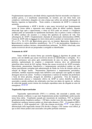 Freqüentemente representa a atividade elétrica organizada final do miocárdio com hipoxia e
acidose graves, e é usualmente caracterizada, no monitor, por um ritmo lento com
complexos ventriculares alargados em uma criança que sofreu um período prolongado de
hipoxia, isquemia ou hipercarbia. Neste cenário, o tratamento da AESP é o mesmo da
assistolia.
Ocasionalmente a AESP é devido a uma causa irreversível que freqüentemente
ocorre de forma súbita e representa uma redução súbita do débito cardíaco. Quando
observada logo após o aparecimento, o ritmo no ECG pode ser normal e a freqüência
cardíaca pode ser aumentada ou rapidamente declinante, mas os pulsos e outras evidências
de débito cardíaco são ausentes e a criança têm aparência de ausência de vida. Esta
subcategoria de AESP é freqüentemente chamada de dissociação eletromecânica (DSM).
Causas de AESP estão na figura 6 (no início desta parte) e podem ser memorizadas como 4
H’s e 4 T’s. Os 4 H’s são hipovolemia grave (ex, no trauma), hipoxemia, hipotermia, e
hipercalemia (e outros distúrbios metabólicos). Os 4 T’s são pneumotórax hipertensivo,
tamponamento cardíaco, toxinas, e tromembolismo pulmonar. Se DEM é observada, estas
causas reversíveis devem ser pesquisadas e corrigidas se identificadas.
Tratamento de AESP
Tratar AESP da mesma forma que assistolia (figura 6, algoritmo de parada sem
pulso), com um detalhe que causas reversíveis devem ser identificadas e corrigidas. Se o
paciente permanece sem pulso após estabelecimento de uma via aérea, ventilação dos
pulmões, suplementação de oxigênio e compressão torácica, deve ser administrada
epinefrina (dose inicial de 0,01 mg/kg). Muitas das causas reversíveis de AESP (exemplo,
hipovolemia, pneumotórax hipertensivo e tamponamento pericárdico) podem ser pelo
menos parcialmente corrigidas pela administração de fluído em bolus de solução salina ou
solução de Ringer lactato. Pneumotórax hipertensivo e tamponamento pericárdico,
entretanto, também requerem terapia mais definitiva com aspiração com agulha ou rápida
drenagem através de cateter. Verificar a temperatura e realizar de imediato (de preferência
à beira do leito) glicemia, dosagem de eletrólitos e gasometria. Fora do hospital, o
reconhecimento precoce e tratamento efetivo da AESP (e outros distúrbios de ritmo
associados a parada cardíaca) são enfatizados com base nos dados de registro de melhora
de sobrevida quando ocorre retorno da circulação espontânea antes da chegada no setor de
emergência. 176 247 254
Taquicardia Supraventricular
Taquicardia supraventricular (TSV) é a arritmia, não associada a parada, mais
comum durante a infância e a que mais freqüentemente produz instabilidade cardiovascular
nessa faixa etária. Usualmente causada por mecanismo de reentrância, TSV no lactente
geralmente produz freqüência cardíaca > 220 bpm e muitas vezes tão altas quanto 300 bpm.
Freqüências cardíacas menores podem ser observadas durante a TSV. O complexo QRS é
estreito (isto, é, <0,08 segundos) em > 90% das crianças envolvidas, 255 256
o que torna a
diferenciação entre taquicardia sinusal (TS) devido a choque e TSV muitas vezes difícil, já
que os dois ritmos podem estar associados com pobre perfusão sistêmica
 