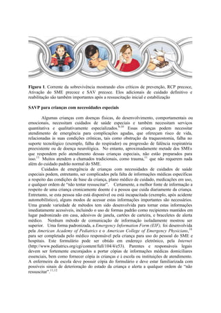 Figura 1. Corrente da sobrevivência mostrando elos críticos de prevenção, RCP precoce,
Ativação do SME precoce e SAV precoce. Elos adicionais de cuidado definitivo e
reabilitação são também importantes após a ressuscitação inicial e estabilização
SAVP para crianças com necessidades especiais
Algumas crianças com doenças físicas, do desenvolvimento, comportamentais ou
emocionais, necessitam cuidados de saúde especiais e também necessitam serviços
quantitativa e qualitativamente especializados.8-10
Essas crianças podem necessitar
atendimento de emergência para complicações agudas, que ofereçam risco de vida,
relacionadas às suas condições crônicas, tais como obstrução da traqueostomia, falha no
suporte tecnológico (exemplo, falha do respirador) ou progressão de falência respiratória
preexistente ou de doença neurológica. No entanto, aproximadamente metade dos SMEs
que respondem pelo atendimento dessas crianças especiais, não estão preparados para
isso.11
Muitos atendem a chamados tradicionais, como trauma,11
que não requerem nada
além do cuidado padrão normal do SME.
Cuidados de emergência de crianças com necessidades de cuidados de saúde
especiais podem, entretanto, ser complicados pela falta de informações médicas específicas
a respeito das condições de base da criança, plano médico de cuidado, medicações em uso,
e qualquer ordem de “não tentar ressuscitar”. Certamente, a melhor fonte de informação a
respeito de uma criança cronicamente doente é a pessoa que cuida diariamente da criança.
Entretanto, se esta pessoa não está disponível ou está incapacitada (exemplo, após acidente
automobilístico), alguns modos de acessar estas informações importantes são necessários.
Uma grande variedade de métodos tem sido desenvolvida para tornar estas informações
imediatamente acessíveis, incluindo o uso de formas padrão como recipientes mantidos em
lugar padronizado em casa, adesivos de janela, cartões de carteira, e braceletes de alerta
médico. Nenhum método de comunicação de informação isoladamente mostrou ser
superior. Uma forma padronizada, a Emergency Information Form (EIF), foi desenvolvida
pela American Academy of Pediatrics e o American College of Emergency Physicians,10
para ser completada pelo médico responsável pela criança para uso do pessoal do SME e
hospitais. Este formulário pode ser obtido em endereço eletrônico, pela Internet
(http://www.pediatrics.org/cgi/content/full/104/4/e53). Parentes e responsáveis legais
devem ser fortemente encorajados a portar cópias de informações médicas domiciliares
essenciais, bem como fornecer cópia às crianças e à escola ou instituições de atendimento.
A enfermeira da escola deve possuir cópia do formulário e deve estar familiarizada com
possíveis sinais de deterioração do estado da criança e alerta a qualquer ordem de “não
ressuscitar”.11,12
 
