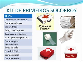 KIT DE PRIMEIROS SOCORROS
ITENS
Compressa absorvente
Curativo adesivo
Esparadrapo
Lenço antisséptico
Toalhas antissépticas
Bandagem compressiva
Curativo para
queimaduras
Bolsa de gelo
Soro fisiológico
Luva cirúrgica
Curativo estéril
 