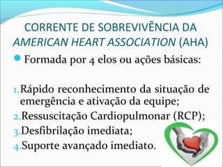 CORRENTE DE SOBREVIVÊNCIA DA
AMERICAN HEART ASSOCIATION (AHA)
Formada por 4 elos ou ações básicas:
1.Rápido reconhecimento da situação de
emergência e ativação da equipe;
2.Ressuscitação Cardiopulmonar (RCP);
3.Desfibrilação imediata;
4.Suporte avançado imediato.
 