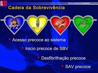 ESCOLA NACIONAL DE BOMBEIROS
Cadeia da Sobrevivência
 Acesso precoce ao sistema
 Inicio precoce de SBV
 Desfibrilhação precoce
 SAV precoce
 